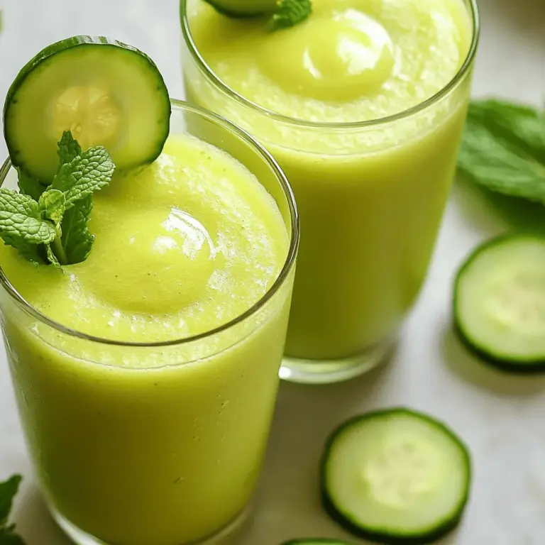 Beginne mit der Vorbereitung der Hauptzutaten. Schäle die Gurke und schneide sie in kleine Stücke. Nimm die Cantaloupe und die Honigmelone, schneide sie ebenfalls in Würfel. Achte darauf, dass alle Früchte reif sind. Das gibt dem Smoothie einen tollen Geschmack. Jetzt füge die vorbereiteten Gurken-, Cantaloupe- und Honigmelonenstücke in eine Schüssel. Gib den griechischen Joghurt dazu. Du kannst Natur- oder Vanillejoghurt wählen. Füge dann das Kokoswasser oder den Aloe Vera Saft hinzu. Wenn du es süßer magst, gib einen Esslöffel Honig oder Agavensirup dazu. Zum Schluss presse den Saft von einer Limette darüber. Dieser frische Saft gibt dem Smoothie einen extra Kick. Jetzt kommt der spaßige Teil: das Mixen! Schalte den Mixer ein und gib alle Zutaten hinein. Mische alles gut, bis die Mischung glatt und cremig ist. Wenn der Smoothie zu dick ist, füge mehr Kokoswasser hinzu. Das macht ihn flüssiger und leichter zu trinken. Probiere den Smoothie und passe die Süße nach deinem Geschmack an. Füge mehr Honig oder Agave hinzu, wenn du magst. Mixe alles kurz, um die Zutaten gut zu vermengen. Jetzt ist es Zeit zu servieren! Gieße den Smoothie in gekühlte Gläser. Das sieht toll aus und macht den Drink noch erfrischender. Für das gewisse Etwas garniere jedes Glas mit frischen Minzblättern. Die Minze sieht nicht nur schön aus, sie gibt auch einen frischen Geschmack. Genieße diesen Gurken-Melonen-Smoothie als gesunden Snack oder als leckeres Frühstück. Du kannst das komplette Rezept für diesen Smoothie [Full Recipe] finden. Um die beste Konsistenz für deinen Smoothie zu erzielen, achte darauf, frische Zutaten zu verwenden. Die Gurken sollten knackig und die Melonen reif sein. Das macht den Smoothie cremiger und leckerer. Wenn du eine kühle Variante möchtest, kannst du gefrorene Früchte benutzen. Das gibt dem Getränk eine erfrischende Note und macht es besonders lecker an warmen Tagen. Serviere deinen Smoothie in klaren Gläsern. So sieht die lebendige, hellgrüne Farbe toll aus. Du kannst den Rand der Gläser mit einer Gurkenscheibe oder einem Melonenball dekorieren. Das macht den Drink noch ansprechender. Frische Minzblätter oben drauf geben dem Smoothie einen schönen Farbkontrast. Für eine gesunde Option verwende ungesüßten Joghurt. Das reduziert Zucker und macht den Smoothie cremig. Du kannst auch die Süßungsmittel nach deinem Geschmack anpassen. Probiere Agavensirup oder Honig. So passt du die Süße an deine Vorlieben an. Folge dem [Full Recipe], um alle Schritte einfach nachzuvollziehen. {{image_4}} Welche anderen Melonensorten kann ich verwenden? Du kannst Wassermelone oder Galia-Melone ausprobieren. Diese Melonen geben deinem Smoothie eine neue Textur und Süße. Möchtest du zusätzlichen Geschmack? Ergänze den Smoothie mit Beeren. Himbeeren oder Erdbeeren bringen Farbe und Frische. Auch Heidelbeeren passen gut dazu. Sie sind lecker und sehr gesund. Was sind gute Alternativen zu Kokoswasser? Du kannst ungesüßten Mandeldrink oder Kokosmilch wählen. Diese Flüssigkeiten machen den Smoothie cremiger und reicher. Verwende auch Fruchtsäfte wie Apfel- oder Ananassaft. Sie bringen mehr Süße. Achte darauf, ungesüßte Säfte zu wählen. So bleibt der Smoothie gesund. Wie kann ich mehr Protein hinzufügen? Du kannst Proteinpulver in den Smoothie geben. Das macht ihn sättigender und ideal nach dem Sport. Chiasamen sind eine weitere gute Wahl. Sie sind klein, aber voller Nährstoffe. Füge einfach einen Esslöffel hinzu. Sie geben deinem Smoothie einen tollen Nährstoffschub. Mit diesen Variationen wird dein Gurken-Melonen-Smoothie immer spannend und lecker! Wenn du mehr über die Zubereitung erfahren möchtest, schaue dir das Full Recipe an. Um den Gurken-Melonen-Smoothie frisch zu halten, lagere ihn im Kühlschrank. Verwende dafür einen luftdichten Behälter. So bleibt der Geschmack länger erhalten. Der Smoothie hält sich im Kühlschrank etwa 24 bis 48 Stunden. Nach dieser Zeit könnte er seine Frische verlieren. Du kannst die Zutaten für den Smoothie gut vorbereiten. Schneide die Gurke, Cantaloupe und Honigmelone in Stücke und bewahre sie in einem Behälter auf. Das spart Zeit bei der Zubereitung. Du kannst die vorbereiteten Zutaten auch einfrieren. So hast du immer frische Zutaten für einen schnellen Smoothie. Achte darauf, sie in einem gefrierfreundlichen Beutel zu lagern. Wenn du den Smoothie einfrierst, kannst du ihn später einfach wieder mixen. Lass ihn im Kühlschrank auftauen oder stelle ihn kurz in die Mikrowelle. Achte darauf, ihn gut zu mischen, damit sich die Zutaten wieder verbinden. Um eine Trennung zu vermeiden, kannst du nach dem Mischen erneut kurz mixen. So wird der Smoothie wieder cremig und frisch. Ein Gurken-Melonen-Smoothie ist sehr gesund. Die Hauptzutaten sind kalorienarm und voller Nährstoffe. Gurken haben viel Wasser und helfen, den Körper zu hydratisieren. Sie sind auch gut für die Haut. Melonen sind reich an Vitaminen, wie Vitamin A und C. Diese Vitamine stärken das Immunsystem und fördern die Gesundheit der Augen. Hier sind einige Nährwerte: - Gurken: 16 Kalorien pro 100 g - Cantaloupe: 34 Kalorien pro 100 g - Honigmelone: 36 Kalorien pro 100 g Die Kombination aus diesen Zutaten bietet auch Antioxidantien. Diese schützen Ihre Zellen vor Schäden. Wenn Sie griechischen Joghurt hinzufügen, bekommen Sie auch Protein. Das hilft, den Hunger zu stillen und die Muskeln zu stärken. Ja, Sie können andere Zutaten hinzufügen. Das Rezept ist flexibel. Zum Beispiel können Sie etwas Spinat oder Grünkohl hinzufügen. Diese sind voller Vitamine und Mineralien. Sie ändern die Farbe, aber nicht den Geschmack stark. Sie können auch Früchte wie Erdbeeren oder Bananen hinzufügen. Diese geben dem Smoothie eine süßere Note. Wenn Sie eine cremigere Textur wünschen, probieren Sie Avocado. Es ist gesund und macht den Smoothie sehr reichhaltig. Ja, dieser Smoothie ist gut für Diäten. Er hat wenig Kalorien und viel Wasser. Das hilft, den Hunger zu stillen, ohne viele Kalorien zu essen. Wenn Sie die Süße anpassen möchten, verwenden Sie etwas weniger Honig oder Agavensirup. Für eine noch kalorienärmere Option können Sie ungesüßten Joghurt verwenden. Er gibt immer noch eine gute Konsistenz. So bleibt der Smoothie leicht und gesund. Zusammenfassend bietet der Gurken-Melonen-Smoothie viele gesunde und leckere Zutaten. Sie haben gelernt, wie Sie ihn einfach zubereiten und anpassen können. Das Rezept ist vielseitig, und die Tipps helfen Ihnen, den Smoothie perfekt zuzubereiten. Denken Sie daran, die Zutaten nach Ihrem Geschmack zu variieren und Spaß beim Mixen zu haben. Genießen Sie Ihren frischen und nahrhaften Smoothie!