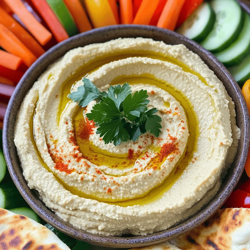 Um köstlichen Roasted Garlic Hummus zu machen, brauchst du folgende Zutaten: - 1 Dose (425 g) Kichererbsen, abgetropft und gespült - 1 Kopf Knoblauch - 3 Esslöffel Tahini - 3 Esslöffel Zitronensaft - 2 Esslöffel Olivenöl - 1 Teelöffel gemahlener Kreuzkümmel - Salz nach Geschmack - Wasser nach Bedarf - Frische Petersilie zur Garnitur - Paprika zur Garnitur Diese Zutaten bringen den vollen Geschmack in deinen Hummus. Der geröstete Knoblauch gibt dir eine süße und sanfte Note. Kichererbsen sind die Basis und machen das Ganze schön cremig. Wenn du spezielle diätetische Bedürfnisse hast, gibt es Alternativen: - Ersetze Tahini mit Sonnenblumenkernbutter für eine nussfreie Option. - Verwende Limettensaft statt Zitronensaft für einen neuen Geschmack. - Du kannst auch Joghurt hinzufügen, um die Cremigkeit zu erhöhen. - Für eine fettärmere Version, reduziere das Olivenöl oder verwende Wasser. Diese Alternativen helfen dir, deinen Hummus nach deinen Wünschen anzupassen. So kannst du ihn nach deinem Geschmack machen und trotzdem genießen. Die Wahl frischer Zutaten ist wichtig. Frischer Knoblauch und frische Kichererbsen bringen mehr Geschmack. Fertige Produkte können oft weniger Aroma haben. Wenn du frische Zutaten verwendest, weißt du auch, was du isst. Hier sind einige Tipps: - Kaufe Kichererbsen in der Dose ohne Zusatzstoffe. - Wähle frische Kräuter und Gewürze, um den besten Geschmack zu erzielen. - Achte auf die Qualität des Olivenöls. Hochwertiges Öl macht einen großen Unterschied. Indem du auf die Qualität deiner Zutaten achtest, machst du deinen Hummus noch besser. Für das vollständige Rezept, schau dir den Abschnitt "Full Recipe" an. Um den gerösteten Knoblauch perfekt zu machen, heize den Ofen auf 200°C vor. Nimm einen Kopf Knoblauch und schneide die oberste Spitze ab. Das zeigt die Zehen. Beträufle den Kopf mit einem Esslöffel Olivenöl. Wickel ihn dann in Alufolie ein. Röste den Knoblauch für 30 bis 35 Minuten. Die Zehen sollten weich und karamellisiert sein. Lass den Knoblauch etwas abkühlen, bevor du ihn anfasst. Jetzt ist es Zeit, die Hummus-Basis zu machen. Nimm eine Küchenmaschine und gib die abgetropften Kichererbsen hinein. Füge 3 Esslöffel Tahini, 3 Esslöffel Zitronensaft und 1 Teelöffel gemahlenen Kreuzkümmel hinzu. Drücke die gerösteten Knoblauchzehen aus ihrer Haut und gib sie in die Maschine. Diese Mischung sorgt für einen tollen Geschmack. Verarbeite alles in der Küchenmaschine, bis die Mischung glatt ist. Halte zwischendurch an, um die Seiten der Schüssel abzukratzen. Wenn die Mischung zu dick ist, füge langsam Wasser hinzu. Mach das jeweils mit 1 Esslöffel Wasser. So erreichst du die gewünschte Konsistenz. Wenn alles gut vermischt ist, gib 2 Esslöffel Olivenöl dazu. Mixe erneut und probiere den Hummus. Würze mit Salz nach Geschmack. Nun kannst du den Hummus servieren oder die [Full Recipe] für weitere Tipps und Anweisungen nutzen! Um den perfekten Hummus zu machen, ist die richtige Mischung wichtig. Beginne mit hochwertigen Kichererbsen. Du kannst frische Kichererbsen verwenden, aber Dosen sind einfach und schnell. Denke daran, sie gut abzutropfen und zu spülen. Röste den Knoblauch, um einen süßen, milden Geschmack zu erhalten. Achte darauf, die Mischung in der Küchenmaschine gut zu pürieren. Das sorgt für eine cremige Textur. Wenn du eine Stückigkeit spürst, mixe einfach länger. Olivenöl ist nicht nur für den Geschmack wichtig, sondern auch für die Textur. Verwende hochwertiges, kaltgepresstes Olivenöl. Es macht deinen Hummus reichhaltiger. Füge die Gewürze langsam hinzu. Kreuzkümmel bringt eine warme Note, während Zitronensaft Frische hinzufügt. Probiere verschiedene Gewürze aus, um deinen eigenen Geschmack zu finden. Eine Prise Paprika oben drauf sieht nicht nur gut aus, sondern bringt auch einen zusätzlichen Kick. Serviere deinen Hummus in einer flachen Schüssel. Das sieht schön aus und erleichtert das Dippen. Du kannst frisches Gemüse danebenlegen. Karotten, Gurken und Paprika sind tolle Optionen. Warmes Pita-Brot ist klassisch und lecker. Um das Ganze zu verschönern, träufle etwas Olivenöl über den Hummus und streue frische Petersilie darüber. Das macht ihn noch einladender. Wenn du Gäste hast, präsentiere ihn auf einem schönen Tablett. So wird er zum Star bei jedem Snack! {{image_4}} Roasted Garlic Hummus ist von Natur aus vegan und glutenfrei. Das macht ihn ideal für viele Menschen. Sie können die Zutaten einfach anpassen. Verwenden Sie frische Kichererbsen, wenn Sie möchten. Achten Sie darauf, dass alle Zutaten frei von Gluten sind. So bleibt der Hummus für alle genießbar. Fügen Sie neue Aromen hinzu, um Ihren Hummus zu verfeinern. Rote Bete gibt eine schöne Farbe und einen süßen Geschmack. Einfach die gekochte Rote Bete mit in die Küchenmaschine geben. Avocado macht den Hummus noch cremiger und reichhaltiger. Ein guter Trick ist, die Zutaten nach Geschmack zu kombinieren. Experimentieren Sie mit verschiedenen Kräutern wie Basilikum oder Koriander. Seien Sie kreativ! Fügen Sie Gewürze wie Paprika oder Chili hinzu, um einen Kick zu bekommen. Knoblauch ist schon lecker, aber versuchen Sie geröstete Zwiebeln für eine neue Tiefe. Sie können auch Nüsse oder Samen hinzufügen. Diese geben eine tolle Textur und zusätzlichen Geschmack. Probieren Sie es einfach aus und finden Sie Ihre Lieblingskombination! Lagern Sie Ihren Roasted Garlic Hummus in einem luftdichten Behälter. Das schützt ihn vor Gerüchen und hält ihn frisch. Stellen Sie den Behälter in den Kühlschrank. Die kühle Temperatur hilft, den Hummus länger haltbar zu machen. Im Kühlschrank bleibt der Hummus etwa 4 bis 7 Tage frisch. Achten Sie darauf, ihn vor dem Verzehr zu prüfen. Wenn er seltsam riecht oder sich die Farbe ändert, werfen Sie ihn weg. Sicherheit ist wichtig, auch bei leckerem Hummus. Sie können Roasted Garlic Hummus auch einfrieren. Füllen Sie ihn in einen gefrierfesten Behälter. Lassen Sie etwas Platz, da sich der Hummus beim Einfrieren ausdehnt. Er hält sich bis zu 3 Monate im Gefrierfach. Zum Auftauen stellen Sie ihn einfach in den Kühlschrank. Rühren Sie ihn gut durch, wenn er aufgetaut ist. So bleibt die cremige Textur erhalten. Um Roasted Garlic Hummus von Grund auf zu machen, röstest du zuerst den Knoblauch. Heize den Ofen auf 200°C vor. Schneide die Spitze des Knoblauchkopfes ab und beträufle ihn mit Olivenöl. Wickele ihn in Alufolie und röste ihn 30-35 Minuten. Danach bereitest du die Hummus-Basis vor. Gib Kichererbsen, Tahini, Zitronensaft, Kreuzkümmel und die gerösteten Knoblauchzehen in eine Küchenmaschine. Mixe alles, bis es glatt ist. Füge Wasser hinzu, um die Konsistenz zu verbessern. Abschließend, würze nach Geschmack und serviere den Hummus mit Olivenöl und Garnitur. Für die vollständige Anleitung kannst du die [Full Recipe] anschauen. Ja, Hummus ist sehr gesund. Er enthält Kichererbsen, die reich an Ballaststoffen und Proteinen sind. Die enthaltenen gesunden Fette aus Olivenöl fördern die Herzgesundheit. Tahini, ein Hauptbestandteil, hat viele Vitamine und Mineralien. Hummus ist auch glutenfrei und kann in einer ausgewogenen Ernährung helfen. Es ist eine großartige Wahl für Snacks oder als Dip. Ja, du kannst gerösteten Knoblauch ersetzen, aber das Geschmackserlebnis wird anders. Frischer Knoblauch gibt einen scharfen Geschmack, der weniger süß ist. Du kannst auch Knoblauchpulver benutzen, aber es wird nicht die gleiche Tiefe haben. Wenn du den Geschmack von Knoblauch magst, empfehle ich, ihn zu rösten, um die Süße und das Aroma zu entfalten. Der Artikel hat die wichtigsten Schritte zur Herstellung von geröstetem Knoblauch-Hummus behandelt. Wir schauten uns die Zutaten und Zubereitung an. Auch Tipps für die perfekte Konsistenz waren dabei. Die Variationen zeigen, wie man kreativ mit Hummus umgehen kann. Roasted Garlic Hummus ist einfach und lecker. Mit frischen Zutaten schmeckt er am besten. Nutze die Tipps, um ihn nach deinem Geschmack anzupassen. So wird Hummus zu einem echten Highlight.