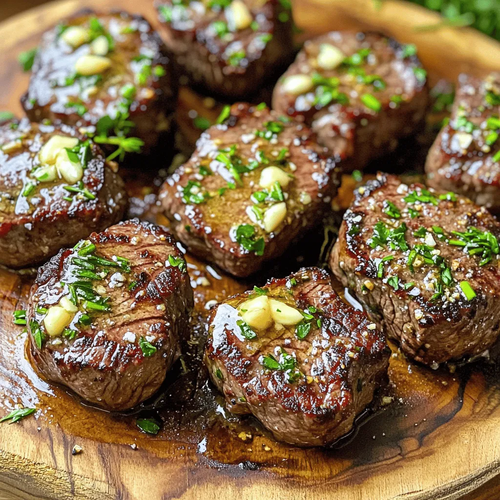 Für die Knoblauch-Butter Steakbissen brauchen Sie einige Hauptzutaten. Diese machen das Gericht lecker und herzhaft. Hier sind die Zutaten: - 450 g Sirloin-Steak, in mundgerechte Stücke geschnitten - 3 Esslöffel ungesalzene Butter - 4 Knoblauchzehen, fein gehackt - 1 Teelöffel frischer Rosmarin, gehackt - 1 Teelöffel frischer Thymian, gehackt - Salz und Pfeffer nach Geschmack - 1 Esslöffel Olivenöl Das Sirloin-Steak ist ideal, da es zart und saftig ist. Die ungesalzene Butter gibt dem Gericht einen reichen Geschmack. Knoblauch bringt ein tolles Aroma. Rosmarin und Thymian fügen eine frische Note hinzu. Die Gewürze und Kräuter sind wichtig für den Geschmack. Sie helfen, die Steakbissen zu würzen. Für dieses Rezept verwenden wir: - Salz - Pfeffer - Frischer Rosmarin - Frischer Thymian Salz und Pfeffer setzen den Geschmack frei. Frische Kräuter sorgen für mehr Tiefe und Aroma. Rosmarin hat einen starken, holzigen Geschmack. Thymian gibt eine leichte Süße. Um die Knoblauch-Butter Steakbissen schön zu servieren, brauchen wir noch ein paar zusätzliche Zutaten: - Gehackte Petersilie zum Garnieren Die gehackte Petersilie bringt Farbe und Frische ins Gericht. Sie macht die Präsentation einladend und lecker. Servieren Sie die Steakbissen auf einem rustikalen Holzbrett oder kleinen Tellern. So wird das Essen noch schöner. Den vollständigen Rezeptablauf finden Sie in der [Full Recipe]. Beginne mit dem Schneiden des Sirloin-Steaks. Teile es in mundgerechte Stücke. Du möchtest gleichmäßige Stücke, damit sie gleichmäßig garen. Nachdem du das Fleisch geschnitten hast, würze es mit Salz und Pfeffer. Das gibt den Bissen einen tollen Geschmack. Lass die Steakbissen etwa 10 Minuten ruhen, damit die Gewürze gut einziehen. Erhitze das Olivenöl in einer großen Pfanne bei mittlerer bis hoher Hitze. Wenn das Öl heiß ist, füge die Steakbissen hinzu. Achte darauf, dass die Stücke nicht überfüllt sind. So braten sie schön braun. Brate sie 2-3 Minuten auf jeder Seite an. Die Bissen sollten außen knusprig und innen zart sein. Nimm sie dann aus der Pfanne und lege sie auf einen Teller. Reduziere die Hitze in der Pfanne auf mittlere Stufe. Gib die Butter, den gehackten Knoblauch, den Rosmarin und den Thymian hinzu. Rühre die Mischung für etwa 1 Minute um. Der Knoblauch sollte goldbraun sein, aber nicht verbrennen. Danach kommen die Steakbissen zurück in die Pfanne. Schwenke sie in der Knoblauch-Butter-Mischung für 1 weitere Minute. Serviere die Bissen mit gehackter Petersilie. Du kannst das ganze Rezept hier finden: [Full Recipe]. Um die perfekte Garstufe für deine Steakbissen zu erreichen, musst du auf die Zeit achten. Brate sie 2-3 Minuten auf jeder Seite. Das ergibt einen leckeren, saftigen Kern. Für ein Medium-Rare-Ergebnis sollte die Innentemperatur etwa 57 Grad Celsius betragen. Ein Fleischthermometer hilft dir, dies genau zu messen. Wähle ein gutes Stück Fleisch. Sirloin ist ideal, da es zart und voller Geschmack ist. Achte darauf, dass das Fleisch eine schöne Marmorierung hat. Das sorgt für mehr Saftigkeit und Geschmack. Frisch ist besser, also kaufe dein Fleisch beim Metzger oder in einer guten Fleischerei. Frische Kräuter geben deinen Steakbissen einen tollen Geschmack. Verwende Rosmarin und Thymian, um die Aromen zu verstärken. Hacke die Kräuter fein, damit sie gut im Gericht verteilt sind. Du kannst auch Petersilie zum Garnieren verwenden. Das sieht nicht nur gut aus, sondern bringt auch frische Noten in das Gericht. {{image_4}} Du kannst die Knoblauch-Butter Steakbissen auf verschiedene Arten zubereiten. Grillen bringt einen rauchigen Geschmack. Heize den Grill gut vor. Lege die Steakbissen direkt auf den Grillrost. Drehe sie nach 2-3 Minuten. Achte darauf, dass sie nicht überkochen. Alternativ kannst du die Steakbissen auch im Ofen backen. Heize den Ofen auf 200 Grad Celsius vor. Lege die Bissen auf ein Backblech und brate sie 10-12 Minuten. Die Backmethode ist einfach und hält die Bissen saftig. Für eine vegane Variante kannst du Pilze verwenden. Portobello-Pilze sind eine tolle Wahl. Sie haben eine fleischige Textur und nehmen den Geschmack von Knoblauch und Butter gut auf. Ersetze die Butter durch vegane Margarine. Würze die Pilze wie im Rezept beschrieben. Eine andere Option ist, Blumenkohlsteaks zu grillen. Schneide den Blumenkohl in dicke Scheiben. Mariniere sie mit Olivenöl, Knoblauch und Kräutern. Grill die Steaks für etwa 5-7 Minuten pro Seite. Um neue Aromen zu entdecken, füge verschiedene Kräuter hinzu. Frischer Basilikum oder Koriander geben einen tollen Geschmack. Du kannst auch Chili-Flocken für etwas Schärfe verwenden. Experimentiere mit verschiedenen Saucen. Eine Sojasauce oder Teriyaki-Sauce kann interessante Noten hinzufügen. Mische die Sauce in die Knoblauch-Butter-Mischung, bevor du die Steakbissen hinzufügst. Zudem kannst du Gemüse wie Paprika oder Zucchini anbraten. Serviere sie als Beilage zu deinen Steakbissen. Diese Variationen machen das Gericht noch schmackhafter und vielseitiger. Für das vollständige Rezept, sieh dir den Full Recipe an. Nachdem Sie die Knoblauch-Butter Steakbissen genossen haben, sollten Sie die Reste gut lagern. Lassen Sie die Steakbissen zuerst auf Raumtemperatur abkühlen. Legen Sie sie dann in einen luftdichten Behälter. So bleiben sie frisch. Stellen Sie den Behälter in den Kühlschrank. Achten Sie darauf, dass die Steakbissen nicht länger als drei Tage im Kühlschrank bleiben. Um die Steakbissen wieder aufzuwärmen, verwenden Sie eine Pfanne. Erhitzen Sie sie bei mittlerer Hitze. Fügen Sie etwas Butter oder Öl hinzu, um sie saftig zu halten. Braten Sie die Bissen für etwa zwei bis drei Minuten. So bleiben sie zart und lecker. Sie können auch die Mikrowelle nutzen. Decken Sie die Bissen mit einem feuchten Papiertuch ab. So trocknen sie nicht aus. Im Kühlschrank halten sich die Steakbissen etwa drei Tage. Wenn Sie die Bissen länger aufbewahren möchten, frieren Sie sie ein. Legen Sie sie in einen gefrierfesten Behälter oder Gefrierbeutel. So sind sie bis zu drei Monate haltbar. Achten Sie darauf, die Bissen gut zu beschriften. So wissen Sie, wann Sie sie eingefroren haben. Die Zubereitung von Knoblauch-Butter Steakbissen dauert etwa 20 Minuten. Diese Zeit umfasst sowohl die Vorbereitung als auch das Kochen. Die Vorbereitung nimmt etwa 10 Minuten in Anspruch. Das Kochen der Steakbissen dauert dann nur 10 Minuten. So kannst du schnell ein leckeres Gericht zaubern, das deine Gäste beeindrucken wird. Ja, du kannst die Steakbissen im Voraus zubereiten. Es ist jedoch am besten, sie frisch zu servieren. Du kannst das Fleisch bereits schneiden und die Gewürze vorbereiten. Du könntest auch die Knoblauch-Butter-Mischung im Voraus zubereiten. Lagere sie im Kühlschrank. Erhitze alles einfach kurz vor dem Servieren. So bleibt der Geschmack frisch und köstlich. Knoblauch-Butter Steakbissen passen gut zu vielen Beilagen. Hier sind einige Ideen: - Kartoffelpüree: Cremig und lecker. - Grüner Salat: Frisch und knackig. - Gegrilltes Gemüse: Bunt und gesund. - Brot: Zum Dippen in die köstliche Butter. Diese Beilagen ergänzen die Aromen der Steakbissen perfekt und machen dein Essen zu einem Fest. Für das vollständige Rezept, schau dir den [Full Recipe] an. In diesem Artikel haben wir die besten Zutaten für Knoblauch-Butter Steakbissen entdeckt. Ich habe die Schritte zur Zubereitung erklärt. Tipps zur perfekten Garstufe helfen dir, das beste Ergebnis zu erzielen. Du hast auch Variationen für den persönlichen Geschmack gesehen. Denke daran, die Reste richtig zu lagern. So bleiben sie frisch. Ob du das Gericht einfach oder kreativ magst, Knoblauch-Butter Steakbissen sind immer ein Hit. Probiere es aus und genieße!