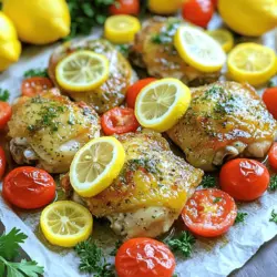 - 4 Hähnchenschenkel ohne Knochen und Haut - 2 mittelgroße Zitronen (eine für Zesten und Saft, die andere in Scheiben) - 3 Knoblauchzehen, fein gehackt - 1 Teelöffel getrockneter Oregano - 1 Teelöffel getrockneter Thymian - 1 Teelöffel geräuchertes Paprikapulver - 60 ml Olivenöl - Salz und Pfeffer nach Geschmack Die Hauptzutaten sind wichtig für den Geschmack. Hähnchenschenkel geben dir saftiges Fleisch. Zitronen bringen Frische und Säure. Knoblauch sorgt für ein tolles Aroma. Die Kräuter und Gewürze fügen Tiefe hinzu. Du kannst die Aromen leicht anpassen, um deinen eigenen Stil zu finden. - 1 Tasse Kirschtomaten, halbiert - 1 Paprika, in Scheiben geschnitten (jede Farbe) - Frische Petersilie zum Garnieren Das Gemüse ist mehr als nur Beilage. Kirschtomaten geben Süße und Farbe. Paprika fügt Crunch und Knackigkeit hinzu. Die frische Petersilie ist das i-Tüpfelchen, das das Gericht lebendig macht. Du kannst auch anderes Gemüse verwenden, das du magst. Probiere es mit Zucchini oder Zwiebeln. Schau dir das [Full Recipe] an, um alle Schritte zu sehen. Um die Marinade zu machen, mischt du zuerst einige Zutaten. Nimm eine Schüssel und füge hinzu: - Saft und Zesten von 1 Zitrone - 3 fein gehackte Knoblauchzehen - 1 Teelöffel getrockneten Oregano - 1 Teelöffel getrockneten Thymian - 1 Teelöffel geräuchertes Paprikapulver - 60 ml Olivenöl - Salz und Pfeffer nach Geschmack Rühre die Mischung gut um, bis alles gut vermischt ist. Dann nimm die Hähnchenschenkel und lege sie in einen Beutel oder eine flache Schüssel. Gieße die Marinade über das Hähnchen und schließe den Beutel oder decke die Schüssel ab. Lass das Hähnchen mindestens 30 Minuten marinieren. Du kannst es auch bis zu 2 Stunden im Kühlschrank lassen. So erhältst du den besten Geschmack. Heize deinen Ofen auf 220°C vor. Während der Ofen aufheizt, nimm das marinierte Hähnchen heraus. Lege die Hähnchenschenkel auf eine Seite des Backblechs. Auf die andere Seite fügst du die halbierten Kirschtomaten und die geschnittene Paprika hinzu. Lege die Zitronenscheiben über das Hähnchen und das Gemüse. Jetzt ist es Zeit zu backen! Stelle das Blech in den vorgeheizten Ofen und backe alles für 25-30 Minuten. Das Hähnchen sollte eine Innentemperatur von 74°C erreichen, und das Gemüse sollte zart sein. Nach dem Backen nimm das Blech aus dem Ofen und lass das Gericht etwa 5 Minuten ruhen. Dies hilft, die Säfte im Hähnchen zu halten. Vor dem Servieren kannst du das Gericht mit frisch gehackter Petersilie garnieren. Diese verleiht dem Gericht einen frischen Geschmack und sieht schön aus! Für das vollständige Rezept besuche bitte den [Full Recipe]. Um Hähnchen perfekt zu marinieren, passe die Marinierzeit an. Eine kurze Zeit von 30 Minuten bringt guten Geschmack. Wenn du mehr Zeit hast, lasse das Hähnchen bis zu 2 Stunden in der Marinade. So zieht der Geschmack besser ein. Die besten Aromen erhältst du durch frische Zutaten. Verwende frische Zitronen für Saft und Zesten. Der Knoblauch bringt eine besondere Note. Kombiniere getrocknete Kräuter wie Oregano und Thymian. Diese sorgen für ein tolles Aroma. Überprüfe die Temperatur des Ofens vor dem Backen. Eine Temperatur von 220°C ist ideal für knuspriges Hähnchen. Nutze ein Küchenthermometer, um sicherzugehen. Das Hähnchen sollte eine Innentemperatur von 74°C erreichen. Wenn du einen anderen Ofen hast, kann die Backzeit variieren. Halte das Gericht im Auge, besonders gegen Ende der Backzeit. So vermeidest du ein Anbrennen. Für Beilagen sind Kirschtomaten und Paprika ideal. Sie passen gut zum Hähnchen und bringen Farbe auf den Teller. Du kannst auch Brokkoli oder Zucchini hinzufügen. Für Saucen sind Joghurt oder eine einfache Vinaigrette toll. Diese kannst du leicht selbst machen. Mische Joghurt mit Zitrone und Kräutern für einen frischen Dip. {{image_4}} Für eine mediterrane Note kannst du einige zusätzliche Zutaten verwenden. Probiere schwarze Oliven oder Feta-Käse. Diese Zutaten geben dem Gericht mehr Geschmack und Farbe. Du kannst auch die Gewürze anpassen. Füge mehr Oregano oder frischen Rosmarin hinzu. Diese Kräuter passen perfekt zu Hähnchen und Gemüse. Wenn du eine vegetarische Variante magst, ersetze das Hähnchen durch Tofu oder Kichererbsen. Beide sind tolle Proteinquellen. Du kannst auch verschiedene Gemüsesorten verwenden, wie Zucchini, Auberginen oder Karotten. Diese Gemüse bringen viel Farbe und Geschmack in dein Gericht. Mit saisonalen Kräutern kannst du dein Gericht noch interessanter machen. Im Frühling sind frische Kräuter wie Basilikum oder Dill großartig. Im Herbst passen Thymian und Salbei gut zu Hähnchen. Du solltest auch das Gemüse saisonal anpassen. Im Sommer sind frische Bohnen oder Zucchini ideal, während im Winter Wurzelgemüse wie Karotten oder Pastinaken lecker sind. Um die Reste von deinem Sheet Pan Lemon Herb Chicken richtig aufzubewahren, gibt es einige einfache Schritte. - Kühlung: Lass das Hähnchen zuerst abkühlen. Lege die Reste dann in einen luftdichten Behälter. Du kannst das Gericht bis zu 3 Tage im Kühlschrank aufbewahren. - Gefrieroptionen: Wenn du die Reste länger aufbewahren möchtest, kannst du sie auch einfrieren. Teile das Hähnchen und das Gemüse in Portionen auf und lege sie in Gefrierbeutel. So halten sie sich bis zu 3 Monate im Gefrierfach. - Haltbarkeit der Reste: Achte darauf, dass du die Reste innerhalb dieser Zeit verbrauchst. Nach 3 Tagen im Kühlschrank wird das Hähnchen nicht mehr frisch sein. Das Wiedererwärmen deines Hähnchens ist einfach, wenn du ein paar Methoden kennst. - Methoden zum Aufwärmen: Du kannst das Hähnchen in der Mikrowelle aufwärmen. Stelle die Mikrowelle auf mittlere Leistung und erwärme es für 1-2 Minuten. Alternativ kannst du das Hähnchen im Ofen bei 180 °C (350 °F) für 10-15 Minuten aufwärmen. - Geschmacksverlust vermeiden: Um den Geschmack zu erhalten, füge etwas Olivenöl oder Brühe hinzu. Das macht das Hähnchen saftig und lecker. Nehme dir Zeit, um die Reste gut zu lagern und wieder aufzuwärmen. So schmecken sie fast wie frisch zubereitet! Du solltest das Hähnchen mindestens 30 Minuten marinieren. Dies gibt dem Hähnchen Zeit, die Aromen aufzunehmen. Wenn du mehr Zeit hast, kannst du es bis zu 2 Stunden marinieren. So schmeckt es noch besser. Ein längeres Marinieren macht das Fleisch zart und saftig. Ja, du kannst frische Kräuter verwenden. Sie bringen einen intensiveren Geschmack. Frische Kräuter wie Oregano oder Thymian sind großartig. Der Nachteil ist, dass sie schneller verderben. Wenn du frische Kräuter verwendest, brauchst du mehr. Eine gute Faustregel: Verwende dreimal so viel frische Kräuter wie getrocknete. Wenn du kein Backblech hast, kannst du eine große Auflaufform nutzen. Ein großes Blech oder ein Grillrost funktioniert auch. Achte darauf, dass die Oberfläche groß genug ist, um das Hähnchen und das Gemüse gleichmäßig zu verteilen. So garen sie gleichmäßig. Ja, dieses Rezept eignet sich gut für Meal Prep. Bereite das Hähnchen und das Gemüse im Voraus zu. Du kannst die Reste in einem luftdichten Behälter im Kühlschrank aufbewahren. Sie halten sich bis zu 4 Tage. Zum Wiedererwärmen einfach in der Mikrowelle oder im Ofen aufwärmen. So hast du schnelle, gesunde Mahlzeiten für die Woche. Das Rezept für Sheet Pan Lemon Herb Chicken vereint leckere Zutaten und einfache Schritte. Du hast gelernt, wie man Hähnchen perfekt mariniert und die besten Beilagen auswählt. Außerdem hast du Variationen und Lagerungstipps entdeckt, um das Gericht frisch zu halten. Nutze diese Anleitungen für köstliches Essen, das Spaß macht. Experimentiere mit neuen Aromen und probiere verschiedene Gemüse. Mit diesem Wissen bereitest du schnell und einfach tolle Mahlzeiten zu. Viel Spaß beim Kochen!