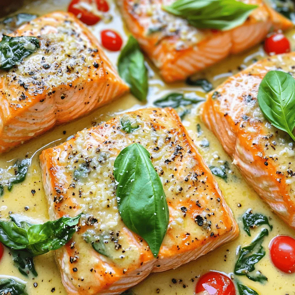 Für diesen leckeren Lachs brauchst du: - 4 Lachsfilets (jeweils etwa 170 g) - 1 Esslöffel Olivenöl - 2 Knoblauchzehen, fein gehackt - 1 Tasse Kirschtomaten, halbiert - 1 Tasse frischer Spinat - 1 Tasse Sahne - 1/2 Tasse geriebener Parmesan Jede Zutat bringt ihren eigenen Geschmack mit. Der Lachs ist zart und saftig. Kirschtomaten geben Frische und Süße. Spinat bietet eine schöne Farbe und gesundes Grün. Parmesan verleiht der Sauce einen würzigen Kick. Für den perfekten Geschmack benötigst du auch: - Salz und Pfeffer nach Geschmack - 1 Teelöffel getrockene italienische Gewürzmischung Salz und Pfeffer sind wichtig, um den Lachs zu würzen. Die italienische Gewürzmischung bringt Aromen von Oregano, Thymian und Basilikum. Diese Gewürze harmonieren gut mit dem Lachs und der cremigen Sauce. Um das Gericht noch frischer zu machen, empfehle ich: - Frische Basilikumblätter zum Garnieren Basilikum bringt einen tollen Duft. Es sieht auch schön aus und macht das Gericht einladender. Du kannst auch andere frische Kräuter wie Petersilie oder Dill verwenden, wenn du magst. Für die vollständige Anleitung zur Zubereitung schau dir das Full Recipe an. Zuerst müssen Sie die Lachsfilets vorbereiten. Tupfen Sie die Filets mit einem Papiertuch trocken. Das hilft, die Haut knusprig zu machen. Würzen Sie beide Seiten der Filets großzügig mit Salz und Pfeffer. Diese einfachen Schritte sind wichtig für den Geschmack. Heizen Sie eine große Pfanne bei mittelhoher Hitze. Geben Sie einen Esslöffel Olivenöl in die Pfanne. Wenn das Öl heiß ist, legen Sie die Lachsfilets mit der Hautseite nach unten hinein. Braten Sie sie für etwa 4 bis 5 Minuten. Wenden Sie die Filets und braten Sie sie erneut, bis sie goldbraun sind. Nehmen Sie die Filets dann aus der Pfanne und legen Sie sie beiseite. In derselben Pfanne, bei mittlerer Hitze, fügen Sie zwei fein gehackte Knoblauchzehen hinzu. Braten Sie den Knoblauch etwa 30 Sekunden an, bis er duftet. Geben Sie dann eine Tasse halbierte Kirschtomaten in die Pfanne. Lassen Sie alles 3 bis 4 Minuten garen, bis die Tomaten weich werden. Fügen Sie eine Tasse frischen Spinat hinzu und kochen Sie ihn, bis er verwelkt ist. Gießen Sie eine Tasse Sahne hinein und rühren Sie gut um. Fügen Sie eine halbe Tasse geriebenen Parmesan und einen Teelöffel getrocknete italienische Gewürzmischung hinzu. Rühren Sie, bis der Käse schmilzt und die Sauce cremig wird. Legen Sie die Lachsfilets zurück in die Pfanne und löffeln Sie die Sauce darüber. Lassen Sie alles 3 bis 4 Minuten köcheln. Servieren Sie schließlich das Gericht mit frischen Basilikumblättern als Garnitur. Wenn Sie mehr über die Zutaten und die Zubereitung erfahren möchten, schauen Sie sich das Full Recipe an. Um den Lachs perfekt zuzubereiten, ist die Hitze wichtig. Verwenden Sie mittelhohe Hitze für eine schöne Kruste. Braten Sie die Filets etwa 4-5 Minuten pro Seite. Sie sollten goldbraun sein und leicht zerfallen. Tupfen Sie den Lachs vorher trocken. So wird er knuspriger. Würzen Sie ihn gut mit Salz und Pfeffer. Die Cremesauce ist der Schlüssel zu diesem Gericht. Fügen Sie etwas Zitronensaft hinzu, um die Frische zu steigern. Auch frische Kräuter wie Dill oder Petersilie passen gut. Für mehr Tiefe können Sie auch einige Kapern verwenden. Experimentieren Sie mit verschiedenen Käsesorten. Feta oder Ziegenkäse bringen neue Geschmäcker. Die Präsentation macht einen großen Unterschied. Servieren Sie den Lachs auf einem schönen Teller. Löffeln Sie viel Sauce darüber. Streuen Sie frischen Parmesan und Basilikum darauf. Ein Spritzer Zitronensaft sorgt für einen schönen Glanz. Kombinieren Sie das Gericht mit knusprigem Brot oder einem bunten Salat. So wird jede Mahlzeit besonders. {{image_4}} Für eine leckere Abwandlung können Sie Garnelen hinzufügen. Garnelen bringen eine süße Note in das Gericht. Sie sind einfach zuzubereiten und passen gut zur cremigen Sauce. Braten Sie die Garnelen in der Pfanne an, bevor Sie die Lachsfilets hinzufügen. So bekommen die Garnelen eine schöne Farbe und Geschmack. Verwenden Sie etwa 200 g Garnelen, die Sie gut gewürzt haben. Wenn Sie eine vegetarische Option suchen, probieren Sie Tofu. Tofu nimmt die Aromen der Sauce gut auf. Schneiden Sie den Tofu in Würfel und braten Sie ihn in der Pfanne an. Verwenden Sie festeren Tofu für die beste Textur. Ersetzen Sie die Lachsfilets durch etwa 400 g Tofu. Diese Variante ist gesund und nahrhaft. Für eine glutenfreie Version achten Sie darauf, glutenfreie Pasta oder Reis zu verwenden. Diese Beilagen passen gut zu dem cremigen Lachs. Überprüfen Sie auch die Zutaten der Sahne und des Käses. Viele sind glutenfrei, aber es ist gut, dies zu überprüfen. So können Sie das Gericht genießen, ohne sich um Gluten sorgen zu müssen. Für das vollständige Rezept besuchen Sie bitte den Abschnitt [Full Recipe]. Bewahren Sie Reste in einem luftdichten Behälter auf. Stellen Sie sicher, dass der Behälter gut verschlossen ist. So bleibt der Geschmack frisch. Lagern Sie die Reste im Kühlschrank oder Gefrierschrank. Im Kühlschrank hält sich der cremige toskanische Lachs etwa 2 bis 3 Tage. Wenn Sie ihn einfrieren, kann er bis zu 3 Monate halten. Achten Sie darauf, ihn gut zu verpacken, um Gefrierbrand zu vermeiden. Erwärmen Sie den Lachs langsam bei niedriger Hitze. Nutzen Sie eine Pfanne oder die Mikrowelle. Fügen Sie etwas Sahne hinzu, um die Sauce cremig zu halten. So bleibt das Gericht saftig und lecker. Cremiger toskanischer Lachs bleibt frisch, wenn Sie ihn richtig lagern. Sie können ihn bis zu drei Tage im Kühlschrank aufbewahren. Stellen Sie sicher, dass Sie ihn in einem luftdichten Behälter aufbewahren. Wenn Sie ihn länger halten möchten, können Sie ihn auch einfrieren. So bleibt er bis zu drei Monate gut. Denken Sie daran, ihn im Kühlschrank aufzutauen, bevor Sie ihn erneut erhitzen. Ja, gefrorener Spinat kann frischen Spinat ersetzen. Achten Sie darauf, den gefrorenen Spinat gut abzutropfen. So wird die Sauce nicht wässrig. Wenn Sie gefrorenen Spinat verwenden, fügen Sie ihn einfach direkt in die Pfanne. Lassen Sie ihn einige Minuten garen, bis er aufgetaut und heiß ist. Der Geschmack bleibt fast gleich, und die Zubereitung wird schneller. Zu cremigem toskanischen Lachs passen viele Beilagen. Hier sind einige tolle Ideen: - Knoblauchbrot: Es ergänzt den Lachs perfekt und nimmt die Sauce auf. - Reis: Basmati oder Wildreis bieten eine gute Basis für die Sauce. - Pasta: Eine einfache Spaghetti passt gut zu diesem Gericht. - Frischer Salat: Ein grüner Salat sorgt für eine leichte Beilage. - Gemüse: Gebratenes Gemüse bringt Farbe und Geschmack auf den Tisch. Diese Beilagen machen Ihr Essen noch leckerer. Sie können auch mit verschiedenen Kombinationen spielen! Der Artikel hat die wichtigsten Zutaten für cremigen toskanischen Lachs behandelt. Wir schauten uns die Vorbereitung, das Anbraten und die Zubereitung der Sauce an. Tipps zur perfekten Zubereitung helfen dir, das Gericht zu verfeinern. Außerdem bieten Variationen für jeden Geschmack anpassbare Optionen. Du kannst Reste richtig lagern und wieder aufwärmen. Cremiger toskanischer Lachs ist einfach und lecker. Mit diesen Informationen kannst du sicher und kreativ kochen. Viel Spaß beim Ausprobieren!