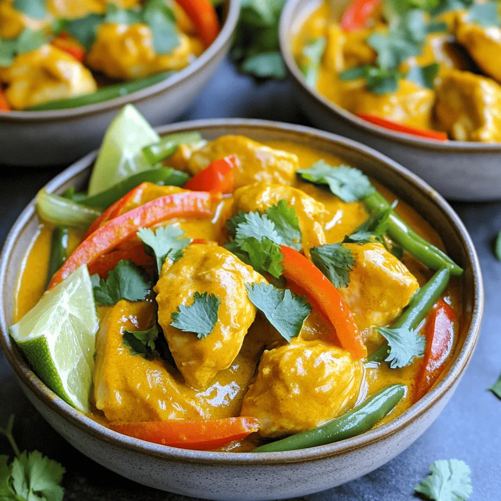 Für ein leckeres Kokosnuss-Curry-Hühnchen brauchen Sie einige wichtige Zutaten: - 450 g Hühnerbrust, in mundgerechte Stücke geschnitten - 1 Dose (400 ml) Kokosmilch - 2 Esslöffel rote Currypaste - 1 Esslöffel Pflanzenöl - 1 mittlere Zwiebel, gewürfelt - 2 Knoblauchzehen, fein gehackt - 1 Esslöffel Ingwer, fein gehackt - 1 Paprika (rot oder gelb), in Streifen geschnitten - 1 Tasse grüne Bohnen, geputzt - 1 Esslöffel Sojasauce - 1 Esslöffel brauner Zucker - 1 Limette, Saft und Schale - Frischer Koriander, zum Garnieren - Salz und Pfeffer nach Geschmack Jede Zutat bringt einen besonderen Geschmack mit. Die Hühnerbrust sorgt für eine zarte Basis. Kokosmilch macht das Gericht cremig und reichhaltig. Currypaste fügt Wärme und Tiefe hinzu. Die Gewürze sind der Schlüssel zu einem großartigen Curry. Rote Currypaste bietet einen schönen Kick. Frischer Ingwer und Knoblauch machen das Gericht aromatisch. Sojasauce fügt einen salzigen Geschmack hinzu. Brauner Zucker balanciert die Aromen aus. Die Limette bringt Frische. Die Kombination dieser Aromen macht das Gericht unwiderstehlich. Sie können auch andere Gewürze probieren, um das Curry nach Ihrem Geschmack anzupassen. Das Kokosnuss-Curry-Hühnchen schmeckt besonders gut mit Beilagen. Ich empfehle, es mit gedämpftem Jasminreis oder Quinoa zu servieren. Diese Beilagen ergänzen die Aromen perfekt. Auch Naan-Brot passt gut dazu. Es hilft, die köstliche Sauce aufzunehmen. Für einen frischen Crunch können Sie einen einfachen grünen Salat dazu reichen. Schauen Sie sich das [Full Recipe] an, um alle Schritte zu sehen! Um Kokosnuss-Curry-Hühnchen zuzubereiten, folgen Sie diesen einfachen Schritten: 1. Erhitzen Sie das Pflanzenöl in einer großen Pfanne oder einem Wok bei mittlerer Hitze. 2. Fügen Sie die gewürfelte Zwiebel hinzu und braten Sie sie an, bis sie weich wird. 3. Geben Sie den gehackten Knoblauch und Ingwer in die Pfanne und rühren Sie gut um. 4. Rühren Sie die rote Currypaste ein und lassen Sie sie kurz braten. 5. Fügen Sie die Hühnerstücke hinzu, würzen Sie sie mit Salz und Pfeffer und braten Sie sie goldbraun an. 6. Gießen Sie die Kokosmilch hinein und lassen Sie alles sanft köcheln. 7. Geben Sie die geschnittene Paprika und grünen Bohnen hinzu. 8. Rühren Sie die Sojasauce und den braunen Zucker ein. Lassen Sie alles für 10-12 Minuten kochen. Rote Currypaste ist der Schlüssel zu einem großartigen Geschmack. Sie bringt Wärme und Tiefe. Achten Sie darauf, die Paste gut zu rösten. So entfalten sich die Aromen optimal. Verwenden Sie nicht zu viel auf einmal, um den Geschmack nicht zu überdecken. Beginnen Sie mit zwei Esslöffeln. Sie können die Menge nach Ihrem Geschmack anpassen. Rote Currypaste ist vielseitig. Sie passt zu vielen Gerichten, nicht nur zu diesem Curry. Experimentieren Sie ruhig! Das Anbraten des Hühnerfleischs ist sehr wichtig. Es sorgt für eine schöne Farbe und Geschmack. Schneiden Sie das Hühnerfleisch in gleichmäßige Stücke. So gart es gleichmäßig. Lassen Sie das Fleisch nicht zu lange in der Pfanne, sonst wird es trocken. Rühren Sie das Fleisch regelmäßig um, um ein Anbrennen zu verhindern. Wenn das Hühnchen goldbraun ist, ist es bereit für den nächsten Schritt. Achten Sie darauf, dass die Pfanne heiß genug ist. So brät das Fleisch gut an. Um den besten Geschmack zu erzielen, probiere das Curry vor dem Servieren. Schmecke es mit Salz, Pfeffer oder Limettensaft ab. Wenn es zu scharf ist, füge etwas Kokosmilch hinzu. Möchtest du mehr Wärme? Gib mehr rote Currypaste dazu. Frische Kräuter machen das Gericht lebendig. Ich empfehle Koriander oder Basilikum. Füge die Kräuter am Ende des Kochens hinzu. So bleiben sie frisch und aromatisch. Du kannst auch andere Kräuter wie Minze oder Petersilie verwenden, um den Geschmack zu verändern. Ein häufiger Fehler ist, das Hühnchen zu lange zu kochen. Achte darauf, dass es zart bleibt. Ein weiterer Fehler ist, die Currypaste nicht genug zu rösten. Das Rösten hilft, die Aromen zu entfalten. Wenn du die Zwiebel zu früh hinzufügst, kann sie verbrennen. Koche sie nur bis sie weich ist. {{image_4}} Für eine vegetarische Version verwende Tofu oder Kichererbsen. Beide sind gute Proteinquellen. Tofu nimmt die Aromen gut auf. Kichererbsen sorgen für eine nussige Note. Reduziere die Kochzeit, wenn du diese Zutaten hinzufügst. Das macht das Gericht leicht und lecker. Fühle dich frei, mehr Gemüse hinzuzufügen. Brokkoli, Karotten oder Auberginen passen gut. Diese Gemüsesorten geben Farbe und Textur. Achte darauf, die Garzeiten anzupassen. Hartes Gemüse benötigt mehr Zeit. So bleibt alles zart und schmackhaft. Für glutenfreie Optionen nutze Tamari anstelle von Sojasauce. Veganer können die Hühnerbrust durch Pilze ersetzen. Wenn du eine Low-Carb-Diät machst, serviere das Curry ohne Reis. Stattdessen kannst du Blumenkohlreis verwenden. So bleibt das Gericht gesund und schmackhaft. Um dein Kokosnuss-Curry-Hühnchen frisch zu halten, lass es zuerst abkühlen. Danach füllst du es in einen luftdichten Behälter. So bleibt das Aroma erhalten. Lagere das Curry im Kühlschrank. Es hält sich dort bis zu drei Tage. Wenn du das Curry in einem flachen Behälter lagerst, kühlt es schneller ab. Das hilft, Bakterienwachstum zu verhindern. Wenn du das Curry länger aufbewahren möchtest, friere es ein. Verwende dafür einen gefrierfesten Behälter oder Gefrierbeutel. Achte darauf, so viel Luft wie möglich zu entfernen. Das Curry bleibt bis zu drei Monate frisch im Gefrierfach. Beschrifte den Behälter mit dem Datum. So weißt du, wann du es zubereitet hast. Um das Curry wieder aufzuwärmen, nimm es aus dem Kühlschrank oder Gefrierfach. Lass es im Kühlschrank auf Raumtemperatur kommen. Du kannst es dann in einem Topf auf dem Herd oder in der Mikrowelle erhitzen. Rühre das Curry gut um, um die Hitze gleichmäßig zu verteilen. Füge einen Spritzer Wasser oder Kokosmilch hinzu, wenn es zu dick ist. So bleibt es cremig und lecker. Die Zubereitung dauert etwa 15 Minuten. Das Kochen benötigt weitere 15 Minuten. In nur 30 Minuten hast du ein leckeres Gericht. Ja, du kannst das Kokosnuss-Curry-Hühnchen im Voraus zubereiten. Koche es einfach und lasse es abkühlen. Dann lagere es in einem luftdichten Behälter. Es hält sich im Kühlschrank bis zu drei Tage. Zu Kokosnuss-Curry-Hühnchen passen viele Beilagen. Hier sind einige Ideen: - Gedämpfter Jasminreis - Quinoa - Naan-Brot - Frischer Salat Diese Beilagen ergänzen den Geschmack des Currys perfekt. Kokosnuss-Curry-Hühnchen ist lecker und einfach zuzubereiten. Wir haben die Hauptzutaten, Gewürze und Beilagen besprochen. Ich habe erklärt, wie du das Gericht Schritt für Schritt zubereitest und was du beachten musst. Tipps zum perfekten Abgleich und häufige Fehler helfen dir, das Beste herauszuholen. Du kannst das Rezept auch variieren und anpassen. Außerdem hast du jetzt Informationen zur Aufbewahrung. Probiere es aus und entdecke neue Geschmackserlebnisse!