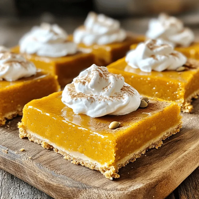 Für die Herstellung von einfachen Kürbis-Pie-Riegeln benötigst du folgende Zutaten: - 1 ½ Tassen Graham-Cracker-Brösel - ½ Tasse ungesalzene Butter, geschmolzen - ¾ Tasse Zucker - 1 Dose (425 g) Kürbispüree - 3 große Eier - 1 Tasse evaporierte Milch - 1 ½ Teelöffel gemahlener Zimt - ½ Teelöffel gemahlene Muskatnuss - ½ Teelöffel gemahlener Ingwer - ¼ Teelöffel Salz - Schlagsahne (zum Servieren) Diese Zutaten sind einfach zu finden und machen das Backen leicht. Die Mischung aus den Graham-Cracker-Bröseln und der Butter ergibt eine perfekte Kruste. Die Kürbismischung wird schön cremig und aromatisch. Wenn du die Riegel fertig hast, kannst du sie mit einem Klecks Schlagsahne servieren. Für das vollständige Rezept, schau dir die [Full Recipe] an. Heize zuerst deinen Backofen auf 175°C (350°F) vor. Nimm eine 9x13 Zoll große Auflaufform und fette sie gut ein. Das sorgt dafür, dass die Riegel später nicht kleben bleiben. In einer mittelgroßen Schüssel vermische die Graham-Cracker-Brösel mit der geschmolzenen Butter. Rühre alles gut um, bis die Brösel gleichmäßig mit der Butter bedeckt sind. So entsteht eine knusprige Basis für deine Riegel. Drücke die Graham-Cracker-Mischung gleichmäßig in den Boden der vorbereiteten Auflaufform. Das sorgt für eine stabile Kruste. Schiebe die Form dann in den Ofen und backe die Kruste für 10 Minuten. Nimm sie heraus und lass sie ein wenig abkühlen. Diese Zeit ist wichtig, damit die Füllung später nicht schmilzt. In einer großen Schüssel verquirle den Zucker, das Kürbispüree und die Eier. Rühre, bis die Mischung schön glatt ist. Füge dann langsam die evaporierte Milch hinzu. Mische den Zimt, die Muskatnuss, den Ingwer und das Salz darunter. Achte darauf, dass alles gut vermischt ist. So bekommst du eine feine Kürbismischung. Gieße diese gleichmäßig über die vorgebackene Kruste in der Form. Backe die Riegel nun für 25-30 Minuten. Überprüfe die Festigkeit, indem du einen Zahnstocher in die Mitte steckst. Wenn er sauber herauskommt, sind die Riegel fertig. Lass die Kürbis-Pie-Riegel vollständig in der Form abkühlen. Danach stelle sie für mindestens 2 Stunden in den Kühlschrank. So setzen sich die Aromen und die Riegel werden fest. Schneide sie dann in Quadrate und serviere sie nach Wunsch mit Schlagsahne. Du kannst das vollständige Rezept [hier](#) finden. Um die Füllung glatt zu machen, nutze einen Mixer. So werden Klumpen vermieden. Mische die Zutaten gut, bevor du sie backst. Die richtige Backtemperatur ist wichtig. Heize den Ofen immer auf 175°C vor. Dies sorgt für gleichmäßiges Backen. Achte darauf, die Riegel nicht zu überbacken. Sie sollten fest, aber nicht trocken sein. Beim Servieren der Riegel lege sie auf eine schöne Platte. Du kannst sie in gleichmäßige Quadrate schneiden. Das sieht ansprechend aus und erleichtert das Servieren. Dekoriere die Riegel mit einem Klecks Schlagsahne. Ein Hauch von Zimt obendrauf macht sie noch schöner. Du kannst auch ein paar Kürbiskerne für einen tollen Effekt hinzufügen. Was tun, wenn die Füllung nicht fest wird? Stelle sicher, dass du die Eier gut vermischt hast. Wenn sie nicht fest werden, kann es helfen, die Riegel länger zu backen. Vermeide eine matschige Kruste. Drücke die Graham-Cracker-Mischung gut in die Form. Backe die Kruste vor dem Hinzufügen der Füllung. So bleibt sie knusprig und lecker. {{image_4}} Du kannst die Kürbis-Pie-Riegel leicht aufpeppen. Füge Nüsse wie Walnüsse oder Pekannüsse hinzu. Das gibt jedem Biss einen knackigen Twist. Wenn du Schokolade magst, probiere Schokoladenstückchen. So wird der Geschmack süßer und schokoladiger. Eine andere Möglichkeit ist, Gewürze zu variieren. Statt nur Zimt kannst du auch etwas Muskatnuss oder Nelken verwenden. Diese Gewürze bringen einen neuen, aufregenden Geschmack in die Füllung. Wenn du glutenfrei leben möchtest, gibt es gute Alternativen. Verwende Mandelmehl oder Kokosmehl für die Kruste. Diese Mehle geben den Riegeln eine andere Textur. Achte darauf, dass alle anderen Zutaten glutenfrei sind. So kannst du sicher sein, dass die Riegel sicher sind. Zudem kannst du die Füllung anpassen. Viele glutenfreie Rezepte nutzen Haferflocken oder Reis. Das sorgt für einen leckeren Geschmack und bleibt glutenfrei. Für eine vegane Version der Riegel, benutze Pflanzenmilch. Soja-, Mandel- oder Hafermilch sind tolle Optionen. Diese Milchsorten geben der Füllung die nötige Cremigkeit. Statt Eier kannst du auch Apfelmus oder Leinsamen verwenden. Mische einen Esslöffel Leinsamen mit drei Esslöffeln Wasser, und lass es kurz quellen. Das ersetzt ein Ei und hält die Füllung zusammen. Für das vollständige Rezept, besuche den Abschnitt [Full Recipe]. Um deine Kürbis-Pie-Riegel frisch zu halten, lege sie in den Kühlschrank. Verwende einen luftdichten Behälter oder decke die Riegel mit Frischhaltefolie ab. So bleiben sie saftig und lecker. Für die Aufbewahrung im Gefrierschrank schneide die Riegel in Portionen. Lege sie in einen gefrierfesten Behälter oder wickle sie in Aluminiumfolie. So kannst du sie bis zu drei Monate lagern, ohne dass der Geschmack leidet. Wie lange sind sie frisch? Im Kühlschrank sind die Riegel etwa eine Woche haltbar. Du kannst sie auch gut im Gefrierschrank aufbewahren, wie bereits erwähnt. Um die Frische zu testen, schaue auf die Farbe und den Geruch. Wenn sie fade aussehen oder schlecht riechen, ist es Zeit, sie zu entsorgen. Ein einfacher Geschmackstest hilft auch. Wenn sie nicht mehr gut schmecken, ist das ein Zeichen, dass du sie nicht mehr essen solltest. Die Vorbereitung der Kürbis-Pie-Riegel dauert etwa 20 Minuten. Die Backzeit beträgt 25 bis 30 Minuten. Insgesamt braucht man also etwa eine Stunde. Diese Zeit ist schnell vergangen, wenn man den leckeren Duft der Riegel im Ofen riecht. Ja, du kannst die Riegel im Voraus zubereiten. Bereite sie einen Tag vorher zu und lasse sie im Kühlschrank ruhen. So können die Aromen gut durchziehen. Das macht das Servieren einfacher und spart Zeit. Die Riegel enthalten einige Allergene. Dazu gehören Eier und Milchprodukte. Wenn du Allergien hast, gibt es Anpassungen. Du kannst pflanzliche Milch und Eiersatz verwenden. Auch glutenfreie Graham-Cracker sind eine gute Option. So kann jeder die Riegel genießen. Die Kürbis-Pie-Riegel sind einfach zuzubereiten und schmecken fantastisch. Wir haben die Zutaten, Schritte und Tipps besprochen, um dir zu helfen, perfekte Riegel zu kreieren. Denke daran, die Füllung glatt zu machen und auf die Backtemperatur zu achten. Du kannst mit verschiedenen Zutaten und Diäten experimentieren. Lagere die Riegel richtig, damit sie frisch bleiben. Mit diesen Anleitungen und Tipps gelingt dein Kürbis-Pie garantiert. Viel Spaß beim Backen!