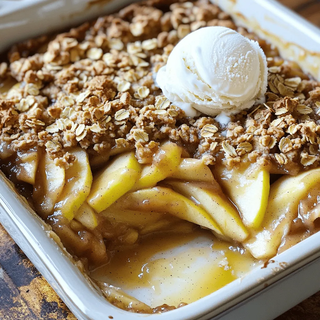 - Äpfel: Ich benutze gerne Granny Smith oder Honeycrisp. Diese Äpfel haben den perfekten Mix aus Süße und Säure. Sie werden beim Backen weich, aber behalten ihre Form. Wählen Sie frische, knackige Äpfel für den besten Geschmack. - Haferflocken und Mehl: Verwenden Sie alte Haferflocken für mehr Textur. Sie geben dem Crisp eine schöne, knusprige Schicht. Für das Mehl ist Weizenmehl ideal. Es bindet gut und sorgt für den richtigen Crunch. - Gewürze: Gewürze sind wichtig für den Geschmack. Zimt bringt Wärme und Muskatnuss fügt Tiefe hinzu. Ein Teelöffel Zimt reicht aus, um die Aromen zu heben. Diese Mischung macht jeden Bissen spannend und aromatisch. Diese Zutaten sind der Schlüssel zu einem köstlichen Apfel-Crisp. Sie bringen die Aromen zusammen und machen das Gericht einfach unwiderstehlich. Wenn Sie mehr über die Zubereitung erfahren möchten, schauen Sie sich das [Full Recipe] an. Zuerst schälen Sie 4 große Äpfel. Granny Smith oder Honeycrisp sind ideal. Schneiden Sie die Äpfel in dünne Scheiben. Dies sorgt für eine gleichmäßige Garzeit. In einer großen Schüssel vermengen Sie die Apfelscheiben mit 1 Esslöffel Zitronensaft. Der Zitronensaft verhindert, dass die Äpfel braun werden. Das ist besonders wichtig, wenn Sie die Äpfel etwas länger stehen lassen. In einer separaten Schüssel kombinieren Sie die trockenen Zutaten. Nehmen Sie 1 Tasse Haferflocken, 1/2 Tasse Weizenmehl, 1/2 Tasse braunen Zucker, 1/4 Teelöffel Salz, 1 Teelöffel gemahlenen Zimt und 1/4 Teelöffel Muskatnuss. Rühren Sie alles gut um, damit sich die Zutaten gleichmäßig verteilen. Danach gießen Sie 1/2 Tasse geschmolzene Butter über die Mischung. Mischen Sie alles, bis die Zutaten gut verbunden sind. Wenn Sie möchten, fügen Sie 1/2 Tasse gehackte Nüsse hinzu. Diese geben dem Crisp eine schöne Knusprigkeit. Heizen Sie Ihren Ofen auf 175°C (350°F) vor. Bereiten Sie eine Backform (9x13 Zoll) vor, indem Sie sie einfetten. Füllen Sie die Apfelmischung in die Backform. Streuen Sie die Haferflockenmischung gleichmäßig über die Äpfel. Backen Sie das Ganze für 30-35 Minuten. Die Oberseite sollte goldbraun sein und die Äpfel zart werden. Wenn die Oberseite zu schnell bräunt, decken Sie das Gericht mit Alufolie ab. Nach dem Backen lassen Sie den Crisp etwa 10 Minuten abkühlen. Dann können Sie ihn warm servieren. Genießen Sie ihn mit Vanilleeis oder Schlagsahne. Für die vollständige Zubereitung können Sie das [Full Recipe] nachlesen. Die richtige Menge an Butter ist entscheidend. Zu viel Butter macht den Crisp fettig. Zu wenig Butter führt zu einer trockenen Mischung. Ich empfehle, immer 1/2 Tasse ungesalzene Butter zu verwenden. Diese Menge sorgt für die perfekte Balance. Um matschigen Apfel-Crisp zu vermeiden, wählen Sie feste Äpfel. Sorten wie Granny Smith oder Honeycrisp eignen sich hervorragend. Diese Äpfel behalten ihre Form gut beim Backen. Auch das Vorbacken der Äpfel für ein paar Minuten kann helfen. So erhalten Sie eine bessere Textur. Einen warmen Apfel-Crisp zu servieren, ist immer eine gute Idee. Die Aromen kommen so besser zur Geltung. Kalt schmeckt er auch, aber warm ist er einfach köstlicher. Für Beilagen empfehle ich Vanilleeis oder Schlagsahne. Diese passen perfekt zum warmen Crisp. Eine Prise Zimt oder ein Minzblatt verleiht dem Gericht das gewisse Etwas. Probieren Sie diese Tipps aus, um Ihr Dessert zu verfeinern. {{image_4}} Ich liebe es, meinem Apfel-Crisp einen neuen Twist zu geben. Hier sind einige Ideen, um das Rezept zu variieren: - Nüsse: Fügen Sie 1/2 Tasse gehackte Walnüsse, Pekannüsse oder Mandeln hinzu. Dies gibt dem Crisp eine tolle Textur. Nüsse bringen auch gesunde Fette und einen nussigen Geschmack. - Trockenfrüchte: Rosinen oder Cranberries passen gut zum Apfelgeschmack. Ein paar Handvoll hinzufügen macht den Crisp süßer und fruchtiger. Die Trockenfrüchte geben auch einen schönen Farbkontrast. Es gibt viele Möglichkeiten, den Apfel-Crisp gesünder zu machen. Hier sind einige nützliche Tipps: - Glutenfreies Mehl: Verwenden Sie glutenfreies Mehl, um eine glutenfreie Variante zu machen. Einige gute Optionen sind Mandelmehl oder Hafermehl. Diese Mehle geben dem Crisp einen besonderen Geschmack und sind für viele Menschen gut verträglich. - Zuckerersatz: Wenn Sie Zucker vermeiden möchten, probieren Sie einen Zuckerersatz wie Stevia oder Erythrit. Diese Süßstoffe sind kalorienarm und bringen eine angenehme Süße. Um deinen Apfel-Crisp frisch zu halten, kannst du ihn im Kühlschrank oder im Gefrierfach lagern. Im Kühlschrank bleibt der Crisp für drei bis fünf Tage gut. Achte darauf, ihn in einem luftdichten Behälter zu verstauen. Das schützt ihn vor Feuchtigkeit. Wenn du mehr Zeit hast, friere den Apfel-Crisp ein. So bleibt er bis zu drei Monate frisch. Lass ihn zuerst abkühlen, bevor du ihn einfrierst. Wickele den Crisp gut ein, um Gefrierbrand zu vermeiden. Beim Wiederaufwärmen ist es wichtig, die richtige Methode zu wählen. Du kannst den Crisp im Ofen bei 175°C (350°F) für etwa 15 Minuten aufwärmen. So wird er knusprig und lecker. Alternativ kannst du auch die Mikrowelle verwenden. Stelle sicher, dass du ihn nur kurz erhitzt, damit er nicht matschig wird. Wie lange bleibt der Apfel-Crisp frisch? Im Kühlschrank kannst du deinen Apfel-Crisp drei bis fünf Tage genießen. Im Gefrierfach bleibt er bis zu drei Monate gut. Achte auf Anzeichen von Verderb. Wenn der Crisp seltsam riecht oder eine matschige Textur hat, ist es besser, ihn wegzuwerfen. Wenn du Schimmel entdeckst, ist das ebenfalls ein Zeichen, dass er nicht mehr gut ist. Halte deinen Apfel-Crisp frisch und lecker, damit du ihn immer wieder genießen kannst! Die Vorbereitungszeit für den Apfel-Crisp beträgt etwa 15 Minuten. Die Gesamtzeit, von Beginn bis zum fertigen Dessert, liegt bei 45 Minuten. So bleibt genug Zeit, um alles vorzubereiten und zu backen. Ja, du kannst andere Früchte verwenden, um den Crisp zu variieren. Birnen, Pfirsiche oder sogar Beeren sind tolle Alternativen. Du kannst sie mit Äpfeln mischen oder allein verwenden. Achte darauf, die Menge der Früchte anzupassen, um die richtige Konsistenz zu erhalten. Um den Apfel-Crisp vegan zu machen, ersetze die Butter durch pflanzliche Margarine oder Kokosöl. Verwende auch einen veganen Zucker, um sicherzustellen, dass das Rezept komplett pflanzenbasiert bleibt. So kannst du den Genuss ohne tierische Produkte erleben. Der Apfel-Crisp ist ein einfaches, aber köstliches Dessert. Wir haben die besten Zutaten ausgewählt und die Schritte zur Zubereitung erläutert. Tipps wie die richtige Buttermenge helfen dir, perfekte Konsistenz zu erreichen. Die verschiedenen Variationen und Anpassungen bieten noch mehr Möglichkeiten. Lass dir dieses einfache Rezept nicht entgehen. Es bringt Freude und kann leicht angepasst werden. Experimentiere und finde deine Lieblingsversion. Egal ob frisch oder aufbewahrt, dieser Apfel-Crisp bleibt lecker. Viel Spaß beim Backen und Genießen!