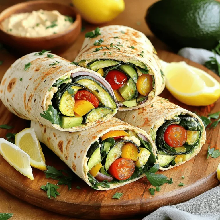 Für die Wraps benötigst du frische und bunte Zutaten. Hier sind die Hauptzutaten: - 1 große Zucchini, in dünne Streifen geschnitten - 1 Paprika (jede Farbe), in Streifen geschnitten - 1 rote Zwiebel, in Wedges geschnitten - 1 Tasse Kirschtomaten, halbiert - 4 Vollkorn-Tortillas oder Wraps - 1 Tasse Hummus (kaufen oder selbst gemacht) - 1 Tasse frische Spinatblätter - 1 Avocado, in Scheiben geschnitten Diese Zutaten geben den Wraps viel Geschmack und Textur. Das Gemüse bringt viele Vitamine mit. Um den Wraps den perfekten Geschmack zu verleihen, sind Gewürze und Öle wichtig. Hier sind die, die du brauchst: - 2 Esslöffel Olivenöl - Salz und Pfeffer nach Geschmack - 1 Teelöffel geräuchertes Paprika-Pulver Das Olivenöl hilft beim Rösten und gibt einen feinen Geschmack. Paprika-Pulver bringt eine rauchige Note. Du kannst auch weitere Zutaten hinzufügen. Hier sind einige Ideen: - Zitronenschnitze zum Servieren Die Zitronen geben den Wraps einen frischen Kick. Du kannst auch andere Kräuter oder Saucen ausprobieren. Diese machen deine Wraps noch interessanter. Für das vollständige Rezept schau dir den Abschnitt "Full Recipe" an. Zuerst waschst du das Gemüse gut. Schneide die Zucchini, Paprika, und Zwiebel in kleine Stücke. Halbiere die Kirschtomaten. Lege alles auf ein großes Backblech. Das macht die nächste Schritte viel einfacher. Du brauchst auch die Tortillas bereit. Diese werden später gefüllt. Heize deinen Ofen auf 200°C vor. Mische das geschnittene Gemüse mit Olivenöl, Salz, Pfeffer und Paprika-Pulver. Verteile das Gemüse gleichmäßig auf dem Backblech. Röste alles für 20 bis 25 Minuten. Achte darauf, das Gemüse zur Hälfte der Zeit umzurühren. Es sollte zart und leicht karamellisiert sein. Nimm die Tortillas und erwärme sie kurz in einer Pfanne. Dadurch werden sie weicher und besser rollbar. Verteile dann etwas Hummus auf jede Tortilla. Das ist die Basis für die Füllung. Lege die frischen Spinatblätter und das geröstete Gemüse darauf. Füge einige Avocadoscheiben hinzu, um den Wrap cremig zu machen. Rolle die Tortilla fest auf und tucke die Enden hinein. Schneide die Wraps in der Mitte durch. Platziere sie auf einem schönen Teller. Du kannst sie mit Zitronenschnitzen servieren. Das gibt einen frischen Geschmack. Ein zusätzlicher Rest Hummus zum Dippen sieht hübsch aus. Arrangiere die Wraps gut, um sie ansprechend zu präsentieren. Um das Gemüse perfekt zu rösten, heizen Sie den Ofen auf 200°C vor. Schneiden Sie das Gemüse gleichmäßig, damit es gleichmäßig gart. Verwenden Sie ein großes Backblech und legen Sie das Gemüse in einer einzigen Schicht aus. Das lässt die Hitze besser zirkulieren. Vergessen Sie nicht, das Gemüse zur Hälfte der Garzeit umzurühren. So wird alles schön knusprig. Sie können Hummus selbst machen oder kaufen. Selbstgemachter Hummus schmeckt frisch und hat eine tolle Konsistenz. Für eine einfache Version brauchen Sie Kichererbsen, Tahini, Zitronensaft, Knoblauch und Olivenöl. Mixen Sie alles gut zusammen. Wenn die Zeit knapp ist, kaufen Sie einen guten Hummus aus dem Laden. Achten Sie auf natürliche Zutaten, um die beste Qualität zu bekommen. Wenn Sie etwas mehr Protein möchten, fügen Sie Hühnchen oder Tofu hinzu. Gegrilltes Hühnchen passt gut zu den Aromen. Tofu kann gut gewürzt und knusprig gebraten werden. Für eine herzhaftere Option können Sie auch Feta oder Mozzarella einstreuen. Diese Zutaten machen den Wrap noch sättigender und geben ihm mehr Geschmack. {{image_4}} Du kannst die Gemüse nach deinem Geschmack ändern. Probiere Brokkoli, Karotten oder Pilze. Diese Vielfalt bringt neue Farben und Aromen. Wenn du saisonales Gemüse nutzt, schmecken die Wraps noch besser. Zum Beispiel, im Winter sind Rosenkohl und Kürbis toll. Im Sommer sind Zucchini und Auberginen frisch und lecker. Um die Wraps nahrhafter zu machen, füge proteinreiche Zutaten hinzu. Kichererbsen sind eine gute Wahl. Du kannst sie leicht unter das Gemüse mischen. Feta-Käse gibt auch einen tollen Geschmack und mehr Protein. Wenn du Fleisch magst, sind gegrillte Hähnchenstreifen eine Option. Sie machen das Gericht sättigender und herzhaft. Für glutenfreie Wraps kannst du spezielle Tortillas kaufen. Viele Supermärkte bieten sie an. Alternativ kannst du Salatblätter verwenden. Diese sind frisch und knusprig. Sie geben dem Wrap eine andere Textur. Damit bleibt das Gericht leicht und gesund. Du kannst auch Quinoa als Basis verwenden. Quinoa ist glutenfrei und gibt einen nussigen Geschmack. Für die genauen Zubereitung dieser köstlichen Wraps, sieh dir das [Full Recipe] an. Wenn Sie Wraps übrig haben, lagern Sie sie in einem luftdichten Behälter. Wickeln Sie jeden Wrap in Frischhaltefolie oder Aluminiumfolie. So bleibt der Wrap frisch und weich. Stellen Sie den Behälter in den Kühlschrank. Sie können die Wraps bis zu drei Tage aufbewahren. Zum Einfrieren legen Sie die Wraps in einen Gefrierbeutel. Entfernen Sie so viel Luft wie möglich. Sie können die Wraps bis zu zwei Monate einfrieren. Zum Auftauen legen Sie die Wraps einfach in den Kühlschrank über Nacht. Sie können sie auch in der Mikrowelle kurz erhitzen, wenn Sie es eilig haben. Die Frische der Wraps hängt von den Zutaten ab. Frisches Gemüse bleibt zwei bis drei Tage genießbar. Der Hummus hält sich etwa eine Woche im Kühlschrank. Achten Sie darauf, die Wraps vor dem Essen auf Geruch oder Aussehen zu überprüfen. So stellen Sie sicher, dass alles gut bleibt. Du kannst die Wraps ganz nach deinem Geschmack anpassen. Füge dein Lieblingsgemüse hinzu, wie Karotten oder Brokkoli. Probiere auch verschiedene Tortillas aus, wie Spinat- oder Tomaten-Tortillas. Wenn du Käse magst, kannst du etwas Feta oder Mozzarella hinzufügen. Die Möglichkeiten sind endlos! Ja, diese Wraps können ganz vegan sein. Verwende einfach pflanzlichen Hummus und lasse alle tierischen Produkte weg. Nutze auch vegane Tortillas. So bleibt dein Wrap rein pflanzlich und voller Geschmack. Um den besten Hummus zu machen, verwende Kichererbsen, Tahini, Zitronensaft, Knoblauch und Olivenöl. Mixe alles in einem Mixer, bis es cremig ist. Du kannst auch Gewürze wie Kreuzkümmel oder Paprika hinzufügen für mehr Geschmack. Der Hummus sollte glatt und gut gewürzt sein. Zu den Wraps passen viele Beilagen. Ein frischer Salat ist immer eine gute Wahl. Du könntest auch Kartoffelchips oder eine Gemüseplatte servieren. Für etwas Süßes sind frische Früchte eine tolle Ergänzung. Denke daran, die Beilagen einfach zu halten, damit die Wraps im Mittelpunkt stehen. Wraps sind einfach und vielseitig. Wir haben die wichtigen Zutaten und die Zubereitung besprochen. Sie können mit Gewürzen und frischem Gemüse experimentieren. Die Tipps helfen, die besten Röstergebnisse zu erzielen. Veggie- und proteinreiche Optionen machen Wraps spannend. Beachten Sie die Lagerungshinweise für Frische und Haltbarkeit. Probieren Sie die Variationen aus und passen Sie die Wraps nach Ihrem Geschmack an. Werden Sie kreativ und genießen Sie Ihre selbst gemachten Wraps immer wieder!