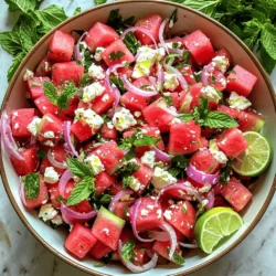 - Wassermelone - Feta-Käse - Minzblätter Die Hauptbestandteile sind frisch, saftig und voller Geschmack. Wassermelone bringt Süße und Saftigkeit. Ich wähle immer eine reife Wassermelone. Achten Sie darauf, dass sie schwer und fest ist. Feta-Käse gibt dem Salat eine salzige Note. Der Feta sollte bröckelig und cremig sein. Minzblätter verleihen dem Gericht Frische. Hacken Sie die Minze grob, um das Aroma besser freizusetzen. - Rote Zwiebel - Limettensaft - Olivenöl Zusätzliche Zutaten bringen mehr Geschmack. Rote Zwiebel fügt eine leichte Schärfe hinzu. Schneiden Sie die Zwiebel dünn, damit sie nicht zu dominant ist. Limettensaft sorgt für Säure und Frische. Ich empfehle frischen Limettensaft. Olivenöl rundet das Dressing ab. Hochwertiges Olivenöl macht einen großen Unterschied. - Salz und Pfeffer - Chiliflocken (optional) Gewürze sind wichtig für den Geschmack. Salz und Pfeffer heben die Aromen hervor. Fügen Sie sie nach Ihrem Geschmack hinzu. Chiliflocken sind eine optionale Zutat. Sie bringen eine angenehme Schärfe ins Spiel. Wenn Sie es etwas schärfer mögen, sind Chiliflocken eine tolle Wahl. Für die vollständige Zubereitung schauen Sie sich das [Full Recipe] an. Um die Wassermelone vorzubereiten, schneiden Sie sie zuerst in zwei Hälften. Nehmen Sie eine der Hälften und schneiden Sie sie in dicke Scheiben. Danach würfeln Sie die Scheiben in gleichmäßige Stücke. Diese Größe ist wichtig, damit jeder Bissen gleich schmeckt. Achten Sie darauf, eine reife Wassermelone auszuwählen. Eine gute Wassermelone klingt hohl, wenn Sie darauf klopfen. Sie sollte auch eine schöne, gleichmäßige Farbe haben. Wählen Sie eine schwere Melone, da das Gewicht auf saftige Süße hindeutet. Jetzt fügen Sie den zerbröckelten Feta-Käse hinzu. Der Feta gibt dem Salat einen salzigen Geschmack, der gut mit der Süße der Melone harmoniert. Schneiden Sie die rote Zwiebel in dünne Scheiben und geben Sie sie ebenfalls in die Schüssel. Diese Zwiebeln bringen einen knackigen Biss. In einer separaten kleinen Schüssel vermischen Sie den Limettensaft, das Olivenöl, Salz und Pfeffer. Wenn Sie es scharf mögen, können Sie Chiliflocken hinzufügen. Schlagen Sie die Mischung mit einem Schneebesen gut durch, bis alles gut kombiniert ist. Gießen Sie das Dressing über die Wassermelonen-, Feta- und Zwiebelmischung. verwenden Sie vorsichtig einen Spatel, um alle Zutaten sanft zu vermengen. Seien Sie vorsichtig, damit die Wassermelonenstücke nicht zerdrückt werden. Zum Schluss heben Sie die grob gehackten Minzblätter unter. Diese geben dem Salat eine frische Note. Lassen Sie den Salat etwa 10 Minuten ruhen. So können sich die Geschmäcker gut entfalten. Danach können Sie ihn genießen! Für das Full Recipe klicken Sie hier. - Verwendung von frischen Kräutern: Minze bringt Frische. Probieren Sie auch Basilikum oder Koriander. Diese Kräuter fügen neue Geschmäcker hinzu. - Experimentieren mit verschiedenen Essigen: Balsamico oder Apfelessig bringen Tiefe. Ein Spritzer Zitrone kann ebenfalls den Geschmack verstärken. - Anrichten in der Servierschüssel: Verwenden Sie eine große, schöne Schüssel. Das macht den Salat einladend und lebendig. - Dekorationsideen: Frische Minzblätter und Limettenscheiben machen den Salat bunt. Ein paar Nüsse oder Samen oben drauf geben zusätzlichen Crunch. - Fruchtige Alternativen: Fügen Sie Pfirsiche oder Beeren hinzu. Diese Früchte passen gut zu Wassermelone und Feta. - Anpassungen je nach Jahreszeit: Im Sommer verwenden Sie frische Kräuter. Im Herbst können Sie Kürbis oder Granatapfelkerne probieren. {{image_4}} Um deinen Salat besonders zu machen, kannst du Avocado hinzufügen. Sie bringt eine cremige Textur und gesunde Fette. Einfach die Avocado in kleine Stücke schneiden und vorsichtig unterheben. Nüsse oder Samen geben dem Salat einen knackigen Crunch. Mandeln oder Sonnenblumenkerne sind tolle Optionen. Sie fügen nicht nur Textur hinzu, sondern auch einen nussigen Geschmack. Wenn du eine vegane Variante möchtest, gibt es viele Feta-Alternativen auf pflanzlicher Basis. Diese bestehen oft aus Nüssen oder Soja und schmecken sehr gut. Du kannst auch einen selbstgemachten veganen Feta ausprobieren, der aus Cashews und Kräutern besteht. Für eine glutenfreie Option brauchst du keine Sorge zu haben. Alle Hauptzutaten sind von Natur aus glutenfrei. Achte nur darauf, dass du kein glutenhaltiges Dressing verwendest. Um deinem Salat einen mediterranen Touch zu geben, probiere Oliven oder getrocknete Tomaten. Diese Zutaten bringen neue Aromen und passen gut zur Wassermelone. Asiatische Einflüsse kannst du durch die Zugabe von Sojasauce oder Sesamöl erreichen. Eine Prise Ingwer oder Koriander bringt einen frischen Kick. Experimentiere mit verschiedenen Zutaten, um deinen perfekten Salat zu finden. Für das Full Recipe findest du alle Schritte und Mengenangaben, um diesen köstlichen Salat schnell zuzubereiten. - Kühlschranklagerung: Bewahre den Salat in einem luftdichten Behälter auf. So bleibt er frisch. - Haltbarkeit und Frische: Der Salat hält sich bis zu drei Tage im Kühlschrank. Nach zwei Tagen kann die Wassermelone weich werden. - Zutaten im Voraus schneiden: Du kannst die Wassermelone und Zwiebel am Vortag schneiden. Lagere sie getrennt, um Frische zu bewahren. - Zubereitung des Dressings: Mache das Dressing auch im Voraus. Bewahre es im Kühlschrank auf, bis du servieren willst. - Richtig lagern, um die Konsistenz zu erhalten: Halte die geschnittene Wassermelone in einem trockenen Behälter. Vermeide, sie zu lange zu lagern. - Methoden zur Reduzierung von überschüssigem Saft: Verwende ein Sieb, um überschüssiges Wasser abzuleiten. Das sorgt für einen knackigen Salat. Für das komplette Rezept schau dir den [Full Recipe] an. Der frische Wassermelonen-Feta-Salat bleibt im Kühlschrank etwa zwei bis drei Tage haltbar. Um die beste Frische zu erhalten, lagere ihn in einem luftdichten Behälter. Die Wassermelone kann Saft abgeben, wenn sie länger steht. Das kann die Textur des Salats verändern. Ja, du kannst die Zutaten nach deinem Geschmack anpassen. Füge gerne mehr Feta hinzu, wenn du einen salzigeren Geschmack magst. Du kannst auch andere Kräuter wie Basilikum verwenden. Wenn du es schärfer magst, sind einige Jalapeños eine gute Wahl. Die besten Wassermelonen kommen oft aus warmen Regionen. Achte auf eine kräftige Farbe und eine matte Schale. Klopfe leicht auf die Melone; ein tiefer, hohler Klang zeigt, dass sie reif ist. Suche auch nach einer gelben Stelle, wo die Frucht auf dem Boden lag. Ja, dieser Salat ist sehr gesund! Wassermelonen sind reich an Wasser und Vitaminen. Sie helfen, den Körper hydriert zu halten. Feta-Käse liefert Protein und Kalzium. Zusammen bieten sie viele Nährstoffe und wenig Kalorien. Serviere den Salat in einer großen Schüssel oder auf Tellern. Du kannst ihn mit frischen Minzblättern dekorieren. Ein paar Limettenschnitze an der Seite geben einen frischen Touch. Dieser Salat passt gut zu Grillgerichten oder als leichter Snack. Wenn du mehr erfahren möchtest, schau dir das [Full Recipe] an. Dieser Artikel zeigt, wie du einen erfrischenden Wassermelonen-Feta-Salat zubereitest. Wir haben die Hauptzutaten, Zubereitung und kreative Tipps behandelt. Denke daran, individuelle Zutaten hinzuzufügen, um den Geschmack zu variieren. Frische Kräuter und eine ansprechende Präsentation können den Salat aufwerten. Mit der richtigen Lagerung bleibt er frisch und lecker. Nutze diese einfachen Tipps, um das Beste aus deiner Zubereitung herauszuholen. Guten Appetit mit deinem Salat!