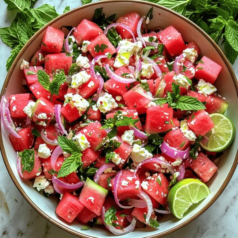 - Wassermelone - Feta-Käse - Minzblätter Die Hauptbestandteile sind frisch, saftig und voller Geschmack. Wassermelone bringt Süße und Saftigkeit. Ich wähle immer eine reife Wassermelone. Achten Sie darauf, dass sie schwer und fest ist. Feta-Käse gibt dem Salat eine salzige Note. Der Feta sollte bröckelig und cremig sein. Minzblätter verleihen dem Gericht Frische. Hacken Sie die Minze grob, um das Aroma besser freizusetzen. - Rote Zwiebel - Limettensaft - Olivenöl Zusätzliche Zutaten bringen mehr Geschmack. Rote Zwiebel fügt eine leichte Schärfe hinzu. Schneiden Sie die Zwiebel dünn, damit sie nicht zu dominant ist. Limettensaft sorgt für Säure und Frische. Ich empfehle frischen Limettensaft. Olivenöl rundet das Dressing ab. Hochwertiges Olivenöl macht einen großen Unterschied. - Salz und Pfeffer - Chiliflocken (optional) Gewürze sind wichtig für den Geschmack. Salz und Pfeffer heben die Aromen hervor. Fügen Sie sie nach Ihrem Geschmack hinzu. Chiliflocken sind eine optionale Zutat. Sie bringen eine angenehme Schärfe ins Spiel. Wenn Sie es etwas schärfer mögen, sind Chiliflocken eine tolle Wahl. Für die vollständige Zubereitung schauen Sie sich das [Full Recipe] an. Um die Wassermelone vorzubereiten, schneiden Sie sie zuerst in zwei Hälften. Nehmen Sie eine der Hälften und schneiden Sie sie in dicke Scheiben. Danach würfeln Sie die Scheiben in gleichmäßige Stücke. Diese Größe ist wichtig, damit jeder Bissen gleich schmeckt. Achten Sie darauf, eine reife Wassermelone auszuwählen. Eine gute Wassermelone klingt hohl, wenn Sie darauf klopfen. Sie sollte auch eine schöne, gleichmäßige Farbe haben. Wählen Sie eine schwere Melone, da das Gewicht auf saftige Süße hindeutet. Jetzt fügen Sie den zerbröckelten Feta-Käse hinzu. Der Feta gibt dem Salat einen salzigen Geschmack, der gut mit der Süße der Melone harmoniert. Schneiden Sie die rote Zwiebel in dünne Scheiben und geben Sie sie ebenfalls in die Schüssel. Diese Zwiebeln bringen einen knackigen Biss. In einer separaten kleinen Schüssel vermischen Sie den Limettensaft, das Olivenöl, Salz und Pfeffer. Wenn Sie es scharf mögen, können Sie Chiliflocken hinzufügen. Schlagen Sie die Mischung mit einem Schneebesen gut durch, bis alles gut kombiniert ist. Gießen Sie das Dressing über die Wassermelonen-, Feta- und Zwiebelmischung. verwenden Sie vorsichtig einen Spatel, um alle Zutaten sanft zu vermengen. Seien Sie vorsichtig, damit die Wassermelonenstücke nicht zerdrückt werden. Zum Schluss heben Sie die grob gehackten Minzblätter unter. Diese geben dem Salat eine frische Note. Lassen Sie den Salat etwa 10 Minuten ruhen. So können sich die Geschmäcker gut entfalten. Danach können Sie ihn genießen! Für das Full Recipe klicken Sie hier. - Verwendung von frischen Kräutern: Minze bringt Frische. Probieren Sie auch Basilikum oder Koriander. Diese Kräuter fügen neue Geschmäcker hinzu. - Experimentieren mit verschiedenen Essigen: Balsamico oder Apfelessig bringen Tiefe. Ein Spritzer Zitrone kann ebenfalls den Geschmack verstärken. - Anrichten in der Servierschüssel: Verwenden Sie eine große, schöne Schüssel. Das macht den Salat einladend und lebendig. - Dekorationsideen: Frische Minzblätter und Limettenscheiben machen den Salat bunt. Ein paar Nüsse oder Samen oben drauf geben zusätzlichen Crunch. - Fruchtige Alternativen: Fügen Sie Pfirsiche oder Beeren hinzu. Diese Früchte passen gut zu Wassermelone und Feta. - Anpassungen je nach Jahreszeit: Im Sommer verwenden Sie frische Kräuter. Im Herbst können Sie Kürbis oder Granatapfelkerne probieren. {{image_4}} Um deinen Salat besonders zu machen, kannst du Avocado hinzufügen. Sie bringt eine cremige Textur und gesunde Fette. Einfach die Avocado in kleine Stücke schneiden und vorsichtig unterheben. Nüsse oder Samen geben dem Salat einen knackigen Crunch. Mandeln oder Sonnenblumenkerne sind tolle Optionen. Sie fügen nicht nur Textur hinzu, sondern auch einen nussigen Geschmack. Wenn du eine vegane Variante möchtest, gibt es viele Feta-Alternativen auf pflanzlicher Basis. Diese bestehen oft aus Nüssen oder Soja und schmecken sehr gut. Du kannst auch einen selbstgemachten veganen Feta ausprobieren, der aus Cashews und Kräutern besteht. Für eine glutenfreie Option brauchst du keine Sorge zu haben. Alle Hauptzutaten sind von Natur aus glutenfrei. Achte nur darauf, dass du kein glutenhaltiges Dressing verwendest. Um deinem Salat einen mediterranen Touch zu geben, probiere Oliven oder getrocknete Tomaten. Diese Zutaten bringen neue Aromen und passen gut zur Wassermelone. Asiatische Einflüsse kannst du durch die Zugabe von Sojasauce oder Sesamöl erreichen. Eine Prise Ingwer oder Koriander bringt einen frischen Kick. Experimentiere mit verschiedenen Zutaten, um deinen perfekten Salat zu finden. Für das Full Recipe findest du alle Schritte und Mengenangaben, um diesen köstlichen Salat schnell zuzubereiten. - Kühlschranklagerung: Bewahre den Salat in einem luftdichten Behälter auf. So bleibt er frisch. - Haltbarkeit und Frische: Der Salat hält sich bis zu drei Tage im Kühlschrank. Nach zwei Tagen kann die Wassermelone weich werden. - Zutaten im Voraus schneiden: Du kannst die Wassermelone und Zwiebel am Vortag schneiden. Lagere sie getrennt, um Frische zu bewahren. - Zubereitung des Dressings: Mache das Dressing auch im Voraus. Bewahre es im Kühlschrank auf, bis du servieren willst. - Richtig lagern, um die Konsistenz zu erhalten: Halte die geschnittene Wassermelone in einem trockenen Behälter. Vermeide, sie zu lange zu lagern. - Methoden zur Reduzierung von überschüssigem Saft: Verwende ein Sieb, um überschüssiges Wasser abzuleiten. Das sorgt für einen knackigen Salat. Für das komplette Rezept schau dir den [Full Recipe] an. Der frische Wassermelonen-Feta-Salat bleibt im Kühlschrank etwa zwei bis drei Tage haltbar. Um die beste Frische zu erhalten, lagere ihn in einem luftdichten Behälter. Die Wassermelone kann Saft abgeben, wenn sie länger steht. Das kann die Textur des Salats verändern. Ja, du kannst die Zutaten nach deinem Geschmack anpassen. Füge gerne mehr Feta hinzu, wenn du einen salzigeren Geschmack magst. Du kannst auch andere Kräuter wie Basilikum verwenden. Wenn du es schärfer magst, sind einige Jalapeños eine gute Wahl. Die besten Wassermelonen kommen oft aus warmen Regionen. Achte auf eine kräftige Farbe und eine matte Schale. Klopfe leicht auf die Melone; ein tiefer, hohler Klang zeigt, dass sie reif ist. Suche auch nach einer gelben Stelle, wo die Frucht auf dem Boden lag. Ja, dieser Salat ist sehr gesund! Wassermelonen sind reich an Wasser und Vitaminen. Sie helfen, den Körper hydriert zu halten. Feta-Käse liefert Protein und Kalzium. Zusammen bieten sie viele Nährstoffe und wenig Kalorien. Serviere den Salat in einer großen Schüssel oder auf Tellern. Du kannst ihn mit frischen Minzblättern dekorieren. Ein paar Limettenschnitze an der Seite geben einen frischen Touch. Dieser Salat passt gut zu Grillgerichten oder als leichter Snack. Wenn du mehr erfahren möchtest, schau dir das [Full Recipe] an. Dieser Artikel zeigt, wie du einen erfrischenden Wassermelonen-Feta-Salat zubereitest. Wir haben die Hauptzutaten, Zubereitung und kreative Tipps behandelt. Denke daran, individuelle Zutaten hinzuzufügen, um den Geschmack zu variieren. Frische Kräuter und eine ansprechende Präsentation können den Salat aufwerten. Mit der richtigen Lagerung bleibt er frisch und lecker. Nutze diese einfachen Tipps, um das Beste aus deiner Zubereitung herauszuholen. Guten Appetit mit deinem Salat!