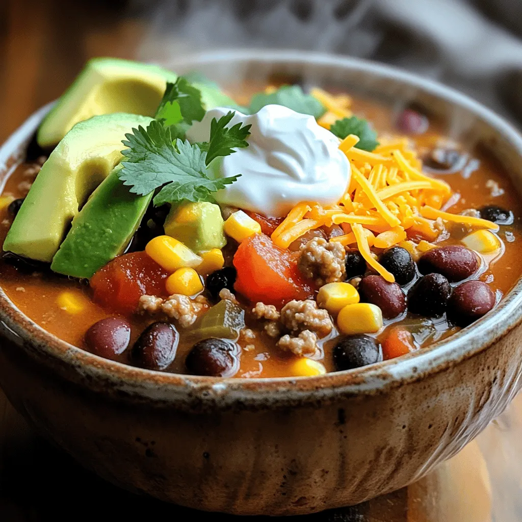 Für das perfekte Taco Soup Rezept benötigst du einige Hauptzutaten. Diese Zutaten machen die Suppe herzhaft und lecker. Hier ist, was du brauchst: - 450 g gemahlenes Truthahnfleisch oder Rinderhackfleisch - 1 Dose (425 g) schwarze Bohnen, abgetropft und abgespült - 1 Dose (425 g) Kidneybohnen, abgetropft und abgespült - 1 Dose (425 g) Mais, abgetropft - 1 Dose (800 g) gewürfelte Tomaten (mit Saft) - 1 Päckchen Taco-Gewürz - 240 ml Hühner- oder Gemüsebrühe - 1 rote Paprika, gewürfelt - 1 kleine Zwiebel, gehackt - 2 Knoblauchzehen, fein gehackt - Salz und Pfeffer nach Geschmack - 1 Esslöffel Olivenöl Diese Zutaten sorgen für den tollen Geschmack. Die Gewürze und Brühe sind sehr wichtig. Sie geben der Suppe ihren besonderen Kick. Das Taco-Gewürz ist der Hauptakteur. Es bringt die richtige Schärfe und Tiefe. Die Brühe, ob Huhn oder Gemüse, macht die Suppe schön flüssig. Du kannst auch mehr Gewürze hinzufügen, wenn du es schärfer magst. Toppings machen die Suppe noch besser. Hier sind einige leckere Optionen, die du verwenden kannst: - Sauerrahm - Geriebener Käse - Frischer Koriander - Avocado Diese Toppings geben der Suppe mehr Geschmack und Textur. Du kannst sie nach Belieben hinzufügen. Sie sind eine tolle Möglichkeit, um die Suppe zu personalisieren und jedem Gast eine Wahl zu bieten. Zuerst müssen Sie alle Zutaten bereitstellen. Hier ist, was Sie brauchen: - 450 g gemahlenes Truthahnfleisch oder Rinderhackfleisch - 1 Dose (425 g) schwarze Bohnen, abgetropft und abgespült - 1 Dose (425 g) Kidneybohnen, abgetropft und abgespült - 1 Dose (425 g) Mais, abgetropft - 1 Dose (800 g) gewürfelte Tomaten (mit Saft) - 1 Päckchen Taco-Gewürz - 240 ml Hühner- oder Gemüsebrühe - 1 rote Paprika, gewürfelt - 1 kleine Zwiebel, gehackt - 2 Knoblauchzehen, fein gehackt - Salz und Pfeffer nach Geschmack - 1 Esslöffel Olivenöl - Optionales Topping: Sauerrahm, geriebener Käse, frischer Koriander und Avocado Waschen Sie die Bohnen und den Mais. Schneiden Sie die Zwiebel und die Paprika klein. So sind die Zutaten bereit. Erhitzen Sie das Olivenöl in einem großen Topf bei mittlerer Hitze. Fügen Sie die Zwiebel und die Paprika hinzu. Braten Sie sie etwa 4-5 Minuten, bis sie weich sind. Dann geben Sie den Knoblauch dazu und braten ihn eine weitere Minute an. Jetzt kommt das gemahlene Fleisch in den Topf. Rühren Sie es gut um und braten Sie es 6-8 Minuten, bis es braun wird. Fügen Sie das Taco-Gewürz hinzu und braten Sie es eine Minute. Dies bringt den vollen Geschmack heraus. Jetzt ist es Zeit, die restlichen Zutaten hinzuzufügen. Geben Sie die gewürfelten Tomaten, schwarze Bohnen, Kidneybohnen, Mais und Brühe in den Topf. Rühren Sie alles gut um. Bringen Sie die Mischung zum Kochen. Reduzieren Sie dann die Hitze und lassen Sie die Suppe 20-25 Minuten köcheln. So verbinden sich die Aromen gut. Vergessen Sie nicht, mit Salz und Pfeffer abzuschmecken. Servieren Sie die Suppe heiß und garnieren Sie sie nach Wunsch mit den optionalen Toppings. Die Suppe ist einfach und schnell zubereitet. Genießen Sie das leckere Taco Soup Rezept! Um den Geschmack der Taco Suppe zu steigern, können Sie einige einfache Tricks anwenden. Fügen Sie frische Kräuter wie Koriander hinzu. Sie bringen Frische und Tiefe. Limettensaft sorgt für einen tollen Säurekick. Probieren Sie, die Gewürze leicht zu rösten, bevor Sie sie hinzufügen. Das verstärkt das Aroma und macht die Suppe noch leckerer. Manchmal haben Sie nicht alle Zutaten zur Hand. Das ist kein Problem! Sie können gemischtes Gemüse verwenden, wenn Sie keine Paprika haben. Gemahlene Truthahnfleisch kann durch Hähnchen oder Tofu ersetzt werden. Bohnen sind flexibel; verwenden Sie was Sie haben. Auch Gemüsebrühe ist ein guter Ersatz für Hühnerbrühe. Ein häufiger Fehler ist, die Suppe zu lange zu kochen. Achten Sie darauf, die Aromen nicht zu überkochen. Ein weiterer Fehler ist, die Gewürze zu früh hinzuzufügen. Warten Sie bis das Fleisch gebräunt ist. Zu viel Flüssigkeit kann die Suppe wässrig machen. Halten Sie die Brühe im Auge, um die richtige Konsistenz zu erhalten. {{image_4}} Wenn du eine vegane oder vegetarische Taco Suppe machen möchtest, hast du viele Möglichkeiten. Ersetze das Fleisch durch Linsen oder Kichererbsen. Diese geben der Suppe einen tollen Biss. Du kannst auch Tofu oder Tempeh verwenden. Würze sie gut, damit der Geschmack stimmt. Für die Brühe wähle Gemüsebrühe, um den Geschmack zu intensivieren. Du kannst die Taco Suppe ganz nach deinem Geschmack anpassen. Füge frische Spinatblätter oder gewürfelte Zucchini hinzu, um mehr Farbe und Nährstoffe zu bekommen. Wenn du etwas Schärfe magst, füge Jalapeños oder frische Chilis hinzu. Auch Avocado ist eine gute Wahl für einen cremigen Geschmack. Diese Zutaten machen die Suppe noch leckerer und interessanter. Die Gewürze machen den Unterschied. Probiere statt des Taco-Gewürzes eine Mischung aus Kreuzkümmel, Paprika und Chili-Pulver. Diese Gewürze geben der Suppe eine neue Tiefe. Du kannst auch frische Kräuter wie Koriander oder Petersilie verwenden. Diese Kräuter bringen Frische und einen tollen Duft. Experimentiere mit verschiedenen Gewürzen, um deine perfekte Suppe zu finden. Die richtige Lagerung ist wichtig, um den Geschmack zu bewahren. Lass die Taco Suppe nach dem Kochen auf Raumtemperatur abkühlen. Fülle sie dann in luftdichte Behälter. Du kannst sie auch in Portionen aufteilen. So kannst du sie einfach aufwärmen, wenn du Hunger hast. Stelle sicher, dass du die Behälter gut verschließt, um das Austrocknen zu vermeiden. Wenn du die Suppe wieder aufwärmst, mache es langsam. Erhitze sie auf mittlerer Stufe in einem Topf. Rühre die Suppe gut um, damit sie gleichmäßig warm wird. Du kannst auch etwas Brühe oder Wasser hinzufügen, wenn sie zu dick geworden ist. So bleibt die Suppe schön cremig. Die Taco Suppe hält sich gut im Kühlschrank. Dort bleibt sie etwa 3 bis 4 Tage frisch. Du kannst sie auch einfrieren. In einem gefrierfesten Behälter bleibt sie bis zu 3 Monate gut. Wenn du Reste hast, denke an kreative Ideen! Du kannst sie als Füllung für Tacos oder Burritos verwenden. Auch als Beilage zu Reis ist sie lecker. So zauberst du schnell neue Gerichte aus den Resten deiner Taco Suppe. Die Zubereitungszeit für die Easy Taco Soup beträgt nur etwa 10 Minuten. Die Kochzeit beträgt ca. 25 Minuten. In insgesamt 35 Minuten hast du eine leckere Suppe. Ja, du kannst die Taco Suppe im Voraus machen. Sie schmeckt sogar besser, wenn sie einige Stunden oder einen Tag im Kühlschrank ruht. Mach einfach eine große Menge und genieße sie später. Achte darauf, sie gut zu kühlen und in einem luftdichten Behälter aufzubewahren. Es gibt viele leckere Beilagen, die gut zur Taco Suppe passen. Hier sind einige Vorschläge: - Tortilla-Chips für den Crunch - Avocado in Scheiben oder Guacamole - Geriebener Käse für zusätzlichen Geschmack - Sauerrahm für eine cremige Note - Frischer Koriander als frisches Topping Diese Beilagen machen das Essen noch besser. Du kannst sie nach deinem Geschmack auswählen. Die Taco Suppe ist einfach, lecker und sehr wandelbar. Wir haben die wichtigsten Zutaten und Tipps behandelt. Du hast gelernt, wie du sie schnell kochen und anpassen kannst. Vergiss nicht, auch kreative Variationen zu probieren. Mit den richtigen Lager- und Aufbewahrungshinweisen bleibt die Suppe frisch. Nutze die FAQs, um deine Fragen zu klären. Am Ende ist diese Suppe eine tolle Wahl für jede Gelegenheit. Viel Spaß beim Kochen und Genießen deiner Taco Suppe!