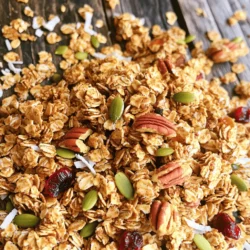 Für das perfekte Ahorn-Pekan-Granola brauchst du folgende Zutaten: - 3 Tassen Haferflocken (großflockig) - 1 Tasse Pekannüsse, grob gehackt - 1/2 Tasse ungesüßte Kokosraspeln - 1/2 Tasse Kürbiskerne - 1/3 Tasse Ahornsirup - 1/4 Tasse Kokosöl, geschmolzen - 1/2 Teelöffel Vanilleextrakt - 1/2 Teelöffel gemahlener Zimt - 1/4 Teelöffel Salz - 1 Tasse getrocknete Cranberries oder Rosinen (optional) Diese Zutaten machen dein Granola knusprig und lecker. Haferflocken sind die Basis. Sie geben dem Granola Struktur und Ballaststoffe. Pekannüsse fügen einen nussigen Geschmack hinzu. Kokosraspeln und Kürbiskerne bringen extra Crunch. Die Nährwerte können je nach Menge variieren. Hier sind die wichtigsten Punkte: - Haferflocken sind reich an Ballaststoffen und sorgen für ein langanhaltendes Sättigungsgefühl. - Pekannüsse enthalten gesunde Fette, die gut für das Herz sind. - Ahornsirup gibt deinem Granola eine natürliche Süße und viele Antioxidantien. - Kokosöl hat gesunde Fette, die dir Energie geben. Eine Portion bietet dir eine gute Mischung aus Kohlenhydraten, Proteinen und Fetten. Dies macht es ideal für ein Frühstück oder einen Snack. Wenn du Allergien hast oder etwas nicht magst, kannst du Zutaten leicht austauschen: - Anstelle von Pekannüssen kannst du Mandeln oder Walnüsse verwenden. - Wenn du keine Kokosraspeln magst, lasse sie weg oder ersetze sie durch Sonnenblumenkerne. - Du kannst den Ahornsirup durch Honig oder Agavendicksaft ersetzen, falls nötig. - Verwende statt Kokosöl Olivenöl oder ein anderes Pflanzenöl. So kannst du dein Granola an deine Bedürfnisse anpassen und trotzdem genießen. Zuerst heize deinen Ofen auf 175°C (350°F) vor. Dann nimm ein großes Backblech und lege es mit Backpapier aus. Das hilft, die Granola später leicht zu lösen. In einer großen Schüssel mische die Zutaten. Du brauchst Haferflocken, Pekannüsse, Kokosraspeln und Kürbiskerne. Achte darauf, dass alles gut vermischt ist. Jetzt kommt der spannende Teil! Gieße die flüssigen Zutaten in die Schüssel. Das sind Ahornsirup, geschmolzenes Kokosöl, Vanilleextrakt, Zimt und Salz. Rühre alles gut um. Die Mischung sollte gleichmäßig verteilt sein. Breite die Granola-Mischung auf dem Backblech aus. Backe sie 20 bis 25 Minuten lang. Rühre nach der Hälfte um. So wird die Granola schön gleichmäßig knusprig und goldbraun. Sobald die Granola fertig ist, nimm das Blech aus dem Ofen. Lass die Granola vollständig abkühlen. Das ist wichtig, damit sie knusprig bleibt. Füge nach dem Abkühlen die getrockneten Cranberries oder Rosinen hinzu, wenn du sie magst. Bewahre die Granola in einem luftdichten Behälter auf. So bleibt sie bis zu zwei Wochen frisch. Wenn du mehr Tipps brauchst, schau dir das Full Recipe an. Um den Geschmack deiner Ahorn-Pekan-Granola zu optimieren, kannst du frische Gewürze nutzen. Frisch geriebener Zimt bringt mehr Aroma. Du kannst auch eine Prise Muskatnuss hinzufügen. Diese Gewürze heben die süßen Aromen des Ahornsirups hervor. Probiere auch, die Pekannüsse leicht zu rösten, bevor du sie hinzufügst. Das gibt ihnen einen noch intensiveren Geschmack. Du kannst das Rezept leicht variieren. Statt Ahornsirup kannst du Honig verwenden. Honig gibt eine andere Süße und kann die Granola klebriger machen. Auch andere Nüsse wie Mandeln oder Walnüsse sind eine gute Wahl. Wenn du das Rezept vegan machen möchtest, bleibe beim Ahornsirup und verwende pflanzliches Öl. Experimentiere mit verschiedenen Trockenfrüchten wie Feigen oder Datteln für einen neuen Twist. Um häufige Fehler zu vermeiden, achte darauf, die Mischung gleichmäßig zu backen. Wenn du sie nicht umrührst, kann die Granola ungleichmäßig bräunen. Achte darauf, dass du die Granola vollständig abkühlen lässt. Andernfalls kann sie weich werden. Lagere die Granola in einem luftdichten Behälter, um die Frische zu erhalten. Wenn die Granola klumpig wird, einfach auflockern. {{image_4}} Wenn du eine glutenfreie Diät einhältst, ist dieses Rezept einfach anzupassen. Verwende glutenfreie Haferflocken. Achte darauf, dass die Haferflocken nicht mit Gluten in Kontakt kommen. So bleibt dein Granola sicher und lecker. Um das Granola vegan zu machen, ersetze das Kokosöl durch pflanzliches Öl. Du kannst auch den Ahornsirup durch Agavensirup ersetzen. Beide Optionen geben deinem Granola die nötige Süße und einen tollen Geschmack. Sei kreativ mit deinem Granola! Du kannst Schokolade hinzufügen, um es süßer zu machen. Dunkle Schokoladenstückchen passen perfekt. Trockenfrüchte wie Aprikosen oder Äpfel bieten einen fruchtigen Kontrast. Nüsse wie Mandeln oder Cashews fügen mehr Crunch hinzu. Experimentiere mit verschiedenen Kombinationen, um deinen Favoriten zu finden. Die richtige Lagerung ist wichtig für dein Ahorn-Pekan-Granola. Bewahre es in einem luftdichten Behälter auf. So bleibt die Frische erhalten. Ein Glasbehälter oder eine Plastikbox sind ideal. Stelle sicher, dass der Behälter fest verschlossen ist. Das schützt das Granola vor Feuchtigkeit und Luft. Wenn du das Granola richtig lagerst, bleibt es bis zu zwei Wochen frisch. Nach dieser Zeit kann es seinen Knusper verlieren. Es schmeckt zwar noch gut, aber die Textur wird weich. Überprüfe regelmäßig den Inhalt deines Behälters. Wenn du einen muffigen Geruch wahrnimmst, solltest du das Granola entsorgen. Für noch mehr Frische kannst du dein Granola im Kühlschrank lagern. Es bleibt länger knusprig, aber der Kühlschrank kann die Aromen dämpfen. Wenn du es frisch halten willst, füge keine getrockneten Früchte sofort hinzu. Mische sie erst kurz vor dem Servieren unter. So bleibt dein Granola knusprig und lecker. Um Ahorn-Pekan-Granola zu Hause zu machen, folge einfach dem Rezept. Du brauchst Haferflocken, Pekannüsse, Kokosraspeln, Kürbiskerne und einige flüssige Zutaten. Heize deinen Ofen vor und mische die trockenen Zutaten in einer großen Schüssel. In einer separaten Schüssel vermischst du den Ahornsirup, das Kokosöl, Vanilleextrakt, Zimt und Salz. Gieße die flüssige Mischung über die trockenen Zutaten und rühre gut um. Backe die Mischung goldbraun und lasse sie abkühlen. Das ist alles! Die besten Zutaten für dein Granola findest du in Bioläden oder gut sortierten Supermärkten. Achte auf frische Nüsse und hochwertige Haferflocken. Online-Shops bieten oft spezielle Produkte an. Du kannst auch lokale Bauernmärkte besuchen, um frische, saisonale Zutaten zu bekommen. Diese haben oft gute Preise und eine große Auswahl. Granola kann sehr gesund sein, wenn du die richtigen Zutaten wählst. Es enthält Ballaststoffe aus Haferflocken, die gut für die Verdauung sind. Pekannüsse liefern gesunde Fette und Proteine. Außerdem kannst du mit getrockneten Früchten zusätzliche Vitamine hinzufügen. Granola ist eine gute Energiequelle für den Tag. Es kann dir helfen, lange satt zu bleiben und deine Energie zu steigern. Aber achte auf die Menge an Zucker, die du hinzufügst. Zu viel Zucker kann ungesund sein. Wir haben die wichtigen Zutaten und Schritte für Ahorn-Pekan-Granola besprochen. Du weißt nun, wie du Allergien berücksichtigst und Variationen beim Rezept einbeziehst. Auch die Lagerung und Haltbarkeit sind wichtig für frisches Granola. Denk daran, verschiedene Zutaten zu probieren, um deinen eigenen Geschmack zu finden. Mit diesen Tipps hast du alles, was du brauchst, um leckeres Granola herzustellen. Genieße dein gesundes Frühstück und teile es mit Freunden!
