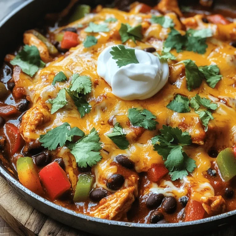 - 450g Hähnchenbrustfilet, ohne Haut und Knochen, gewürfelt - 2 Esslöffel Olivenöl - 1 mittlere Zwiebel, gewürfelt - 3 Knoblauchzehen, fein gehackt - 1 Paprika (jede Farbe), gewürfelt - 1 Dose (425g) schwarze Bohnen, abgetropft und gewaschen - 1 Dose (280g) Enchilada-Sauce - 1 Tasse Maiskörner (frisch, tiefgekühlt oder aus der Dose) - 1 Teelöffel gemahlener Kreuzkümmel - 1 Teelöffel Chilipulver - Salz und Pfeffer nach Geschmack - 1 Tasse geriebener Käse (Cheddar oder mexikanische Mischung) - Frischer Koriander, gehackt (zum Garnieren) - Sauerrahm (zum Servieren, optional) - Schwarze Bohnen bringen eine tolle Textur und machen das Gericht nahrhaft. - Mais gibt einen süßen Kontrast und macht das Gericht bunter. - Käse lässt alles zusammen schmelzen und sorgt für einen herzhaften Geschmack. Garnieren Sie mit frischem Koriander für Frische. - Wenn Sie kein Hähnchen möchten, nutzen Sie Rindfleisch oder Pute. - Für eine vegetarische Option können Sie Tofu oder mehr Gemüse verwenden. - Experimentieren Sie mit Gewürzen wie Paprika oder Oregano, um mehr Geschmack zu erzielen. Kombinieren Sie diese Zutaten, um Ihre eigene Version der Hähnchen Enchilada-Pfanne zu kreieren. Für das vollständige Rezept, sehen Sie sich das [Full Recipe] an. Zuerst bereiten wir das Hähnchen und das Gemüse vor. Schneiden Sie 450g Hähnchenbrustfilet in kleine Würfel. Das macht das Kochen schneller und einfacher. Dann würfeln Sie eine mittlere Zwiebel und eine Paprika Ihrer Wahl. Hacken Sie drei Knoblauchzehen fein. Messen Sie alle Zutaten ab und stellen Sie sie bereit. So haben Sie alles griffbereit, wenn es ans Kochen geht. Das spart Zeit und macht das Kochen angenehmer. Erhitzen Sie zwei Esslöffel Olivenöl in einer großen Pfanne bei mittlerer Hitze. Fügen Sie die gewürfelten Hähnchenstücke hinzu. Braten Sie sie etwa 5-7 Minuten, bis sie goldbraun sind. Vergessen Sie nicht, mit Salz und Pfeffer zu würzen. Nehmen Sie das Hähnchen aus der Pfanne und stellen Sie es beiseite. In derselben Pfanne fügen Sie die Zwiebel und die Paprika hinzu. Braten Sie das Gemüse für ca. 5 Minuten, bis es weich ist. Geben Sie dann den gehackten Knoblauch hinzu und braten Sie ihn für 1-2 Minuten, bis er aromatisch ist. Jetzt ist es Zeit, alle Zutaten zu vermischen. Geben Sie die schwarzen Bohnen, den Mais, die Enchilada-Sauce, den Kreuzkümmel und das Chilipulver zurück in die Pfanne. Fügen Sie das gebratene Hähnchen hinzu und mischen Sie alles gut. Lassen Sie die Mischung zum Simmern bringen und köcheln Sie für etwa 5 Minuten. Streuen Sie eine Tasse geriebenen Käse gleichmäßig über die Mischung in der Pfanne. Decken Sie die Pfanne ab und lassen Sie den Käse für 3-5 Minuten schmelzen, bis er blubbernd ist. Nehmen Sie die Pfanne vom Herd. Garnieren Sie das Gericht mit frischem Koriander. Servieren Sie die Hähnchen Enchilada-Pfanne direkt aus der Pfanne für einen rustikalen Look. Fügen Sie optional einen Klecks Sauerrahm hinzu. Dieses Gericht ist einfach und macht viel Freude beim Essen! Für die besten Hähnchenstücke brate ich sie in heißem Olivenöl. Das sorgt für eine schöne Bräunung. Verwende eine große Pfanne, so bleibt genug Platz. Achte darauf, die Stücke nicht zu überladen. So garen sie gleichmäßig. Um das Hähnchen saftig zu halten, brate es nicht zu lange. Fünf bis sieben Minuten sind meist genug. Danach lasse ich es kurz ruhen. So bleibt der Saft im Fleisch. Um Zeit zu sparen, bereite die Zutaten vor. Schneide das Hähnchen und das Gemüse im Voraus. Das macht den Kochprozess schneller. Ein weiterer Tipp ist, alle Zutaten auf einmal in die Pfanne zu geben. So vermeidest du viele Töpfe und Pfannen. Das spart nicht nur Zeit, sondern auch Geschirr. Um den Geschmack zu intensivieren, nutze frische Kräuter. Petersilie oder Koriander passen gut zu diesem Gericht. Auch Gewürze wie Paprika oder Oregano bringen mehr Aroma. Für die Enchilada-Sauce wähle eine mit viel Geschmack. Eine gute Sauce macht den Unterschied. Achte auf die Zutatenliste. Eine hochwertige Sauce kann dein Gericht aufwerten. Weitere Tipps findest du im [Full Recipe]. {{image_4}} Wenn du eine glutenfreie Option suchst, kannst du glutenfreie Enchilada-Sauce verwenden. Diese ist oft in Supermärkten erhältlich oder du kannst sie leicht selbst machen. Statt normaler Tortillas kannst du Mais-Tortillas wählen. Diese sind nicht nur glutenfrei, sondern auch lecker. Jeder hat einen anderen Geschmack. Du kannst die Gewürze leicht anpassen. Für einen milden Geschmack nimm weniger Chilipulver. Wenn du es schärfer magst, füge mehr hinzu. Du kannst auch milde oder scharfe Saucen verwenden. So findest du den perfekten Mix für deinen Gaumen. Wenn du eine vegetarische Variante willst, nimm pflanzliche Alternativen zum Hähnchen. Du kannst Tofu oder Kichererbsen verwenden. Füge auch mehr Gemüse hinzu. Zucchini, Spinat und Pilze passen gut. Diese Änderungen machen das Gericht bunt und schmackhaft. Probiere die volle Rezeptvariante für mehr Ideen! Um Reste der Hähnchen Enchilada-Pfanne frisch zu halten, lagern Sie sie in luftdichten Behältern. So bewahren Sie den Geschmack und die Feuchtigkeit. Stellen Sie sicher, dass die Reste abgekühlt sind, bevor Sie sie in den Kühlschrank stellen. Im Kühlschrank hält sich die Hähnchen Enchilada-Pfanne etwa 3 bis 4 Tage. Wenn Sie es länger aufbewahren möchten, können Sie das Gericht auch einfrieren. Dafür teilen Sie die Portionen auf und verwenden Sie gefriergeeignete Behälter oder Beutel. Um die Enchilada-Pfanne wieder aufzuwärmen, nutzen Sie eine Pfanne oder die Mikrowelle. In der Pfanne bei mittlerer Hitze dauert es etwa 5 bis 10 Minuten. In der Mikrowelle erhitzen Sie die Portionen in kurzen Intervallen. So bleibt die Textur schön und der Geschmack frisch. Achten Sie darauf, das Gericht gleichmäßig zu erwärmen, damit es nicht austrocknet. Die Zubereitung einer Hähnchen Enchilada-Pfanne dauert etwa 15 Minuten. Das Kochen nimmt zusätzliche 15 Minuten in Anspruch. Insgesamt sind es also 30 Minuten. Diese schnelle Zeit macht das Rezept perfekt für ein schnelles Abendessen. Ja, du kannst andere Fleischsorten verwenden. Rindfleisch oder Pute sind gute Alternativen. Du musst sie einfach in der Pfanne braten, bis sie gut durchgegart sind. Achte darauf, die Garzeit etwas anzupassen. So bleibt das Fleisch saftig und lecker. Ja, du kannst das Rezept leicht vegetarisch machen. Ersetze das Hähnchen durch Tofu oder mehr Bohnen. Du kannst auch zusätzliche Gemüse wie Zucchini oder Champignons hinzufügen. So bleibt der Geschmack reichhaltig und voller Textur. Diese Anleitung macht die Zubereitung von Hähnchen Enchiladas einfach und schmackhaft. Wir haben die Hauptzutaten, die Zubereitung und wertvolle Tipps behandelt. Variationen und Lagermöglichkeiten erweitern die Flexibilität des Rezepts. Nutze diese Ideen, um deinen eigenen Geschmack zu treffen. Probiere verschiedene Zutaten oder Geschmäcker aus. So wird jedes Mal ein neues Gericht entstehen. Genieß die Zeit beim Kochen und teile deine Kreationen!