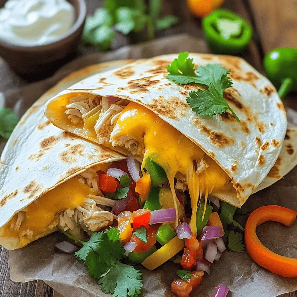 Für die Quesadillas brauche ich frische und einfache Zutaten. Hier ist, was ich verwende: - 2 Tassen gekochtes, zerrissenes Hühnchen - 1 Tasse geriebener Cheddar-Käse - 1 Tasse geriebener Monterey Jack-Käse - 1/2 Tasse Paprika, fein gehackt (beliebige Farbe) - 1/2 Tasse rote Zwiebel, fein gehackt - 4 große Weizentortillas Diese Zutaten bieten die Basis für einen tollen Geschmack und Textur. Das zerrissene Hühnchen gibt mir eine saftige Füllung. Die Käse sorgen für den perfekten Schmelz. Um den Quesadillas mehr Geschmack zu geben, füge ich einige Gewürze hinzu: - 1 Teelöffel Kreuzkümmel - 1/2 Teelöffel Chilipulver - 1/4 Teelöffel Knoblauchpulver - Salz und Pfeffer nach Geschmack Diese Gewürze sind einfach und leicht zu finden. Sie bringen die Aromen zum Leben. Ich liebe, wie der Kreuzkümmel und das Chilipulver gut zusammenpassen. Ich serviere die Quesadillas oft mit frischem Koriander, saurer Sahne und Salsa. Das gibt einen schönen Kontrast zu den warmen Quesadillas. - Frischer Koriander zur Garnierung - Saure Sahne zum Dippen - Salsa für extra Geschmack Ich empfehle, die Quesadillas heiß zu genießen. So schmecken sie am besten! Wenn du mehr über die Zubereitung erfahren möchtest, schau dir das [Full Recipe] an. Zuerst sammeln wir alle Zutaten. Das macht das Kochen einfacher. Du brauchst: - 2 Tassen gekochtes, zerrissenes Hühnchen - 1 Tasse geriebener Cheddar-Käse - 1 Tasse geriebener Monterey Jack-Käse - 1/2 Tasse fein gehackte Paprika - 1/2 Tasse fein gehackte rote Zwiebel - 1 Teelöffel Kreuzkümmel - 1/2 Teelöffel Chilipulver - 1/4 Teelöffel Knoblauchpulver - Salz und Pfeffer nach Geschmack - 4 große Weizentortillas - 2 Esslöffel Olivenöl - Frischer Koriander zur Garnierung - Saure Sahne und Salsa zum Servieren Mische das Hühnchen, die Käsesorten, die Paprika und die Zwiebel in einer großen Schüssel. Füge die Gewürze hinzu und vermenge alles gut. Erhitze 1 Esslöffel Olivenöl in einer Pfanne bei mittlerer Hitze. Lege eine Tortilla in die Pfanne. Verteile die Hälfte der Mischung gleichmäßig auf eine Seite. Klappe die Tortilla zu und brate sie 3-4 Minuten. Sie sollte goldbraun sein. Drehe die Quesadilla vorsichtig um. Brate die andere Seite für weitere 3-4 Minuten, bis der Käse schmilzt. Nimm die Quesadilla aus der Pfanne. Lass sie eine Minute ruhen, bevor du sie schneidest. Wiederhole den Vorgang mit den restlichen Tortillas und der Füllung. Füge nach Bedarf mehr Olivenöl hinzu. Schneide die Quesadillas in Stücke. Verwende dafür ein scharfes Messer. Serviere sie warm. Garniere sie mit frischem Koriander. Biete saure Sahne und Salsa zum Dippen an. Diese einfache Zubereitung macht das Essen besonders lecker. Du kannst das gesamte Rezept [Full Recipe] für mehr Details nachlesen. Um die besten Quesadillas zu machen, achte auf die Zutaten. Verwende frisches Hühnchen und hochwertigen Käse. Ich empfehle, Cheddar und Monterey Jack zu mischen. Diese Käse schmelzen gut und geben tollen Geschmack. Die Tortilla sollte dünn sein, damit sie knusprig wird. Erhitze die Pfanne gut, bevor du die Tortilla hinlegst. So bleibt sie nicht kleben und wird schön goldbraun. Ein häufiges Problem beim Braten ist, dass die Quesadilla an der Pfanne kleben bleibt. Um das zu verhindern, benutze eine antihaftbeschichtete Pfanne. Erhitze das Öl gleichmäßig. Zu viel Öl macht die Quesadilla fettig, während zu wenig dazu führt, dass sie anbrennt. Achte darauf, die Quesadilla nicht zu früh zu wenden. Lass sie zuerst gut braten, damit der Käse schmelzen kann. Käse ist der Star der Quesadilla. Du kannst verschiedene Käsesorten ausprobieren. Feta oder Gouda bringen neue Aromen. Für mehr Würze, füge Pepper Jack hinzu. Das gibt einen leichten Kick. Du kannst auch frischen Mozzarella nutzen, für eine cremige Textur. Experimentiere mit verschiedenen Käsesorten, um deinen perfekten Geschmack zu finden. {{image_4}} Wenn Sie eine vegetarische Option wünschen, können Sie das Hühnchen einfach weglassen. Stattdessen verwenden Sie verschiedene Gemüse wie Spinat, Zucchini oder Pilze. Diese Optionen sind leicht und lecker. Fügen Sie auch mehr Käse hinzu, um den Geschmack zu verstärken. Eine Mischung aus Cheddar und Monterey Jack funktioniert gut. Das gibt Ihnen eine cremige und köstliche Füllung. Sie können Ihrer Quesadilla noch mehr Geschmack verleihen. Probieren Sie schwarze Bohnen oder Mais aus, um mehr Textur zu haben. Auch Avocado passt gut dazu. Diese Zutaten geben der Quesadilla einen frischen und herzhaften Geschmack. Denken Sie daran, die Füllungen gut zu würzen. So wird jede Biss ein Genuss. Saucen können den Geschmack Ihrer Quesadillas verändern. Sie können zum Beispiel scharfe Salsa, guacamole oder eine cremige Jalapeño-Soße verwenden. Jeder Dip hat seinen eigenen Charakter. So können Sie Ihre Quesadillas immer wieder neu erfinden. Nutzen Sie die Gelegenheit, verschiedene Kombinationen auszuprobieren. Das macht das Essen noch spannender. Wenn Sie mehr Inspiration möchten, schauen Sie sich das Full Recipe an. Um Reste der Chicken Quesadillas frisch zu halten, lassen Sie sie zuerst abkühlen. Wickeln Sie jede Quesadilla in Frischhaltefolie oder Aluminiumfolie ein. Legen Sie sie dann in einen luftdichten Behälter. So bleiben sie gut geschützt vor Luft und Feuchtigkeit. Um die Quesadillas aufzuwärmen, verwenden Sie eine Pfanne. Erhitzen Sie die Pfanne bei mittlerer Hitze. Legen Sie die Quesadilla hinein und braten Sie sie für 2 bis 3 Minuten auf jeder Seite. Dies sorgt dafür, dass sie knusprig bleibt. Eine andere Möglichkeit ist die Mikrowelle. Legen Sie die Quesadilla auf einen mikrowellengeeigneten Teller. Decken Sie sie mit einem feuchten Papiertuch ab und erhitzen Sie sie für 30 Sekunden. Im Kühlschrank bleiben die Quesadillas etwa 3 bis 4 Tage frisch. Wenn Sie sie länger aufbewahren möchten, frieren Sie sie ein. Im Gefrierschrank halten sie bis zu 2 Monate. Stellen Sie sicher, dass sie gut verpackt sind, damit sie nicht austrocknen. Wenn Sie bereit sind, sie zu essen, tauen Sie sie im Kühlschrank auf und wärmen Sie sie dann auf. So schmecken sie fast wie frisch gemacht. Um glutenfreie Quesadillas zu machen, nutzen Sie glutenfreie Tortillas. Diese sind oft aus Mais oder Reis. Achten Sie beim Kauf auf die Zutaten. Viele Marken bieten tolle Alternativen. Füllen Sie die Tortillas wie im Rezept beschrieben. Braten Sie sie wie gewohnt. So genießen Sie den Geschmack ohne Gluten. Ja, Sie können die Quesadillas auch im Ofen machen. Heizen Sie den Ofen auf 200 Grad Celsius vor. Legen Sie die gefüllten Tortillas auf ein Backblech. Backen Sie sie 10 Minuten lang. Wenden Sie die Quesadillas nach der Hälfte der Zeit um. So erhalten Sie eine knusprige Textur. Es gibt viele leckere Beilagen für Quesadillas. Hier sind einige Ideen: - Guacamole - Salsa - Saure Sahne - Frischer Salat - Nachos Diese Beilagen ergänzen den Geschmack der Quesadillas perfekt. Sie machen das Essen noch abwechslungsreicher. Easy Chicken Quesadillas sind einfach zuzubereiten und schmecken lecker. Wir haben die Zutaten, die Zubereitung und Tipps besprochen. Du kannst kreative Variationen und tolle Beilagen ausprobieren. Das Aufbewahren der Reste ist auch leicht. Denk daran, deine Quesadillas nach deinem Geschmack anzupassen. Mit diesen Tipps gelingen dir perfekte Quesadillas immer. Viel Spaß beim Kochen und Genießen!