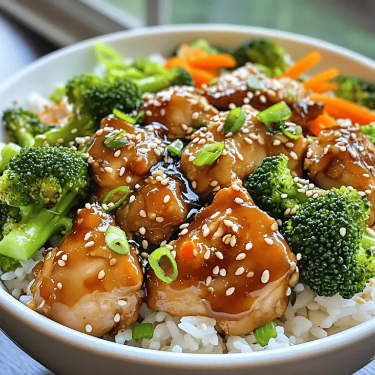 - Hähnchenschenkel und deren Bedeutung für den Geschmack Hähnchenschenkel sind saftig und zart. Ihr höherer Fettanteil sorgt für viel Geschmack. Das macht sie perfekt für unseren Teriyaki-Hühnchen-Reis-Bowl. Wenn du die Hähnchenschenkel richtig anbrätst, bekommst du eine schöne goldene Kruste. Diese Kruste bringt noch mehr Aromen in das Gericht. - Der Einfluss von Jasminreis auf das Gericht Jasminreis hat ein feines Aroma und eine weiche Textur. Er passt perfekt zu den süßen und herzhaften Aromen der Teriyaki-Sauce. Wenn du den Reis richtig zubereitest, bleibt er locker und fluffig. So wird er zum idealen Begleiter für das Hühnchen und das Gemüse. - Würzkomponenten: Sojasauce, Honig, und Reisessig Diese drei Zutaten sind das Herz der Teriyaki-Sauce. Sojasauce gibt den Umami-Geschmack. Honig bringt die süße Note, die das Gericht ausgleicht. Reisessig sorgt für die nötige Säure. Diese Mischung macht die Sauce so lecker und gibt dem Gericht einen besonderen Kick. Die Kombination dieser Zutaten ist entscheidend für den vollen Geschmack deines Teriyaki-Hühnchen-Reis-Bowls. Du findest die vollständige Anleitung in der [Full Recipe]. Zuerst spüle den Jasminreis unter kaltem Wasser ab. Das Wasser sollte klar sein. So entfernst du überschüssige Stärke. Danach nimm einen mittleren Topf. Vermische den Reis mit Wasser oder Hühnerbrühe. Du brauchst zwei Tassen Flüssigkeit für eine Tasse Reis. Bringe alles zum Kochen. Sobald es kocht, reduziere die Hitze. Decke den Topf ab und lasse es 15 Minuten köcheln. Die Flüssigkeit sollte dabei vollständig aufgesogen werden. Danach nimm den Topf vom Herd. Lass den Reis weitere 5 Minuten abgedeckt ruhen. So wird der Reis schön locker. Tipps für das perfekte Ergebnis: - Verwende frischen Jasminreis für den besten Geschmack. - Achte darauf, die Hitze nicht zu hoch einzustellen. So wird der Reis nicht matschig. Jetzt kommen wir zur Teriyaki-Sauce. Du brauchst folgende Zutaten: - 1/4 Tasse Sojasauce - 1/4 Tasse Honig oder Ahornsirup - 2 Esslöffel Reisessig - 1 Esslöffel frisch geriebener Ingwer - 2 Zehen gehackter Knoblauch Gib alle Zutaten in eine Schüssel. Mische sie gut zusammen. Die Sojasauce bringt den salzigen Geschmack. Der Honig sorgt für die Süße. Reisessig fügt eine leichte Säure hinzu. Ingwer und Knoblauch geben der Sauce den besonderen Kick. Anweisungen zur Mischung: - Mische die Zutaten kräftig, bis alles gut vermengt ist. So aktivierst du die Aromen. Für das Hähnchen brauchst du 500g Hähnchenschenkel. Schneide sie in mundgerechte Stücke. Erhitze eine große Pfanne oder einen Wok. Füge 1 Esslöffel Sesamöl hinzu und wärme es bei mittlerer Hitze. Wenn das Öl heiß ist, füge die Hähnchenstücke hinzu. Brate sie 6-8 Minuten lang an, bis sie goldbraun sind. Gieße nun die vorbereitete Teriyaki-Sauce über das Hähnchen. Mische alles gut. Um die Sauce zu verdicken, nimm 1 Esslöffel Maizena und vermische ihn mit 2 Esslöffeln Wasser. Füge diese Mischung zur Pfanne hinzu. Lass die Mischung 2-3 Minuten köcheln, bis die Sauce glänzt. Tipps für die richtige Brattemperatur: - Achte darauf, dass das Öl heiß ist, bevor du das Hähnchen hinzufügst. So bleibt es saftig. Füge nun 1 Tasse Brokkoli und 1 Karotte hinzu. Rühre alles gut um. Lass das Gemüse kurz mit der Sauce erwärmen. Jetzt kannst du den gekochten Jasminreis auf Teller verteilen. Toppe ihn mit der Teriyaki-Hühnchen-Mischung. Garniere alles mit Frühlingszwiebeln und Sesamsamen. Für das vollständige Rezept, schau dir die Anleitung im Abschnitt "Herzhafter Teriyaki-Hühnchen-Reis-Bowl" an. Um ein saftiges Hähnchen zu braten, ist die richtige Temperatur wichtig. Beginne mit mittlerer Hitze. So bleibt das Hähnchen zart und saftig. Verwende frische Hähnchenschenkel. Sie geben mehr Geschmack als Brustfilets. Wähle das Gemüse sorgfältig aus. Brokkoli und Karotten bringen Farbe und Textur. Du kannst auch Paprika oder Zucchini verwenden. Diese Gemüsesorten fügen einen süßen Geschmack hinzu. Achte darauf, das Gemüse nicht zu lange zu garen. Es soll knackig bleiben. Für vegane Optionen kannst du Tofu anstelle von Hähnchen nehmen. Mariniere den Tofu in der gleichen Teriyaki-Sauce, um den vollen Geschmack zu genießen. Wenn du andere Süßungsmittel ausprobieren möchtest, nutze Agavendicksaft oder Kokosblütenzucker. Diese Varianten geben der Sauce eine neue Tiefe. Du kannst auch Gewürze wie Chili oder Pfeffer hinzufügen, um etwas Schärfe zu bringen. Für mehr Informationen zur Zubereitung und Zutaten empfehle ich dir die [Full Recipe]. Lass deiner Kreativität freien Lauf! {{image_4}} Wenn du eine vegetarische oder vegane Option suchst, probiere Tofu oder Tempeh. Tofu hat eine tolle Textur und nimmt den Geschmack der Sauce gut auf. Tempeh hat einen nussigen Geschmack und ist sehr proteinreich. Du kannst die Hähnchenstücke einfach durch diese Alternativen ersetzen. Für die Sauce kannst du die Honig- oder Ahornsirup-Option anpassen. Nutze Agavendicksaft oder Kokosblütenzucker, um die Sauce süß zu machen. Achte darauf, dass die Sojasauce vegan ist. Diese kleinen Änderungen machen den Teriyaki-Hühnchen-Reis-Bowl für alle geeignet. Reis ist ein wichtiger Teil dieses Gerichts. Du kannst Jasminreis verwenden, aber auch Quinoa oder braunen Reis ausprobieren. Quinoa ist nahrhaft und hat einen besonderen Biss. Brauner Reis hat mehr Ballaststoffe und gibt dir ein herzhaftes Gefühl. Du kannst auch mit exotischen Reissorten spielen. Probiere roten Reis oder schwarzes Klebereis für eine spannende Farb- und Geschmacksvariation. Diese Variationen bringen Abwechslung auf den Teller und machen das Gericht noch interessanter. Zusätzliche Toppings können deinen Reis-Bowl aufpeppen. Frische Kräuter wie Koriander oder Minze sorgen für einen tollen Geschmack. Auch geröstete Erdnüsse oder Cashews geben einen schönen Crunch. Ein einfacher Salat passt gut dazu. Mache einen Gurkensalat mit Reisessig und Sesamöl. Eine klare Suppe mit Gemüse ist auch eine gute Beilage. Diese Optionen ergänzen die Aromen und machen das Essen noch köstlicher. Um den Geschmack Ihres Teriyaki-Hühnchen-Reis-Bowls zu bewahren, ist die richtige Lagerung wichtig. Lagern Sie die Reste in einem luftdichten Behälter im Kühlschrank. So bleibt das Gericht frisch. Es hält sich dort etwa drei bis vier Tage. Vermeiden Sie es, den Reis und das Hühnchen getrennt zu lagern, da dies den Geschmack beeinträchtigen kann. Fügen Sie auch ein wenig Wasser hinzu, wenn Sie den Reis lagern. Das hilft, ihn feucht zu halten. Um den Teriyaki-Hühnchen-Reis-Bowl aufzuwärmen, nutzen Sie die Mikrowelle oder eine Pfanne. In der Mikrowelle erwärmen Sie das Gericht bei mittlerer Hitze. Decken Sie die Schüssel ab, um das Austrocknen zu verhindern. In einer Pfanne können Sie das Gericht bei niedriger Hitze aufwärmen. Fügen Sie ein wenig Wasser oder Brühe hinzu, um die Sauce wieder flüssig zu machen. Dies sorgt für den besten Geschmack und die richtige Konsistenz. Durch diese einfachen Tipps bleibt Ihr Teriyaki-Hühnchen-Reis-Bowl immer lecker und frisch. Der Teriyaki-Hühnchen-Reis-Bowl hält sich gut im Kühlschrank. Du kannst ihn bis zu drei Tage aufbewahren. Achte darauf, ihn in einem luftdichten Behälter zu lagern. Der Kühlschrank sollte zwischen 0 und 4 Grad Celsius sein. So bleibt der Geschmack frisch und lecker. Vor dem Essen einfach aufwärmen, bis das Gericht heiß ist. Ja, du kannst andere Fleischsorten verwenden. Rindfleisch und Schweinefleisch sind gute Alternativen. Für Rindfleisch empfehle ich dünne Scheiben. Das Fleisch solltest du kurz anbraten, um es zart zu halten. Schweinefleisch kann in Würfel geschnitten werden. Auch Geflügel wie Pute ist möglich. Halte die Garzeit im Blick, damit das Fleisch nicht trocken wird. Die besten Teriyaki-Saucen findest du in gut sortierten Supermärkten. Achte auf die Zutatenliste. Eine gute Sauce hat keine künstlichen Zusatzstoffe. Schau nach Marken, die natürliche Zutaten verwenden. Online-Shops bieten oft eine große Auswahl. Probiere verschiedene Saucen aus, um deine Lieblingssorte zu finden. Um den Reis fluffiger zu machen, spüle ihn gut ab. So entfernst du überschüssige Stärke. Dies hilft, den Reis locker zu halten. Koche den Reis mit der richtigen Menge Wasser. Ein Verhältnis von 1 Tasse Reis zu 2 Tassen Wasser ist ideal. Lass den Reis nach dem Kochen einige Minuten ruhen. Verwende eine Gabel, um ihn aufzulockern. So wird dein Reis perfekt! In diesem Artikel haben wir die Hauptzutaten für den Teriyaki-Hühnchen-Reis-Bowl erkundet. Ich habe Ihnen die Zubereitung des Jasminreises und der Teriyaki-Sauce erklärt. Auch die Anbrat-Techniken für das Hähnchen und Tipps zur perfekten Sauce haben wir behandelt. Denken Sie daran, dass kleine Änderungen große Unterschiede machen können. Probieren Sie verschiedene Gemüse oder Reisarten aus. Nutzen Sie meine Tipps zur Lagerung und Aufwärmung für besten Geschmack. So wird Ihr Gericht immer ein Hit!
