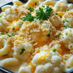 - 1 großer Kopf Blumenkohl - 1 Tasse Ellbogen-Makkaroni oder glutenfreie Pasta - 2 Tassen geriebener scharfer Cheddar-Käse Die Hauptzutaten sind einfach, aber wichtig. Blumenkohl ist gesund und gibt eine tolle Textur. Die Ellbogen-Makkaroni bieten den perfekten Biss. Der scharfe Cheddar-Käse bringt einen kräftigen Geschmack. Es ist eine großartige Mischung! - 1 Tasse geriebener Parmesan-Käse - 2 Tassen Milch (oder pflanzliche Alternative) - 1/4 Tasse ungesalzene Butter Zusätzliche Zutaten machen das Gericht cremig. Parmesan fügt Tiefe und einen tollen Umami-Geschmack hinzu. Die Milch sorgt für die richtige Konsistenz. Butter macht alles reichhaltiger und schmackhafter. - 1/4 Tasse Allzweckmehl oder glutenfreies Mehl - Knoblauchpulver, Zwiebelpulver, Senfpulver - 1/2 Tasse Semmelbrösel (für die Oberseite) - Frische Petersilie zur Garnierung Die Gewürze sind der Schlüssel zum Geschmack. Sie geben der Käsesoße einen tollen Kick. Semmelbrösel sind optional, aber sie machen eine knusprige Kruste. Frische Petersilie sieht gut aus und bringt Farbe. Für das komplette Rezept, schau dir die [Full Recipe] an. Zuerst schneide ich den Blumenkohl in kleine Röschen. Das macht das Kochen einfacher. Ich bringe einen großen Topf mit gesalzenem Wasser zum Kochen. Sobald das Wasser kocht, gebe ich die Blumenkohlröschen hinein. Ich blanchiere sie für etwa 3 bis 4 Minuten. Sie sollen zart, aber noch fest bleiben. Nach dem Blanchieren nehme ich die Röschen mit einem Schaumlöffel heraus und lege sie beiseite. Jetzt ist die Pasta dran. Ich nutze Ellbogen-Makkaroni, weil sie gut in die Käsesoße passen. Im selben Topf wie den Blumenkohl gebe ich die Makkaroni ins kochende Wasser. Ich koche sie nach den Anweisungen auf der Verpackung, bis sie al dente sind. Nach dem Abgießen stelle ich sie ebenfalls beiseite. Für die Käsesoße schmelze ich zuerst die Butter in einem mittelgroßen Topf bei mittlerer Hitze. Wenn die Butter geschmolzen ist, rühre ich das Mehl ein und mache eine Mehlschwitze. Ich koche das Ganze für 1 bis 2 Minuten, bis es leicht goldbraun wird. Dann füge ich langsam die Milch hinzu und rühre dabei stetig, um Klumpen zu vermeiden. Ich koche die Mischung, bis sie dick wird und Blasen wirft, was etwa 5 bis 7 Minuten dauert. Jetzt kommt der Käse. Ich reduziere die Hitze auf niedrig und füge den scharfen Cheddar und Parmesan hinzu. Ich rühre, bis der Käse geschmolzen ist und die Soße glatt wird. Zum Schluss gebe ich Knoblauchpulver, Zwiebelpulver, Senfpulver, Salz und Pfeffer nach Geschmack hinzu. In einer großen Schüssel vermenge ich die abgetropfte Pasta und die blanchierten Blumenkohlröschen. Dann gieße ich die Käsesoße darüber. Ich rühre gründlich um, bis alles gut vermischt ist. Wenn ich eine knusprige Oberseite möchte, heize ich den Ofen auf 175 °C vor. Ich gebe die Mischung in eine gefettete Auflaufform. Dann streue ich die Semmelbrösel gleichmäßig darüber. Ich backe das Ganze 20 bis 25 Minuten oder bis die Oberseite goldbraun ist. Jetzt ist die Blumenkohl-Makkaroni und Käse fertig! Um die perfekte Konsistenz zu erreichen, ist das Verhältnis von Käse und Milch wichtig. Ich empfehle, zwei Tassen Käse mit zwei Tassen Milch zu mischen. Dieses Verhältnis sorgt für eine cremige Soße. Für eine noch reichhaltigere Soße kannst du Sahne hinzufügen. Ein Anteil von einer Tasse Sahne macht deine Käsesoße extra cremig und lecker. Das macht jeden Bissen zu einem echten Genuss. Falls du eine glutenfreie Version machen möchtest, nutze glutenfreie Pasta. Viele Marken bieten schmackhafte Alternativen. Du kannst auch glutenfreies Mehl für die Mehlschwitze verwenden. Wenn du vegan kochen willst, ersetze die Milch durch pflanzliche Milch. Nutze pflanzlichen Käse, um den Käsegeschmack zu erhalten. Auch die Butter kannst du durch vegane Margarine ersetzen. Für eine kalorienreduzierte Variante, reduziere die Menge an Käse. Verwende fettarme Milch und weniger Butter. Das hilft, die Kalorienzahl zu senken, ohne großen Geschmacksverlust. Blumenkohl-Makkaroni passen gut zu frischem Salat oder gedämpftem Gemüse. Diese Beilagen bringen Farbe auf den Teller und machen das Essen leichter. Um deine Blumenkohl-Makkaroni ansprechend zu präsentieren, serviere sie in einer schönen Auflaufform. Streue frische Petersilie darüber für einen Farbtupfer. Wenn du Semmelbrösel verwendest, sorgen diese für eine knusprige Oberseite und eine tolle Textur. Für die vollständige Zubereitung schau dir das [Full Recipe] an. {{image_4}} Für vegane Blumenkohl-Makkaroni wähle pflanzliche Zutaten. Du kannst Blumenkohl wie im Rezept nutzen. Verwende statt Käse eine Mischung aus Nüssen. Cashewkerne sind eine tolle Wahl. Weiche sie ein paar Stunden ein. Püriere sie dann mit etwas Wasser, um eine cremige Soße zu machen. Du kannst auch Hefeflocken für den käsigen Geschmack hinzufügen. Nutze pflanzliche Milch für die Soße. Für eine glutenfreie Version verwende spezielle glutenfreie Pasta. Es gibt viele Marken, die gute Optionen bieten. Achte darauf, dass du die Packungsanweisungen befolgst. Du kannst auch Zucchini oder Karotten in Streifen schneiden und sie statt Pasta verwenden. Diese Gemüsesorten sind gesund und lecker. Das sorgt für einen zusätzlichen Nährstoffkick. Du kannst das Rezept noch interessanter gestalten. Füge Gemüse wie Brokkoli, Spinat oder Erbsen hinzu. Diese Zutaten bringen mehr Farbe und Geschmack. Proteine sind auch eine gute Idee. Gegrilltes Hähnchen oder gebratene Tofuwürfel passen gut. So wird dein Gericht noch nahrhafter. Sei kreativ und probiere neue Kombinationen aus! Um die Reste Ihrer Blumenkohl-Makkaroni gut zu lagern, verwenden Sie einen luftdichten Behälter. Lassen Sie das Gericht zuerst abkühlen. Danach füllen Sie es in den Behälter. Stellen Sie sicher, dass der Deckel fest sitzt. Im Kühlschrank halten sich die Reste etwa drei bis fünf Tage. Wenn Sie die Blumenkohl-Makkaroni länger aufbewahren möchten, können Sie sie einfrieren. Lassen Sie das Gericht zuerst abkühlen. Füllen Sie es dann in Gefrierbeutel oder -behälter. Achten Sie darauf, so viel Luft wie möglich zu entfernen. So bleibt die Qualität besser erhalten. Zum Wiederaufwärmen erhitzen Sie es im Ofen bei 180 Grad Celsius. Fügen Sie etwas Milch hinzu, um die Konsistenz zu verbessern. Die Zubereitung ist im Kühlschrank drei bis fünf Tage haltbar. Wenn Sie die Makkaroni einfrieren, können sie bis zu drei Monate lang gut bleiben. Achten Sie beim Auftauen darauf, die Makkaroni im Kühlschrank aufzutauen. So bleibt der Geschmack frisch. Für die besten Ergebnisse genießen Sie die Makkaroni in den ersten Wochen nach dem Einfrieren. Blumenkohl hat viele Vorteile. Er ist reich an Nährstoffen. Er enthält Vitamin C, K und Folsäure. Blumenkohl hat auch wenig Kalorien. Das macht ihn ideal für eine gesunde Ernährung. Zudem ist er ballaststoffreich. Das hilft bei der Verdauung. Er kann die Nahrungsaufnahme reduzieren. So wird das Gericht leicht und lecker. Ja, du kannst die Käsesorten anpassen. Cheddar ist sehr beliebt, aber auch andere Käse passen gut. Zum Beispiel ist Gruyère cremig und gibt einen tollen Geschmack. Mozzarella macht das Gericht schön schmelzend. Feta bringt eine salzige Note. Experimentiere mit verschiedenen Käsesorten, um deinen eigenen Geschmack zu finden. Du kannst mehr Geschmack hinzufügen. Verwende verschiedene Gewürze wie Paprika oder Cayennepfeffer. Diese sorgen für eine kleine Schärfe. Frische Kräuter wie Thymian oder Oregano machen das Gericht frisch. Auch ein Spritzer Zitronensaft kann helfen. Er bringt eine angenehme Säure. Denke daran, deine Käsesoße gut zu würzen, um den besten Geschmack zu erreichen. Für das vollständige Rezept, schau dir die [Full Recipe] an. Blumenkohl-Makkaroni sind gesund und lecker. Wir haben die Hauptzutaten und Zubereitung besprochen. Du kannst auch Anpassungen vornehmen, um dein Gericht zu optimieren. Probiere vegane oder glutenfreie Varianten aus. Denke daran, wie du die Reste lagerst oder einfrierst. Mit den richtigen Tipps wirst du ein köstliches Ergebnis erzielen. Genieße die Vielfalt dieses Gerichts. Lass deinen Kreationen freien Lauf, und viel Spaß beim Kochen!
