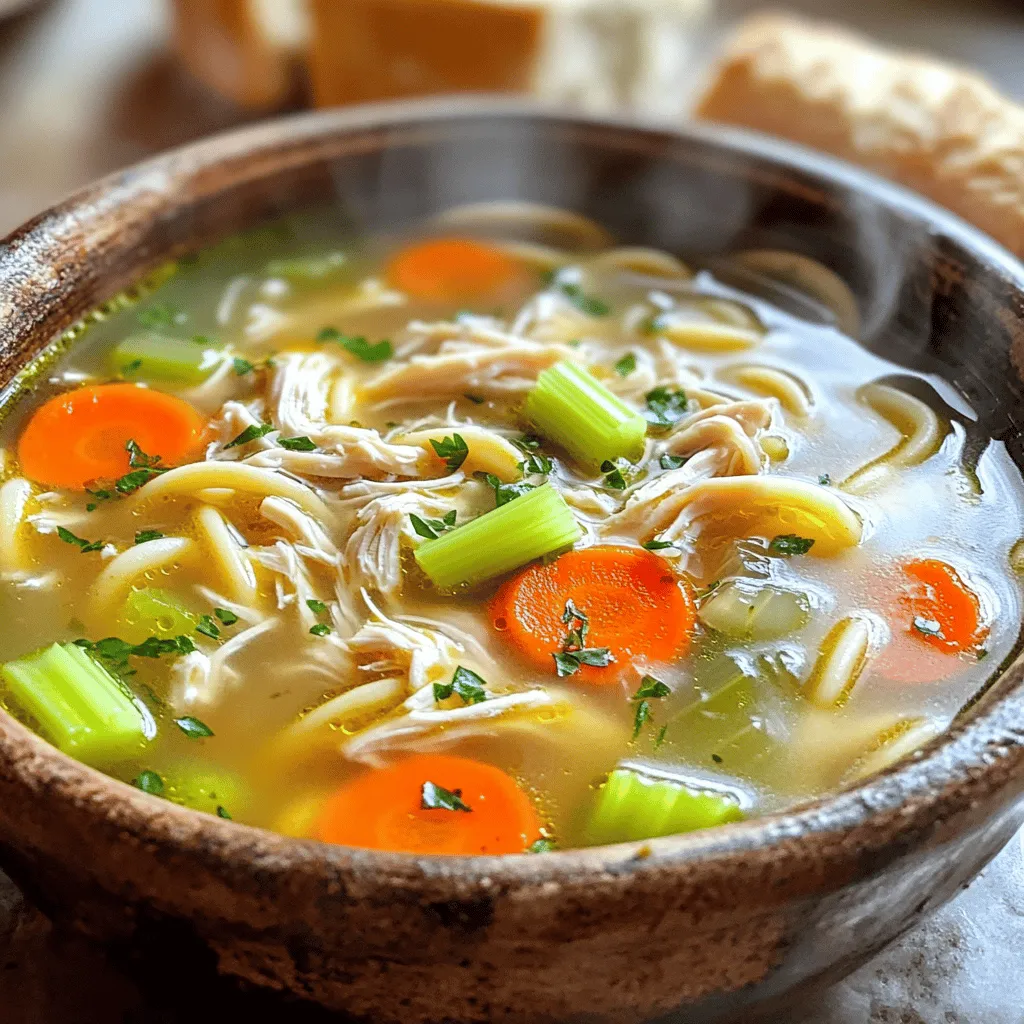 - 2 Esslöffel Olivenöl - 1 mittlere Zwiebel, gewürfelt - 3 Knoblauchzehen, fein gehackt Wir starten mit den Hauptzutaten. Olivenöl bringt gesunde Fette in die Suppe. Die Zwiebel sorgt für einen süßen und herzhaften Geschmack. Der Knoblauch gibt der Suppe ein tolles Aroma. - 2 mittlere Karotten, in Scheiben geschnitten - 2 Stangen Sellerie, in Scheiben geschnitten Gemüse ist wichtig für die Frische der Suppe. Karotten fügen Süße hinzu und geben Farbe. Sellerie bringt einen knackigen Biss und viel Geschmack. - 1 Teelöffel getrockneter Thymian - 1 Teelöffel getrockneter Oregano - 1 Lorbeerblatt - 6 Tassen Hühnerbrühe Gewürze machen die Suppe besonders. Thymian und Oregano sorgen für einen tollen Kräutergeschmack. Das Lorbeerblatt gibt der Brühe Tiefe. Hühnerbrühe ist die Basis für alles. Sie gibt der Suppe ihren herzhaften Charakter. - 2 Tassen gekochtes Hühnerfleisch, zerkleinert - 2 Tassen Eiernudeln - Salz und Pfeffer nach Geschmack - Frische Petersilie, gehackt zur Garnierung Hühnerfleisch macht die Suppe sättigend. Gekochtes Hühnerfleisch ist ideal, besonders von einem Rotisserie-Hähnchen. Eiernudeln fügen eine schöne Textur hinzu. Salz und Pfeffer runden den Geschmack ab. Frische Petersilie bringt Farbe und Frische. Schau dir das [Full Recipe] an, um die Suppe einfach selbst zu kochen! Zuerst schneide das Gemüse. Nimm zwei Karotten und zwei Selleriestangen. Schneide sie in kleine Stücke. Dann zerkleinere das gekochte Hühnerfleisch. Rotisserie-Hähnchen ist eine gute Wahl. Es gibt viel Geschmack und macht die Arbeit leicht. Erhitze zwei Esslöffel Olivenöl in einem großen Topf. Füge eine gewürfelte Zwiebel hinzu und brate sie etwa fünf Minuten an. Die Zwiebel sollte glasig werden. Jetzt kannst du drei fein gehackte Knoblauchzehen hinzufügen. Brate den Knoblauch eine weitere Minute an, bis er gut riecht. Jetzt ist es Zeit für die anderen Zutaten. Gib die geschnittenen Karotten und Sellerie in den Topf. Lasse alles etwa vier bis fünf Minuten kochen. Die Gemüse sollten leicht weich werden. Streue dann einen Teelöffel getrockneten Thymian und einen Teelöffel getrockneten Oregano darüber. Füge ein Lorbeerblatt hinzu und rühre gut um. Danach gieße sechs Tassen Hühnerbrühe in den Topf. Bring die Mischung zum Kochen. Sobald die Brühe kocht, fügst du das zerkleinerte Hühnerfleisch und zwei Tassen Eiernudeln hinzu. Rühre alles gut um. Reduziere die Hitze und lasse die Suppe etwa zehn Minuten simmern. So werden die Nudeln gar und nehmen den Geschmack auf. Schmecke die Suppe mit Salz und Pfeffer ab. Du kannst die Menge nach deinem Geschmack anpassen. Entferne das Lorbeerblatt vor dem Servieren. Jetzt ist die Suppe bereit! Sie sieht nicht nur gut aus, sondern schmeckt auch lecker. Du kannst sie mit frischer Petersilie garnieren. So bekommt sie noch mehr Farbe und Geschmack. Um den Geschmack deiner Hühnersuppe zu verbessern, nutze frische Kräuter. Frische Petersilie oder Thymian bringen lebendige Aromen. Diese Kräuter fügen Frische hinzu und machen die Suppe noch köstlicher. Du kannst auch Hühnerfleisch von Rotisserie-Hähnchen verwenden. Dieses Fleisch hat einen tollen, rauchigen Geschmack. Es spart dir auch Zeit, da es bereits gekocht ist. Bereite die Suppe am Abend vorher zu. Schneide das Gemüse und das Hühnerfleisch vor. So sparst du Zeit am Kochtag. Koche die Suppe und lass sie abkühlen. Stelle sie dann in den Kühlschrank. Am nächsten Tag schmeckt sie sogar noch besser, wenn die Aromen Zeit hatten, sich zu verbinden. Serviere die Suppe in rustikalen Schalen. Streue frische Petersilie darüber für einen schönen Farbkontrast. Knuspriges Brot passt hervorragend dazu. Es ist perfekt zum Dippen. Du kannst auch einen leckeren Salat als Beilage anbieten. Diese Kombination macht dein Essen noch schmackhafter. {{image_4}} Für eine gesündere Hühnernudelsuppe kannst du Vollkornnudeln verwenden. Diese Nudeln bieten mehr Ballaststoffe und Nährstoffe. Sie machen die Suppe nahrhafter und sättigender. Du kannst auch darauf achten, eine Brühe mit niedrigem Natriumgehalt zu wählen. So bleibt die Suppe herzhaft, ohne zu salzig zu sein. Wenn du eine vegetarische Variante möchtest, ersetze die Hühnerbrühe durch Gemüsebrühe. Du kannst auch Tofu oder Kichererbsen hinzufügen. Diese Zutaten liefern Proteine und machen die Suppe genauso lecker. Diese Version ist perfekt, um den Geschmack zu ändern und eine neue Textur hinzuzufügen. Um die Aromen zu variieren, probiere Alternativen zu Oregano und Thymian aus. Frische Kräuter wie Basilikum oder Petersilie können ebenfalls gut passen. Außerdem kannst du frischen Ingwer oder Kurkuma hinzufügen. Diese Gewürze geben der Suppe einen tollen Geschmack und viele gesunde Vorteile. Sie helfen auch, die Suppe noch interessanter zu machen. Die Hühnernudelsuppe bleibt im Kühlschrank etwa drei bis vier Tage frisch. Um die Suppe richtig zu lagern, fülle sie in einen luftdichten Behälter. Das hilft, den Geschmack und die Frische zu bewahren. Lass die Suppe vorher auf Raumtemperatur abkühlen. So vermeidest du Kondenswasser im Behälter, was die Suppe verwässern kann. Das Einfrieren ist eine tolle Methode, um die Suppe länger haltbar zu machen. Du kannst die Suppe bis zu drei Monate im Gefrierschrank aufbewahren. Teile die Suppe in Portionen auf, bevor du sie einfrierst. Verwende stabile Gefrierbeutel oder -behälter. Achte darauf, ein wenig Platz für die Ausdehnung der Flüssigkeit zu lassen. Zum Auftauen stelle die gefrorene Suppe am besten über Nacht in den Kühlschrank. Die beste Methode, die Suppe aufzuwärmen, ist auf dem Herd. Erhitze sie bei niedriger bis mittlerer Hitze und rühre dabei oft um. So verhinderst du, dass die Nudeln überkochen oder klumpen. Eine weitere Möglichkeit ist die Mikrowelle. Stelle sicher, die Suppe in einem mikrowellengeeigneten Behälter zu erhitzen und rühre sie während des Erwärmens um. So bleibt die Konsistenz gut. Die Zubereitung der Hühnersuppe dauert insgesamt etwa 30 Minuten. Die Vorbereitungszeit beträgt etwa 15 Minuten. In dieser Zeit kannst du das Gemüse schneiden und das Hühnerfleisch zerkleinern. Danach kochst du die Suppe für weitere 15 Minuten, bis alles gut durch ist. So hast du in kurzer Zeit eine köstliche, hausgemachte Suppe. Ja, du kannst die Suppe im Voraus zubereiten. Koche die Suppe und lasse sie abkühlen. Fülle sie dann in einen luftdichten Behälter und stelle sie in den Kühlschrank. Die Suppe bleibt bis zu drei Tage frisch. Wenn du sie länger aufbewahren möchtest, friere sie ein. So hast du immer eine schnelle Mahlzeit bereit. Es gibt viele tolle Beilagen, die gut zu Hühnersuppe passen. Knuspriges Brot ist eine beliebte Wahl. Du kannst auch einen frischen Salat servieren. Ein einfaches Sandwich passt auch gut zu der Suppe. Diese Beilagen machen die Mahlzeit noch besser und sättigender. Ja, du kannst die Nudeln weglassen, wenn du möchtest. Stattdessen kannst du Reis oder Quinoa verwenden. Diese Optionen sind auch lecker und fügen der Suppe eine andere Textur hinzu. Wenn du eine kohlenhydratarme Variante bevorzugst, kannst du einfach mehr Gemüse verwenden. Die Suppe kann glutenfrei sein, wenn du glutenfreie Nudeln verwendest. Viele Supermärkte bieten solche Alternativen an. Stelle auch sicher, dass die Hühnerbrühe glutenfrei ist. So kannst du die Suppe genießen, ohne dir Sorgen um Gluten machen zu müssen. Diese Hühnersuppe ist einfach zuzubereiten und enthält frische Zutaten. Wir haben die Hauptzutaten, Schritt-für-Schritt-Anleitungen und nützliche Tipps behandelt. Variationen helfen dir, die Suppe an deinen Geschmack anzupassen. Außerdem hast du erfahren, wie du die Suppe richtig lagerst und aufwärmst. Probiere diese köstliche Suppe aus und genieße sie mit Familie oder Freunden. Sei kreativ und gestalte dein eigenes Rezept!