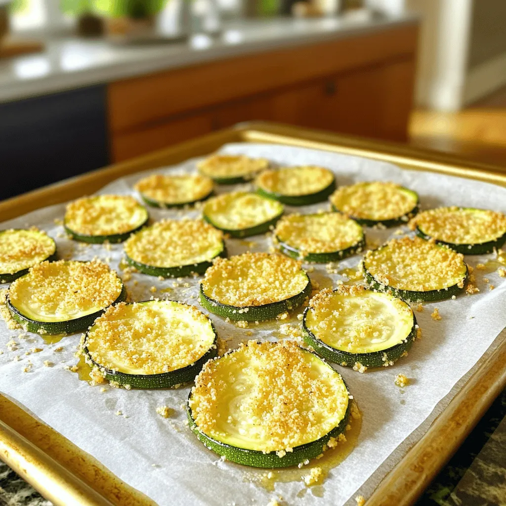 - 2 mittelgroße Zucchini - 1 Tasse geriebener Parmesan-Käse - 1 Tasse Semmelbrösel - 1 Teelöffel Knoblauchpulver - 1 Teelöffel Zwiebelpulver - 1 Teelöffel getrockneter Oregano - 2 große Eier - Olivenölspray Um die perfekten Baked Parmesan Zucchini Chips zu machen, beginne mit frischen Zutaten. Die Zucchini sollten fest und ohne Flecken sein. Ich empfehle, sie in dünne Scheiben zu schneiden. So werden sie knusprig und lecker. Der Parmesan-Käse ist wichtig für den Geschmack. Verwende frisch geriebenen Käse für das beste Aroma. Die Semmelbrösel helfen, die Zucchini schön zu ummanteln und knusprig zu machen. Vollkorn-Semmelbrösel sind eine gesunde Wahl. Für die Gewürze nutze Knoblauchpulver, Zwiebelpulver und Oregano. Diese Aromen machen die Chips besonders schmackhaft. Du kannst auch etwas Salz und Pfeffer hinzufügen, um die Geschmäcker zu verstärken. Die Eier haben die Aufgabe, die Panade gut zu halten. Sie sorgen dafür, dass die Zucchini die Mischung aus Parmesan und Semmelbröseln gut aufnimmt. Ein Olivenölspray hilft, die Chips im Ofen knusprig zu backen. Für das vollständige Rezept, schau dir die [Full Recipe] an. - Heize deinen Ofen auf 220°C (425°F) vor. - Lege ein Backblech mit Backpapier aus. - Vermische den geriebenen Parmesan und die Semmelbrösel gut. - Füge die Gewürze hinzu und mische weiter, bis alles gleichmäßig verteilt ist. - Tauche jede Zucchinischeibe in die verquirlten Eier. - Lasse die überschüssige Flüssigkeit abtropfen. - Wälze die Zucchinischeibe in der Parmesan-Semmelbrösel-Mischung. - Drücke leicht, damit die Panade gut haftet. - Ordne die panierten Zucchini-Chips auf dem Backblech an. - Achte darauf, dass sie sich nicht überlappen. - Besprühe die Oberseiten der Chips leicht mit Olivenöl. - Backe die Zucchini-Chips im vorgeheizten Ofen für 20-25 Minuten. - Wende die Chips nach der Hälfte der Backzeit um, damit sie gleichmäßig garen. Um knusprige Baked Parmesan Zucchini Chips zu machen, benutze Olivenölspray. Dieses Spray hilft, die Chips gleichmäßig zu bräunen und macht sie schön knusprig. Sprühe eine leichte Schicht auf die Oberseite der Chips, bevor du sie backst. Wende die Chips zur Halbzeit, um sicherzustellen, dass sie auf beiden Seiten gleichmäßig garen. So bleiben sie nicht nur knusprig, sondern sehen auch toll aus. Die Vorbereitungszeit für dieses Rezept beträgt nur 10 Minuten. Das gibt dir genug Zeit, um alles für das Backen vorzubereiten. Die gesamte Kochzeit ist 35 Minuten. Das bedeutet, dass du in weniger als einer Stunde einen leckeren Snack hast. Plane deine Schritte gut, damit alles schnell geht. Das Anrichten der Zucchini-Chips ist einfach. Serviere sie in einer schönen Schüssel. Du kannst frische Basilikumblätter als Garnitur hinzufügen. Das gibt nicht nur Farbe, sondern auch einen frischen Geschmack. Diese kleine Note macht das Gericht noch ansprechender. Für das vollständige Rezept, schau dir die [Full Recipe](#) an. {{image_4}} Um deine Baked Parmesan Zucchini Chips aufregender zu machen, kannst du mit Gewürzen spielen. Paprika oder Cayennepfeffer bringen eine leichte Schärfe. Ein bisschen Paprika gibt Farbe und Geschmack. Cayennepfeffer kann für mehr Hitze sorgen. Du kannst auch italienische Kräuter wie Basilikum oder Thymian hinzufügen. Diese Kräuter geben den Chips einen frischen, aromatischen Geschmack. Experimentiere ruhig und finde deine Lieblingsmischung. Wenn du Parmesan nicht magst, gibt es tolle Alternativen. Pecorino hat einen salzigen, intensiven Geschmack. Cheddar kann den Chips eine reichhaltige Note verleihen. Du kannst auch eine Mischung aus verschiedenen Käsesorten ausprobieren. Jeder Käse hat seinen eigenen Charakter. So kannst du die Chips ganz nach deinem Geschmack anpassen. Für eine glutenfreie Variante kannst du glutenfreie Semmelbrösel verwenden. Mandelmehl ist eine weitere gute Option, die einen nussigen Geschmack hinzufügt. Achte nur darauf, dass du die richtige Menge an Gewürzen hinzufügst. So bleiben die Chips geschmackvoll und knusprig. Damit kannst du alle genießen, egal ob mit Glutenunverträglichkeit oder nicht. Um deine Zucchini-Chips frisch zu halten, lege sie in einen luftdichten Behälter. Eine Papiertüte kann auch helfen, die Knusprigkeit zu bewahren. Halte die Temperatur im Raum oder im Kühlschrank. Vermeide die Lagerung in einer feuchten Umgebung. Das kann die Chips schnell weich machen. Die Zucchini-Chips bleiben bei richtiger Lagerung etwa 3 bis 5 Tage frisch. Nach dieser Zeit können sie an Knusprigkeit verlieren. Achte darauf, sie nicht zu lange stehen zu lassen. Wenn du sie länger aufbewahren möchtest, friere sie ein. Um die Zucchini-Chips wieder knusprig zu machen, heize den Ofen auf 180°C vor. Lege die Chips auf ein Backblech und backe sie für 5 bis 10 Minuten. Du kannst sie auch in einer Heißluftfritteuse aufwärmen. So bleibt die Textur gleichmäßig knusprig. Vermeide die Mikrowelle, da sie die Chips weich macht. Für das beste Ergebnis folge dem [Full Recipe]. Um knusprige Zucchini-Chips zu machen, gibt es einige Tipps. Stelle sicher, dass du die Zucchini dünn schneidest. Dünnere Scheiben werden schneller knusprig. Nutze Olivenölspray, um die Chips leicht zu besprühen. Dies hilft, die perfekte Knusprigkeit zu erreichen. Backe die Chips in einer einzigen Schicht. Überlappende Chips werden weich. Wende sie auch zur Hälfte der Backzeit. So werden sie gleichmäßig knusprig. Ja, du kannst die Zucchini vorher salzen. Das Salzen hilft, überschüssige Feuchtigkeit zu entfernen. Dies kann die Textur der Chips verbessern. Lass die gesalzenen Zucchini etwa 30 Minuten ruhen. Trockne sie danach mit einem Küchentuch. So werden die Chips beim Backen noch knuspriger. Zucchini-Chips sind eine gesunde Snack-Option. Sie enthalten viel Wasser und sind kalorienarm. Zucchini sind auch reich an Vitaminen und Mineralstoffen. Sie liefern Vitamin C, Kalium und Antioxidantien. Der Parmesan-Käse fügt etwas Protein hinzu. Achte darauf, nicht zu viel Käse oder Öl zu verwenden. So bleibst du im gesunden Bereich. Die Zucchini-Chips können in einem luftdichten Behälter aufbewahrt werden. Lagere sie bei Raumtemperatur. So bleiben sie etwa 3 bis 5 Tage frisch. Vermeide den Kühlschrank, da Feuchtigkeit die Chips weich macht. Wenn du die Chips wieder knusprig machen möchtest, backe sie kurz im Ofen. So erhältst du die Knusprigkeit zurück. Wir haben die Schritte für knusprige Zucchini-Chips behandelt. Du brauchst Zucchini, Käse, Semmelbrösel und Gewürze. Die Anleitung zeigt dir, wie du die Chips perfekt backst. Achte auf die Knusprigkeit mit Olivenöl und Wenden. Du kannst die Chips leicht abwandeln und sogar glutenfrei machen. Lagere sie richtig, um die Frische zu erhalten. Mit diesen Tipps wirst du köstliche Snacks zubereiten, die jedem schmecken. Viel Spaß beim Ausprobieren!