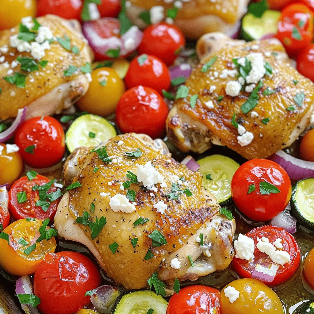 - 4 Hähnchenschenkel ohne Haut und Knochen - 1 Tasse Kirschtomaten, halbiert - 1 rote Paprika, in Streifen geschnitten - 1 Zucchini, in Scheiben geschnitten - 1 rote Zwiebel, in Ringe geschnitten - 1 Teelöffel getrockneter Oregano - 1 Teelöffel Paprika - 1 Teelöffel Knoblauchpulver - Salz und Pfeffer nach Geschmack Die Hauptzutaten bilden die Basis für das Gericht. Hähnchenschenkel sind saftig und zart. Sie nehmen die Aromen gut auf. Das Gemüse bringt Farbe und Geschmack. Kirschtomaten sind süß, Paprika gibt Crunch, und Zucchini ist mild. Zwiebeln fügen Tiefe hinzu, während die Gewürze das Gericht abrunden. - 2 Esslöffel Olivenöl - 1/2 Tasse Kalamata-Oliven, entkernt und halbiert - 1/4 Tasse Feta-Käse, zerbröselt Olivenöl sorgt für gesunde Fette und Geschmack. Kalamata-Oliven geben eine salzige Note. Feta-Käse bringt eine cremige Textur und einen würzigen Kick. Diese Zutaten machen das Gericht noch leckerer und interessanter. - Anzahl der Portionen: 4 - Kalorien pro Portion: ca. 400 - Nährstoffe: Protein, gesunde Fette, Ballaststoffe, Vitamine Das Gericht ist nahrhaft und sättigend. Es liefert eine gute Menge an Protein durch das Hähnchen. Das Gemüse bringt viele Vitamine mit sich. Die Portionen sind ideal für ein Familienessen oder ein schnelles Abendessen unter der Woche. Für die vollständige Anleitung besuche den [Full Recipe]. Um das Hähnchen lecker zu machen, beginne mit der Marinade. Nimm eine große Schüssel. Vermische dort 2 Esslöffel Olivenöl, 1 Teelöffel getrockneten Oregano, 1 Teelöffel Paprika und 1 Teelöffel Knoblauchpulver. Füge Salz und Pfeffer nach Geschmack hinzu. Rühre alles gut um. Lege die 4 Hähnchenschenkel in die Schüssel. Mische sie mit der Marinade, bis sie gleichmäßig bedeckt sind. Lasse sie 15-20 Minuten marinieren. Jetzt ist das Gemüse dran. Schneide 1 rote Paprika in Streifen, 1 Zucchini in Scheiben und 1 rote Zwiebel in Ringe. Halbiere 1 Tasse Kirschtomaten. Halbiere auch 1/2 Tasse Kalamata-Oliven. Das Gemüse ist nun bereit für die Pfanne. Heize deinen Ofen auf 200°C vor. Nimm eine große, ofenfeste Pfanne oder Auflaufform. Platziere die marinierten Hähnchenschenkel in der Mitte der Pfanne. Verteile das vorbereitete Gemüse um das Hähnchen herum. Achte darauf, dass es gleichmäßig verteilt ist, damit alles gleichmäßig gart. Beträufle das Gemüse mit etwas Olivenöl. Würze es leicht mit Salz und Pfeffer. Jetzt ist es Zeit zu backen. Stelle die Pfanne in den vorgeheizten Ofen. Backe die Hähnchenschenkel und das Gemüse für 25-30 Minuten. Das Hähnchen sollte eine Innentemperatur von 75°C erreichen. Überprüfe mit einem Fleischthermometer. Wenn das Hähnchen fertig ist, nimm die Pfanne heraus. Streue 1/4 Tasse zerbröselten Feta-Käse über das Gericht. Stelle die Pfanne für weitere 5 Minuten zurück in den Ofen. So schmilzt der Käse leicht. Lass das Gericht kurz ruhen, bevor du es servierst. Wie lange sollte ich das Hähnchen marinieren? Ich empfehle, das Hähnchen mindestens 15-20 Minuten zu marinieren. So ziehen die Aromen gut ein. Wenn du mehr Zeit hast, kannst du das Hähnchen auch über Nacht im Kühlschrank marinieren. Hast du keine Zeit für Marinade? Du kannst auch Gewürzmischungen direkt auf das Hähnchen streuen. Eine Mischung aus Oregano, Paprika und Knoblauchpulver passt gut. Wie überprüfe ich die Innentemperatur des Hähnchens? Die beste Methode ist ein Fleischthermometer. Stecke es in die dickste Stelle des Hähnchens. Die Innentemperatur sollte 75°C (165°F) erreichen. Was sind Anzeichen für durchgegartes Hähnchen? Das Fleisch sollte nicht mehr rosa sein. Der Saft sollte klar und nicht blutig sein. Wie kann ich frische Petersilie und Feta verwenden? Streue die frische Petersilie und den Feta-Käse kurz vor dem Servieren über das Hähnchen. So sieht es schön aus und schmeckt frisch. Was sind gute Serviervorschläge für die mediterrane Küche? Serviere das Hähnchen direkt aus der Pfanne. Dazu passt frisches Brot, um die leckere Sauce aufzutunken. Du kannst auch einen einfachen grünen Salat anbieten. {{image_4}} Du kannst das Hähnchen durch viele Gemüsesorten ersetzen. Zucchini, Paprika und Auberginen sind tolle Alternativen. Diese Gemüse bringen viel Geschmack. Wenn du es proteinreicher magst, versuche Tofu oder Tempeh. Schneide sie in Würfel und mariniere sie wie das Hähnchen. Das gibt dir eine leckere und gesunde Mahlzeit. Um das Gericht interessanter zu machen, füge frische Kräuter hinzu. Basilikum, Thymian oder Rosmarin sind gute Optionen. Für einen würzigen Kick, probiere etwas Cayennepfeffer oder Chili-Flocken. Diese Extras bringen mehr Geschmack und Vielfalt in dein Gericht. Nutze saisonales Gemüse für mehr Frische. Im Frühling sind Spargel und Erbsen lecker. Im Herbst sind Kürbis und Süßkartoffeln großartig. Im Winter verwende Wurzelgemüse wie Karotten oder Pastinaken. Diese Tipps helfen dir, das ganze Jahr über köstliche Mahlzeiten zu zaubern. Wenn du Reste von der mediterranen Hähnchenpfanne hast, bewahre sie gut auf. Lege die Reste in einen luftdichten Behälter. So bleiben die Aromen frisch. Stelle den Behälter in den Kühlschrank. Dort halten die Reste bis zu drei Tage. Wenn du die Reste länger aufbewahren möchtest, friere sie ein. Die Reste sind im Gefrierschrank bis zu drei Monate haltbar. Achte darauf, die Reste gut zu verpacken, um Gefrierbrand zu vermeiden. Um die Reste aufzuwärmen, nutze den Ofen oder die Mikrowelle. Im Ofen erhitzt du sie bei 180 Grad Celsius. Das dauert etwa 20 Minuten. So bleibt das Hähnchen saftig und das Gemüse knackig. In der Mikrowelle erwärmst du die Reste in kurzen Intervallen. Stelle die Leistung auf mittel, um gleichmäßig zu erwärmen. Bedecke die Reste mit einem feuchten Tuch. So verhinderst du, dass sie trocken werden. Die Hauptzutaten sind einige Tage haltbar. Hähnchenschenkel sind im Kühlschrank bis zu zwei Tage frisch. Kirschtomaten und Paprika halten sich etwa eine Woche. Zucchini bleibt bis zu fünf Tage frisch. Feta-Käse hält sich bis zu zwei Wochen. Achte darauf, alles richtig zu lagern. So vermeidest du Lebensmittelverschwendung. Nutze die Reste kreativ in anderen Gerichten. So bleibt nichts übrig und du genießt volle Aromen. Um die Hähnchenhaut knusprig zu machen, gibt es einige Geheimnisse. Zuerst solltest du die Haut gut abtrocknen. Feuchtigkeit macht die Haut weich. Benutze dann etwas Öl. Olivenöl ist perfekt. Verteile es gleichmäßig auf der Haut. Würze das Hähnchen gut mit Salz und Gewürzen. Das hilft auch, die Haut knusprig zu machen. Backe das Hähnchen bei hoher Temperatur. Ein heißer Ofen ist wichtig. Ja, du kannst das Gericht im Voraus zubereiten. Marinieren kannst du das Hähnchen bis zu einem Tag vorher. Das macht es sehr aromatisch. Du kannst auch das Gemüse schneiden und im Kühlschrank aufbewahren. Wenn du bereit bist, backe alles einfach zusammen. Das spart Zeit und macht das Kochen einfacher. Zu einem One Pan Mediterranean Chicken passen viele Beilagen. Hier sind einige Empfehlungen: - Reis oder Quinoa für eine gesunde Basis - Frischer Salat für etwas Knackiges - Knoblauchbrot, um die Sauce aufzutunken - Ofenkartoffeln für eine herzhafte Option Diese Beilagen ergänzen den Geschmack gut und machen das Essen komplett. Ja, das Gericht schmeckt auch kalt sehr gut! Du kannst die Reste in einem Salat verwenden. Einfach das Hähnchen und das Gemüse in Stücke schneiden. Mische alles mit frischem Blattgemüse. Ein Spritzer Zitrone macht es frisch. So hast du einen leckeren Salat für das Mittagessen. Im Artikel haben wir die Zutaten, Zubereitung und Variationen eines leckeren Gerichts besprochen. Ich habe Tipps gegeben, um den Geschmack zu verbessern und das Hähnchen perfekt zu garen. Für eine gesunde Option habe ich auch eine vegetarische Variante erwähnt. Denke daran, Reste richtig zu lagern und aufzuwärmen, um Verschwendung zu vermeiden. Probiere verschiedene Kräuter und Aromen aus, um das Rezept anzupassen. Gute Küche ist einfach und macht Spaß!