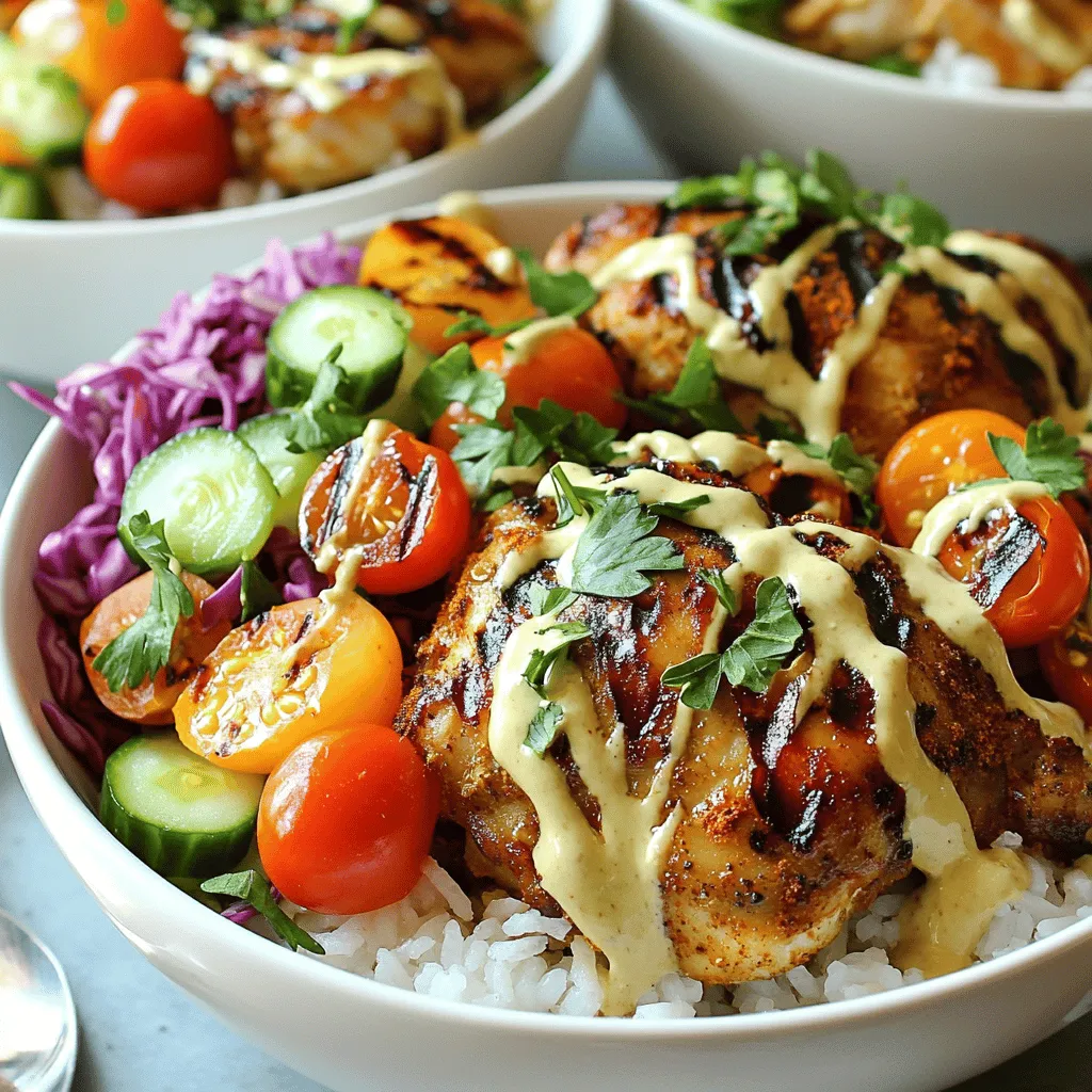 Für die Hähnchen Shawarma Schalen benötigen Sie: - 450g Hähnchenoberschenkel, entbeint und ohne Haut - 2 Esslöffel Olivenöl - 2 Tassen gekochter Reis oder Quinoa - 1 Tasse Cherrytomaten, halbiert - 1 Gurke, gewürfelt - 1 Tasse Rotkohl, fein gehobelt - Frische Petersilie, gehackt zum Garnieren Diese Zutaten sind die Basis für ein schmackhaftes Gericht. Hähnchenoberschenkel geben viel Geschmack und bleiben saftig. Die Gewürze und die Marinade sind der Schlüssel zu gutem Shawarma. Sie brauchen: - 2 Teelöffel gemahlener Kreuzkümmel - 2 Teelöffel gemahlener Koriander - 1 Teelöffel Paprikapulver - 1 Teelöffel gemahlener Kurkuma - 1 Teelöffel Knoblauchpulver - 1 Teelöffel Zwiebelpulver - ½ Teelöffel Cayennepfeffer (nach Belieben) - Salz und Pfeffer nach Geschmack - 1 Zitrone, ausgepresst Diese Gewürze bringen den typischen Geschmack von Shawarma. Mischen Sie alles in einer Schüssel, um die Marinade zu erstellen. Die Beilagen und Toppings machen das Gericht bunt und frisch. Ich empfehle: - Tahinisauce (½ Tasse, fertig gekauft oder selbstgemacht) - Eine Zitronenscheibe für die Garnitur Die Tahinisauce gibt der Schale eine cremige Note. Frische Kräuter und eine Zitronenscheibe sorgen für mehr Farbe und Geschmack. Mit diesen Zutaten sind Sie bereit, Ihre leckeren Hähnchen Shawarma Schalen zuzubereiten. Schauen Sie sich auch das Full Recipe an, um die Zubereitung zu lernen! Um die Marinade zu machen, nehme eine große Schüssel. Füge Olivenöl, Kreuzkümmel, Koriander, Paprikapulver, Kurkuma, Knoblauchpulver, Zwiebelpulver, Cayennepfeffer, Salz, Pfeffer und den Zitronensaft hinzu. Mische alles gut. Die Aromen verbinden sich und bringen viel Geschmack. Jetzt kommt das Hähnchen. Nimm die Hähnchenoberschenkel und lege sie in die Schüssel mit der Marinade. Mische alles gut, damit das Hähnchen die Marinade aufnimmt. Decke die Schüssel ab und stelle sie für mindestens 30 Minuten in den Kühlschrank. Für mehr Geschmack kannst du es auch über Nacht marinieren. Heize den Grill oder eine Pfanne auf mittelhohe Hitze vor. Nimm das Hähnchen aus dem Kühlschrank. Brate die marinierten Hähnchenoberschenkel 6-8 Minuten pro Seite. Sie sind fertig, wenn die Innentemperatur 75°C beträgt. Lass das Hähnchen nach dem Grillen kurz ruhen. Danach schneide es in Streifen oder Stücke. Jetzt bist du bereit, die Schalen zusammenzustellen. Verteile den gekochten Reis oder Quinoa auf vier Schalen. Füge die Hähnchenstücke, Cherrytomaten, Gurke und Rotkohl hinzu. Zum Schluss träufle die Tahinisauce darüber und streue frische Petersilie. Jetzt kannst du die Schalen genießen! Um das beste Aroma zu bekommen, marinieren Sie das Hähnchen mindestens 30 Minuten. Für intensiveren Geschmack empfehle ich, es über Nacht im Kühlschrank zu lassen. Die Aromen ziehen tiefer ein und machen das Fleisch zarter. Experimentieren Sie mit den Marinierzeiten, um Ihre perfekte Balance zu finden. Saftiges Hähnchen ist der Schlüssel zu einem großartigen Gericht. Grillen Sie das Hähnchen nicht zu lange. Überprüfen Sie die Innentemperatur. Wenn sie 75 °C erreicht, ist das Hähnchen fertig. Lassen Sie das Hähnchen nach dem Grillen ein paar Minuten ruhen. So bleibt der Saft im Fleisch und macht es saftig und zart. Präsentation macht viel aus. Verwenden Sie bunte Schalen für eine ansprechende Optik. Garnieren Sie jede Schale mit einer Zitronenscheibe und frischen Kräutern. Das bringt Farbe und Frische. Fügen Sie die Tahinisauce erst kurz vor dem Servieren hinzu, damit sie nicht durchweicht. So bleibt alles frisch und appetitlich. {{image_4}} Falls du eine vegetarische Variante möchtest, ersetze das Hähnchen. Nutze Kichererbsen oder Tofu. Marinieren kannst du sie mit den gleichen Gewürzen. Die Aromen bleiben intensiv und lecker. Du kannst auch gegrilltes Gemüse wie Paprika oder Zucchini hinzufügen. So erhältst du eine bunte, gesunde Schale. Für eine glutenfreie Option nutze Quinoa anstelle von Reis. Quinoa hat einen tollen Geschmack und ist nahrhaft. Stelle sicher, dass deine Tahinisauce glutenfrei ist. Viele Marken bieten gute glutenfreie Produkte an. So bleibt dein Gericht auch für glutenempfindliche Menschen geeignet. Um den Geschmack deiner Shawarma Schalen zu verbessern, füge frische Kräuter hinzu. Minze und Koriander geben einen frischen Kick. Auch Avocado oder Feta passen gut. Für Saucen empfehle ich Joghurt oder scharfe Sauce. Diese sorgen für eine interessante Geschmackskombination. Du kannst die Schalen nach deinem Geschmack anpassen. Es gibt viele Möglichkeiten, um sie noch schmackhafter zu machen. Um die Hähnchen Shawarma Schalen frisch zu halten, lagere die Reste in einem luftdichten Behälter. Stelle sicher, dass der Behälter gut verschlossen ist. Du kannst die Schalen auch in Portionen aufteilen. So hast du immer eine schnelle Mahlzeit bereit. Die Schalen sind im Kühlschrank etwa 3 bis 4 Tage haltbar. Achte darauf, das Hähnchen und die Beilagen getrennt zu lagern, wenn möglich. So bleibt alles frisch und lecker. Wenn du die Schalen länger aufbewahren möchtest, friere sie ein. Im Gefrierschrank halten sie bis zu 3 Monate. Um die Schalen wieder aufzuwärmen, benutze einen Ofen oder eine Mikrowelle. Für den Ofen heize ihn auf 180 Grad Celsius vor. Lege die Schalen in eine Auflaufform und decke sie mit Alufolie ab. Erwärme sie für etwa 15 bis 20 Minuten. In der Mikrowelle erhitzt du sie in kurzen Intervallen von 1 bis 2 Minuten. Rühre zwischendurch um, damit alles gleichmäßig warm wird. So bleiben die Aromen und die Textur gut erhalten. Shawarma kommt ursprünglich aus dem Nahen Osten. Es entstand, als Fleisch auf einen Spieß gesteckt und langsam gegrillt wurde. Die Technik wird seit Jahrhunderten verwendet. Die Würzmischung und die Zubereitung variieren je nach Region. In jedem Land hat Shawarma seinen eigenen einzigartigen Geschmack. Ja, du kannst das Rezept im Voraus zubereiten. Marinier das Hähnchen bis zu einem Tag vorher. Lass es gut im Kühlschrank ziehen. Du kannst auch die Beilagen vorbereiten. Halte sie in getrennten Behältern. So bleibt alles frisch und lecker. Zu Hähnchen Shawarma Schalen passen viele Beilagen. Hier sind einige Ideen: - Fladenbrot für einen zusätzlichen Biss - Hummus für eine cremige Note - Taboulé für frische Kräuter - Gegrilltes Gemüse für mehr Geschmack - Feta-Käse für einen salzigen Akzent Für das vollständige Rezept, schau dir die [Full Recipe] an. Hähnchen Shawarma Schalen sind lecker und vielseitig. Wir haben die Hauptzutaten sowie Tipps zur Marinade und Zubereitung besprochen. Du kannst die Schalen nach deinem Geschmack anpassen, zum Beispiel mit vegetarischen Optionen oder glutenfreien Zutaten. Denke daran, die Reste richtig zu lagern, damit sie frisch bleiben. Experimentiere mit verschiedenen Toppings und genieße deine Shawarma Kreationen. Jetzt bist du bereit, deine eigene köstliche Schüssel zu kreieren!