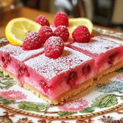 Die Hauptzutaten sind einfach und frisch. Du brauchst: - 1 Tasse Allzweckmehl - 1/4 Tasse Puderzucker - 1/2 Tasse ungesalzene Butter, geschmolzen - 2 große Eier - 1 Tasse Kristallzucker - 1/2 Tasse frisch gepresster Zitronensaft (etwa 2-3 Zitronen) - Zest einer Zitrone - 1/2 Tasse frische Himbeeren, zerdrückt (oder aufgetaut, wenn gefroren) - 1 Teelöffel Backpulver - 1/4 Teelöffel Salz - Zusätzlicher Puderzucker zum Bestäuben (optional) Diese Zutaten sorgen für den perfekten Mix aus süß und sauer. Der Zitronensaft macht die Riegel frisch. Die Himbeeren geben eine tolle Farbe und Geschmack. Jede Zutat hat ihre Rolle. Die Butter macht die Kruste zart. Eier binden alles zusammen. Zitronensaft fügt Frische hinzu und hilft, die Riegel zu festigen. Himbeeren bieten nicht nur Geschmack, sondern auch Nährstoffe. - Zitronenzeste: Sie bringt intensiven Zitronengeschmack ohne zusätzliche Säure. - Puderzucker: Dieser Zucker ist feiner und schmilzt gut, was eine schöne Textur ergibt. Es gibt viele Möglichkeiten, die Zutaten zu variieren. Wenn du kein Allzweckmehl hast, benutze Dinkelmehl. Du kannst auch Honig statt Kristallzucker nehmen. - Eier: Wenn du Eier vermeiden möchtest, verwende Apfelmus oder Leinsamen. - Himbeeren: Verwende Brombeeren oder Heidelbeeren für einen anderen Geschmack. Indem du diese Alternativen nutzt, kannst du die Riegel an deine Vorlieben anpassen. So schmecken die Himbeer-Zitronen-Riegel immer gut. Du findest das komplette Rezept in der Full Recipe. Bevor wir mit dem Backen beginnen, musst du alles vorbereiten. Zuerst heize deinen Ofen auf 175°C vor. Fette eine 20x20 cm große Backform ein. Lege sie mit Backpapier aus. Lass etwas Papier über den Rand hängen. Es hilft, die Riegel später herauszuholen. Jetzt machen wir die Kruste. In einer mittelgroßen Schüssel vermischst du das Allzweckmehl und den Puderzucker. Danach rührst du die geschmolzene Butter ein. Die Mischung sollte wie feuchter Sand aussehen. Drücke die Mischung gleichmäßig auf den Boden der Backform. Achte darauf, dass die Kruste fest ist. Backe die Kruste für 15 bis 18 Minuten. Sie sollte leicht goldbraun sein. Nimm sie dann aus dem Ofen und lass sie kurz abkühlen. Jetzt bereiten wir die Füllung vor. In einer großen Schüssel verquirlst du die Eier und den Kristallzucker. Mische sie gut, bis sie verbunden sind. Füge dann den Zitronensaft, die Zitronenzeste, die zerdrückten Himbeeren, das Backpulver und das Salz hinzu. Rühre alles gut um, bis keine Zuckerkristalle mehr zu sehen sind. Gieße die Zitronen-Himbeer-Mischung gleichmäßig über die vorgebackene Kruste. Streiche sie glatt. Stelle die Form zurück in den Ofen. Backe die Riegel für weitere 20 bis 25 Minuten. Die Mitte sollte fest und leicht berührbar sein. Lass die Riegel auf einem Kuchengitter vollständig abkühlen. Danach ziehst du sie mit dem Backpapier aus der Form. Schneide sie in Quadrate. Bestäube sie vor dem Servieren mit Puderzucker. So sehen sie schön aus. Für die vollständige Anleitung, inklusive der Zutaten, schau dir das Rezept an: Full Recipe. Um die perfekte Konsistenz für deine Himbeer-Zitronen-Riegel zu erreichen, achte auf diese Punkte: - Butter richtig schmelzen: Schmelze die Butter langsam. Zu heiß kann sie die Kruste zäh machen. - Eier gut verrühren: Schlage die Eier mit dem Zucker, bis sie hell und cremig sind. So wird die Füllung luftig. - Zitronensaft frisch pressen: Frisch gepresster Saft gibt mehr Geschmack als fertiger Saft. - Himbeeren nicht zu lange zerdrücken: Zerdrücke die Himbeeren nur leicht, damit sie nicht zu flüssig werden. Einige Fehler können deine Riegel ruinieren. Vermeide diese häufigen Missgeschicke: - Zu viel Mehl verwenden: Miss das Mehl genau ab. Zu viel macht die Riegel trocken. - Füllung nicht richtig mischen: Achte darauf, dass alle Zutaten gut vermischt sind. Klumpen führen zu ungleichmäßigen Riegeln. - Backzeit ignorieren: Überprüfe die Riegel regelmäßig. Sie sind fertig, wenn die Mitte fest ist. Die Präsentation macht viel aus. Hier sind einige einfache Tipps: - Dekorative Platte nutzen: Arrangiere die Riegel auf einer schönen Platte. Das sieht einladend aus. - Garnieren: Lege frische Himbeeren und Zitronenscheiben dazu. Das bringt Farbe und Frische. - Puderzucker bestäuben: Bestäube die Riegel mit Puderzucker kurz vor dem Servieren. Das macht sie noch ansprechender. Für das vollständige Rezept kannst du die [Full Recipe] ansehen und gleich loslegen! {{image_4}} Die Kruste ist wichtig für den Geschmack. Du kannst die Standardkruste leicht anpassen. Probiere Haferflocken oder Mandelmehl für eine nussige Note. Eine Keksbasis aus zerbröselten Butterkeksen gibt eine süße und knusprige Schicht. Wenn du etwas mehr Textur möchtest, füge gehackte Nüsse hinzu. Jeder dieser Alternativen bringt einen neuen Twist ins Spiel. Himbeer-Zitronen-Riegel sind vielseitig. Du kannst andere Früchte wie Erdbeeren oder Blaubeeren verwenden. Füge ein wenig Vanilleextrakt hinzu, um die Aromen zu vertiefen. Für einen Kräuterkick probiere frische Minze oder Basilikum. Diese Zutaten sorgen für eine überraschende Geschmacksexplosion. Experimentiere mit verschiedenen Zitrusfrüchten, um deinen Riegeln einen frischen Kick zu geben. Wenn du vegane oder glutenfreie Riegel machen möchtest, ist das einfach. Ersetze die Eier durch Apfelmus oder Leinsamen. Für die Butter kannst du Kokosöl oder Margarine verwenden. Nutze glutenfreies Mehl, um die Kruste zuzubereiten. Diese Alternativen machen die Riegel für jeden zugänglich. So kannst du wirklich jeden begeistern, ohne auf den köstlichen Geschmack zu verzichten. Für das vollständige Rezept, schau dir den Full Recipe an. Um die Himbeer-Zitronen-Riegel frisch zu halten, lagere sie in einem luftdichten Behälter. Du kannst sie bei Raumtemperatur für ein bis zwei Tage aufbewahren. Wenn du sie länger lagern möchtest, stelle den Behälter in den Kühlschrank. So bleiben die Riegel bis zu einer Woche gut. Die Riegel behalten ihren Geschmack und ihre Frische am besten, wenn sie gut verpackt sind. Achte darauf, sie vor Licht und Feuchtigkeit zu schützen. Nach ein paar Tagen können sie etwas trockener werden, aber du kannst sie einfach mit etwas Puderzucker bestäuben, um sie wieder frisch wirken zu lassen. Du kannst die Riegel auch einfrieren. Schneide sie in Stücke und lege sie in einen gefrierfesten Beutel. Achte darauf, die Luft herauszudrücken, bevor du sie verschließt. So bleiben sie bis zu drei Monate haltbar. Wenn du sie genießen möchtest, lasse sie einfach über Nacht im Kühlschrank auftauen. So bleiben sie köstlich und frisch. Für das vollständige Rezept, schaue dir die [Full Recipe] an! Die Zubereitung der Himbeer-Zitronen-Riegel dauert insgesamt etwa 50 Minuten. Du benötigst 15 Minuten für die Vorbereitung und weitere 35 Minuten zum Backen. In diesen 50 Minuten hast du die perfekte Kombination aus süß und sauer. Ja, gefrorene Himbeeren sind eine tolle Option. Du kannst sie direkt verwenden, ohne sie vorher aufzutauen. Achte nur darauf, die Himbeeren gut zu zerdrücken, damit sie sich gleichmäßig in die Füllung einfügen. Sie geben deinen Riegeln eine frische Note, auch wenn sie gefroren sind. Um die Riegel süßer zu machen, füge einfach mehr Kristallzucker hinzu. Beginne mit einem zusätzlichen Esslöffel und probiere die Mischung. Für mehr Säure kannst du mehr Zitronensaft oder Zitronenzeste verwenden. Achte darauf, kleine Anpassungen vorzunehmen, damit der Geschmack ausgewogen bleibt. Die Himbeer-Zitronen-Bliss-Riegel sind einfach zuzubereiten und voller Geschmack. Wir haben die Hauptzutaten, spezielle Funktionen und Alternativen betrachtet. Die Schritt-für-Schritt-Anleitung zeigt dir, wie du die perfekte Kruste und Füllung machst. Tipps helfen dir, häufige Fehler zu vermeiden und die Riegel schön zu servieren. Probiere die Variationen für neue Aromen und denke an die Lagerungshinweise für frische Riegel. Mit diesen Informationen kannst du deine eigenen leckeren Riegel genießen. Lass die Kreativität sprießen und teile sie mit anderen!