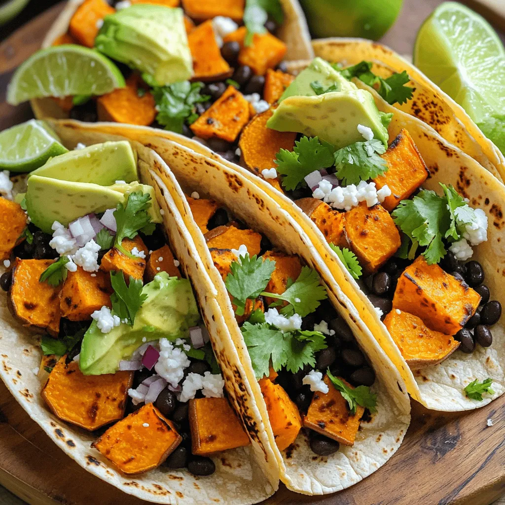 Für diese leckeren Tacos brauchst du: - 2 mittelgroße Süßkartoffeln, geschält und gewürfelt - 1 Dose (425 g) schwarze Bohnen, abgetropft und abgespült - 1 Esslöffel Olivenöl - 1 Teelöffel gemahlener Kreuzkümmel - 1 Teelöffel geräuchertes Paprikapulver - ½ Teelöffel Chiliflocken - Salz und Pfeffer nach Geschmack - 8 Taco-Tortillas aus Mais Diese Zutaten sind die Basis für dein Gericht. Süßkartoffeln geben Süße und Nährstoffe. Die schwarzen Bohnen liefern Protein und Ballaststoffe. Die Gewürze sorgen für einen tollen Geschmack. Um deine Tacos noch besser zu machen, kannst du folgende Toppings hinzufügen: - 1 Avocado, in Scheiben geschnitten - ½ Tasse frischer Koriander, grob gehackt - 1 Limette, in Spalten geschnitten - Gewürfelte rote Zwiebel - Jalapeño-Scheiben - Zerbröselter Feta-Käse Diese Extras machen deine Süßkartoffel-Schwarzbohnen-Tacos noch bunter und schmackhafter. Probiere verschiedene Kombinationen aus, um deinen perfekten Taco zu finden. - Süßkartoffeln: Reich an Vitaminen und Ballaststoffen. Sie fördern die Verdauung und stärken das Immunsystem. - Schwarze Bohnen: Gute Quelle für Eiweiß und Eisen. Sie helfen dir, lange satt zu bleiben. - Avocado: Enthält gesunde Fette und viele Nährstoffe. Unterstützt die Herzgesundheit. - Koriander: Reich an Antioxidantien. Er kann die Verdauung fördern. Zusammen bieten diese Zutaten viele Vorteile. Sie sind nicht nur lecker, sondern auch gesund. Du kannst die Nährstoffe in jedem Bissen genießen. Für das vollständige Rezept, schau dir die [Full Recipe] an. Zuerst schälen Sie die Süßkartoffeln. Schneiden Sie sie in kleine Würfel. Diese Würfel sollten gleichmäßig sein, damit sie gut garen. In einer großen Schüssel vermengen Sie die Süßkartoffeln mit Olivenöl. Fügen Sie gemahlenen Kreuzkümmel und geräuchertes Paprikapulver hinzu. Chiliflocken, Salz und Pfeffer machen die Mischung schmackhaft. Rühren Sie alles gut durch, bis die Würfel gleichmäßig bedeckt sind. Heizen Sie den Ofen auf 200°C vor. Verteilen Sie die gewürzten Süßkartoffeln auf einem Backblech. Achten Sie darauf, dass die Würfel nicht übereinander liegen. Rösten Sie die Süßkartoffeln für etwa 25-30 Minuten. Rühren Sie die Würfel einmal um, damit sie gleichmäßig garen. Nach der Röstzeit sind sie weich und leicht karamellisiert. Während die Süßkartoffeln rösten, können Sie die schwarzen Bohnen vorbereiten. Erhitzen Sie einen kleinen Topf bei mittlerer Hitze. Geben Sie die abgetropften und abgespülten Bohnen hinein. Fügen Sie Salz und Pfeffer nach Geschmack hinzu. Rühren Sie die Bohnen für etwa 5 Minuten, bis sie heiß sind. Für die Tortillas erhitzen Sie eine Pfanne bei mittlerer Hitze. Legen Sie die Mais-Tortillas in die Pfanne und wärmen Sie sie 30-60 Sekunden auf jeder Seite. So werden sie flexibel und lecker. Jetzt sind die Süßkartoffeln und Bohnen bereit für die Tacos. Füllen Sie die Tortillas mit den Süßkartoffeln und Bohnen. Garnieren Sie sie nach Belieben. Für das vollständige Rezept, schauen Sie sich die [Full Recipe](#) an. Um Süßkartoffeln perfekt zu rösten, schneide sie in gleichmäßige Würfel. Das sorgt für ein gleichmäßiges Garen. Heize den Ofen auf 200°C vor. Lege die gewürfelten Süßkartoffeln auf ein Backblech. Verteile sie in einer einzigen Schicht. So bleiben sie knusprig. Röste sie für 25 bis 30 Minuten. Wende sie alle 10 Minuten, damit sie gleichmäßig bräunen. Für ein tolles Aroma mische Kreuzkümmel, geräuchertes Paprikapulver und Chiliflocken. Diese Gewürze passen gut zu den Süßkartoffeln und Bohnen. Du kannst auch etwas Knoblauchpulver oder Zwiebelpulver hinzufügen. Achte darauf, die Gewürze gut mit Olivenöl zu vermengen. So haftet die Mischung besser an den Süßkartoffeln. Frische Zutaten machen einen großen Unterschied. Verwende reife Avocados und frischen Koriander. Limetten sollten saftig und grün sein. Achte darauf, dass die Zutaten nicht überlagert oder beschädigt sind. Frische Zutaten schmecken besser und sorgen für einen lebendigen Geschmack in den Tacos. Du kannst auch saisonales Gemüse hinzufügen, um mehr Vielfalt zu schaffen. Für das vollständige Rezept, siehe [Full Recipe]. {{image_4}} Du kannst auch andere Bohnen für diese Tacos verwenden. Weiße Bohnen, Kidneybohnen oder Pintobohnen passen gut. Jede Bohne hat ihren eigenen Geschmack und Textur. Das gibt deiner Mahlzeit eine neue Wendung. Probiere es aus und finde deine Lieblingskombination! Dieses Rezept ist bereits vegan und glutenfrei. Die Mais-Tortillas sind eine großartige Wahl. Wenn du eine glutenfreie Tortilla möchtest, achte auf die Zutaten. Viele Marken bieten sie an. So kannst du die Tacos genießen, ohne Kompromisse einzugehen. Füge mehr Gemüse hinzu, um die Tacos zu beleben. Gegrillte Paprika oder Zucchini schmecken lecker. Für mehr Protein kannst du Tofu oder Tempeh nehmen. Diese Zutaten ergänzen den Geschmack der Süßkartoffeln und Bohnen. Experimentiere und finde deine perfekte Mischung! Für das vollständige Rezept, schau dir die [Full Recipe] an. Wenn du Reste von den Süßkartoffel Schwarzbohnen Tacos hast, bewahre sie in einem luftdichten Behälter auf. So bleiben die Tacos frisch. Du kannst sie bis zu drei Tage im Kühlschrank aufbewahren. Achte darauf, dass die Füllung gut abgekühlt ist, bevor du sie in den Behälter gibst. Das verhindert Kondensation und hält die Tacos knusprig. Um die Tacos wieder aufzuwärmen, benutze eine Pfanne. Erhitze sie ohne Öl bei mittlerer Hitze. Lege die Tacos in die Pfanne und erwärme sie für etwa zwei bis drei Minuten auf jeder Seite. So bleiben sie schön knusprig. Du kannst auch die Füllung in der Mikrowelle erwärmen. Stelle sicher, dass du die Füllung in einem mikrowellengeeigneten Behälter erhitzt. Im Kühlschrank halten sich die Reste bis zu drei Tage. Wenn du die Tacos länger aufbewahren möchtest, friere die Füllung ein. Die Füllung bleibt bis zu drei Monate frisch im Gefrierschrank. Wenn du sie wieder auftauen möchtest, lasse sie über Nacht im Kühlschrank. So kannst du die Tacos schnell und einfach wieder genießen. Wenn du mehr Informationen benötigst, schau dir das Full Recipe an. Um die Tacos schärfer zu machen, füge mehr Chiliflocken hinzu. Du kannst auch frische Jalapeños oder scharfe Soßen verwenden. Ein Spritzer scharfer Sauce bringt zusätzlichen Kick. Probiere verschiedene Schärfegrade, um deinen perfekten Geschmack zu finden. Zu den Süßkartoffel Schwarzbohnen Tacos passen viele Beilagen. Hier sind einige Ideen: - Guacamole: Cremig und frisch, passt perfekt dazu. - Reis: Biete eine Beilage mit Gewürzen an. - Salat: Ein frischer grüner Salat bringt Farbe und Knusprigkeit. - Salsa: Tomatensalsa oder Mangosalsa sind großartig. - Limetten: Die Limetten bringen frische Säure und Geschmack. Ja, du kannst die Süßkartoffeln im Voraus zubereiten. Röste sie einfach und lasse sie abkühlen. Bewahre sie in einem luftdichten Behälter im Kühlschrank auf. Sie halten sich so etwa drei bis vier Tage. Wenn du bereit bist, die Tacos zu machen, erwärme die Süßkartoffeln einfach in der Mikrowelle oder Pfanne. So sparst du Zeit und kannst die Tacos schnell zubereiten! Süßkartoffel-Schwarzbohnen-Tacos sind lecker und einfach zuzubereiten. Die Hauptzutaten liefern viele Nährstoffe und Geschmack. Wir haben die Schritte zur Zubereitung, Tipps zur Lagerung und kreative Variationen besprochen. Denken Sie daran, frische Zutaten zu nutzen und experimentieren Sie mit Gewürzen. Diese Tacos sind nahrhaft, vielseitig und eignen sich für jede Gelegenheit. Probieren Sie sie aus. Sie werden begeistert sein!
