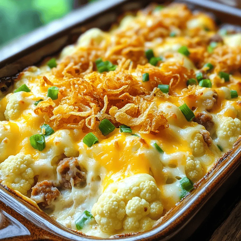 Für den Loaded Cauliflower Casserole brauche ich einige einfache Zutaten. Hier sind die Hauptzutaten: - 1 großer Blumenkohl, in Röschen zerteilt - 1 Tasse geriebener sharp Cheddar-Käse - 1/2 Tasse Frischkäse, weich - 1/2 Tasse saure Sahne - 1/2 Tasse grüne Zwiebeln, gehackt - 1/2 Tasse gekochte und krümelige Truthahnwurst (oder für eine vegetarische Version weglassen) - 1/4 Tasse Milch - 1 Teelöffel Knoblauchpulver - 1 Teelöffel Zwiebelpulver - Salz und Pfeffer nach Geschmack - 1/2 Tasse knusprige Röstzwiebeln (zum Garnieren) Jede Zutat bringt ihren eigenen Geschmack in den Auflauf. Der Blumenkohl gibt die Basis. Der Käse sorgt für den schmelzenden, cremigen Genuss. Die Gewürze machen den Unterschied. Ich benutze Knoblauchpulver und Zwiebelpulver. Diese sorgen für viel Geschmack. Salz und Pfeffer stimmen die Aromen ab. Für Käse kann ich variieren. Neben Cheddar kann ich auch Gouda oder Mozzarella nehmen. Jeder Käse bringt einen anderen Geschmack. Experimentiere, um deinen Favoriten zu finden. Ich kann den Auflauf auch anpassen. Für vegetarische Optionen lasse ich die Truthahnwurst weg. Stattdessen kann ich noch mehr Gemüse hinzufügen. Zucchini oder Paprika sind tolle Alternativen. Für vegane Alternativen verwende ich Pflanzenkäse und vegane saure Sahne. So bleibt der Geschmack intensiv und cremig. Mit diesen Anpassungen bleibt der Loaded Cauliflower Casserole köstlich und gesund. Wenn du mehr erfahren möchtest, schau dir das vollständige Rezept an: [Full Recipe]. Um den Blumenkohl perfekt zuzubereiten, beginne mit einem großen Blumenkohl. Zerteile ihn in kleine Röschen. Fülle einen großen Topf mit Wasser und füge eine Prise Salz hinzu. Bringe das Wasser zum Kochen. Wenn das Wasser kocht, gib die Blumenkohlröschen hinein. Koche sie für etwa 5 bis 7 Minuten. Achte darauf, dass sie zart, aber noch bissfest sind. Dann gieße das Wasser ab und stelle den Blumenkohl beiseite. Jetzt ist es Zeit, die Frischkäsemischung herzustellen. Nimm eine große Rührschüssel und füge den weichen Frischkäse, die saure Sahne und die Milch hinzu. Rühre alles gut um, bis die Mischung glatt ist. Füge dann das Knoblauchpulver, das Zwiebelpulver sowie Salz und Pfeffer nach Geschmack hinzu. Rühre erneut, bis alles gut vermischt ist. Jetzt kommen wir zur spannenden Zusammenstellung! Nimm die Röschen Blumenkohl und falte sie vorsichtig in die Frischkäsemischung. Gib auch den geriebenen Cheddar-Käse und die gehackten grünen Zwiebeln dazu. Wenn du möchtest, kannst du auch die gekochte und krümelige Truthahnwurst hinzufügen. Mische alles, bis der Blumenkohl gut bedeckt ist. Fette eine große Auflaufform ein und gib die Mischung hinein. Verteile sie gleichmäßig. Streue den restlichen Cheddar-Käse über die Mischung. Als letztes gib die knusprigen Röstzwiebeln oben drauf. Backe den Auflauf in einem vorgeheizten Ofen bei 190 Grad Celsius für 25 bis 30 Minuten. Er ist fertig, wenn er sprudelnd und goldbraun ist. Lass den Auflauf etwas abkühlen, bevor du ihn servierst. Für alle Details kannst du das Rezept [Full Recipe] anschauen. Um die perfekte Konsistenz zu bekommen, koche den Blumenkohl nur kurz. Zuerst bringe gesalzenes Wasser zum Kochen. Füge dann die Röschen hinzu. Koche sie für nur 5-7 Minuten. So bleiben sie bissfest und verlieren nicht zu viel Wasser. Nach dem Kochen, lasse sie gut abtropfen. Ein gut abgetropfter Blumenkohl sorgt für einen besseren Auflauf. Ein häufiger Fehler ist, den Blumenkohl zu lange zu kochen. Das macht ihn mushy und wässrig. Ein anderer Fehler ist, die Frischkäsemischung nicht gut zu rühren. Sie sollte glatt sein, damit der Auflauf gleichmäßig schmeckt. Prüfe auch, ob du genug Gewürze verwendest. Salz und Pfeffer sind wichtig für den Geschmack. Vergiss nicht, die Röstzwiebeln am Ende hinzuzufügen. So bleiben sie knusprig. Dieser Auflauf passt gut zu einem frischen grünen Salat. Du kannst auch eine würzige Salsa dazu servieren. Für ein herzhaftes Gericht, füge einige gegrillte Hähnchenbruststücke hinzu. Wenn du magst, probiere auch einen Joghurt-Dip mit Kräutern. Für eine scharfe Note, füge Jalapeños hinzu. Experimentiere mit verschiedenen Beilagen, um deinen eigenen Stil zu finden. Für die vollständige Zubereitung schaue dir das Full Recipe an. {{image_4}} Süßkartoffeln fügen einen tollen Geschmack hinzu. Sie bieten auch mehr Nährstoffe. Du kannst sie leicht in den Auflauf einfügen. Koche einfach die Süßkartoffeln, bis sie weich sind. Zerdrücke sie und mische sie mit dem Blumenkohl. So bekommst du eine süße Note. Das passt perfekt zu dem scharfen Käse. Käse macht den Auflauf besonders lecker. Du kannst verschiedene Käsesorten verwenden. Probiere Gouda oder Mozzarella für einen milden Geschmack. Für mehr Schärfe nimm Parmesan oder Pepperjack. Jeder Käse bringt seinen eigenen Charakter. Kombiniere zwei oder mehr Käse für mehr Tiefe. Das gibt deinem Auflauf einen neuen Twist. Gemüse macht den Auflauf noch gesünder. Füge gedünstete Spinat oder Brokkoli hinzu. Auch Paprika oder Zucchini sind tolle Optionen. Diese Gemüse bringen Farbe und Vitamine. Sie machen das Gericht bunter und knuspriger. Mehr Gemüse bedeutet mehr Geschmack und Nährstoffe. So wird dein Auflauf nicht nur lecker, sondern auch nahrhaft. Du kannst Reste des Blumenkohlauflaufs leicht aufbewahren. Lass den Auflauf zuerst abkühlen. Dann schneide ihn in Portionen. Lege die Portionen in luftdichte Behälter. Du kannst auch Frischhaltefolie verwenden. Achte darauf, die Reste innerhalb von zwei Stunden nach dem Kochen zu lagern. So bleibt der Auflauf frisch und lecker. Um den Auflauf aufzuwärmen, heize den Ofen auf 180°C vor. Lege die Portionen in eine Auflaufform. Bedecke die Form mit Aluminiumfolie. So trocknet der Auflauf nicht aus. Erwärme ihn für etwa 15-20 Minuten. Du kannst auch die Mikrowelle nutzen. Stelle die Mikrowelle auf mittlere Stufe und erhitze ihn in kurzen Intervallen. So wird der Auflauf gleichmäßig warm. Im Kühlschrank bleibt der Blumenkohlauflauf etwa 3-5 Tage frisch. Stelle sicher, dass er gut verpackt ist. Wenn du ihn länger aufbewahren möchtest, kannst du ihn einfrieren. Im Gefrierfach hält er bis zu 3 Monate. Es ist am besten, ihn vor dem Einfrieren in Portionen zu teilen. So kannst du nur die Menge auftauen, die du benötigst. Um den Auflauf im Voraus zuzubereiten, bereiten Sie die Blumenkohlmischung wie beschrieben vor. Stellen Sie sicher, dass Sie den Blumenkohl kochen und die Käsemischung kombinieren. Statt den Auflauf sofort zu backen, decken Sie ihn ab und stellen ihn in den Kühlschrank. Sie können ihn bis zu 24 Stunden im Voraus vorbereiten. Wenn Sie bereit sind, den Auflauf zu essen, heizen Sie den Ofen vor und backen Sie ihn wie in der Anleitung beschrieben. Dies spart Zeit und macht das Essen stressfreier. Ja, dieser Auflauf ist glutenfrei. Die Hauptzutaten wie Blumenkohl, Käse und saure Sahne enthalten kein Gluten. Achten Sie jedoch darauf, dass die verwendeten Zutaten, wie die Röstzwiebeln, ebenfalls glutenfrei sind. Viele Marken bieten glutenfreie Optionen an, die Sie leicht finden können. So können Sie sicher sein, dass alle Gäste diesen Auflauf genießen können. Ja, Sie können den Blumenkohl ersetzen. Eine gute Alternative ist Brokkoli, der einen ähnlichen Geschmack hat und gut funktioniert. Auch Blumenkohlreis ist eine Option, wenn Sie eine andere Textur möchten. Wenn Sie eine eher herzhafte Note wünschen, probieren Sie verschiedene Gemüsesorten wie Zucchini oder Karotten. Jedes Gemüse hat seinen eigenen Geschmack und bringt neue Aromen in den Auflauf. Seien Sie kreativ und finden Sie heraus, was Ihnen am besten schmeckt! Der Blumenkohlauflauf ist eine leckere und vielseitige Speise. Wir haben die besten Zutaten und Gewürze erforscht, sowie Alternativen für Veganer und Vegetarier. Die Schritt-für-Schritt-Anleitung macht die Zubereitung einfach. Den perfekten Blumenkohl zu erreichen und häufige Fehler zu vermeiden, ist wichtig. Variationen wie Süßkartoffeln oder andere Käsearten bringen neuen Schwung. Schließlich sind die Lagerinformationen entscheidend, um Reste frisch zu halten. Nutze diese Tipps, um deinen Auflauf zu einem echten Hit zu machen!