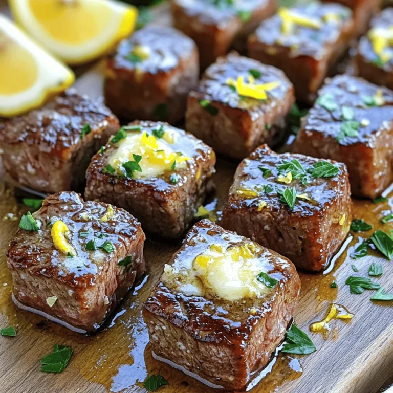 - Rinderfilet: Die besten Schnittarten - Ich empfehle, Rinderfilet (Sirloin) zu verwenden. Es ist zart und saftig. Die Würfel sollten 2,5 cm groß sein, damit sie gleichmäßig garen. - Gewürze: Würze für den perfekten Geschmack - Verwende Salz und Pfeffer. Sie heben den natürlichen Geschmack des Fleisches hervor. Auch geräuchertes Paprikapulver passt sehr gut. Es gibt den Steakbissen eine leichte Rauchnote. - Zusätzliche Zutaten für die Sauce - Die Sauce besteht aus ungesalzener Butter, frischem Knoblauch und Petersilie. Zitrone bringt Frische. Die Schale und der Saft sorgen für ein tolles Aroma. Diese Zutaten machen das Gericht besonders lecker. Das ist die Basis für die Knoblauchbutter Steakbissen. Diese Zutaten findest du in fast jedem Supermarkt. Es sind einfache, frische Produkte, die den Geschmack stark verbessern. Wenn du mehr Informationen benötigst, schau dir das [Full Recipe] an. Um die Steakbissen perfekt zu würzen, beginne mit hochwertigem Rinderfilet. Schneide das Fleisch in 2,5 cm große Würfel. Würze sie gleichmäßig mit Salz, Pfeffer und geräuchertem Paprikapulver. Diese Mischung verstärkt den Geschmack. Verwende eine große Pfanne und erhitze das Olivenöl bei mittelhoher Hitze. Warte, bis das Öl leicht glänzt. Lege die Steakbissen in die Pfanne. Achte darauf, dass sie nicht übereinander liegen. Brate sie 2-3 Minuten pro Seite an, bis sie schön braun sind. So erhältst du eine tolle Kruste. Für die Knoblauchbuttersauce schmelze die Butter in derselben Pfanne. Reduziere die Hitze auf mittlere Stufe. Gib den fein gehackten Knoblauch hinzu, sobald die Butter geschmolzen ist. Rühre den Knoblauch für etwa 30 Sekunden, bis er duftet. Pass auf, dass er nicht verbrennt. Füge die Steakbissen wieder in die Pfanne. Wende sie im aromatischen Knoblauchbuttermix. Die Zitronenschale und der Zitronensaft bringen Frische. Lass alles eine weitere Minute köcheln, damit die Aromen gut einziehen. Brate die Steakbissen im Knoblauchbuttermix an, bis sie gut durchwärmt sind. Rühre die frische Petersilie ein, um Farbe und Geschmack zu verleihen. Passe die Gewürze nach deinem Geschmack an. Serviere die Steakbissen auf einem Holzbrett oder einer rustikalen Platte. Garniere sie mit zusätzlicher gehackter Petersilie und Zitronenschnitzen. Du kannst sie auch mit knusprigem Brot oder einem einfachen Salat kombinieren, um eine vollständige Mahlzeit zu bieten. Für das vollständige Rezept schau dir die [Full Recipe] an. Überfüllung der Pfanne: Wenn du zu viele Steakbissen auf einmal brätst, werden sie nicht gut bräunen. Die Hitze bleibt nicht konstant, und das Fleisch wird eher gedämpft als gebraten. Das führt zu einem weniger saftigen Ergebnis. Brate die Bissen in kleinen Portionen. So bekommen sie die schöne Kruste, die wir lieben. Vermeidung von verbranntem Knoblauch: Knoblauch kann schnell verbrennen. Achte darauf, ihn nur kurz anzubraten. Lass die Butter schmelzen und füge den Knoblauch erst hinzu, wenn die Butter heiß ist. Rühre ständig, bis der Knoblauch duftet. Wenn er zu dunkel wird, schmeckt er bitter und das willst du vermeiden. Medium Rare, Medium und mehr: Die Garstufen sind wichtig. Für Medium Rare sollte das Steak eine Innentemperatur von etwa 54 °C haben. Medium liegt bei etwa 60 °C. Verwende ein Fleischthermometer, um sicherzugehen. Das gibt dir die beste Kontrolle über das Ergebnis. Tipps für die Überprüfung der Garstufe: Du kannst die Garstufe auch mit der Handfläche testen. Drücke mit dem Finger auf das Steak. Es sollte sich weich anfühlen für Medium Rare und fester für Medium. Übung macht den Meister! So wirst du bald ein Gefühl dafür entwickeln. Willst du mehr über die Zubereitung erfahren? Schau dir das [Full Recipe] an! {{image_4}} Du kannst die Knoblauchbutter Steakbissen ganz leicht anpassen. Füge frische Kräuter hinzu, um den Geschmack zu verändern. Rosmarin oder Thymian sind tolle Optionen. Diese Kräuter verleihen dem Gericht eine besondere Note. Für etwas Schärfe kannst du eine Prise Cayennepfeffer oder Chili-Flocken verwenden. Das gibt den Steakbissen einen aufregenden Kick. Wenn du es süßer magst, probiere etwas Honig in der Sauce. Die Beilagen sind wichtig, um das Gericht zu ergänzen. Ein einfacher grüner Salat passt perfekt zu den Steakbissen. Du kannst ihn mit einem leichten Dressing anrichten. Auch geröstetes Gemüse harmoniert gut. Denke an Karotten, Paprika und Zucchini. Wenn du etwas Herzhaftes möchtest, serviere die Steakbissen mit knusprigen Pommes oder Reis. Soßen wie eine cremige Knoblauchsoße oder BBQ-Sauce sind ebenfalls eine gute Wahl. Sie bringen zusätzliche Tiefe in den Geschmack. Für den perfekten Genuss, kombiniere die Steakbissen mit einem Glas Rotwein. Ein Merlot oder Cabernet Sauvignon passt sehr gut. Das rundet dein Essen ab und macht es besonders. Für das vollständige Rezept, schau dir die [Full Recipe] an. Um die Knoblauchbutter Steakbissen richtig zu lagern, lege sie in einen luftdichten Behälter. Kühle sie sofort nach dem Kochen. So bleiben die Aromen frisch. Wenn du die Steakbissen aufwärmen möchtest, benutze eine Pfanne. Erhitze die Pfanne auf mittlerer Hitze und füge einen kleinen Löffel Butter oder Öl hinzu. Dies verhindert das Austrocknen. Lege die Steakbissen hinein und brate sie etwa 2-3 Minuten. Achte darauf, dass sie gleichmäßig erwärmt werden. Im Kühlschrank halten die Steakbissen bis zu drei Tage. Stelle sicher, dass sie gut verpackt sind. Wenn du sie länger aufbewahren möchtest, friere sie ein. So bleiben sie bis zu drei Monate haltbar. Achte darauf, sie in Portionen zu verpacken. So kannst du sie leicht auftauen und genießen. Für die besten Ergebnisse, tau die Steakbissen im Kühlschrank auf. Dies sorgt für eine bessere Textur. Vermeide es, sie in der Mikrowelle aufzutauen, da dies die Qualität beeinträchtigen kann. Für das vollständige Rezept, siehe [Full Recipe]. Für die besten Ergebnisse brate die Steakbissen 2-3 Minuten pro Seite an. So bekommst du eine schöne, goldene Kruste. Achte darauf, dass die Pfanne heiß genug ist. Überfülle die Pfanne nicht, damit die Steakbissen gleichmäßig braten. Wenn du sie zu dicht packst, kochen sie statt zu braten. Ja, du kannst auch andere Fleischsorten verwenden. Hähnchenbrust oder Schweinefilet sind tolle Alternativen. Diese Fleischsorten brauchen jedoch eine andere Garzeit. Achte darauf, die Stücke kleiner zu schneiden, damit sie schneller garen. Probiere auch Lamm, wenn du etwas Neues ausprobieren möchtest. Eine einfache Beilage sind gebratene Gemüse. Brokkoli oder grüne Bohnen passen hervorragend. Auch ein frischer Salat ist eine gute Wahl. Wenn du etwas Deftigeres magst, serviere die Steakbissen mit Kartoffelpüree oder knusprigem Brot. Ein kühles Glas Rotwein rundet das Essen perfekt ab. Für weitere Ideen sieh dir das Full Recipe an. Diese Anleitung zeigt, wie man köstliche Knoblauchbutter Steakbissen macht. Wir haben die besten Zutaten, Schritte und Tipps behandelt. Vergiss nicht, die Garstufen zu beachten, um das perfekte Ergebnis zu erzielen. Experimentiere mit verschiedenen Kräutern und Beilagen. So bleibt das Gericht aufregend und vielseitig. Lagere die Reste richtig, damit sie frisch bleiben. Mit diesen Tipps wird deine Mahlzeit ein Hit. Starte jetzt und genieße den Geschmack!