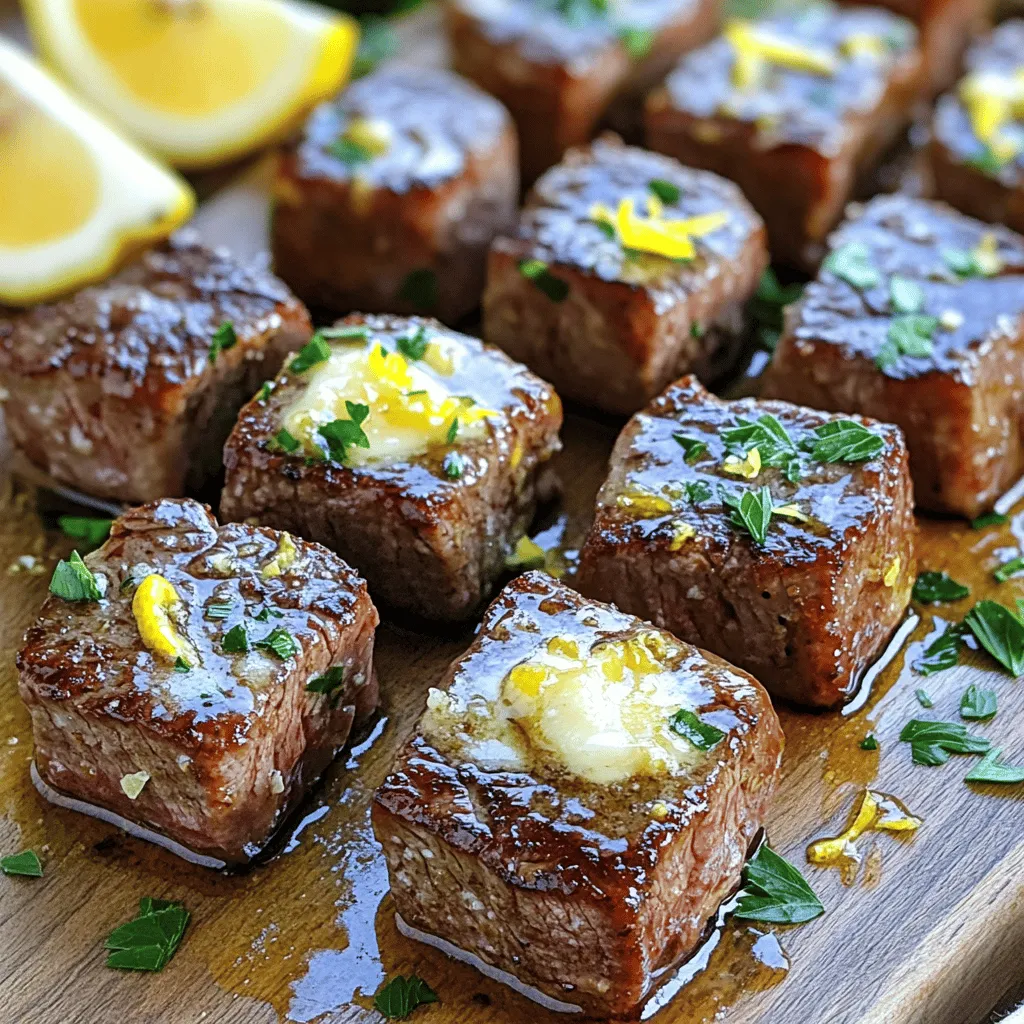 - Rinderfilet: Die besten Schnittarten - Ich empfehle, Rinderfilet (Sirloin) zu verwenden. Es ist zart und saftig. Die Würfel sollten 2,5 cm groß sein, damit sie gleichmäßig garen. - Gewürze: Würze für den perfekten Geschmack - Verwende Salz und Pfeffer. Sie heben den natürlichen Geschmack des Fleisches hervor. Auch geräuchertes Paprikapulver passt sehr gut. Es gibt den Steakbissen eine leichte Rauchnote. - Zusätzliche Zutaten für die Sauce - Die Sauce besteht aus ungesalzener Butter, frischem Knoblauch und Petersilie. Zitrone bringt Frische. Die Schale und der Saft sorgen für ein tolles Aroma. Diese Zutaten machen das Gericht besonders lecker. Das ist die Basis für die Knoblauchbutter Steakbissen. Diese Zutaten findest du in fast jedem Supermarkt. Es sind einfache, frische Produkte, die den Geschmack stark verbessern. Wenn du mehr Informationen benötigst, schau dir das [Full Recipe] an. Um die Steakbissen perfekt zu würzen, beginne mit hochwertigem Rinderfilet. Schneide das Fleisch in 2,5 cm große Würfel. Würze sie gleichmäßig mit Salz, Pfeffer und geräuchertem Paprikapulver. Diese Mischung verstärkt den Geschmack. Verwende eine große Pfanne und erhitze das Olivenöl bei mittelhoher Hitze. Warte, bis das Öl leicht glänzt. Lege die Steakbissen in die Pfanne. Achte darauf, dass sie nicht übereinander liegen. Brate sie 2-3 Minuten pro Seite an, bis sie schön braun sind. So erhältst du eine tolle Kruste. Für die Knoblauchbuttersauce schmelze die Butter in derselben Pfanne. Reduziere die Hitze auf mittlere Stufe. Gib den fein gehackten Knoblauch hinzu, sobald die Butter geschmolzen ist. Rühre den Knoblauch für etwa 30 Sekunden, bis er duftet. Pass auf, dass er nicht verbrennt. Füge die Steakbissen wieder in die Pfanne. Wende sie im aromatischen Knoblauchbuttermix. Die Zitronenschale und der Zitronensaft bringen Frische. Lass alles eine weitere Minute köcheln, damit die Aromen gut einziehen. Brate die Steakbissen im Knoblauchbuttermix an, bis sie gut durchwärmt sind. Rühre die frische Petersilie ein, um Farbe und Geschmack zu verleihen. Passe die Gewürze nach deinem Geschmack an. Serviere die Steakbissen auf einem Holzbrett oder einer rustikalen Platte. Garniere sie mit zusätzlicher gehackter Petersilie und Zitronenschnitzen. Du kannst sie auch mit knusprigem Brot oder einem einfachen Salat kombinieren, um eine vollständige Mahlzeit zu bieten. Für das vollständige Rezept schau dir die [Full Recipe] an. Überfüllung der Pfanne: Wenn du zu viele Steakbissen auf einmal brätst, werden sie nicht gut bräunen. Die Hitze bleibt nicht konstant, und das Fleisch wird eher gedämpft als gebraten. Das führt zu einem weniger saftigen Ergebnis. Brate die Bissen in kleinen Portionen. So bekommen sie die schöne Kruste, die wir lieben. Vermeidung von verbranntem Knoblauch: Knoblauch kann schnell verbrennen. Achte darauf, ihn nur kurz anzubraten. Lass die Butter schmelzen und füge den Knoblauch erst hinzu, wenn die Butter heiß ist. Rühre ständig, bis der Knoblauch duftet. Wenn er zu dunkel wird, schmeckt er bitter und das willst du vermeiden. Medium Rare, Medium und mehr: Die Garstufen sind wichtig. Für Medium Rare sollte das Steak eine Innentemperatur von etwa 54 °C haben. Medium liegt bei etwa 60 °C. Verwende ein Fleischthermometer, um sicherzugehen. Das gibt dir die beste Kontrolle über das Ergebnis. Tipps für die Überprüfung der Garstufe: Du kannst die Garstufe auch mit der Handfläche testen. Drücke mit dem Finger auf das Steak. Es sollte sich weich anfühlen für Medium Rare und fester für Medium. Übung macht den Meister! So wirst du bald ein Gefühl dafür entwickeln. Willst du mehr über die Zubereitung erfahren? Schau dir das [Full Recipe] an! {{image_4}} Du kannst die Knoblauchbutter Steakbissen ganz leicht anpassen. Füge frische Kräuter hinzu, um den Geschmack zu verändern. Rosmarin oder Thymian sind tolle Optionen. Diese Kräuter verleihen dem Gericht eine besondere Note. Für etwas Schärfe kannst du eine Prise Cayennepfeffer oder Chili-Flocken verwenden. Das gibt den Steakbissen einen aufregenden Kick. Wenn du es süßer magst, probiere etwas Honig in der Sauce. Die Beilagen sind wichtig, um das Gericht zu ergänzen. Ein einfacher grüner Salat passt perfekt zu den Steakbissen. Du kannst ihn mit einem leichten Dressing anrichten. Auch geröstetes Gemüse harmoniert gut. Denke an Karotten, Paprika und Zucchini. Wenn du etwas Herzhaftes möchtest, serviere die Steakbissen mit knusprigen Pommes oder Reis. Soßen wie eine cremige Knoblauchsoße oder BBQ-Sauce sind ebenfalls eine gute Wahl. Sie bringen zusätzliche Tiefe in den Geschmack. Für den perfekten Genuss, kombiniere die Steakbissen mit einem Glas Rotwein. Ein Merlot oder Cabernet Sauvignon passt sehr gut. Das rundet dein Essen ab und macht es besonders. Für das vollständige Rezept, schau dir die [Full Recipe] an. Um die Knoblauchbutter Steakbissen richtig zu lagern, lege sie in einen luftdichten Behälter. Kühle sie sofort nach dem Kochen. So bleiben die Aromen frisch. Wenn du die Steakbissen aufwärmen möchtest, benutze eine Pfanne. Erhitze die Pfanne auf mittlerer Hitze und füge einen kleinen Löffel Butter oder Öl hinzu. Dies verhindert das Austrocknen. Lege die Steakbissen hinein und brate sie etwa 2-3 Minuten. Achte darauf, dass sie gleichmäßig erwärmt werden. Im Kühlschrank halten die Steakbissen bis zu drei Tage. Stelle sicher, dass sie gut verpackt sind. Wenn du sie länger aufbewahren möchtest, friere sie ein. So bleiben sie bis zu drei Monate haltbar. Achte darauf, sie in Portionen zu verpacken. So kannst du sie leicht auftauen und genießen. Für die besten Ergebnisse, tau die Steakbissen im Kühlschrank auf. Dies sorgt für eine bessere Textur. Vermeide es, sie in der Mikrowelle aufzutauen, da dies die Qualität beeinträchtigen kann. Für das vollständige Rezept, siehe [Full Recipe]. Für die besten Ergebnisse brate die Steakbissen 2-3 Minuten pro Seite an. So bekommst du eine schöne, goldene Kruste. Achte darauf, dass die Pfanne heiß genug ist. Überfülle die Pfanne nicht, damit die Steakbissen gleichmäßig braten. Wenn du sie zu dicht packst, kochen sie statt zu braten. Ja, du kannst auch andere Fleischsorten verwenden. Hähnchenbrust oder Schweinefilet sind tolle Alternativen. Diese Fleischsorten brauchen jedoch eine andere Garzeit. Achte darauf, die Stücke kleiner zu schneiden, damit sie schneller garen. Probiere auch Lamm, wenn du etwas Neues ausprobieren möchtest. Eine einfache Beilage sind gebratene Gemüse. Brokkoli oder grüne Bohnen passen hervorragend. Auch ein frischer Salat ist eine gute Wahl. Wenn du etwas Deftigeres magst, serviere die Steakbissen mit Kartoffelpüree oder knusprigem Brot. Ein kühles Glas Rotwein rundet das Essen perfekt ab. Für weitere Ideen sieh dir das Full Recipe an. Diese Anleitung zeigt, wie man köstliche Knoblauchbutter Steakbissen macht. Wir haben die besten Zutaten, Schritte und Tipps behandelt. Vergiss nicht, die Garstufen zu beachten, um das perfekte Ergebnis zu erzielen. Experimentiere mit verschiedenen Kräutern und Beilagen. So bleibt das Gericht aufregend und vielseitig. Lagere die Reste richtig, damit sie frisch bleiben. Mit diesen Tipps wird deine Mahlzeit ein Hit. Starte jetzt und genieße den Geschmack!
