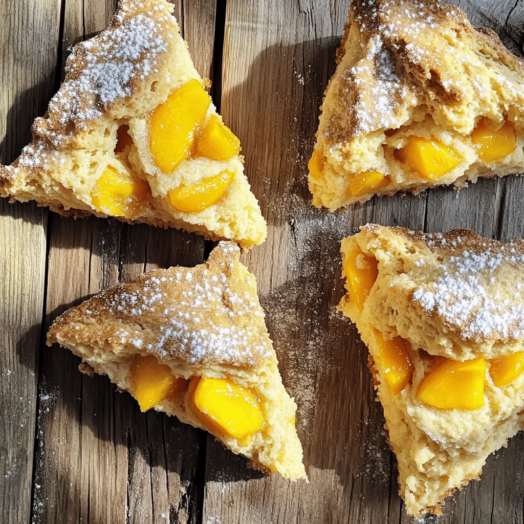 Die Hauptzutaten für die Frischen Pfirsich-Scones sind einfach und leicht zu finden. Hier sind die Zutaten, die du benötigst: - 2 Tassen Weizenmehl - 1/3 Tasse Kristallzucker - 1 Esslöffel Backpulver - 1/2 Teelöffel Salz - 1/2 Tasse ungesalzene Butter, kalt und gewürfelt - 1 Tasse frische Pfirsiche, geschält und gewürfelt - 1/2 Tasse Sahne - 1 großes Ei - 1 Teelöffel Vanilleextrakt - Extra Kristallzucker zum Bestreuen Jede Zutat spielt eine wichtige Rolle. Das Mehl gibt den Scones Struktur. Zucker sorgt für Süße. Butter macht sie zart und reichhaltig. Frische Pfirsiche bringen einen köstlichen Geschmack. Die Auswahl der perfekten Pfirsiche ist sehr wichtig für den Geschmack. Achte darauf, dass die Pfirsiche reif und saftig sind. Du willst Pfirsiche, die leicht nachgeben, wenn du sie drückst. Der Duft sollte süß und aromatisch sein. Vermeide Pfirsiche mit Druckstellen oder braunen Flecken. Diese sind oft überreif oder schlecht. Wenn du im Supermarkt bist, wähle am besten Bio-Pfirsiche. Sie sind oft frischer und schmackhafter. Wenn du spezielle Diäten hast, gibt es tolle Alternativen. Für eine glutenfreie Version kannst du glutenfreies Mehl verwenden. Statt Sahne kannst du Mandelmilch oder Kokoscreme nutzen. Veganer können die Butter durch Kokosöl ersetzen. Das Ei kannst du durch Apfelmus oder einen Chia-Pudding ersetzen. So bleibt der Geschmack lecker, auch wenn du besondere Anforderungen hast. Probiere diese Alternativen aus und finde die beste Kombination für dich! Wenn du mehr über die Zubereitung erfahren möchtest, schau dir das Full Recipe an. Heize deinen Ofen auf 220°C vor. Das ist wichtig, damit die Scones schön aufgehen. Lege ein Backblech mit Backpapier aus. So kleben die Scones nicht fest. Nimm eine große Schüssel. Vermenge dort das Weizenmehl, den Zucker, das Backpulver und das Salz. Mische sie gut mit einem Löffel oder Schneebesen. In einer anderen Schüssel vermischst du die Sahne, das Ei und den Vanilleextrakt. Rühre alles gut durch, bis die Mischung glatt ist. Gib die trockenen Zutaten in eine große Schüssel. Füge die kalte Butter hinzu. Mische sie mit deinen Fingern, bis die Mischung krümelig ist. Jetzt kommen die gewürfelten Pfirsiche dazu. Hebe sie vorsichtig unter, damit sie ganz bleiben. Gieße die feuchte Mischung in die trockenen Zutaten. Mische alles kurz, bis es gerade so zusammenkommt. Streue etwas Mehl auf eine Arbeitsfläche. Gib den Teig darauf und forme ihn zu einem Kreis. Der Kreis sollte etwa 2,5 cm dick sein. Schneide den Teig in 8 Stücke. Lege die Scones auf das Backblech. Lass genug Platz zwischen ihnen. Bestreue die Oberseite leicht mit Zucker. Jetzt backst du die Scones für 15 bis 20 Minuten. Sie sind fertig, wenn die Ränder goldbraun sind. Lass sie danach 5 Minuten abkühlen, bevor du sie auf ein Kuchengitter legst. Für das vollständige Rezept schau dir die Anleitung unter dem Titel "Pfirsich-Glück Scones" an. Du kannst die Pfirsich-Glück Scones leicht aufpeppen. Füge etwas Zimt oder Muskatnuss hinzu. Diese Gewürze bringen eine warme Note. Auch ein Schuss Honig kann die Süße verstärken. Wenn du magst, experimentiere mit einer Mischung aus Pfirsichen und Himbeeren. Das gibt einen tollen Farb- und Geschmacks-Mix. Fluffige Scones sind der Traum jedes Bäckers. Achte darauf, die Butter kalt zu lassen. Wenn die Butter zu warm wird, wird der Teig nicht richtig aufgehen. Rühre den Teig nur kurz. Je weniger du rührst, desto lockerer bleiben die Scones. Ein weiterer Trick ist, die Scones direkt nach dem Formen zu backen. So verlieren sie nicht an Luftigkeit. Ein häufiger Fehler ist, die Zutaten zu lange zu mischen. Das führt zu dichten Scones. Halte dich an die Anweisungen der Full Recipe. Ein weiterer Fehler ist, kalte Zutaten zu verwenden. Achte darauf, dass die Butter sehr kalt ist, aber nicht gefroren. Wenn du diese kleinen Tipps beachtest, gelingen dir die besten Scones! {{image_4}} Du kannst deine Scones ganz einfach mit anderen Früchten variieren. Versuche, Himbeeren, Blaubeeren oder sogar Äpfel zu verwenden. Diese Früchte geben den Scones eine andere Süße und Textur. Wenn du Äpfel verwendest, schneide sie klein und füge etwas Zimt hinzu. Dies gibt eine warme Note. Mit verschiedenen Früchten kannst du die Scones an jede Saison anpassen. Wenn du eine vegane Option wünschst, ersetze die Butter durch Kokosöl oder vegane Margarine. Nutze Pflanzenmilch anstelle von Sahne. Du kannst auch Leinsamen oder Chiasamen als Ei-Ersatz verwenden. Mische einen Esslöffel Leinsamen mit drei Esslöffeln Wasser. Lass es einige Minuten stehen, bis es dick wird. Diese Alternativen machen die Scones lecker und vegan. Fühle dich frei, mit Gewürzen zu experimentieren! Ein Hauch von Muskatnuss oder Ingwer kann den Scones viel Geschmack geben. Auch Vanilleextrakt ist eine tolle Ergänzung. Wenn du es magst, kannst du auch etwas Zitronenschale hinzufügen. Diese Aromen machen deine Scones einzigartig und spannend. Probiere neue Kombinationen aus und finde deine Lieblingsvariante. Für das volle Rezept schau dir die Pfirsich-Glück Scones an! Um die Scones frisch zu halten, lege sie in einen luftdichten Behälter. Die Scones bleiben so weich und lecker. Stelle den Behälter an einen kühlen, trockenen Ort. Wenn du sie nach ein paar Tagen nicht isst, lege sie in den Kühlschrank. So bleiben sie bis zu einer Woche frisch. Wenn du die Scones länger aufbewahren möchtest, friere sie ein. Lasse sie zuerst vollständig abkühlen. Wickele dann jede Scone in Frischhaltefolie. Lege die eingewickelten Scones in einen Gefrierbeutel. So kannst du sie bis zu drei Monate aufbewahren. Zum Auftauen lege die Scones einfach in den Kühlschrank über Nacht. Um die Scones wieder aufzuheizen, heize deinen Ofen auf 180 Grad Celsius vor. Lege die Scones auf ein Backblech und erwärme sie für etwa 10 Minuten. So werden sie wieder warm und knusprig. Du kannst sie auch in der Mikrowelle aufwärmen. Stelle die Mikrowelle auf niedrige Stufe und erwärme die Scones für 15 bis 20 Sekunden. So bleiben sie weich und lecker. Ja, du kannst gefrorene Pfirsiche verwenden. Achte darauf, sie vorher aufzutauen. Trockne die Pfirsiche, um überschüssige Feuchtigkeit zu entfernen. So wird dein Teig nicht zu nass. Gefrorene Pfirsiche sind eine gute Alternative, besonders wenn frische nicht verfügbar sind. Sie bieten dennoch einen tollen Geschmack. Die Scones sind bei Raumtemperatur etwa drei Tage haltbar. Bewahre sie in einem luftdichten Behälter auf. So bleiben sie weich und frisch. Wenn du die Scones länger aufbewahren möchtest, lege sie in den Kühlschrank. Dort halten sie sich bis zu einer Woche. Du kannst sie auch einfrieren, um ihre Frische zu bewahren. Wenn du keine Sahne hast, probiere folgende Alternativen: - Milch: Verwende normale Milch oder eine pflanzliche Variante. - Joghurt: Naturjoghurt kann auch gut funktionieren. - Buttermilch: Sie gibt den Scones einen tollen Geschmack. Diese Alternativen können die Konsistenz leicht verändern, aber das Ergebnis bleibt lecker. Die Pfirsich-Glück Scones sind einfach zuzubereiten. Wir haben die Hauptzutaten behandelt und Tipps für die besten Pfirsiche gegeben. Ich habe auch wichtige Variationen für spezielle Diäten vorgestellt. Der Schritt-für-Schritt-Plan zeigt, wie man sie perfekt backt und aufbewahrt. Denke an die Lagerung und wie du die Scones frisch hältst. Mit diesen Ratschlägen bist du bereit für köstliche Ergebnisse. Viel Spaß beim Backen und genießen!