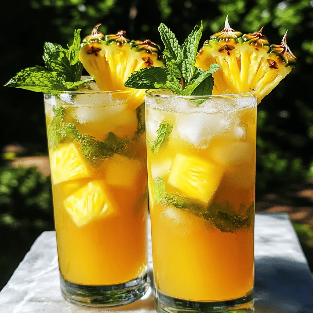 Für die Pineapple Mint Agua Fresca brauchen Sie nur einige einfache Zutaten. Diese sind: - 2 Tassen frische Ananas, gewürfelt - 1 Tasse Wasser - 1/4 Tasse frische Minzblätter - 2 Esslöffel Limettensaft (ca. 1 Limette) - 2 Esslöffel Honig oder Agavensirup (nach Geschmack anpassen) - Eiswürfel - Minzzweige und Ananasscheiben zur Garnierung Die Kombination aus Ananas und Minze sorgt für einen tollen Geschmack. Ananas bringt Süße und Frische. Minze gibt einen kühlen, erfrischenden Kick. Diese Mischung ist perfekt für heiße Tage. Wenn Sie keinen Honig oder Agavensirup mögen, gibt es Alternativen. Sie können auch Zuckersirup verwenden, wenn Sie es süßer mögen. Eine andere gute Option ist Stevia, das kalorienfrei ist. Achten Sie darauf, die Menge anzupassen, da Stevia sehr süß ist. Frische Zutaten sind der Schlüssel zu einem leckeren Getränk. Verwenden Sie immer reife Ananas und frische Minzblätter. Diese bringen den besten Geschmack. Frische Limetten sorgen für Lebendigkeit und Säure. Wenn Sie frische Zutaten nutzen, werden Ihre Gäste begeistert sein. Sie schmecken den Unterschied sofort! Besonders bei einem einfachen Rezept wie diesem ist die Qualität der Zutaten entscheidend. Zuerst sammeln wir die Zutaten für die Pineapple Mint Agua Fresca. Du brauchst: - 2 Tassen frische Ananas, gewürfelt - 1 Tasse Wasser - 1/4 Tasse frische Minzblätter - 2 Esslöffel Limettensaft (ca. 1 Limette) - 2 Esslöffel Honig oder Agavensirup (nach Geschmack anpassen) - Eiswürfel - Minzzweige und Ananasscheiben zur Garnierung Die Ananas sollte reif und süß sein. Frische Minze gibt dem Getränk einen tollen Duft. Limettensaft sorgt für Frische. Jetzt kommt der spaßige Teil: das Mixen! Gib die Ananas, das Wasser, die Minzblätter, den Limettensaft und den Honig in einen Mixer. Mixe alles bei hoher Geschwindigkeit. Du willst eine glatte Mischung. Wenn du magst, kannst du mehr Honig hinzufügen. Mixe dann erneut, um den Geschmack zu verbessern. Gieße die Mischung durch ein feinmaschiges Sieb in einen Krug. So entfernst du das Fruchtfleisch. Drücke mit einem Löffel auf die Mischung. So bekommst du viel Flüssigkeit. Jetzt lass die Agua Fresca mindestens 30 Minuten im Kühlschrank stehen. So entfalten sich die Aromen. Serviere die erfrischende Agua Fresca über Eiswürfeln. Garniere sie mit einem Minzzweig und einer Ananasscheibe. Du kannst das vollständige Rezept hier finden: [Full Recipe]. Um die Süße deiner Pineapple Mint Agua Fresca anzupassen, probiere verschiedene Süßungsmittel. Du kannst Honig, Agavensirup oder Zucker verwenden. Beginne mit der angegebenen Menge und taste dich langsam voran. Mixe die Zutaten gut, bevor du mehr hinzufügst. So findest du die perfekte Süße für deinen Geschmack. Denke daran, dass frische Ananas auch süß ist. Das beeinflusst die gesamte Mischung. Die Präsentation macht dein Getränk besonders. Verwende frische Minzzweige und Ananasscheiben zur Garnierung. Diese sorgen für einen frischen Look und duftenden Geschmack. Fülle die Gläser mit Eis, bevor du die Flüssigkeit hinzufügst. Für einen zusätzlichen Farbtupfer kannst du auch Limettenschnitze am Rand platzieren. So sieht es nicht nur schön aus, sondern schmeckt auch frisch. Die beste Serviertemperatur für Agua Fresca ist kühl und erfrischend. Kühle die Mischung mindestens 30 Minuten im Kühlschrank. Das hilft, die Aromen richtig zu entfalten. Serviere das Getränk über Eiswürfeln, um es lange kühl zu halten. Du kannst auch die Gläser vorher im Gefrierfach kühlen, um die Frische zu verstärken. So wird dein Getränk ein echter Hit an warmen Tagen. {{image_4}} Um den Geschmack Ihrer Pineapple Mint Agua Fresca zu verbessern, probieren Sie einige Extras. Fügen Sie einen Spritzer Limettensaft hinzu, um die Frische zu verstärken. Eine Prise Salz kann die Süße der Ananas hervorheben. Auch eine kleine Menge Ingwer verleiht eine spannende Schärfe. Die Kombination von frischer Minze und Limette bringt ein tolles Aroma. Die Pineapple Mint Agua Fresca ist sehr vielseitig. Fügen Sie ein paar Erdbeeren oder Himbeeren hinzu, um die Süße zu variieren. Auch Mango passt gut zur Ananas und sorgt für eine tropische Note. Wenn Sie Citrusfrüchte mögen, probieren Sie Grapefruit oder Orange. Diese Früchte geben der Mischung eine erfrischende Tiefe. Sie können die Agua Fresca leicht in einen alkoholfreien Cocktail umwandeln. Mischen Sie sie mit Sprudelwasser für einen spritzigen Drink. Fügen Sie ein wenig Kokoswasser hinzu, um eine tropische Note zu erhalten. Ein Schuss Grenadinesirup kann für eine süße Farbe sorgen. Diese Cocktails sind perfekt für Partys oder heiße Tage. Sie finden das gesamte Rezept [Full Recipe] hier. Um übrig gebliebene Agua Fresca aufzubewahren, fülle sie in einen sauberen Krug. Stelle den Krug in den Kühlschrank. Decke ihn ab, um Gerüche zu vermeiden. So bleibt die Frische länger erhalten. Die Agua Fresca bleibt im Kühlschrank etwa 2 bis 3 Tage frisch. Nach dieser Zeit kann der Geschmack nachlassen. Schmecke sie vor dem Trinken, um sicherzustellen, dass sie noch gut ist. Wenn du die Agua Fresca länger aufbewahren möchtest, kannst du sie einfrieren. Fülle sie in Eiswürfelformen oder luftdichte Behälter. So hast du eine erfrischende Ergänzung für Getränke. Um sie zu verwenden, lasse die Würfel einfach bei Raumtemperatur auftauen. Es gibt viele Wege, Pineapple Mint Agua Fresca zu ändern. Du kannst andere Früchte verwenden. Mango oder Erdbeeren passen gut. Für einen spritzigen Geschmack füge Limette hinzu. Du kannst auch Kokoswasser anstelle von Wasser verwenden. Das gibt einen tropischen Flair. Wenn du es prickelnd magst, nimm Sprudelwasser. Ja, Agua Fresca ist gesund. Sie enthält frische Früchte und keine künstlichen Zusätze. Die Ananas bietet Vitamine und Ballaststoffe. Minze hilft der Verdauung und erfrischt den Atem. Wenn du Honig verwendest, bekommst du natürliche Süße. Es ist eine tolle Alternative zu gezuckerten Getränken. Die Süße ist ganz einfach zu ändern. Probiere, weniger Honig oder Agavensirup zu nutzen. Du kannst auch andere Süßungsmittel verwenden, wie Stevia oder Dattelsirup. Mixe zuerst und teste den Geschmack. Füge nach Bedarf mehr Süße hinzu. So bekommst du das perfekte Gleichgewicht für deinen Gaumen. Agua Fresca kommt aus Mexiko. Sie ist ein beliebtes Sommergetränk. In Mexiko mischen die Leute oft frische Früchte mit Wasser. Es ist eine tolle Art, sich abzukühlen. Jetzt ist es weltweit beliebt. Viele genießen es in heißen Klimazonen. Ja, dieses Rezept ist sehr einfach. Die Schritte sind klar und kurz. Du musst nur die Zutaten mixen und filtern. Es braucht nur wenig Zeit. Jeder kann es machen, auch wenn du neu in der Küche bist. Probiere das Rezept, um deine eigene Agua Fresca zu machen! Du findest das vollständige Rezept [hier](#). Pineapple Mint Agua Fresca ist einfach, frisch und lecker. Wir haben die wichtigsten Zutaten und deren Alternativen besprochen. Auch die Bedeutung frischer Zutaten ist entscheidend. Der Schritt-für-Schritt-Prozess macht die Zubereitung kinderleicht. Tipps zur Anpassung der Süße, Ideen zur Garnierung und Serviertemperatur helfen dir, das Beste aus deinem Getränk herauszuholen. Variationen und Lagerungshinweise sorgen dafür, dass du vielseitig genießen kannst. Setze dein Wissen ein und genieße dieses erfrischende Getränk aus frischen Zutaten!