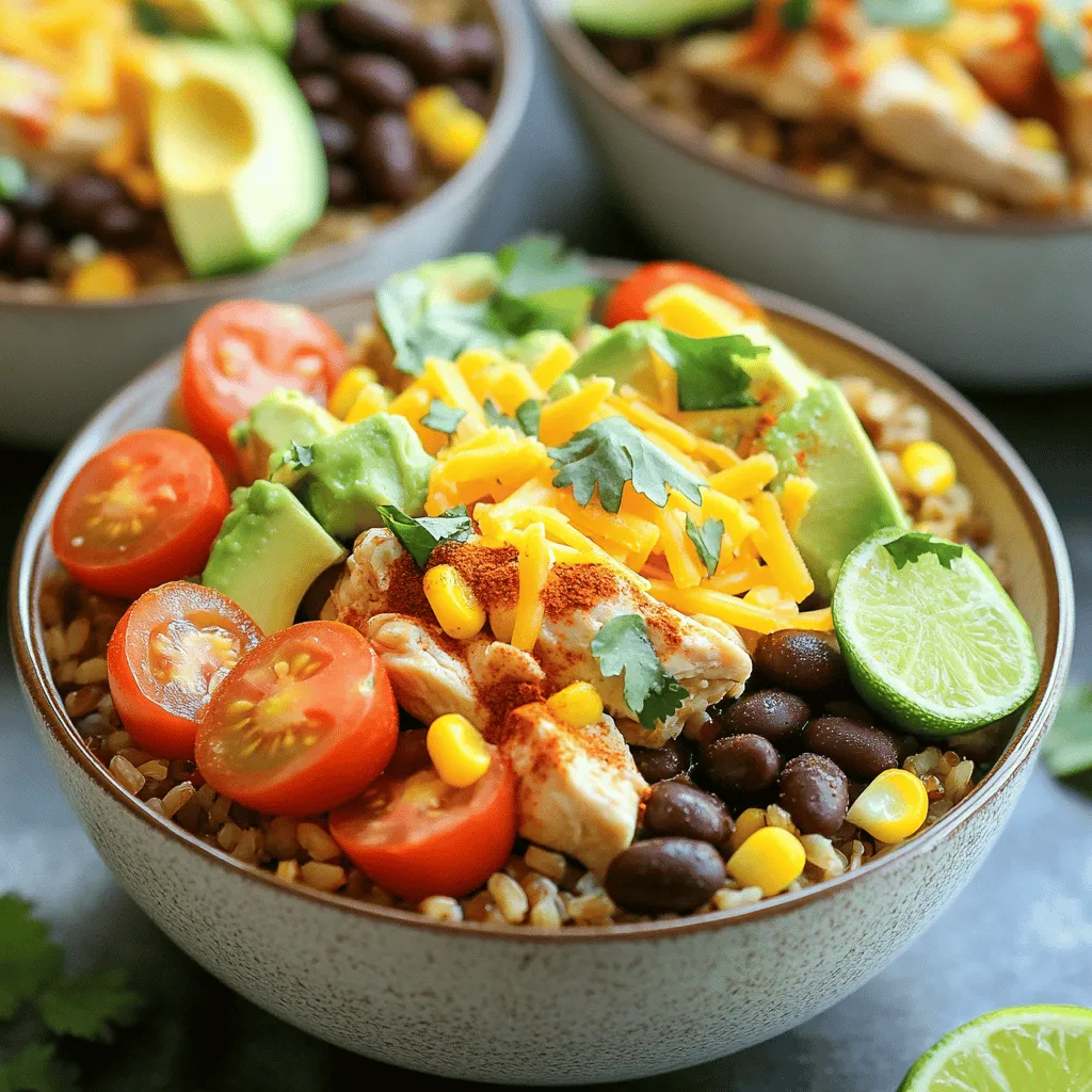 Für die perfekte Chicken Burrito Bowl brauchst du: - 2 Tassen gekochter Vollkornreis - 450 g Hähnchenbrustfilet ohne Haut und Knochen, gewürfelt - 1 Esslöffel Olivenöl - 1 Teelöffel Chilipulver - 1 Teelöffel Kreuzkümmel - 1 Teelöffel Knoblauchpulver - 1 Teelöffel Zwiebelpulver - Salz und Pfeffer nach Geschmack - 1 Dose (425 g) schwarze Bohnen, abgetropft und gespült - 1 Tasse Mais (gefroren oder aus der Dose) - 1 Tasse Kirschtomaten, halbiert - 1 Avocado, gewürfelt - 1/2 Tasse geriebener Cheddar-Käse - 1/4 Tasse frischer Koriander, gehackt - Saft von 1 Limette Die Gewürze machen den Unterschied. Chilipulver gibt Wärme. Kreuzkümmel bringt einen erdigen Geschmack. Knoblauchpulver und Zwiebelpulver fügen Tiefe hinzu. Vergiss nicht, Salz und Pfeffer nach Geschmack hinzuzufügen. Diese Gewürze machen das Hähnchen lecker und aromatisch. Du kannst die Bowls nach deinem Geschmack anpassen. Hier sind einige tolle Toppings: - Saure Sahne für Cremigkeit - Salsa für extra Geschmack - Jalapeños für mehr Schärfe Diese Zutaten machen deine Burrito Bowls noch besser. Du kannst sie kreativ gestalten, ganz nach deinem Wunsch! Überlege, welche Aromen dir gefallen. Du kannst auch die [Full Recipe] für eine detaillierte Anleitung ansehen. Zuerst erhitze das Olivenöl in einer großen Pfanne. Stelle die Hitze auf mittel bis hoch. Füge die gewürfelten Hähnchenstücke hinzu. Streue dann Chilipulver, Kreuzkümmel, Knoblauchpulver, Zwiebelpulver, Salz und Pfeffer darüber. Brate das Hähnchen für 5 bis 7 Minuten. Es sollte durchgegart sein und nicht mehr rosa. Wenn das Hähnchen brät, bereite den Reis vor. Du kannst vorgekochten Vollkornreis verwenden. Alternativ koche den Reis nach den Anweisungen auf der Verpackung. In einem anderen Topf erhitze die schwarzen Bohnen und den Mais. Mach das bei niedriger Hitze, bis sie warm sind. Rühre gelegentlich um. Beginne mit dem Schichten der Burrito-Bowls. Lege zuerst eine Portion Reis in jede Schüssel. Danach kommt das angebratene Hähnchen. Schichte die warmen schwarzen Bohnen und den Mais darüber. Füge die halbierten Kirschtomaten und die gewürfelte Avocado obenauf. Bestreue jede Schüssel mit geriebenem Cheddar-Käse und gehacktem Koriander. Träufle etwas Limettensaft über die Bowls. Vervollständige die Bowls mit Toppings wie saurer Sahne oder Salsa. Du findest die vollständige Anleitung im Full Recipe. Ein häufiger Fehler ist, das Hähnchen zu lange zu braten. Achte darauf, dass es nicht trocken wird. Verwende immer frische Zutaten, um den besten Geschmack zu erzielen. Wenn du den Limettensaft zu früh hinzufügst, kann das Gemüse matschig werden. Warte bis zum Servieren. Du kannst die Bowls nach deinem Geschmack anpassen. Wenn du scharfe Aromen magst, füge mehr Chilipulver hinzu. Für eine rauchige Note, benutze geräucherten Paprika. Möchtest du mehr Gemüse? Probiere Paprika, Zucchini oder Spinat. Du kannst auch Quinoa oder Couscous anstelle von Reis verwenden. Die Präsentation ist wichtig für den Genuss. Verwende bunte Schalen für einen schönen Kontrast. Garniere die Bowls mit frischem Koriander und Limettenscheiben. So sieht es ansprechend aus. Eine weitere Idee: Stelle die Schalen in die Mitte des Tisches. So kann jeder servieren und genießen. {{image_4}} Für eine vegetarische Burrito-Bowl kann ich dir Tofu oder Tempeh empfehlen. Beide sind proteinreich und nehmen gute Aromen auf. Du kannst das Hähnchen einfach durch 450 g gewürfelten Tofu ersetzen. Brate den Tofu in Olivenöl und würze ihn mit den gleichen Gewürzen. Füge zusätzlich mehr Gemüse wie Paprika oder Zucchini hinzu. Das gibt deiner Bowl eine tolle Textur. Wenn du eine vegane Option suchst, ersetze das Hähnchen durch schwarze Bohnen oder Kichererbsen. Diese Hülsenfrüchte sind voll von Proteinen und Ballaststoffen. Verwende in diesem Fall auch vegane Käsealternativen oder lasse den Käse ganz weg. Du kannst auch Avocado und frische Salsa für mehr Geschmack verwenden. Das sorgt für eine leckere und gesunde Bowl. Möchtest du eine Low-Carb-Variante? Dann kannst du den Reis durch Blumenkohlreis ersetzen. Blumenkohlreis hat weniger Kohlenhydrate und liefert dennoch eine tolle Basis. Bereite den Blumenkohl einfach in der Küchenmaschine vor und brate ihn kurz an. Du kannst auch mehr Gemüse wie Spinat oder Brokkoli hinzufügen. Diese Optionen machen deine Bowl leicht und nahrhaft. Wenn du mehr Informationen und Rezepte zum Thema Burrito-Bowls suchst, schau dir das komplette Rezept an! Um die frischen Aromen deiner Chicken Burrito Bowls zu bewahren, lagere sie in luftdichten Behältern. Verwende Glas- oder Kunststoffbehälter mit einem sicheren Deckel. Du kannst die Zutaten auch getrennt aufbewahren, um die Frische zu erhalten. So bleibt das Hähnchen saftig und das Gemüse knusprig. Wenn du die Bowls für später vorbereitest, stelle sicher, dass sie vollständig abgekühlt sind, bevor du sie in den Kühlschrank stellst. Die Chicken Burrito Bowls bleiben im Kühlschrank etwa 3 bis 4 Tage frisch. Achte darauf, sie innerhalb dieser Zeit zu essen. Nach 4 Tagen können die Zutaten an Geschmack verlieren oder unsicher werden. Wenn du die Bowls einfrierst, halten sie bis zu 3 Monate. Achte darauf, sie in geeigneten Behältern einzufrieren, um Gefrierbrand zu vermeiden. Um die Bowls wieder aufzuwärmen, stelle sie in die Mikrowelle. Erhitze sie in Intervallen von 1 bis 2 Minuten. Rühre zwischendurch um, um eine gleichmäßige Erwärmung zu erreichen. Du kannst auch den Ofen nutzen, um die Bowls auf 180 Grad Celsius zu erhitzen. Decke sie mit Aluminiumfolie ab, um das Austrocknen zu verhindern. Achte darauf, das Hähnchen und das Gemüse nicht zu überhitzen. So bleiben sie zart und schmackhaft. Du kannst die Burrito-Bowls würziger machen, indem du mehr Chilipulver oder frische Jalapeños hinzufügst. Eine andere Option ist, scharfe Salsa oder scharfe Soße zu verwenden. Du kannst auch mit verschiedenen Kräutern und Gewürzen experimentieren. Füge zum Beispiel frischen Koriander oder Petersilie hinzu. Diese Zutaten geben den Bowls mehr Geschmack und Tiefe. Ja, Chicken Burrito Bowls können gesund sein. Sie enthalten mageres Hähnchen, Vollkornreis und frisches Gemüse. Diese Zutaten liefern viele Nährstoffe, Ballaststoffe und Proteine. Du kannst die Portionen auch anpassen, um deinen Kalorienbedarf zu decken. Wenn du auf Fett und Zucker achtest, bleiben die Bowls nahrhaft und lecker. Ja, du kannst die Chicken Burrito Bowls im Voraus zubereiten. Koche das Hähnchen, den Reis und das Gemüse und lagere sie getrennt im Kühlschrank. Fülle die Schalen erst kurz vor dem Servieren. So bleibt alles frisch und lecker. Du kannst die Bowls auch für mehrere Tage aufbewahren. Achte darauf, sie gut abzudecken, damit sie nicht austrocknen. Du hast gesehen, wie man köstliche Chicken Burrito Bowls zubereitet. Wir haben die Hauptzutaten, Gewürze und viele Toppings besprochen. Die Schritt-für-Schritt-Anleitung führt dich durch das Kochen von Hähnchen, Reis und Gemüse. Mit Tipps und Tricks vermeidest du Fehler und machst die Bowls noch besser. Denke an die Variationen, um sie anzupassen. Halte deine Bowls frisch mit den besten Aufbewahrungsmethoden. Probiere diese leckeren und gesunden Rezepte aus! Viel Spaß beim Kochen!