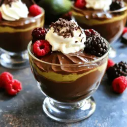 - 2 reife Avocados - 1/2 Tasse ungesüßtes Kakaopulver - 1/4 Tasse Ahornsirup - 1/4 Tasse Mandelmilch - 1 Teelöffel Vanilleextrakt Die Hauptzutaten sind einfach zu finden. Reife Avocados sind der Schlüssel. Sie machen die Mousse cremig und reichhaltig. Ungesüßtes Kakaopulver gibt den schokoladigen Geschmack. Ahornsirup sorgt für die Süße. Mandelmilch hilft, die perfekte Konsistenz zu erreichen. Vanilleextrakt fügt ein warmes Aroma hinzu. - Eine Prise Meersalz - 1/4 Tasse dunkle Schokoladenstückchen Optionale Zutaten machen die Mousse noch besser. Eine Prise Meersalz hebt den Geschmack der Schokolade hervor. Dunkle Schokoladenstückchen sorgen für extra Genuss und Textur. Sie schmelzen wunderbar in der Mousse und machen sie noch schokoladiger. - Kalorien pro Portion: ca. 200 - Makronährstoffverteilung: - Fett: 15g - Kohlenhydrate: 20g - Protein: 3g Die Mousse ist nahrhaft und enthält gesunde Fette. Avocados sind reich an Nährstoffen und gut für die Haut. Diese Mousse ist ein toller Snack oder Dessert. Sie ist nicht nur lecker, sondern auch gesund. Für das vollständige Rezept, inklusive Zubereitung, schaue bitte auf [Full Recipe]. Zuerst holen wir uns die reifen Avocados. Du schälst sie und entfernst den Kern. Achte darauf, dass die Avocados schön weich sind. Dann nimmst du eine Küchenmaschine oder einen Mixer. Dies ist wichtig, um die Mousse schön cremig zu machen. Jetzt geht es los mit dem Pürieren. Gib die Avocados in die Maschine und püriere sie glatt. Du kannst die Seiten der Maschine abkratzen, damit alles gleichmäßig wird. Wenn die Avocados cremig sind, fügst du die anderen Zutaten hinzu: Kakaopulver, Ahornsirup, Mandelmilch, Vanilleextrakt und eine Prise Meersalz. Die Mischung wird jetzt noch besser! Püriere alles gut, bis die Masse ganz glatt ist. Wenn du möchtest, kannst du geschmolzene Schokolade hinzufügen. Das macht die Mousse noch schokoladiger! Püriere alles zusammen, bis du eine seidige Textur hast. Probiere die Mousse und passe die Süße an. Wenn du es süßer magst, füge etwas mehr Ahornsirup hinzu. Dann löffel die Mousse in kleine Becher. Lass sie für mindestens 30 Minuten im Kühlschrank ruhen. So wird sie fest und die Aromen kommen perfekt zur Geltung. Für die vollständige Anleitung und mehr Details, schau dir das Full Recipe an. Um die perfekte Mousse zu machen, müssen Sie die Avocados richtig wählen. Reife Avocados sind weich, aber nicht matschig. Drücken Sie leicht darauf. Wenn sie sanft nachgeben, sind sie bereit. Wenn sie zu hart sind, lassen Sie sie noch ein paar Tage reifen. Zu unreife Avocados ändern die Konsistenz der Mousse. Die Menge des Kakaopulvers ist wichtig. Zu viel Kakaopulver kann die Mousse bitter machen. Beginnen Sie mit 1/2 Tasse und probieren Sie die Mischung. Wenn Sie mehr Schokoladengeschmack mögen, fügen Sie langsam mehr hinzu. Denken Sie daran, die Süße anzupassen. Kühlen Sie die Mousse richtig ab. Stellen Sie sie für mindestens 30 Minuten in den Kühlschrank. So wird sie fest und die Aromen kommen besser zur Geltung. Servieren Sie die Mousse in hübschen Gläsern. Das macht sie noch ansprechender. Wählen Sie ästhetische Garnierungen. Ein Klecks Kokosnusscreme oder frische Beeren verleihen der Mousse das gewisse Etwas. Auch gehobelte Schokolade sieht großartig aus. Nutzen Sie, was Ihnen gefällt. Vermeiden Sie es, zu viel oder zu wenig Süße hinzuzufügen. Zu viel Süße macht die Mousse ungenießbar. Testen Sie die Mousse, während Sie sie zubereiten. Fügen Sie nach Bedarf mehr Ahornsirup hinzu. Ein weiterer häufiger Fehler ist das unzureichende Pürieren der Avocado. Die Mousse muss ganz glatt sein. Klumpen machen das Dessert weniger schmackhaft. Nutzen Sie einen Mixer oder eine Küchenmaschine. Das sorgt für die beste Textur. Für die vollständige Anleitung und das Rezept, schauen Sie sich die [Full Recipe](#) an. {{image_4}} Ich liebe es, mit verschiedenen Aromen zu spielen. Eine tolle Idee ist, Erdnussbutter hinzuzufügen. Der nussige Geschmack passt perfekt zur Schokolade. Du kannst auch etwas Minzextrakt oder Kaffee einrühren. Diese Zutaten machen die Mousse noch interessanter und frischer. Wenn du gesunde Süßungsmittel magst, probiere Dattelsirup oder Agavendicksaft. Diese sind nicht nur süß, sondern bieten auch zusätzliche Nährstoffe. Dattelsirup macht die Mousse besonders reichhaltig. Agavendicksaft hat einen milden Geschmack und lässt sich gut dosieren. Die Garnitur ist sehr wichtig. Ich empfehle frische Beeren oder Nüsse. Sie geben der Mousse eine schöne Textur. Du kannst auch vegane Schlagsahne verwenden. Sie macht das Dessert noch cremiger und luftiger. Diese kleinen Extras machen die Mousse zu einem echten Genuss. Du kannst die [Full Recipe] für weitere Ideen nutzen. Um die Mousse frisch zu halten, wähle ein gutes Behältermaterial. Glasbehälter oder BPA-freie Plastikbehälter sind ideal. Sie schützen die Mousse vor Luft und Gerüchen. Die Mousse bleibt im Kühlschrank bis zu drei Tage frisch. Verwende immer eine luftdichte Abdeckung, wenn du die Mousse lagerst. So bleibt sie länger lecker. Lagere die Mousse nicht länger als drei Tage. Nach dieser Zeit kann die Qualität leiden. Wenn du die Mousse einfrieren möchtest, fülle sie in einen luftdichten Behälter. Lasse etwas Platz, damit die Mousse sich ausdehnen kann. Zum Auftauen stelle den Behälter einfach in den Kühlschrank. Serviere die Mousse nach dem Auftauen gut gekühlt. Rühre sie vor dem Servieren gut durch, um die Cremigkeit zu verbessern. Ja, die Mousse ist wirklich vegan. Ich benutze nur pflanzliche Zutaten. Die Hauptbestandteile sind reife Avocados, ungesüßtes Kakaopulver und Mandelmilch. Diese Zutaten sind alle frei von tierischen Produkten. Der Ahornsirup dient als Süßungsmittel. So bleibt die Mousse lecker und vegan. Ja, du kannst andere Früchte verwenden. Banane passt gut dazu und macht die Mousse süßer. Auch Beeren wie Himbeeren oder Erdbeeren können gut schmecken. Du kannst die Avocado mit pürierten Früchten mischen. Das gibt der Mousse eine neue Note und macht sie frischer. Avocado ist gesund und cremig. Sie enthält gesunde Fette, die gut für das Herz sind. Außerdem macht sie die Mousse schön glatt. Avocados sind reich an Ballaststoffen und Vitaminen. Das macht die Mousse nicht nur lecker, sondern auch nahrhaft. Die Mousse schmeckt toll mit frischen Beeren. Du kannst auch Nüsse oder Schokoladenstückchen hinzufügen. Als Getränk passt Mandelmilch oder ein frischer Saft gut. Eine Tasse Tee rundet das Dessert perfekt ab. Die Zubereitung einer Avocado-Schokoladenmousse ist einfach und lecker. Wir haben die Hauptzutaten besprochen, wie die reifen Avocados und Kakao, sowie die optionalen Zutaten für zusätzlichen Geschmack. Die Schritt-für-Schritt-Anleitung macht den Prozess klar und einfach. Beachte die Tipps, um die Mousse perfekt zu machen. Unsere Variationen bieten Kreativität, während die Lagerungshinweise deine Mousse frisch halten. Am Ende ist diese gesunde Dessertalternative ein Genuss. Probiere die Mousse aus und genieße den einzigartigen Geschmack!