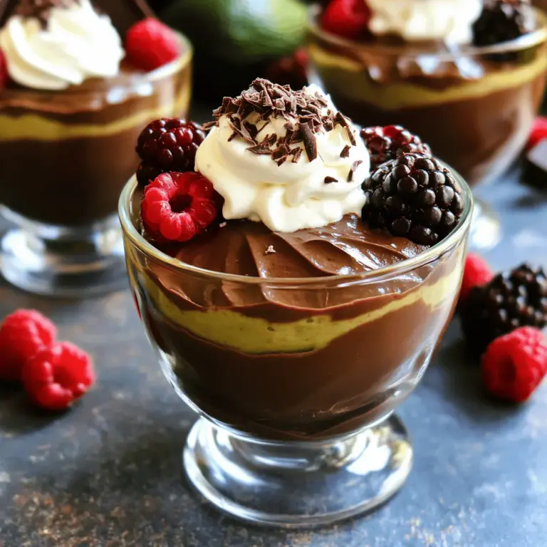 - 2 reife Avocados - 1/2 Tasse ungesüßtes Kakaopulver - 1/4 Tasse Ahornsirup - 1/4 Tasse Mandelmilch - 1 Teelöffel Vanilleextrakt Die Hauptzutaten sind einfach zu finden. Reife Avocados sind der Schlüssel. Sie machen die Mousse cremig und reichhaltig. Ungesüßtes Kakaopulver gibt den schokoladigen Geschmack. Ahornsirup sorgt für die Süße. Mandelmilch hilft, die perfekte Konsistenz zu erreichen. Vanilleextrakt fügt ein warmes Aroma hinzu. - Eine Prise Meersalz - 1/4 Tasse dunkle Schokoladenstückchen Optionale Zutaten machen die Mousse noch besser. Eine Prise Meersalz hebt den Geschmack der Schokolade hervor. Dunkle Schokoladenstückchen sorgen für extra Genuss und Textur. Sie schmelzen wunderbar in der Mousse und machen sie noch schokoladiger. - Kalorien pro Portion: ca. 200 - Makronährstoffverteilung: - Fett: 15g - Kohlenhydrate: 20g - Protein: 3g Die Mousse ist nahrhaft und enthält gesunde Fette. Avocados sind reich an Nährstoffen und gut für die Haut. Diese Mousse ist ein toller Snack oder Dessert. Sie ist nicht nur lecker, sondern auch gesund. Für das vollständige Rezept, inklusive Zubereitung, schaue bitte auf [Full Recipe]. Zuerst holen wir uns die reifen Avocados. Du schälst sie und entfernst den Kern. Achte darauf, dass die Avocados schön weich sind. Dann nimmst du eine Küchenmaschine oder einen Mixer. Dies ist wichtig, um die Mousse schön cremig zu machen. Jetzt geht es los mit dem Pürieren. Gib die Avocados in die Maschine und püriere sie glatt. Du kannst die Seiten der Maschine abkratzen, damit alles gleichmäßig wird. Wenn die Avocados cremig sind, fügst du die anderen Zutaten hinzu: Kakaopulver, Ahornsirup, Mandelmilch, Vanilleextrakt und eine Prise Meersalz. Die Mischung wird jetzt noch besser! Püriere alles gut, bis die Masse ganz glatt ist. Wenn du möchtest, kannst du geschmolzene Schokolade hinzufügen. Das macht die Mousse noch schokoladiger! Püriere alles zusammen, bis du eine seidige Textur hast. Probiere die Mousse und passe die Süße an. Wenn du es süßer magst, füge etwas mehr Ahornsirup hinzu. Dann löffel die Mousse in kleine Becher. Lass sie für mindestens 30 Minuten im Kühlschrank ruhen. So wird sie fest und die Aromen kommen perfekt zur Geltung. Für die vollständige Anleitung und mehr Details, schau dir das Full Recipe an. Um die perfekte Mousse zu machen, müssen Sie die Avocados richtig wählen. Reife Avocados sind weich, aber nicht matschig. Drücken Sie leicht darauf. Wenn sie sanft nachgeben, sind sie bereit. Wenn sie zu hart sind, lassen Sie sie noch ein paar Tage reifen. Zu unreife Avocados ändern die Konsistenz der Mousse. Die Menge des Kakaopulvers ist wichtig. Zu viel Kakaopulver kann die Mousse bitter machen. Beginnen Sie mit 1/2 Tasse und probieren Sie die Mischung. Wenn Sie mehr Schokoladengeschmack mögen, fügen Sie langsam mehr hinzu. Denken Sie daran, die Süße anzupassen. Kühlen Sie die Mousse richtig ab. Stellen Sie sie für mindestens 30 Minuten in den Kühlschrank. So wird sie fest und die Aromen kommen besser zur Geltung. Servieren Sie die Mousse in hübschen Gläsern. Das macht sie noch ansprechender. Wählen Sie ästhetische Garnierungen. Ein Klecks Kokosnusscreme oder frische Beeren verleihen der Mousse das gewisse Etwas. Auch gehobelte Schokolade sieht großartig aus. Nutzen Sie, was Ihnen gefällt. Vermeiden Sie es, zu viel oder zu wenig Süße hinzuzufügen. Zu viel Süße macht die Mousse ungenießbar. Testen Sie die Mousse, während Sie sie zubereiten. Fügen Sie nach Bedarf mehr Ahornsirup hinzu. Ein weiterer häufiger Fehler ist das unzureichende Pürieren der Avocado. Die Mousse muss ganz glatt sein. Klumpen machen das Dessert weniger schmackhaft. Nutzen Sie einen Mixer oder eine Küchenmaschine. Das sorgt für die beste Textur. Für die vollständige Anleitung und das Rezept, schauen Sie sich die [Full Recipe](#) an. {{image_4}} Ich liebe es, mit verschiedenen Aromen zu spielen. Eine tolle Idee ist, Erdnussbutter hinzuzufügen. Der nussige Geschmack passt perfekt zur Schokolade. Du kannst auch etwas Minzextrakt oder Kaffee einrühren. Diese Zutaten machen die Mousse noch interessanter und frischer. Wenn du gesunde Süßungsmittel magst, probiere Dattelsirup oder Agavendicksaft. Diese sind nicht nur süß, sondern bieten auch zusätzliche Nährstoffe. Dattelsirup macht die Mousse besonders reichhaltig. Agavendicksaft hat einen milden Geschmack und lässt sich gut dosieren. Die Garnitur ist sehr wichtig. Ich empfehle frische Beeren oder Nüsse. Sie geben der Mousse eine schöne Textur. Du kannst auch vegane Schlagsahne verwenden. Sie macht das Dessert noch cremiger und luftiger. Diese kleinen Extras machen die Mousse zu einem echten Genuss. Du kannst die [Full Recipe] für weitere Ideen nutzen. Um die Mousse frisch zu halten, wähle ein gutes Behältermaterial. Glasbehälter oder BPA-freie Plastikbehälter sind ideal. Sie schützen die Mousse vor Luft und Gerüchen. Die Mousse bleibt im Kühlschrank bis zu drei Tage frisch. Verwende immer eine luftdichte Abdeckung, wenn du die Mousse lagerst. So bleibt sie länger lecker. Lagere die Mousse nicht länger als drei Tage. Nach dieser Zeit kann die Qualität leiden. Wenn du die Mousse einfrieren möchtest, fülle sie in einen luftdichten Behälter. Lasse etwas Platz, damit die Mousse sich ausdehnen kann. Zum Auftauen stelle den Behälter einfach in den Kühlschrank. Serviere die Mousse nach dem Auftauen gut gekühlt. Rühre sie vor dem Servieren gut durch, um die Cremigkeit zu verbessern. Ja, die Mousse ist wirklich vegan. Ich benutze nur pflanzliche Zutaten. Die Hauptbestandteile sind reife Avocados, ungesüßtes Kakaopulver und Mandelmilch. Diese Zutaten sind alle frei von tierischen Produkten. Der Ahornsirup dient als Süßungsmittel. So bleibt die Mousse lecker und vegan. Ja, du kannst andere Früchte verwenden. Banane passt gut dazu und macht die Mousse süßer. Auch Beeren wie Himbeeren oder Erdbeeren können gut schmecken. Du kannst die Avocado mit pürierten Früchten mischen. Das gibt der Mousse eine neue Note und macht sie frischer. Avocado ist gesund und cremig. Sie enthält gesunde Fette, die gut für das Herz sind. Außerdem macht sie die Mousse schön glatt. Avocados sind reich an Ballaststoffen und Vitaminen. Das macht die Mousse nicht nur lecker, sondern auch nahrhaft. Die Mousse schmeckt toll mit frischen Beeren. Du kannst auch Nüsse oder Schokoladenstückchen hinzufügen. Als Getränk passt Mandelmilch oder ein frischer Saft gut. Eine Tasse Tee rundet das Dessert perfekt ab. Die Zubereitung einer Avocado-Schokoladenmousse ist einfach und lecker. Wir haben die Hauptzutaten besprochen, wie die reifen Avocados und Kakao, sowie die optionalen Zutaten für zusätzlichen Geschmack. Die Schritt-für-Schritt-Anleitung macht den Prozess klar und einfach. Beachte die Tipps, um die Mousse perfekt zu machen. Unsere Variationen bieten Kreativität, während die Lagerungshinweise deine Mousse frisch halten. Am Ende ist diese gesunde Dessertalternative ein Genuss. Probiere die Mousse aus und genieße den einzigartigen Geschmack!