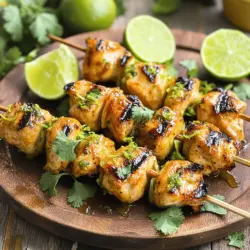 Um leckere Chili Lime Chicken Skewers zu machen, brauchst du folgende Hauptzutaten: - 900 g gewürfelte, entbeinte, hautlose Hähnchenbrust - 3 Esslöffel frischer Limettensaft - Zeste von 2 Limetten - 2 Esslöffel Olivenöl - 1 Esslöffel Honig Diese Zutaten bilden die Basis für das Gericht. Das Hähnchen bringt Protein und die Limette sorgt für Frische. Für den perfekten Geschmack, füge diese Gewürze hinzu: - 1 Teelöffel Chilipulver - 1 Teelöffel Knoblauchpulver - 1 Teelöffel Kreuzkümmel - ½ Teelöffel geräucherter Paprika - Salz und Pfeffer nach Geschmack Diese Gewürze geben den Spießen einen tollen Kick. Die Marinade aus Limettensaft und Honig sorgt für ein süß-saures Aroma. Frische Zutaten sind wichtig für guten Geschmack. Wähle dein Hähnchen sorgfältig aus. Es sollte rosafarben und fest sein. Achte auf die Limetten. Sie sollten fest und schwer in der Hand liegen. So hast du den besten Saft. Verwende auch frische Kräuter, wie Koriander, zur Garnierung. Das macht dein Gericht noch schöner. Du kannst die gesamte Anleitung für die Zubereitung in der [Full Recipe] finden. Um die Marinade zu machen, nehme eine große Schüssel. Füge frischen Limettensaft, die Zeste von zwei Limetten, Olivenöl, Honig, Chilipulver, Knoblauchpulver, Kreuzkümmel, geräucherte Paprika, Salz und Pfeffer hinzu. Rühre alles mit einem Schneebesen gut um. Ziel ist eine gleichmäßige Mischung, die alle Zutaten gut vereint. Diese Marinade wird das Hähnchen schön würzig machen. Jetzt kommt das Hähnchen. Nimm die gewürfelte, entbeinte Hähnchenbrust und lege sie in die Marinade. Mische alles gut, sodass jedes Stück gleichmäßig bedeckt ist. Decke die Schüssel mit Frischhaltefolie ab und stelle sie für mindestens eine Stunde in den Kühlschrank. Für intensiveren Geschmack kannst du das Hähnchen auch bis zu vier Stunden marinieren. Während dieser Zeit nehmen die Hähnchenstücke die Aromen auf und werden zart und saftig. Heize deinen Grill oder eine Grillpfanne auf mittelhohe Temperatur vor. Nimm die marinierten Hähnchenstücke und fädele sie auf die eingeweichten Holzspieße. Achte darauf, etwas Platz zwischen den Stücken zu lassen, damit sie gleichmäßig garen. Wenn der Grill heiß ist, lege die Spieße darauf. Grill die Hähnchen-Skewers für 10 bis 12 Minuten. Wende sie regelmäßig, bis sie durchgegart und schön braun sind. Die Innentemperatur sollte 75 °C erreichen, damit das Hähnchen perfekt ist. Lass die Spieße nach dem Grillen ein paar Minuten ruhen, bevor du sie servierst. Das macht sie noch saftiger. Um perfekte Chili Lime Chicken Skewers zu bekommen, ist der Grill sehr wichtig. Heizen Sie den Grill gut vor. Ein heißer Grill sorgt für schöne Grillstreifen und ein saftiges Hähnchen. Wenden Sie die Spieße häufig. So garen sie gleichmäßig und brennen nicht an. Verwenden Sie eine Grillzange, um die Spieße leicht zu drehen. Achten Sie darauf, dass das Hähnchen eine Innentemperatur von 75 °C erreicht. Die Marinierzeit beeinflusst den Geschmack stark. Ich empfehle, das Hähnchen mindestens 1 Stunde zu marinieren. Für noch intensiveren Geschmack können Sie es bis zu 4 Stunden marinieren. Aber lassen Sie es nicht länger als 4 Stunden, da das Hähnchen sonst zu weich wird. Diese Zeit gibt den Aromen Zeit, in das Fleisch einzudringen. Holzspieße sind ideal für diese Skewers. Sie sollten sie vor dem Grillen mindestens 30 Minuten in Wasser einweichen. So verhindern Sie, dass sie während des Grillens anbrennen. Achten Sie darauf, die Spieße nicht zu überladen. Lassen Sie etwas Platz zwischen den Hähnchenstücken. Dies hilft der Luft, zirkulieren zu können. So garen die Skewers gleichmäßig und bleiben saftig. {{image_4}} Wenn Sie die Marinade für Chili Lime Chicken Skewers ändern möchten, gibt es viele Optionen. Sie können Sojasauce anstelle von Olivenöl verwenden. Das gibt einen salzigen, umami Geschmack. Fügen Sie etwas frischen Ingwer hinzu, um die Aromen aufzupeppen. Sie können auch Limettensaft gegen Zitronensaft tauschen. Das sorgt für eine andere, aber leckere Note. Experimentieren Sie mit verschiedenen Kräutern wie Oregano oder Thymian. Diese Gewürze bringen neue Geschmäcker in Ihr Gericht. Gemüse ist eine großartige Ergänzung zu Ihren Spießen. Paprika, Zwiebeln und Zucchini passen gut zu Hähnchen. Sie geben Farbe und Textur. Schneiden Sie das Gemüse in gleich große Stücke, damit alles gleichmäßig gart. Sie können auch Ananasstücke hinzufügen. Sie bringen Süße und Säure ins Spiel. Das macht die Spieße noch interessanter. Denken Sie daran, das Gemüse vor dem Grillen in die Marinade zu tauchen. So nimmt es den guten Geschmack auf. Servieren Sie die Chili Lime Chicken Skewers auf einer großen Platte. Legen Sie frische Limettenschnitze darum, um den Look zu verbessern. Ein knackiger Coleslaw ist eine tolle Beilage dazu. Er bringt Frische und Crunch. Reis oder Quinoa passen ebenfalls gut. Diese Beilagen machen das Essen sättigender. Sie können auch einen leichten Dip wie Joghurt oder Sour Cream anbieten. Das rundet das Gericht ab und sorgt für Abwechslung. Wenn du Reste von den Chili Lime Chicken Skewers hast, lagere sie in einem luftdichten Behälter. Stelle sicher, dass sie gut abgekühlt sind, bevor du sie in den Kühlschrank stellst. So bleiben sie frisch und lecker. Du kannst die Spieße bis zu drei Tage im Kühlschrank aufbewahren. Die Marinade kannst du im Voraus zubereiten. Sie bleibt im Kühlschrank bis zu fünf Tage frisch. Bewahre sie in einem luftdichten Behälter auf. Wenn du die Marinade länger aufbewahren möchtest, friere sie in kleinen Portionen ein. So hast du immer eine schnelle Marinade für deine nächsten Grillabende. Um die Reste aufzuwärmen, nutze den Grill oder eine Pfanne. Erhitze sie bei mittlerer Hitze, damit sie gleichmäßig warm werden. Du kannst auch die Mikrowelle verwenden, aber achte darauf, sie nicht zu lange zu erhitzen. So bleibt das Hähnchen saftig und zart. Wenn du magst, füge etwas frischen Limettensaft hinzu, um den Geschmack aufzufrischen! Die Hähnchenspieße sollten mindestens 1 Stunde mariniert werden. Wenn du mehr Geschmack willst, mariniere sie bis zu 4 Stunden. So zieht die Marinade besser in das Hähnchen ein. Ein längeres Marinieren macht das Hähnchen zarter und aromatischer. Ja, du kannst die Spieße auch im Ofen zubereiten. Heize den Ofen auf 200 °C vor. Lege die Spieße auf ein Backblech mit Backpapier. Backe sie für etwa 15–20 Minuten. Achte darauf, sie einmal zu wenden, damit sie gleichmäßig garen. So bekommst du auch im Ofen leckere und saftige Spieße. Zu Chili Lime Chicken Skewers passen viele Beilagen. Hier sind einige Ideen: - Gegrilltes Gemüse, wie Paprika und Zucchini - Reis oder Quinoa - Ein frischer Salat mit Limettendressing - Tortillas oder Fladenbrot - Guacamole und Salsa Diese Beilagen ergänzen den Geschmack der Spieße perfekt. In diesem Artikel habe ich Ihnen gezeigt, wie man Chili Lime Chicken Skewers zubereitet. Wir haben die wichtigsten Zutaten, die Marinade und Tipps zum Grillen behandelt. Ich habe auch Variationen und Aufbewahrungshinweise geteilt, die Ihre Erfahrung verbessern. Denken Sie daran, frische Zutaten sind der Schlüssel zu gutem Geschmack. Experimentieren Sie mit verschiedenen Gewürzen und Beilagen. So wird jede Grillparty ein Hit! Kochen macht Spaß und bringt Freude. Genießen Sie Ihre Spieße!