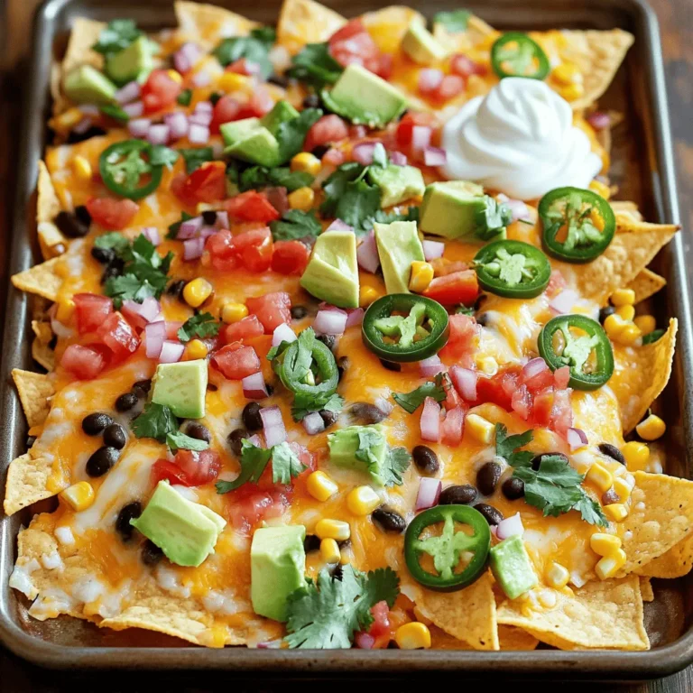 Um die perfekten Sheet Pan Nachos zu machen, brauchst du einige Hauptzutaten. Diese Zutaten sind leicht zu finden und machen deine Nachos richtig lecker. Hier ist, was du benötigst: - 1 Tüte (340 g) Tortilla-Chips - 2 Tassen geriebener Cheddar-Käse - 1 Tasse schwarze Bohnen, abgespült und abgetropft - 1 Tasse Maiskörner (aus der Dose oder tiefgefroren) - 1 Jalapeño, in Scheiben geschnitten (optional für Schärfe) - 1 Tomate, gewürfelt - 1/2 Tasse rote Zwiebel, fein gehackt - 1 Avocado, gewürfelt - 1/4 Tasse frischer Koriander, gehackt - 1/2 Tasse Sauerrahm - 1/4 Tasse Salsa - Olivenöl, zum Beträufeln - Salz und Pfeffer nach Geschmack Optional kannst du viele Toppings hinzufügen, um deine Nachos noch besser zu machen. Ich empfehle, ein paar Jalapeño-Scheiben für die Schärfe zu verwenden. Du kannst auch frische Limetten verwenden, um einen spritzigen Geschmack hinzuzufügen. Sogar schwarze Oliven passen gut dazu. Du hast die Wahl! Die Gewürze machen viel aus. Ein wenig Salz und Pfeffer hebt den Geschmack der Nachos hervor. Du kannst auch etwas Kreuzkümmel oder Paprika hinzufügen, um mehr Tiefe zu bringen. Diese einfachen Aromen würden deine Nachos auf ein neues Level bringen. Das Tolle ist, dass du diese nach deinem eigenen Geschmack anpassen kannst! Für die komplette Zubereitung schaue dir das [Full Recipe] an. Zuerst heize deinen Ofen auf 200°C vor. Das macht die Nachos schön knusprig. Dann nimm ein großes Backblech und lege es mit Backpapier aus. Das hilft bei der Reinigung später. Nimm die Tortilla-Chips und verteile sie gleichmäßig auf dem Backblech. Achte darauf, dass alle Chips gut bedeckt sind. So bekommst du überall leckere Nachos. Jetzt kommt der spaßige Teil! Streue die schwarzen Bohnen und Maiskörner gleichmäßig über die Chips. Füge dann die gewürfelten Tomaten hinzu. Nimm den geriebenen Cheddar-Käse und streue ihn großzügig darüber. Wenn du es scharf magst, lege die Jalapeño-Scheiben oben drauf. Beträufle alles mit etwas Olivenöl und würze das Ganze mit Salz und Pfeffer. Backe die Nachos 10-15 Minuten im Ofen. Achte darauf, dass der Käse schön geschmolzen und sprudelnd ist. Lass die Nachos kurz abkühlen und belege sie dann mit Avocado, Zwiebel und Koriander. Serviere sie sofort mit Sauerrahm und Salsa. Schau dir die vollständige Anleitung für weitere Details im Full Recipe an. Um den besten Käsegeschmack zu erzielen, nutze frischen Cheddar. Geriebener Käse schmilzt gleichmäßiger. Achte darauf, ihn großzügig über die Chips zu streuen. So bleibt kein Chip unbedeckt. Backe die Nachos, bis der Käse schön sprudelnd ist. Das gibt dir die perfekte, schmelzige Textur. Die Auswahl der Toppings macht deine Nachos besonders. Ich empfehle schwarze Bohnen und Mais für mehr Geschmack. Frische Tomaten und rote Zwiebeln bringen Farbe und Frische. Avocado sorgt für Cremigkeit. Vergiss nicht, frischen Koriander hinzuzufügen. Das gibt dem Gericht eine aromatische Note. Wenn du es gerne scharf magst, füge Jalapeños hinzu. Du kannst auch frische Chilis verwenden. Wenn du es milder magst, lasse die Jalapeños weg. Probiere auch milde Salsa für weniger Schärfe. So kannst du deine Nachos genau nach deinem Geschmack anpassen. {{image_4}} Wenn du nach einer vegetarischen Option suchst, ist es einfach. Du kannst die schwarze Bohnen mit Kichererbsen ersetzen. Das gibt einen tollen Biss. Füge zusätzlich mehr Gemüse hinzu, wie Paprika oder Zucchini. Diese Gemüsesorten sind frisch und lecker. Du kannst auch Quinoa einstreuen, um mehr Textur zu erhalten. Für Fleischliebhaber gibt es viele tolle Möglichkeiten. Gegrilltes Hähnchen oder Rinderhackfleisch sind großartige Ergänzungen. Würze das Fleisch mit Taco-Gewürz für einen intensiven Geschmack. Du kannst auch Speckwürfel hinzufügen, um einen rauchigen Geschmack zu erzielen. Diese Optionen machen die Nachos herzhaft und sättigend. Experimentiere mit verschiedenen Geschmäckern. Füge scharfe Salsa oder Guacamole hinzu, um mehr Frische zu bringen. Du kannst auch Feta-Käse für einen salzigen Kick verwenden. Wenn du etwas Süßes magst, probiere Ananas oder Mango. Diese Kombinationen machen das Gericht spannend und einzigartig. Für das vollständige Rezept, schau dir die Anleitung für einfache Blech-Nachos an. Wenn du Nachos übrig hast, lagere sie in einem luftdichten Behälter. Das hilft, die Chips knusprig zu halten. Lege ein Blatt Küchenpapier auf die Nachos, um die Feuchtigkeit aufzusaugen. So bleiben sie frisch. Bewahre sie im Kühlschrank auf. So halten sie sich bis zu drei Tage. Um die Nachos aufzuwärmen, lege sie auf ein Backblech. Heize den Ofen auf 180°C vor. Backe die Nachos für etwa 5 bis 10 Minuten. Achte darauf, dass der Käse wieder schmilzt, aber die Chips nicht verbrennen. Du kannst auch die Mikrowelle nutzen. Stelle die Nachos in eine mikrowellengeeignete Schüssel. Erhitze sie in kurzen Intervallen von 30 Sekunden. Um Matsche zu vermeiden, lagere die Toppings separat. Wenn du Avocado oder Sauerrahm verwendest, füge diese erst beim Servieren hinzu. Dadurch bleiben die Chips knusprig. Du kannst auch die Mengen der feuchten Zutaten anpassen. So bleibt mehr Crunch in deinen Nachos. Du kannst die Nachos bis zu 30 Minuten vor dem Servieren vorbereiten. Lege einfach die Zutaten auf das Blech, aber backe sie nicht sofort. Das hilft, den perfekten Crunch zu bewahren. Wenn du sie länger aufbewahren musst, decke sie ab. Ja, du kannst andere Käsesorten nutzen! Gouda, Monterey Jack oder sogar Feta sind tolle Alternativen. Jede Käsesorte bringt ihren eigenen Geschmack und ihre Textur mit. Achte darauf, dass der Käse gut schmilzt. Um die Portionen anzupassen, ändere einfach die Menge der Zutaten. Für weniger Personen nimm weniger Chips und Käse. Für mehr, verdopple die Zutaten. Das Rezept ist flexibel und passt sich deinem Bedarf an. In diesem Artikel haben wir die besten Zutaten für einfache Sheet Pan Nachos erkundet. Wir haben die verschiedenen Arten von Toppings und Gewürzen besprochen, gefolgt von einer Schritt-für-Schritt-Anleitung. Tipps für geschmolzenen Käse und passende Toppings helfen dir, deine Nachos zu perfektionieren. Variationen für Vegetarier und Fleischliebhaber erweitern die Möglichkeiten. Richtiges Lagern und Aufwärmen von Resten sichert den Genuss. Bei Nachos geht es um Geschmack und Spaß, also kreiere deine eigene unwiderstehliche Mischung!