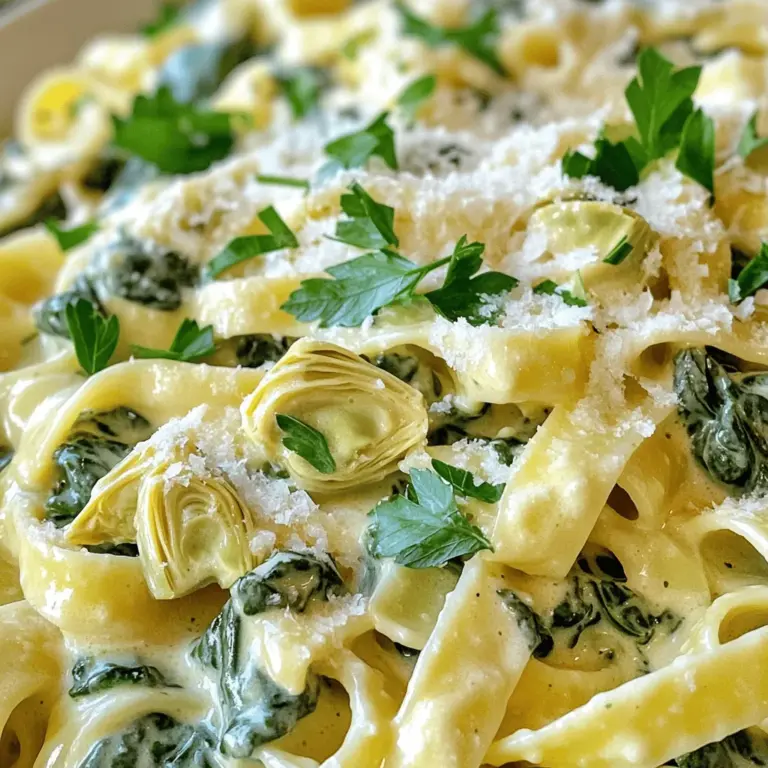 Für die cremige Spinat-Artischocken-Pasta benötigst du folgende Zutaten: - 225 g Fettuccine oder Penne Pasta - 1 Esslöffel Olivenöl - 2 Knoblauchzehen, fein gehackt - 250 g frischer Spinat, grob gehackt - 1 Dose (400 g) Artischockenherzen, abgetropft und grob gehackt - 240 g Frischkäse, weich - 120 g saure Sahne - 100 g frisch geriebener Parmesan - ½ Teelöffel zerstoßene rote Pfefferflocken (optional) - Salz und Pfeffer nach Geschmack - Frische Petersilie, gehackt, zur Garnitur Du kannst die Pasta auch mit anderen Zutaten variieren. Hier sind einige Ideen: - Verwende statt Frischkäse eine pflanzliche Alternative für eine vegane Version. - Probiere verschiedene Käsesorten wie Mozzarella oder Cheddar. - Füge zusätzliches Gemüse wie Brokkoli oder Pilze hinzu, um den Nährwert zu steigern. Frische Zutaten bringen mehr Geschmack. Frischer Spinat hat einen tollen Geschmack und Textur. Wenn du keine frischen Zutaten findest, sind konservierte Optionen ebenfalls gut. - Bei Artischocken herzen sind die Dosen sehr praktisch. Sie sparen Zeit und Aufwand. - Achte darauf, dass du die Dosen gut abspülst, um überschüssiges Salz zu entfernen. Für das vollständige Rezept sieh dir die [Full Recipe] an. Um die perfekte Pasta zu kochen, bringe einen großen Topf mit Salzwasser zum Kochen. Füge die Pasta hinzu und koche sie nach der Packungsanweisung al dente. Das bedeutet, sie sollte weich, aber noch bissfest sein. Wenn die Pasta fertig ist, gieße sie ab. Vergiss nicht, etwas Nudelwasser aufzuheben. Dieses Wasser hilft bei der Sauce. Erhitze in einer großen Pfanne einen Esslöffel Olivenöl bei mittlerer Hitze. Gib den fein gehackten Knoblauch hinein und brate ihn etwa eine Minute lang an. Der Knoblauch sollte duften, aber nicht braun werden. Das Braten sorgt für einen tollen Geschmack. Füge dann den grob gehackten Spinat und die abgetropften Artischockenherzen hinzu. Sautiere alles für etwa 3-4 Minuten. Der Spinat wird zusammenfallen und die Artischocken werden warm. Reduziere die Hitze auf mittlere Stufe. Nun füge den weichen Frischkäse und die saure Sahne hinzu. Rühre stetig, bis alles gut vermischt und geschmolzen ist. Das ergibt eine schöne, cremige Sauce. Wenn die Sauce zu dick ist, gib etwas vom reservierten Nudelwasser dazu. So erreichst du die perfekte Konsistenz für deine cremige Spinat-Artischocken-Pasta. Für das vollständige Rezept schaue dir die [Full Recipe] an. Um die perfekte cremige Textur für deine Spinat-Artischocken-Pasta zu erreichen, achte auf die richtige Temperatur. Koche die Sauce bei mittlerer Hitze. Zu hohe Temperaturen können die Zutaten trennen. Mische den Frischkäse und die saure Sahne gut, bis sie gleichmäßig sind. Wenn die Sauce zu dick ist, füge schrittweise etwas Nudelwasser hinzu. Es hilft, die Konsistenz zu verbessern. Um die Vorbereitungs- und Kochzeit zu optimieren, bereite alle Zutaten vorher vor. Hacke den Knoblauch, den Spinat und die Artischocken. So sparst du Zeit während des Kochens. Koche die Pasta parallel zur Sauce. So bleibt die Pasta warm, wenn die Sauce fertig ist. Plane etwa 10 Minuten für die Vorbereitung und 20 Minuten zum Kochen ein. So hast du das Gericht schnell fertig. Die Präsentation macht viel aus. Serviere die Pasta in tiefen Tellern. Das gibt einen schönen Effekt. Bestreue sie mit frischen Kräutern und Parmesan. Du kannst auch geröstete Pinienkerne hinzufügen. Sie geben einen tollen Crunch. Ein Spritzer Olivenöl obenauf macht das Gericht noch ansprechender. So wird deine cremige Spinat-Artischocken-Pasta zum Hingucker auf jedem Tisch. {{image_4}} Wenn du eine vegane Version der cremigen Spinat-Artischocken-Pasta machen möchtest, gibt es tolle Alternativen. Statt Frischkäse und saurer Sahne kannst du pflanzliche Optionen nutzen. Zum Beispiel: - 240 g veganer Frischkäse - 120 g pflanzliche Joghurt-Alternativen Du kannst auch Cashew-Creme herstellen. Weiche Cashewnüsse über Nacht ein und püriere sie mit etwas Wasser. Das gibt eine leckere, cremige Basis. Um deine Pasta noch schmackhafter zu machen, füge einige leckere Zutaten hinzu. Hier sind einige Vorschläge: - 100 g getrocknete Tomaten, gehackt - 1 Tasse frische Kräuter wie Basilikum oder Thymian - ½ Tasse schwarze Oliven, in Scheiben geschnitten Diese Zutaten bringen frische Aromen und viel Farbe in dein Gericht. Wenn du glutenfrei essen möchtest, gibt es viele Pasta-Alternativen. Du kannst folgende Optionen wählen: - Glutenfreie Fettuccine oder Penne aus Reis oder Quinoa - Zoodles (Zucchini-Nudeln) für eine leichte Variante Diese Optionen sind gesund und passen gut zur cremigen Sauce. Für das komplette Rezept schau dir die [Full Recipe] an. Wenn du Reste von deiner cremigen Spinat-Artischocken-Pasta hast, bewahre sie in einem luftdichten Behälter auf. Stelle sicher, dass der Behälter gut verschlossen ist. So bleibt die Pasta frisch und lecker. Du kannst die Reste bis zu drei Tage im Kühlschrank lagern. Achte darauf, die Pasta vor dem Essen gut durchzuwärmen. Die übrig gebliebene Pasta lässt sich kreativ wiederverwenden. Du kannst sie beispielsweise in einer Frittata verwenden. Einfach die Pasta mit Eiern und Gemüse mischen, dann in einer Pfanne braten. Alternativ kannst du sie in einen Auflauf geben. Das ergibt eine tolle neue Mahlzeit. Auch als Belag für eine Pizza eignet sich die Pasta gut. Die Zutaten für die cremige Spinat-Artischocken-Pasta haben unterschiedliche Haltbarkeiten. Frischer Spinat bleibt im Kühlschrank etwa drei bis fünf Tage frisch. Artischockenherzen aus der Dose halten sich ungeöffnet bis zu zwei Jahre. Nach dem Öffnen solltest du sie im Kühlschrank aufbewahren und innerhalb von fünf Tagen verbrauchen. Frischkäse und saure Sahne sind im Kühlschrank etwa eine Woche haltbar, nachdem sie geöffnet wurden. Achte darauf, alle Zutaten gut zu lagern, um die beste Qualität zu erhalten. Cremige Spinat-Artischocken-Pasta bleibt im Kühlschrank etwa 3 bis 4 Tage frisch. Bewahre sie in einem luftdichten Behälter auf. So bleibt die Pasta schmackhaft und lecker. Vor dem Servieren kannst du sie kurz in der Mikrowelle oder in einer Pfanne erwärmen. Ja, du kannst die Pasta im Voraus zubereiten. Koche die Pasta und bereite die Sauce wie im Full Recipe beschrieben vor. Lass alles abkühlen und stelle es in den Kühlschrank. Wenn du bereit bist zu essen, erwärme die Mischung in einer Pfanne. Füge bei Bedarf etwas Nudelwasser hinzu, um die Sauce wieder cremig zu machen. Du kannst verschiedene Beilagen zu dieser Pasta servieren. Ein frischer grüner Salat passt gut dazu. Auch knuspriges Brot oder ein einfaches Baguette sind tolle Optionen. Wenn du etwas mehr Geschmack möchtest, serviere geröstetes Gemüse oder einen leichten Tomatensalat dazu. In diesem Blogbeitrag haben wir alle wichtigen Zutaten für die cremige Spinat-Artischocken-Pasta erkundet. Wir haben die Schritte zur Zubereitung besprochen, von der perfekten Pasta bis zur cremigen Sauce. Außerdem gab ich dir praktische Tipps zur Aufbewahrung und Variationen, wie vegane oder glutenfreie Alternativen. Die Zubereitung dieser Pasta ist einfach und macht Spaß. Du kannst kreativ werden und deine eigenen Ideen umsetzen. Probier es aus, und genieße dein leckeres Gericht!