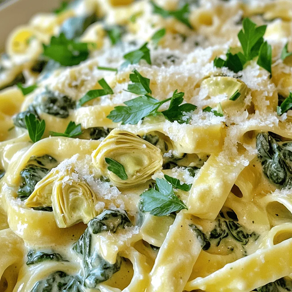 Für die cremige Spinat-Artischocken-Pasta benötigst du folgende Zutaten: - 225 g Fettuccine oder Penne Pasta - 1 Esslöffel Olivenöl - 2 Knoblauchzehen, fein gehackt - 250 g frischer Spinat, grob gehackt - 1 Dose (400 g) Artischockenherzen, abgetropft und grob gehackt - 240 g Frischkäse, weich - 120 g saure Sahne - 100 g frisch geriebener Parmesan - ½ Teelöffel zerstoßene rote Pfefferflocken (optional) - Salz und Pfeffer nach Geschmack - Frische Petersilie, gehackt, zur Garnitur Du kannst die Pasta auch mit anderen Zutaten variieren. Hier sind einige Ideen: - Verwende statt Frischkäse eine pflanzliche Alternative für eine vegane Version. - Probiere verschiedene Käsesorten wie Mozzarella oder Cheddar. - Füge zusätzliches Gemüse wie Brokkoli oder Pilze hinzu, um den Nährwert zu steigern. Frische Zutaten bringen mehr Geschmack. Frischer Spinat hat einen tollen Geschmack und Textur. Wenn du keine frischen Zutaten findest, sind konservierte Optionen ebenfalls gut. - Bei Artischocken herzen sind die Dosen sehr praktisch. Sie sparen Zeit und Aufwand. - Achte darauf, dass du die Dosen gut abspülst, um überschüssiges Salz zu entfernen. Für das vollständige Rezept sieh dir die [Full Recipe] an. Um die perfekte Pasta zu kochen, bringe einen großen Topf mit Salzwasser zum Kochen. Füge die Pasta hinzu und koche sie nach der Packungsanweisung al dente. Das bedeutet, sie sollte weich, aber noch bissfest sein. Wenn die Pasta fertig ist, gieße sie ab. Vergiss nicht, etwas Nudelwasser aufzuheben. Dieses Wasser hilft bei der Sauce. Erhitze in einer großen Pfanne einen Esslöffel Olivenöl bei mittlerer Hitze. Gib den fein gehackten Knoblauch hinein und brate ihn etwa eine Minute lang an. Der Knoblauch sollte duften, aber nicht braun werden. Das Braten sorgt für einen tollen Geschmack. Füge dann den grob gehackten Spinat und die abgetropften Artischockenherzen hinzu. Sautiere alles für etwa 3-4 Minuten. Der Spinat wird zusammenfallen und die Artischocken werden warm. Reduziere die Hitze auf mittlere Stufe. Nun füge den weichen Frischkäse und die saure Sahne hinzu. Rühre stetig, bis alles gut vermischt und geschmolzen ist. Das ergibt eine schöne, cremige Sauce. Wenn die Sauce zu dick ist, gib etwas vom reservierten Nudelwasser dazu. So erreichst du die perfekte Konsistenz für deine cremige Spinat-Artischocken-Pasta. Für das vollständige Rezept schaue dir die [Full Recipe] an. Um die perfekte cremige Textur für deine Spinat-Artischocken-Pasta zu erreichen, achte auf die richtige Temperatur. Koche die Sauce bei mittlerer Hitze. Zu hohe Temperaturen können die Zutaten trennen. Mische den Frischkäse und die saure Sahne gut, bis sie gleichmäßig sind. Wenn die Sauce zu dick ist, füge schrittweise etwas Nudelwasser hinzu. Es hilft, die Konsistenz zu verbessern. Um die Vorbereitungs- und Kochzeit zu optimieren, bereite alle Zutaten vorher vor. Hacke den Knoblauch, den Spinat und die Artischocken. So sparst du Zeit während des Kochens. Koche die Pasta parallel zur Sauce. So bleibt die Pasta warm, wenn die Sauce fertig ist. Plane etwa 10 Minuten für die Vorbereitung und 20 Minuten zum Kochen ein. So hast du das Gericht schnell fertig. Die Präsentation macht viel aus. Serviere die Pasta in tiefen Tellern. Das gibt einen schönen Effekt. Bestreue sie mit frischen Kräutern und Parmesan. Du kannst auch geröstete Pinienkerne hinzufügen. Sie geben einen tollen Crunch. Ein Spritzer Olivenöl obenauf macht das Gericht noch ansprechender. So wird deine cremige Spinat-Artischocken-Pasta zum Hingucker auf jedem Tisch. {{image_4}} Wenn du eine vegane Version der cremigen Spinat-Artischocken-Pasta machen möchtest, gibt es tolle Alternativen. Statt Frischkäse und saurer Sahne kannst du pflanzliche Optionen nutzen. Zum Beispiel: - 240 g veganer Frischkäse - 120 g pflanzliche Joghurt-Alternativen Du kannst auch Cashew-Creme herstellen. Weiche Cashewnüsse über Nacht ein und püriere sie mit etwas Wasser. Das gibt eine leckere, cremige Basis. Um deine Pasta noch schmackhafter zu machen, füge einige leckere Zutaten hinzu. Hier sind einige Vorschläge: - 100 g getrocknete Tomaten, gehackt - 1 Tasse frische Kräuter wie Basilikum oder Thymian - ½ Tasse schwarze Oliven, in Scheiben geschnitten Diese Zutaten bringen frische Aromen und viel Farbe in dein Gericht. Wenn du glutenfrei essen möchtest, gibt es viele Pasta-Alternativen. Du kannst folgende Optionen wählen: - Glutenfreie Fettuccine oder Penne aus Reis oder Quinoa - Zoodles (Zucchini-Nudeln) für eine leichte Variante Diese Optionen sind gesund und passen gut zur cremigen Sauce. Für das komplette Rezept schau dir die [Full Recipe] an. Wenn du Reste von deiner cremigen Spinat-Artischocken-Pasta hast, bewahre sie in einem luftdichten Behälter auf. Stelle sicher, dass der Behälter gut verschlossen ist. So bleibt die Pasta frisch und lecker. Du kannst die Reste bis zu drei Tage im Kühlschrank lagern. Achte darauf, die Pasta vor dem Essen gut durchzuwärmen. Die übrig gebliebene Pasta lässt sich kreativ wiederverwenden. Du kannst sie beispielsweise in einer Frittata verwenden. Einfach die Pasta mit Eiern und Gemüse mischen, dann in einer Pfanne braten. Alternativ kannst du sie in einen Auflauf geben. Das ergibt eine tolle neue Mahlzeit. Auch als Belag für eine Pizza eignet sich die Pasta gut. Die Zutaten für die cremige Spinat-Artischocken-Pasta haben unterschiedliche Haltbarkeiten. Frischer Spinat bleibt im Kühlschrank etwa drei bis fünf Tage frisch. Artischockenherzen aus der Dose halten sich ungeöffnet bis zu zwei Jahre. Nach dem Öffnen solltest du sie im Kühlschrank aufbewahren und innerhalb von fünf Tagen verbrauchen. Frischkäse und saure Sahne sind im Kühlschrank etwa eine Woche haltbar, nachdem sie geöffnet wurden. Achte darauf, alle Zutaten gut zu lagern, um die beste Qualität zu erhalten. Cremige Spinat-Artischocken-Pasta bleibt im Kühlschrank etwa 3 bis 4 Tage frisch. Bewahre sie in einem luftdichten Behälter auf. So bleibt die Pasta schmackhaft und lecker. Vor dem Servieren kannst du sie kurz in der Mikrowelle oder in einer Pfanne erwärmen. Ja, du kannst die Pasta im Voraus zubereiten. Koche die Pasta und bereite die Sauce wie im Full Recipe beschrieben vor. Lass alles abkühlen und stelle es in den Kühlschrank. Wenn du bereit bist zu essen, erwärme die Mischung in einer Pfanne. Füge bei Bedarf etwas Nudelwasser hinzu, um die Sauce wieder cremig zu machen. Du kannst verschiedene Beilagen zu dieser Pasta servieren. Ein frischer grüner Salat passt gut dazu. Auch knuspriges Brot oder ein einfaches Baguette sind tolle Optionen. Wenn du etwas mehr Geschmack möchtest, serviere geröstetes Gemüse oder einen leichten Tomatensalat dazu. In diesem Blogbeitrag haben wir alle wichtigen Zutaten für die cremige Spinat-Artischocken-Pasta erkundet. Wir haben die Schritte zur Zubereitung besprochen, von der perfekten Pasta bis zur cremigen Sauce. Außerdem gab ich dir praktische Tipps zur Aufbewahrung und Variationen, wie vegane oder glutenfreie Alternativen. Die Zubereitung dieser Pasta ist einfach und macht Spaß. Du kannst kreativ werden und deine eigenen Ideen umsetzen. Probier es aus, und genieße dein leckeres Gericht!