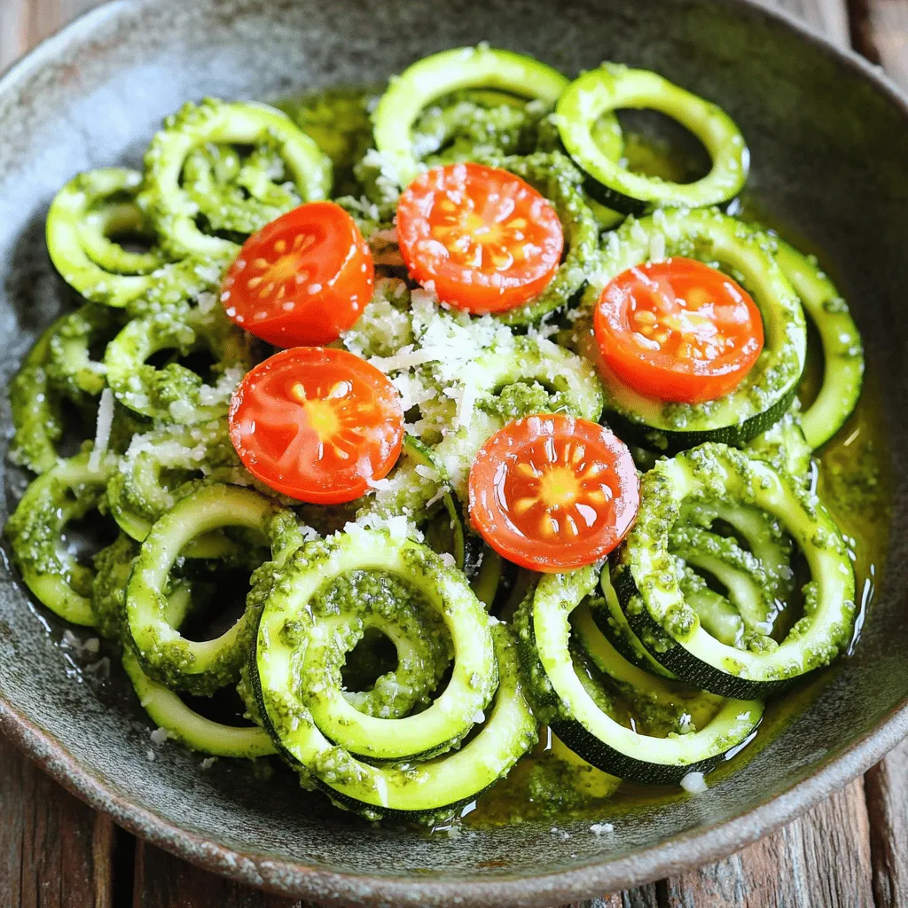 Um Pesto Zucchini-Nudeln zu machen, brauchst du einige frische Zutaten. Hier sind die Hauptzutaten: - 3 große Zucchini - 1 Tasse frische Basilikumblätter - 1/2 Tasse Pinienkerne (oder Walnüsse für eine besondere Note) - 1/2 Tasse geriebener Parmesan - 1/2 Tasse extra natives Olivenöl - 2 Knoblauchzehen, fein gehackt - Salz und Pfeffer nach Geschmack - Kirschtomaten, halbiert (für die Garnitur) - Optional: Rote Paprikaflocken (für eine scharfe Note) Diese Zutaten geben deinen Zucchini-Nudeln einen tollen Geschmack. Du kannst einige Zutaten leicht ändern, um deinen Vorlieben gerecht zu werden. Zum Beispiel: - Verwende Cashewkerne oder Mandeln anstelle von Pinienkernen. - Ersetze Parmesan durch einen veganen Käse, um das Gericht vegan zu machen. - Füge andere Kräuter wie Petersilie oder Rucola hinzu, um neue Aromen zu entdecken. Mit diesen Anpassungen kannst du das Rezept nach deinem Geschmack gestalten. Pesto Zucchini-Nudeln sind nicht nur lecker, sondern auch gesund. Sie bieten viele Nährstoffe: - Zucchini sind kalorienarm und reich an Vitaminen. Sie enthalten Vitamin C und Kalium. - Basilikum hat antioxidative Eigenschaften und unterstützt die Gesundheit. - Nüsse liefern gesunde Fette und Eiweiß, die wichtig für den Körper sind. - Olivenöl enthält gesunde Fettsäuren, die Herzgesundheit fördern. Diese Kombination aus Zutaten sorgt für ein ausgewogenes Gericht, das dir Energie gibt. Wenn du mehr erfahren möchtest, schau dir das [Full Recipe](#) an. Zuerst nehmen wir die Zucchini. Ich empfehle, drei große Zucchini zu verwenden. Mit einem Spiralschneider oder einem Gemüseschäler können Sie die Zucchini in Nudeln schneiden. Wenn die langen Nudeln nicht gut zu handhaben sind, nutzen Sie Küchenscheren, um sie kürzer zu machen. So wird das Essen einfacher und macht mehr Spaß! Jetzt kommen wir zum Pesto. Es ist einfach und schnell. Geben Sie in eine Küchenmaschine: - 1 Tasse frische Basilikumblätter - 1/2 Tasse Pinienkerne oder Walnüsse - 1/2 Tasse geriebener Parmesan - 2 gehackte Knoblauchzehen - Salz und Pfeffer nach Geschmack Pulsieren Sie diese Zutaten, bis sie gut vermischt sind, aber nicht zu fein. Dann lassen Sie langsam 1/2 Tasse Olivenöl einlaufen. Mixen, bis das Pesto die gewünschte Konsistenz hat. Probieren Sie es und passen Sie die Gewürze nach Ihrem Geschmack an. Jetzt wird es spannend! Erhitzen Sie eine große Pfanne auf mittlerer Hitze. Geben Sie die Zucchini-Nudeln hinein und kochen Sie sie etwa 3-4 Minuten. Rühren Sie dabei, damit sie gleichmäßig garen. Die Nudeln sollten zart, aber noch knackig sein. Nehmen Sie die Pfanne vom Herd. Fügen Sie das frische Pesto sofort zu den Nudeln hinzu. Mischen Sie alles gut, sodass die Nudeln gleichmäßig mit dem Pesto bedeckt sind. Servieren Sie die Nudeln sofort. Dekorieren Sie sie mit halbierten Kirschtomaten und, wenn Sie mögen, ein paar rote Paprikaflocken. Das ist ein schnelles und einfaches Rezept für Pesto Zucchini-Nudeln. Für das vollständige Rezept schauen Sie sich die Full Recipe an! Um die perfekte Konsistenz für dein Pesto zu bekommen, nutze frische Zutaten. Beginne mit den Basilikumblättern, Pinienkernen, Parmesan und Knoblauch. Pulsieren Sie alles in der Küchenmaschine. Füge dann langsam das Olivenöl hinzu. So kannst du die Textur steuern. Probiere das Pesto während des Mixens. Es sollte cremig, aber nicht zu flüssig sein. Ein gutes Pesto hat einen schönen, leichten Biss. Wenn es zu dick ist, füge mehr Öl hinzu. Zucchini-Nudeln sollten knackig und frisch bleiben. Ich empfehle, sie nicht zu lange zu kochen. Erhitze die Pfanne auf mittlere Hitze und füge die Nudeln hinzu. Koche sie etwa 3-4 Minuten. Rühre dabei regelmäßig um. Die Zucchini sollte zart, aber nicht matschig sein. Wenn sie zu weich werden, verlieren sie ihren Biss. Du willst das frische Gemüsegefühl bewahren. Die Präsentation macht viel aus! Serviere die Zucchini-Nudeln auf einer großen Platte oder in Schalen. Garniere sie mit halbierten Kirschtomaten. Ein zusätzlicher Hauch von geriebenem Parmesan sieht toll aus. Ein Spritzer Olivenöl gibt Glanz und Geschmack. Du kannst auch rote Paprikaflocken für etwas Farbe und Schärfe hinzufügen. Achte darauf, dass alles schön verteilt ist. Eine ansprechende Präsentation macht das Essen noch besser. {{image_4}} Pesto Zucchini-Nudeln sind lecker, aber Sie können sie aufregender machen! Fügen Sie Karotten, Paprika oder Spinat hinzu. Diese Gemüsesorten bringen Farbe und Geschmack. Verwenden Sie einen Spiralschneider für Karotten. So entstehen bunte, knackige Nudeln. Mischen Sie das Gemüse einfach mit den Zucchini-Nudeln in der Pfanne. Kochen Sie alles zusammen für ein paar Minuten. Wenn Sie vegan leben, machen Sie das Pesto ohne Käse. Ersetzen Sie den Parmesan durch Nährhefe. Diese gibt einen tollen, käsigen Geschmack. Verwenden Sie glutenfreie Nudeln, wenn Sie glutenfrei essen. Zucchini allein ist schon glutenfrei! So bleibt Ihr Gericht gesund und lecker. Experimentieren Sie mit Gewürzen, um neue Aromen zu entdecken. Fügen Sie frischen Zitronensaft für Frische hinzu. Rote Paprikaflocken bringen eine scharfe Note. Wenn Sie es süßer mögen, probieren Sie einen Hauch von Honig oder Agavendicksaft. Jedes dieser Gewürze kann das Gericht aufpeppen. Schauen Sie sich auch den Full Recipe an, um mehr Ideen zu finden! Wenn Sie Zucchini-Nudeln übrig haben, bewahren Sie sie in einem luftdichten Behälter auf. Stellen Sie sicher, dass die Nudeln vollständig abgekühlt sind, bevor Sie sie lagern. So bleiben sie frisch. Im Kühlschrank halten sie sich etwa 2 bis 3 Tage. Vermeiden Sie es, sie länger zu lagern, da sie schnell wässrig werden können. Um Pesto einzufrieren, füllen Sie es in Eiswürfelschalen. Diese Methode hilft Ihnen, Portionen einfach zu entnehmen. Lassen Sie das Pesto zuerst auf Raumtemperatur abkühlen. Danach decken Sie die Schalen ab und stellen sie in den Gefrierschrank. So bleibt der frische Geschmack bis zu 6 Monate erhalten. Wenn Sie bereit sind, es zu verwenden, lassen Sie das Pesto einfach im Kühlschrank auftauen. Die Zutaten in Ihrem Pesto haben unterschiedliche Haltbarkeiten: - Zucchini: 5 bis 7 Tage im Kühlschrank. - Basilikum: 3 bis 5 Tage in einem feuchten Tuch eingewickelt. - Pinienkerne: Bis zu 6 Monate in einem luftdichten Behälter. - Parmesan: 1 bis 2 Monate im Kühlschrank, gut verpackt. - Olivenöl: 6 bis 12 Monate, kühl und dunkel lagern. - Knoblauch: 3 bis 5 Monate an einem kühlen, trockenen Ort. Mit diesen Tipps bleiben Ihre Zucchini-Nudeln und Pesto frisch und lecker! Für das vollständige Rezept besuchen Sie bitte [Full Recipe]. Zucchini-Nudeln ohne Spiralschneider sind einfach zu machen. Du kannst einen Gemüseschäler verwenden. Schäle die Zucchini in langen Streifen. Achte darauf, gleichmäßige Breiten zu schneiden. Alternativ schneide die Zucchini in dünne Scheiben und dann in Streifen. Diese Methode geht schnell und funktioniert gut. Das Ergebnis sind leckere, flache Nudeln, die du gleich verwenden kannst. Ja, du kannst das Pesto im Voraus machen. Bereite es einfach nach dem Rezept vor und stelle es in den Kühlschrank. Es bleibt frisch für etwa eine Woche. Du kannst das Pesto auch einfrieren. Verwende Eiswürfelformen, um Portionen zu erhalten. So hast du immer Pesto zur Hand, wenn du es brauchst. Achte darauf, das Pesto gut abzudecken, um Oxidation zu vermeiden. Für Pesto Zucchini-Nudeln passen viele Beilagen. Kirschtomaten sind eine tolle Wahl. Sie bringen Süße und Farbe. Gegrilltes Hühnchen oder Garnelen machen das Gericht herzhafter. Auch geröstetes Gemüse ist eine gute Ergänzung. Du kannst den Geschmack mit Parmesan abrunden. Wenn du einen Salat servierst, wähle einen leichten grünen Salat. Diese Beilagen machen dein Essen noch schmackhafter. Für das vollständige Rezept, schau dir die Anleitung im [Full Recipe] an. Du hast nun alle wichtigen Informationen über Pesto Zucchini-Nudeln. Wir haben die Zutaten, die Zubereitung und praktische Tipps besprochen. Zudem hast du tolle Variationen kennengelernt und erfährst, wie du die Reste richtig lagerst. Pesto Zucchini-Nudeln sind lecker und gesund. Nutze die vorgestellten Schritte für dein nächstes Gericht. Genieße das Kochen und die Vielfalt der Aromen!