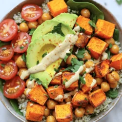 Die Hauptzutaten sind einfach und gesund. Sie machen die Buddha-Bowl lecker und nahrhaft. Hier ist, was du brauchst: - 1 große Süßkartoffel, gewürfelt - 1 Dose (425 g) Kichererbsen, abgetropft und abgespült - 2 Esslöffel Olivenöl - 1 Teelöffel Paprika - 1 Teelöffel Kreuzkümmel - Salz und Pfeffer nach Geschmack - 2 Tassen gekochte Quinoa oder Naturreis - 1 Avocado, in Scheiben geschnitten - 1 Tasse Babyspinat - ½ Tasse Kirschtomaten, halbiert - ¼ Tasse Tahini-Dressing (fertig gekauft oder selbstgemacht) - Frische Petersilie zum Garnieren (optional) Diese Zutaten bringen viele gesunde Nährstoffe mit sich. Süßkartoffeln sind reich an Vitaminen. Sie geben dir Energie. Kichererbsen sind eine gute Quelle für Proteine. Sie helfen dir, lange satt zu bleiben. Du kannst die Zutaten leicht anpassen. Hier sind einige Ideen: - Verwende statt Quinoa Naturreis oder Hirse. - Füge andere Gemüse wie Brokkoli oder Paprika hinzu. - Ersetze Avocado durch Nüsse oder Samen für mehr Crunch. - Probiere verschiedene Dressings oder Saucen, um den Geschmack zu variieren. Diese Optionen helfen dir, die Buddha-Bowl nach deinem Geschmack zu gestalten. Es macht Spaß, neue Kombinationen auszuprobieren! Die Zutaten bieten viele gesundheitliche Vorteile. Hier sind einige davon: - Süßkartoffeln: Sie sind reich an Ballaststoffen und Antioxidantien. Diese helfen, das Immunsystem zu stärken. - Kichererbsen: Sie sind gut für die Verdauung und halten den Blutzucker stabil. - Quinoa: Sie enthält alle neun essentiellen Aminosäuren. Das ist sehr wichtig für deinen Körper. - Avocado: Sie ist reich an gesunden Fetten. Diese Fette unterstützen das Herz. - Babyspinat: Er ist voller Vitamine und Mineralien. Er kann Entzündungen im Körper reduzieren. Diese Zutaten machen die Süßkartoffel-Kichererbsen-Buddha-Bowl zu einer gesunden Wahl. Du kannst die [Full Recipe] ganz einfach nachkochen und genießen. Zuerst heizt du deinen Ofen auf 220 °C vor. Dann nimmst du eine große Schüssel. Dort gibst du die gewürfelte Süßkartoffel und die abgetropften Kichererbsen. Füge zwei Esslöffel Olivenöl, einen Teelöffel Paprika, einen Teelöffel Kreuzkümmel, Salz und Pfeffer hinzu. Vermenge alles gut, bis die Stücke gleichmäßig mit der Mischung überzogen sind. So erhältst du einen tollen Geschmack. Verteile die Mischung auf ein Backblech mit Backpapier. Achte darauf, dass sie in einer einzigen Schicht liegt. Röste die Mischung dann 25 bis 30 Minuten im Ofen. Nach der Hälfte der Zeit wendest du die Mischung. So wird alles gleichmäßig gar. Die Süßkartoffeln sollten zart sein und die Kichererbsen knusprig. Während die Mischung im Ofen röstet, koche die Quinoa oder den Naturreis. Folge einfach der Anleitung auf der Packung. Wenn du beides vorbereitet hast, sind die Aromen perfekt aufeinander abgestimmt. Sobald die Süßkartoffeln und Kichererbsen gar sind, nimm sie aus dem Ofen. Lass sie kurz abkühlen. Jetzt kommt der spaßige Teil: Beginne mit einer Schicht Quinoa oder Naturreis in einer Servierschale. Füge dann eine Handvoll Babyspinat hinzu. Danach kommen die gerösteten Süßkartoffeln und Kichererbsen darauf. Garniere alles mit Avocadoscheiben, halbierten Kirschtomaten und einem Schuss Tahini-Dressing. Optional kannst du frische Petersilie als Topping verwenden. So sieht deine Buddha-Bowl nicht nur lecker aus, sie schmeckt auch fantastisch. Du findest das gesamte Rezept unter [Full Recipe]. Um die Süßkartoffeln perfekt zuzubereiten, achte auf die Größe der Würfel. Halbiere die Würfel in gleichmäßige Stücke. So garen sie gleichmäßig und werden zart. Du kannst die Süßkartoffeln auch ein wenig mit Wasser abspülen, um die Stärke zu entfernen. Das macht sie knuspriger beim Rösten. Beim Rösten gibt es einige wichtige Punkte. Verteile die Süßkartoffeln und Kichererbsen gleichmäßig auf dem Blech. Überlade das Blech nicht. Zu viele Zutaten sorgen dafür, dass sie dampfen statt rösten. Wende die Mischung zur Hälfte der Garzeit. So bekommst du eine schöne Bräunung. Lass die Mischung nach dem Rösten kurz abkühlen, damit sie ihre Textur behält. Du kannst die Buddha-Bowl leicht variieren. Füge geröstete Nüsse oder Samen hinzu, um mehr Crunch zu bekommen. Ein Spritzer Zitrone bringt Frische. Wenn du es scharf magst, füge etwas Cayennepfeffer hinzu. Auch verschiedene Dressings wie Joghurt- oder Erdnussdressing können tolle Alternativen sein. So bleibt dein Gericht spannend und lecker. Wenn du die komplette Anleitung zur Zubereitung dieser köstlichen Buddha-Bowl suchst, schau dir das Rezept an: [Full Recipe]. {{image_4}} Die Süßkartoffel-Kichererbsen-Buddha-Bowl ist von Natur aus vegan und glutenfrei. Das macht sie perfekt für viele Menschen. Du kannst auch die Quinoa durch Hirse oder Buchweizen ersetzen. Diese Optionen sind ebenfalls glutenfrei und voll von Nährstoffen. Wenn du eine andere Proteinquelle möchtest, probiere schwarze Bohnen oder Linsen. Diese sind reich an Ballaststoffen und Proteinen. Sie passen gut zu den anderen Zutaten und machen die Bowl noch nahrhafter. Du kannst die Buddha-Bowl nach deinem Geschmack anpassen. Füge gerne geröstete Nüsse oder Samen hinzu. Cashews oder Pinienkerne bringen einen tollen Crunch. Du kannst auch frische Kräuter wie Koriander oder Basilikum verwenden. Sie geben einen frischen Geschmack. Für das Dressing hast du viele Optionen. Ein einfaches Zitronen-Olivenöl-Dressing ist leicht und lecker. Du kannst auch Joghurt oder Avocadodressing verwenden, wenn du es cremiger magst. Die Buddha-Bowl lässt sich leicht an die Saison anpassen. Im Frühling kannst du Spargel oder Erbsen hinzufügen. Sie sind frisch und knackig. Im Sommer sind Zucchini und Paprika tolle Optionen. Im Herbst ist Kürbis eine süße Ergänzung. Im Winter kannst du Blattgemüse wie Grünkohl oder Mangold verwenden. Experimentiere mit den Zutaten, um neue Geschmäcker zu entdecken. So bleibt die Bowl spannend und abwechslungsreich. Du kannst die Rezepte zum Beispiel mit der [Full Recipe] ausprobieren. Die Süßkartoffel-Kichererbsen-Buddha-Bowl schmeckt am besten frisch. Wenn du Reste hast, lagere sie in einem luftdichten Behälter. Stelle sicher, dass der Behälter gut verschlossen ist. So bleiben die Aromen und die Frische erhalten. Bewahre die Bowl im Kühlschrank auf. Dort bleibt sie bis zu drei Tage haltbar. Um die Reste aufzuwärmen, benutze die Mikrowelle oder den Ofen. In der Mikrowelle erhitzt du die Bowl für etwa 2-3 Minuten. Im Ofen bei 180 °C dauert es etwa 10-15 Minuten. Du kannst die Reste auch in neue Gerichte verwandeln. Mische die Kichererbsen in einen Salat oder füge sie einer Suppe hinzu. Die Süßkartoffeln sind auch lecker in einem Wrap. Meal Prep ist eine tolle Möglichkeit, Zeit zu sparen. Koche die Süßkartoffeln und Kichererbsen im Voraus. Lagere sie getrennt von den anderen Zutaten. So bleibt alles frisch und lecker. Bereite die Quinoa oder den Naturreis ebenfalls vor. Du kannst die Bowl dann nach Belieben zusammenstellen. Einfache Portionierung hilft dir, gesunde Mahlzeiten zu genießen. Weitere Tipps findest du im Full Recipe. Du kannst die Buddha-Bowl ganz nach deinem Geschmack anpassen. Füge mehr Gemüse hinzu, wie Brokkoli oder Paprika. Du kannst auch verschiedene Bohnen verwenden, wie schwarze Bohnen oder weiße Bohnen. Experimentiere mit verschiedenen Gewürzen. Garam Masala oder Curry-Pulver geben einen tollen Geschmack. Nutze auch verschiedene Kräuter wie Koriander oder Basilikum für eine frische Note. Wenn du es gerne scharf magst, füge etwas Chili oder Cayennepfeffer hinzu. Anstelle von Quinoa kannst du Naturreis, Bulgur oder sogar Couscous verwenden. Diese Alternativen sind lecker und nahrhaft. Wenn du eine glutenfreie Option suchst, ist brauner Reis eine gute Wahl. Süßkartoffel-Kichererbsen-Buddha-Bowl schmeckt auch gut mit Hirse. Du kannst auch Blumenkohlreis probieren. Dieser ist kalorienärmer und bringt viel Gemüse in die Schüssel. Die Buddha-Bowl hält sich gut im Kühlschrank. Du kannst sie bis zu vier Tage aufbewahren. Achte darauf, die Schüssel in einem luftdichten Behälter zu lagern. Es ist am besten, das Tahini-Dressing separat zu halten. So bleibt alles frisch. Wenn du Reste hast, kannst du sie auch einfrieren. Stelle sicher, dass du die Zutaten gut voneinander trennst. Ein einfaches Tahini-Dressing passt perfekt zur Buddha-Bowl. Mische Tahini mit Wasser, Zitronensaft, Knoblauch und Salz. Du kannst auch einen Schuss Honig oder Ahornsirup hinzufügen für eine süße Note. Wenn du es cremiger magst, füge mehr Tahini hinzu. Probiere auch andere Variationen mit Joghurt oder Senf für einen anderen Geschmack. Das Dressing ist ein wichtiger Teil der Schüssel, also wähle es nach deinem Geschmack! Die Süßkartoffel-Kichererbsen-Buddha-Bowl ist gesund, lecker und leicht zuzubereiten. Wir haben die Zutaten, die Zubereitung und starke Tipps besprochen. Vergiss nicht, dass du die Bowl nach deinem Geschmack anpassen kannst. Experimentiere mit verschiedenen Toppings oder Variationen. Denke auch an die richtige Lagerung und Resteverwertung, um keine Lebensmittel zu verschwenden. Nutze diese Ideen für ein schmackhaftes und gesundes Essen, das dir gut tut. Viel Spaß beim Ausprobieren und Genießen dieser köstlichen Buddha-Bowl!