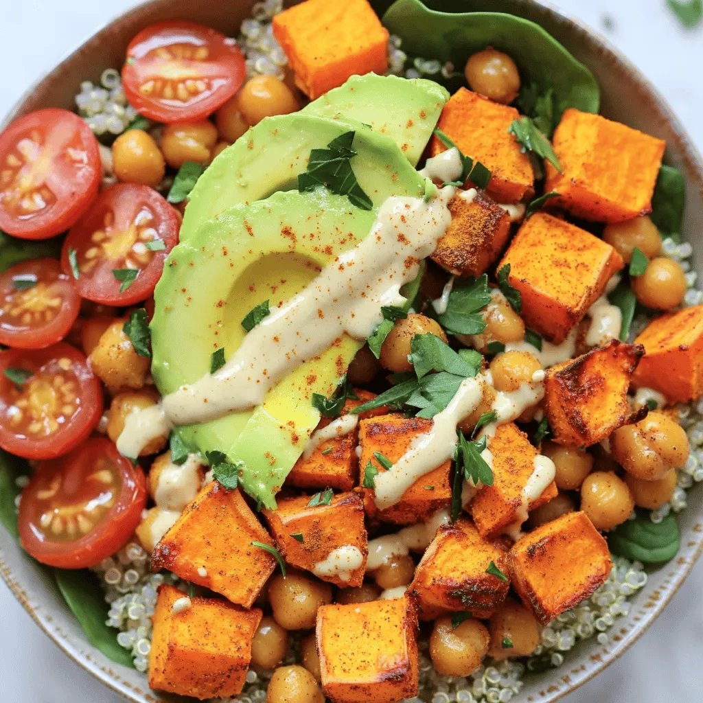 Die Hauptzutaten sind einfach und gesund. Sie machen die Buddha-Bowl lecker und nahrhaft. Hier ist, was du brauchst: - 1 große Süßkartoffel, gewürfelt - 1 Dose (425 g) Kichererbsen, abgetropft und abgespült - 2 Esslöffel Olivenöl - 1 Teelöffel Paprika - 1 Teelöffel Kreuzkümmel - Salz und Pfeffer nach Geschmack - 2 Tassen gekochte Quinoa oder Naturreis - 1 Avocado, in Scheiben geschnitten - 1 Tasse Babyspinat - ½ Tasse Kirschtomaten, halbiert - ¼ Tasse Tahini-Dressing (fertig gekauft oder selbstgemacht) - Frische Petersilie zum Garnieren (optional) Diese Zutaten bringen viele gesunde Nährstoffe mit sich. Süßkartoffeln sind reich an Vitaminen. Sie geben dir Energie. Kichererbsen sind eine gute Quelle für Proteine. Sie helfen dir, lange satt zu bleiben. Du kannst die Zutaten leicht anpassen. Hier sind einige Ideen: - Verwende statt Quinoa Naturreis oder Hirse. - Füge andere Gemüse wie Brokkoli oder Paprika hinzu. - Ersetze Avocado durch Nüsse oder Samen für mehr Crunch. - Probiere verschiedene Dressings oder Saucen, um den Geschmack zu variieren. Diese Optionen helfen dir, die Buddha-Bowl nach deinem Geschmack zu gestalten. Es macht Spaß, neue Kombinationen auszuprobieren! Die Zutaten bieten viele gesundheitliche Vorteile. Hier sind einige davon: - Süßkartoffeln: Sie sind reich an Ballaststoffen und Antioxidantien. Diese helfen, das Immunsystem zu stärken. - Kichererbsen: Sie sind gut für die Verdauung und halten den Blutzucker stabil. - Quinoa: Sie enthält alle neun essentiellen Aminosäuren. Das ist sehr wichtig für deinen Körper. - Avocado: Sie ist reich an gesunden Fetten. Diese Fette unterstützen das Herz. - Babyspinat: Er ist voller Vitamine und Mineralien. Er kann Entzündungen im Körper reduzieren. Diese Zutaten machen die Süßkartoffel-Kichererbsen-Buddha-Bowl zu einer gesunden Wahl. Du kannst die [Full Recipe] ganz einfach nachkochen und genießen. Zuerst heizt du deinen Ofen auf 220 °C vor. Dann nimmst du eine große Schüssel. Dort gibst du die gewürfelte Süßkartoffel und die abgetropften Kichererbsen. Füge zwei Esslöffel Olivenöl, einen Teelöffel Paprika, einen Teelöffel Kreuzkümmel, Salz und Pfeffer hinzu. Vermenge alles gut, bis die Stücke gleichmäßig mit der Mischung überzogen sind. So erhältst du einen tollen Geschmack. Verteile die Mischung auf ein Backblech mit Backpapier. Achte darauf, dass sie in einer einzigen Schicht liegt. Röste die Mischung dann 25 bis 30 Minuten im Ofen. Nach der Hälfte der Zeit wendest du die Mischung. So wird alles gleichmäßig gar. Die Süßkartoffeln sollten zart sein und die Kichererbsen knusprig. Während die Mischung im Ofen röstet, koche die Quinoa oder den Naturreis. Folge einfach der Anleitung auf der Packung. Wenn du beides vorbereitet hast, sind die Aromen perfekt aufeinander abgestimmt. Sobald die Süßkartoffeln und Kichererbsen gar sind, nimm sie aus dem Ofen. Lass sie kurz abkühlen. Jetzt kommt der spaßige Teil: Beginne mit einer Schicht Quinoa oder Naturreis in einer Servierschale. Füge dann eine Handvoll Babyspinat hinzu. Danach kommen die gerösteten Süßkartoffeln und Kichererbsen darauf. Garniere alles mit Avocadoscheiben, halbierten Kirschtomaten und einem Schuss Tahini-Dressing. Optional kannst du frische Petersilie als Topping verwenden. So sieht deine Buddha-Bowl nicht nur lecker aus, sie schmeckt auch fantastisch. Du findest das gesamte Rezept unter [Full Recipe]. Um die Süßkartoffeln perfekt zuzubereiten, achte auf die Größe der Würfel. Halbiere die Würfel in gleichmäßige Stücke. So garen sie gleichmäßig und werden zart. Du kannst die Süßkartoffeln auch ein wenig mit Wasser abspülen, um die Stärke zu entfernen. Das macht sie knuspriger beim Rösten. Beim Rösten gibt es einige wichtige Punkte. Verteile die Süßkartoffeln und Kichererbsen gleichmäßig auf dem Blech. Überlade das Blech nicht. Zu viele Zutaten sorgen dafür, dass sie dampfen statt rösten. Wende die Mischung zur Hälfte der Garzeit. So bekommst du eine schöne Bräunung. Lass die Mischung nach dem Rösten kurz abkühlen, damit sie ihre Textur behält. Du kannst die Buddha-Bowl leicht variieren. Füge geröstete Nüsse oder Samen hinzu, um mehr Crunch zu bekommen. Ein Spritzer Zitrone bringt Frische. Wenn du es scharf magst, füge etwas Cayennepfeffer hinzu. Auch verschiedene Dressings wie Joghurt- oder Erdnussdressing können tolle Alternativen sein. So bleibt dein Gericht spannend und lecker. Wenn du die komplette Anleitung zur Zubereitung dieser köstlichen Buddha-Bowl suchst, schau dir das Rezept an: [Full Recipe]. {{image_4}} Die Süßkartoffel-Kichererbsen-Buddha-Bowl ist von Natur aus vegan und glutenfrei. Das macht sie perfekt für viele Menschen. Du kannst auch die Quinoa durch Hirse oder Buchweizen ersetzen. Diese Optionen sind ebenfalls glutenfrei und voll von Nährstoffen. Wenn du eine andere Proteinquelle möchtest, probiere schwarze Bohnen oder Linsen. Diese sind reich an Ballaststoffen und Proteinen. Sie passen gut zu den anderen Zutaten und machen die Bowl noch nahrhafter. Du kannst die Buddha-Bowl nach deinem Geschmack anpassen. Füge gerne geröstete Nüsse oder Samen hinzu. Cashews oder Pinienkerne bringen einen tollen Crunch. Du kannst auch frische Kräuter wie Koriander oder Basilikum verwenden. Sie geben einen frischen Geschmack. Für das Dressing hast du viele Optionen. Ein einfaches Zitronen-Olivenöl-Dressing ist leicht und lecker. Du kannst auch Joghurt oder Avocadodressing verwenden, wenn du es cremiger magst. Die Buddha-Bowl lässt sich leicht an die Saison anpassen. Im Frühling kannst du Spargel oder Erbsen hinzufügen. Sie sind frisch und knackig. Im Sommer sind Zucchini und Paprika tolle Optionen. Im Herbst ist Kürbis eine süße Ergänzung. Im Winter kannst du Blattgemüse wie Grünkohl oder Mangold verwenden. Experimentiere mit den Zutaten, um neue Geschmäcker zu entdecken. So bleibt die Bowl spannend und abwechslungsreich. Du kannst die Rezepte zum Beispiel mit der [Full Recipe] ausprobieren. Die Süßkartoffel-Kichererbsen-Buddha-Bowl schmeckt am besten frisch. Wenn du Reste hast, lagere sie in einem luftdichten Behälter. Stelle sicher, dass der Behälter gut verschlossen ist. So bleiben die Aromen und die Frische erhalten. Bewahre die Bowl im Kühlschrank auf. Dort bleibt sie bis zu drei Tage haltbar. Um die Reste aufzuwärmen, benutze die Mikrowelle oder den Ofen. In der Mikrowelle erhitzt du die Bowl für etwa 2-3 Minuten. Im Ofen bei 180 °C dauert es etwa 10-15 Minuten. Du kannst die Reste auch in neue Gerichte verwandeln. Mische die Kichererbsen in einen Salat oder füge sie einer Suppe hinzu. Die Süßkartoffeln sind auch lecker in einem Wrap. Meal Prep ist eine tolle Möglichkeit, Zeit zu sparen. Koche die Süßkartoffeln und Kichererbsen im Voraus. Lagere sie getrennt von den anderen Zutaten. So bleibt alles frisch und lecker. Bereite die Quinoa oder den Naturreis ebenfalls vor. Du kannst die Bowl dann nach Belieben zusammenstellen. Einfache Portionierung hilft dir, gesunde Mahlzeiten zu genießen. Weitere Tipps findest du im Full Recipe. Du kannst die Buddha-Bowl ganz nach deinem Geschmack anpassen. Füge mehr Gemüse hinzu, wie Brokkoli oder Paprika. Du kannst auch verschiedene Bohnen verwenden, wie schwarze Bohnen oder weiße Bohnen. Experimentiere mit verschiedenen Gewürzen. Garam Masala oder Curry-Pulver geben einen tollen Geschmack. Nutze auch verschiedene Kräuter wie Koriander oder Basilikum für eine frische Note. Wenn du es gerne scharf magst, füge etwas Chili oder Cayennepfeffer hinzu. Anstelle von Quinoa kannst du Naturreis, Bulgur oder sogar Couscous verwenden. Diese Alternativen sind lecker und nahrhaft. Wenn du eine glutenfreie Option suchst, ist brauner Reis eine gute Wahl. Süßkartoffel-Kichererbsen-Buddha-Bowl schmeckt auch gut mit Hirse. Du kannst auch Blumenkohlreis probieren. Dieser ist kalorienärmer und bringt viel Gemüse in die Schüssel. Die Buddha-Bowl hält sich gut im Kühlschrank. Du kannst sie bis zu vier Tage aufbewahren. Achte darauf, die Schüssel in einem luftdichten Behälter zu lagern. Es ist am besten, das Tahini-Dressing separat zu halten. So bleibt alles frisch. Wenn du Reste hast, kannst du sie auch einfrieren. Stelle sicher, dass du die Zutaten gut voneinander trennst. Ein einfaches Tahini-Dressing passt perfekt zur Buddha-Bowl. Mische Tahini mit Wasser, Zitronensaft, Knoblauch und Salz. Du kannst auch einen Schuss Honig oder Ahornsirup hinzufügen für eine süße Note. Wenn du es cremiger magst, füge mehr Tahini hinzu. Probiere auch andere Variationen mit Joghurt oder Senf für einen anderen Geschmack. Das Dressing ist ein wichtiger Teil der Schüssel, also wähle es nach deinem Geschmack! Die Süßkartoffel-Kichererbsen-Buddha-Bowl ist gesund, lecker und leicht zuzubereiten. Wir haben die Zutaten, die Zubereitung und starke Tipps besprochen. Vergiss nicht, dass du die Bowl nach deinem Geschmack anpassen kannst. Experimentiere mit verschiedenen Toppings oder Variationen. Denke auch an die richtige Lagerung und Resteverwertung, um keine Lebensmittel zu verschwenden. Nutze diese Ideen für ein schmackhaftes und gesundes Essen, das dir gut tut. Viel Spaß beim Ausprobieren und Genießen dieser köstlichen Buddha-Bowl!