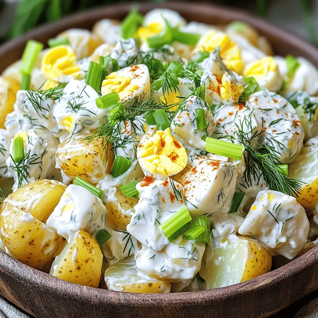 - 900 g Yukon Gold Kartoffeln, geschält und gewürfelt - 180 ml griechischer Joghurt - 60 ml Mayonnaise - 1 Esslöffel Dijon-Senf - 1 Esslöffel Apfelessig - 1 Teelöffel Knoblauchpulver - 1 Teelöffel Zwiebelpulver - 1/2 Teelöffel geräuchertes Paprikapulver - Salz und Pfeffer nach Geschmack - 60 ml frischer Dill, fein gehackt - 60 ml Schnittlauch, fein gehackt - 60 ml Sellerie, fein gehackt Wenn ich einen klassischen Kartoffelsalat mache, beginne ich immer mit Yukon Gold Kartoffeln. Diese Kartoffeln sind cremig und halten gut ihre Form. Sie sind perfekt für den Salat, da sie beim Kochen weich werden, aber nicht matschig. Ich verwende eine Mischung aus griechischem Joghurt und Mayonnaise für das Dressing. Diese Kombination gibt dem Salat eine tolle Cremigkeit und einen frischen Geschmack. Dijon-Senf fügt eine leichte Schärfe hinzu, die das ganze Gericht aufpeppt. Die Gewürze sind wichtig. Knoblauchpulver und Zwiebelpulver geben Tiefe. Geräuchertes Paprikapulver bringt eine rauchige Note, die wirklich lecker ist. Frische Kräuter wie Dill und Schnittlauch machen den Salat noch frischer. - 2 hartgekochte Eier, gewürfelt (optional) - Weitere Kräuter und Gemüsesorten Manchmal füge ich hartgekochte Eier hinzu. Sie machen den Salat reichhaltiger und geben mehr Protein. Du kannst auch andere Kräuter oder Gemüse wie Petersilie oder Paprika hinzufügen. Diese Zutaten bringen neue Aromen und machen den Salat bunter. Wenn du das Rezept anpassen möchtest, probiere verschiedene Zutaten. So wird jeder Kartoffelsalat zu einem neuen Erlebnis. Du kannst alle Zutaten in dem [Full Recipe] finden, das dir die genauen Mengen zeigt. Zuerst nehme ich die Yukon Gold Kartoffeln und schäle sie. Dann schneide ich sie in gleichmäßige Würfel. Ich lege die Kartoffeln in einen großen Topf und bedecke sie mit kaltem Wasser. Eine Prise Salz gebe ich dazu. Ich bringe das Wasser zum Kochen. Sobald das Wasser sprudelt, reduziere ich die Hitze. Jetzt lasse ich die Kartoffeln 10 bis 15 Minuten köcheln. Ich teste mit einer Gabel, ob sie zart sind. Danach lasse ich die Kartoffeln gut abtropfen und etwas abkühlen. In einer separaten Schüssel kombiniere ich die Dressings-Zutaten. Ich nehme griechischen Joghurt, Mayonnaise, Dijon-Senf und Apfelessig. Dann füge ich Knoblauchpulver, Zwiebelpulver und geräuchertes Paprikapulver hinzu. Salz und Pfeffer kommen auch dazu. Mit einem Schneebesen vermenge ich alles gut. Es soll glatt und homogen sein. Das ist die Basis für einen cremigen Kartoffelsalat. In einer großen Schüssel nehme ich die leicht abgekühlten Kartoffeln. Ich füge den frischen Dill, den Schnittlauch, den Sellerie und die hartgekochten Eier hinzu, wenn ich sie benutze. Das Dressing gieße ich darüber. Jetzt hebe ich alles vorsichtig unter, bis die Kartoffeln gleichmäßig bedeckt sind. Zum Schluss probiere ich den Salat. Ich passe die Gewürze nach meinem Geschmack an. Für den besten Geschmack decke ich die Schüssel ab. Ich stelle sie für mindestens eine Stunde in den Kühlschrank. So können sich die Aromen setzen. Für das vollständige Rezept, schau dir den Full Recipe an. Um deinen Kartoffelsalat interessanter zu machen, kannst du die Zutaten ändern. Hier sind einige Ideen: - Zutatenvariationen für einen anderen Geschmack - Füge geröstete Paprika hinzu für mehr Süße. - Verwende frischen Koriander statt Dill für einen neuen Geschmack. - Ersetze den Joghurt durch pflanzliche Alternativen für eine leichtere Version. - Vorschläge für saisonale Zutatenaustausch - Im Frühling kannst du frische Erbsen hinzufügen. - Im Sommer probiere frische Tomaten oder Gurken. - Im Herbst ergänze den Salat mit geraspelten Äpfeln für einen süßen Crunch. Ein paar Fehler können deinen Kartoffelsalat ruinieren. Achte darauf: - Zu lange Kochzeit der Kartoffeln - Überkoche die Kartoffeln nicht, sie sollten weich, aber nicht matschig sein. - Prüfe sie nach 10 Minuten mit einer Gabel. - Unzureichendes Kühlen vor dem Servieren - Lasse den Salat mindestens eine Stunde im Kühlschrank. - So setzen sich die Aromen und der Salat wird erfrischender. Wie du deinen Kartoffelsalat servierst, macht einen großen Unterschied. Hier sind einige Tipps: - Beilagen oder Hauptgerichte für eine komplette Mahlzeit - Serviere den Salat mit gegrilltem Hähnchen oder Fisch. - Er passt gut zu Würstchen oder vegetarischen Burgern. - Anrichten und Dekorieren des Salats - Verwende frische Kräuter als Garnitur. - Füge Zitronenscheiben hinzu, um Farbe und Frische zu bringen. Für das vollständige Rezept, sieh dir den Abschnitt unter [Full Recipe] an. {{image_4}} Um Ihren Kartoffelsalat frisch zu halten, ist die Lagerung im Kühlschrank wichtig. Wenn Sie den Salat machen, lassen Sie ihn zuerst abkühlen. Danach stellen Sie ihn in eine luftdichte Schüssel. So bleibt er frisch und lecker. Überprüfen Sie die Frische des Salats vor dem Verzehr. Sehen Sie nach, ob der Salat gut riecht und die Zutaten frisch aussehen. Wenn etwas komisch aussieht oder riecht, werfen Sie es weg. Der Kartoffelsalat hält sich im Kühlschrank etwa drei bis fünf Tage. Um den besten Geschmack zu genießen, essen Sie ihn schnell. Haben Sie Reste übrig? Nutzen Sie sie auf verschiedene Arten. Fügen Sie den Salat zu Wraps oder Sandwiches hinzu. Sie können ihn auch als Beilage zu gegrilltem Fleisch verwenden. Seien Sie kreativ! Für das vollständige Rezept besuchen Sie das Kapitel: [Full Recipe]. Eine Portion hat etwa 250 Kalorien. Der Fettgehalt liegt bei 10 g. Die Kohlenhydrate betragen 35 g. Der Salat enthält rund 6 g Protein. Diese Werte können je nach Zutaten leicht variieren. Die Hauptzutaten sind Kartoffeln, griechischer Joghurt und Mayonnaise. Allergene sind in diesen Zutaten vorhanden. Mayonnaise kann Ei enthalten. Einige Menschen sind allergisch gegen Eier oder Milchprodukte. Achten Sie auf diese Allergene, wenn Sie Gäste haben. Kartoffeln sind nahrhaft und reich an Ballaststoffen. Sie enthalten Vitamin C und B6. Diese Vitamine stärken das Immunsystem und fördern die Gesundheit. Frische Kräuter wie Dill und Schnittlauch bieten viele Vorteile. Sie haben Antioxidantien und fördern die Verdauung. Kräuter bringen auch frischen Geschmack in den Salat. Der cremige Kräuter-Kartoffelsalat ist nicht nur lecker, sondern auch gesund. Um den Kartoffelsalat vegan zu machen, tauschen Sie den Joghurt und die Mayonnaise aus. Nutzen Sie pflanzliche Alternativen. Zum Beispiel, verwenden Sie Soja- oder Kokosjoghurt. Anstelle von Mayonnaise nehmen Sie vegane Mayo. So bleibt der Geschmack frisch und cremig. Die Eier sind nicht zwingend nötig. Sie fügen dem Salat eine cremige Textur hinzu. Viele Leute mögen den Salat auch ohne Eier. Wenn Sie Eier nicht mögen, lassen Sie sie einfach weg. Der Salat bleibt trotzdem lecker. Im Kühlschrank hält sich der Kartoffelsalat etwa drei bis fünf Tage. Achten Sie darauf, ihn in einem gut verschlossenen Behälter zu lagern. So bleibt er frisch und lecker für Ihre nächste Mahlzeit. Probieren Sie auch die Vollständige Rezeptur für einen köstlichen Kartoffelsalat! Zusammenfassend bietet dieser Artikel eine umfassende Anleitung zur Zubereitung des klassischen Kartoffelsalats. Ich habe die Hauptzutaten besprochen, die richtige Zubereitung erklärt und Tipps gegeben, um häufige Fehler zu vermeiden. Denken Sie daran, die Lagerung und Haltbarkeit im Auge zu behalten, um den besten Geschmack zu genießen. Experimentieren Sie mit verschiedenen Zutaten, um ganz neue Aromen zu entdecken. Kartoffelsalat kann ein vielseitiges Gericht sein, das Genuss und Gesundheit vereint. Machen Sie ihn zu Ihrem eigenen!