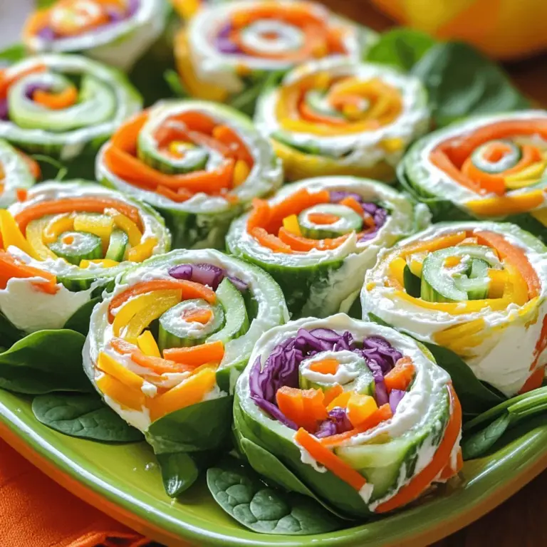 Um die Rainbow Veggie Pinwheels zuzubereiten, brauchst du: - 4 große Vollkorn-Tortillas - 1 Tasse Frischkäse, weich (oder Hummus für eine vegane Option) - 1 Tasse geriebene Karotten - 1 Tasse Paprika (rot, gelb und grün), in feinen Stiften geschnitten - 1 Tasse frische Spinatblätter - 1 Tasse Gurke, dünn geschnitten - 1/2 Tasse lila Kohl, fein gehobelt - 2 Esslöffel frische Kräuter (z. B. Dill oder Koriander), gehackt - Salz und Pfeffer nach Geschmack Die Maße sind simpel und leicht anzupassen. Möchtest du weniger machen? Teile die Zutaten einfach durch zwei. Für eine größere Menge kannst du alles verdoppeln. Du kannst auch die Tortilla-Art ändern. Weiche Tortillas sind sehr lecker. Wähle frisches Gemüse, das knackig aussieht. Paprika sollte glänzend und fest sein. Die Karotten sollten hellorange und ohne Flecken sein. Achte darauf, dass der Spinat frisch und grün ist. Lila Kohl sollte fest und knackig sein. Frische Kräuter wie Dill oder Koriander bringen Aroma und Farbe. Gehe zum Markt, um die frischesten Zutaten zu finden. Das macht einen großen Unterschied für den Geschmack deiner Pinwheels. Viel Spaß beim Auswählen! Zuerst nimmst du eine Schüssel. Gib den weichen Frischkäse hinein. Füge eine Prise Salz und Pfeffer hinzu. Dann kommen die frischen Kräuter dazu. Rühre alles gut um, bis es gleichmäßig aussieht. Diese Mischung ist die Basis für unsere Pinwheels. Wenn du vegan essen möchtest, benutze Hummus statt Frischkäse. Es schmeckt auch toll! Lege eine Tortilla flach auf ein sauberes Schneidebrett. Nimm deine Frischkäsemischung und verteile sie gleichmäßig. Lass einen kleinen Rand am Rand der Tortilla. So bleibt die Füllung später an Ort und Stelle. Du kannst auch eine glutenfreie Tortilla verwenden, wenn du das möchtest. Es gibt viele Optionen, die gut schmecken. Jetzt kommt der spaßige Teil! Beginne mit den geriebenen Karotten. Streue sie in einer Reihe auf die Frischkäsemischung. Dann lege die Paprikastifte darauf. Nutze die Farben rot, gelb und grün für einen schönen Effekt. Füge die frischen Spinatblätter hinzu. Danach kommen die Gurkenscheiben und der lila Kohl. Achte darauf, alles gleichmäßig zu verteilen. So wird jedes Stück bunt und lecker. Jetzt hast du die Tortilla schön belegt. Du bist bereit, sie aufzurollen. Folge dem [Full Recipe] für die nächsten Schritte. Um deine Rainbow Veggie Pinwheels perfekt zu rollen, beginne mit einer Tortilla. Lege die Tortilla flach auf ein sauberes Brett. Verteile die Frischkäsemischung gleichmäßig darauf. Achte darauf, etwas Rand frei zu lassen. Beginne dann an einem Ende und rolle die Tortilla eng auf. Drücke leicht, damit die Füllung bleibt. Halte die Pinwheels stabil, indem du sie nach dem Schneiden kurz ruhen lässt. So verfestigen sich die Schichten. Die Präsentation ist wichtig! Du kannst die Pinwheels in einem Glas stehend anrichten. Alternativ lege sie flach auf einen bunten Teller. Für mehr Farbe füge frische Kräuter hinzu. Du kannst auch einen Dip wie Ranch- oder Joghurt-Dip anbieten. Ein Spritzer Vinaigrette über die Pinwheels gibt zusätzlichen Geschmack. Das Auge isst mit, also sei kreativ! Diese Pinwheels sind leicht anpassbar. Für eine vegane Version ersetze den Frischkäse durch Hummus. So bleibt der Geschmack großartig und sie sind tierfreundlich. Wenn du glutenfrei sein musst, wähle glutenfreie Tortillas. Achte darauf, dass alle anderen Zutaten ebenfalls glutenfrei sind. So kannst du alle mit diesen leckeren Snacks erfreuen, egal welche Diät sie haben. {{image_4}} Du kannst deine Rainbow Veggie Pinwheels noch bunter gestalten. Füge Avocado für eine cremige Textur hinzu. Die frische Avocado passt gut zu den anderen Zutaten. Diese Ergänzung bringt gesunde Fette in dein Gericht. Tomaten sind ein weiterer toller Zusatz. Sie geben den Pinwheels eine saftige Note. Du kannst sie in kleine Würfel schneiden oder als Scheiben verwenden. Mit diesen bunten Zutaten wird jede Rolle ein Kunstwerk. Die Wahl der Tortilla macht einen großen Unterschied. Du kannst Vollkorn-Tortillas verwenden, um mehr Ballaststoffe zu bekommen. Für einen milden Geschmack sind auch Weizentortillas gut geeignet. Wenn du Gluten meidest, nimm glutenfreie Tortillas. Du kannst auch Spinattortillas für mehr Farbe und Geschmack ausprobieren. Diese verschiedenen Optionen erlauben dir, kreativ zu sein und deine Pinwheels nach deinem Geschmack anzupassen. Dips und Saucen können die Pinwheels aufpeppen. Ein einfacher Joghurt-Dip kann eine frische Ergänzung sein. Du kannst auch einen Ranch-Dip zubereiten, der gut zu Gemüse passt. Für etwas Würze, probiere eine scharfe Salsa. Diese Dips bieten nicht nur Geschmack, sondern auch eine interessante Textur. Es macht Spaß, verschiedene Dips zu testen. So bleibt jede Portion spannend und lecker. Denke daran, dass die Rainbow Veggie Pinwheels vielseitig sind. Du kannst sie leicht anpassen und variieren. Entdecke die vielen Möglichkeiten, um deine eigenen Lieblingskombinationen zu finden. Sie sind ideal für Partys oder Snacks. Wenn du mehr lernen willst, schau dir das [Full Recipe] an. Um die Rainbow Veggie Pinwheels frisch zu halten, lege sie in einen luftdichten Behälter. Stelle sicher, dass die Pinwheels nicht zerdrückt werden. So bleiben sie knackig und lecker. Du kannst auch Wachspapier zwischen die Schichten legen, um ein Festkleben zu verhindern. Lagere die Pinwheels im Kühlschrank. Sie bleiben dort bis zu drei Tage frisch. Wenn du die Pinwheels im Voraus machen möchtest, bereite die Frischkäsemischung und das Gemüse einen Tag vorher vor. Halte alles getrennt, bis du bereit bist, die Pinwheels zu rollen. So bleiben die Tortillas weich und das Gemüse frisch. Du kannst die fertigen Pinwheels in Scheiben schneiden und sie in den Kühlschrank stellen. So sparst du Zeit, wenn Gäste kommen. Um die Frische der Rainbow Veggie Pinwheels zu verlängern, packe sie mit einem feuchten Papiertuch in den Behälter. Das hilft, die Tortillas geschmeidig zu halten. Vermeide es, sie mit Dressings zu belegen, bevor du sie lagerst. Das kann sie matschig machen. Wenn du die Pinwheels einfrieren möchtest, wickel sie fest in Folie. So bleiben sie bis zu einem Monat haltbar. Auftauen kannst du sie einfach im Kühlschrank über Nacht. Die Rainbow Veggie Pinwheels bleiben frisch, wenn du sie richtig lagerst. Bewahre sie in einem luftdichten Behälter im Kühlschrank auf. So bleiben sie etwa 2 bis 3 Tage lecker. Sie schmecken am besten, wenn du sie frisch zubereitest. Nach ein paar Tagen können sie weich und weniger knusprig werden. Ja, du kannst die Füllung ganz nach deinem Geschmack anpassen. Füge zum Beispiel Avocado, Mais oder Zucchini hinzu. Wenn du etwas Würze möchtest, probiere scharfen Frischkäse oder einen feurigen Dip. Auch gekochtes Hähnchen oder geräucherter Lachs sind tolle Optionen. Lass deiner Kreativität freien Lauf und mische verschiedene Gemüsesorten. Ja, diese Pinwheels sind sehr gesund! Sie enthalten frisches Gemüse, das viele Vitamine und Nährstoffe liefert. Vollkorn-Tortillas bieten Ballaststoffe, die gut für die Verdauung sind. Wenn du Hummus verwendest, hast du zusätzlich gesunde Fette. Diese Snacks sind perfekt für Kinder und Erwachsene. Sie sind leicht, bunt und ideal für eine gesunde Ernährung. Die heutigen Rainbow Veggie Pinwheels sind ein toller Snack. Wir haben alle Zutaten, die Zubereitung und viele Tipps behandelt. Frische Zutaten machen die Rolle schmackhaft. Bedenke auch, wie du die Pinwheels einlagern kannst. Variiere die Füllung für neuen Geschmack und Abwechslung. Die richtige Technik macht einen großen Unterschied. Experimentiere und finde deine besten Kombinationen. Gesunde Snacks sind einfach und lecker. Du kannst sie überall genießen und teilen. Mach deinen nächsten Snack zu einem Hit!