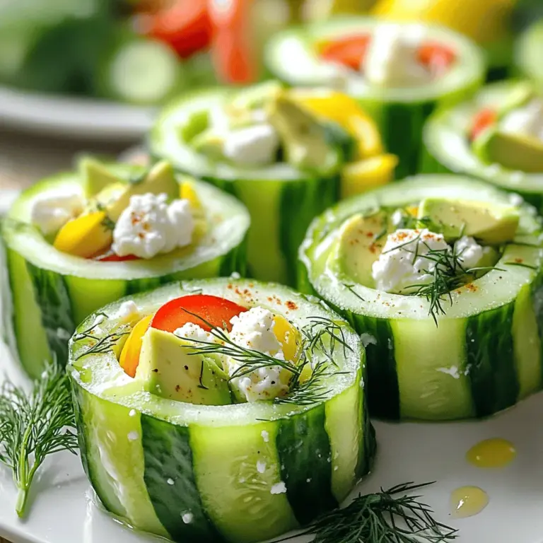 - 2 große Gurken - 1 Tasse Feta-Käse, zerbröselt - ½ Tasse griechischer Joghurt - 2 Esslöffel frischer Dill, gehackt - 1 Esslöffel Zitronensaft - 1 Teelöffel Knoblauchpulver - Salz und Pfeffer nach Geschmack - 1 rote Paprika, dünn geschnitten - 1 Avocado, in Scheiben geschnitten - Vollkorn- oder Spinat-Tortillas Jede Zutat hat ihren eigenen Platz in diesem Rezept. Die Gurken geben einen frischen Biss. Feta bringt einen salzigen Geschmack, der perfekt mit dem Joghurt harmoniert. Dill fügt einen tollen, kräuterigen Geschmack hinzu. Die rote Paprika bringt Farbe und Süße. Und die Avocado macht die Wraps cremig und reichhaltig. Wenn du diese Zutaten zusammenbringst, erhältst du ein Gericht, das nicht nur gut schmeckt, sondern auch optisch ansprechend ist. Dieser Genuss ist einfach und schnell zubereitet. Das Rezept ist für alle, die frische und gesunde Snacks lieben. Sieh dir die [Full Recipe] an, um deine Wraps zu machen! Um die Gurken vorzubereiten, schneide jede Gurke der Länge nach in zwei Hälften. Nimm einen Löffel und schöpfe vorsichtig die Samen heraus. Dies schafft Platz für die köstliche Füllung. Durch das Entfernen der Samen wird die Textur der Wraps angenehmer. Es hilft auch, überschüssige Flüssigkeit zu vermeiden, wenn du die Wraps zubereitest. In einer Rührschüssel vermenge den zerbröselten Feta-Käse, den griechischen Joghurt, den gehackten Dill, den Zitronensaft und das Knoblauchpulver. Füge nach Geschmack Salz und Pfeffer hinzu. Rühre die Mischung gut um. Achte darauf, dass sie eine cremige Konsistenz hat. Diese Füllung bringt den frischen Geschmack der Wraps zur Geltung. Lege eine Tortilla flach auf eine saubere Fläche. Verteile eine großzügige Schicht der Feta-Mischung auf die Tortilla. Konzentriere dich darauf, die Mischung auf eine Seite zu legen, um Platz zum Rollen zu lassen. Füge dann einige Scheiben rote Paprika und Avocado gleichmäßig auf die Feta-Mischung hinzu. Wickel die Tortilla vorsichtig von dir weg und klappe die Seiten ein, um eine enge Rolle zu formen. Wiederhole dies für die restlichen Tortillas und die Füllung. Schneide jede eingerollte Tortilla in mundgerechte Stücke von etwa 2-5 cm Breite. Dadurch wird das Servieren einfach und spaßig. Stelle die Wraps auf eine Servierplatte und garniere sie nach Wunsch mit zusätzlichem Dill oder Feta-Käse. Für die vollständige Anleitung schau dir das Full Recipe an. Schneiden Sie die Gurken mit einem scharfen Messer. Halten Sie die Gurken fest, aber nicht zu fest. Machen Sie gleichmäßige Schnitte, um schöne Hälften zu erhalten. Entfernen Sie die Kerne mit einem Löffel. So bleibt mehr Platz für die Füllung. Um die Aromen zu maximieren, verwenden Sie frische Kräuter. Dill bringt einen tollen Geschmack. Fügen Sie Zitronensaft hinzu für mehr Frische. Lassen Sie die Füllung eine Weile ruhen, damit die Aromen sich entfalten können. Das Rezept ist sehr flexibel. Sie können Feta durch andere Käsesorten ersetzen. Probieren Sie Ziegenkäse oder Ricotta. Diese Käse geben einen neuen Geschmack. Auch bei Gemüse sind Sie frei. Fügen Sie Karotten, Radieschen oder Spinat hinzu. Experimentieren Sie mit verschiedenen Farben und Texturen. So wird jede Wrap einzigartig und spannend. Für die Präsentation schneiden Sie die Wraps in kleine Stücke. Legen Sie sie auf einen schönen Teller. Garnieren Sie die Wraps mit frischen Kräutern. Das sieht nicht nur toll aus, es schmeckt auch besser. Für Dips oder Saucen empfehle ich Joghurt oder Hummus. Diese passen gut zu den Wraps. Eine scharfe Sauce kann für mehr Geschmack sorgen. Experimentieren Sie mit verschiedenen Dips, um Ihre Wraps zu ergänzen. {{image_4}} Um diese Wraps mediterran zu machen, füge Oliven und Artischocken hinzu. Diese Zutaten bringen einen tollen Geschmack. Du kannst schwarze oder grüne Oliven verwenden. Artischocken aus dem Glas sind einfach zu nutzen. Schneide alles klein, bevor du es in die Feta-Mischung gibst. Das gibt den Wraps mehr Biss und Vielfalt. Für einen eiweißreichen Snack kannst du Quinoa oder Kichererbsen hinzufügen. Quinoa ist leicht und gesund. Koche es vorher und lasse es abkühlen. Mische dann die gekochte Quinoa in die Feta-Mischung. Kichererbsen aus der Dose sparen Zeit. Einfach abspülen und zerdrücken, bevor du sie hinzufügst. Diese Optionen machen die Wraps sättigender und nahrhafter. Wenn du auf Kohlenhydrate achtest, nutze Salatblätter statt Tortillas. Römersalat ist eine gute Wahl für Wraps. Das gibt dir einen frischen Biss. Lege einfach die Feta-Mischung auf ein Blatt, füge dein Gemüse hinzu und rolle es auf. Diese Variante ist leicht und erfrischend, perfekt für heiße Tage. Für die vollständige Zubereitung der Wraps, schau dir das [Full Recipe] an. Wenn du die Wraps über Nacht aufbewahren möchtest, gibt es ein paar einfache Tipps. Wicke die Wraps in Frischhaltefolie. So bleibt die Füllung frisch. Lege die eingewickelten Wraps in den Kühlschrank. Dies hilft, die Feuchtigkeit und den Geschmack zu bewahren. Du kannst auch die Wraps in einem luftdichten Behälter aufbewahren. Vermeide, sie in der Nähe von stark riechenden Lebensmitteln zu lagern. So bleiben die Wraps frisch und lecker. Möchtest du die Wraps länger aufbewahren? Dann kannst du sie einfrieren. Wickele jeden Wrap einzeln in Frischhaltefolie. Danach lege sie in einen Gefrierbeutel. Achte darauf, die Luft aus dem Beutel zu drücken. So bleibt der Wrap frisch. Wenn du bereit bist, sie zu essen, lasse sie über Nacht im Kühlschrank auftauen. Du kannst sie auch direkt in der Mikrowelle aufwärmen. Die Haltbarkeit der Wraps ist wichtig. Im Kühlschrank halten sie zwei bis drei Tage. Wenn du sie eingefroren hast, können sie bis zu drei Monate bleiben. Denke daran, die gefrorenen Wraps vor dem Verzehr aufzutauen. Die Wraps sind perfekt für ein schnelles Mittagessen oder einen Snack. Sie sind frisch, lecker und einfach zuzubereiten. Probiere auch die Full Recipe für mehr Inspiration! Um Gurken-Feta-Wraps schnell zu machen, folge diesen einfachen Schritten: 1. Gurken vorbereiten: Schneide die Gurken der Länge nach und entferne die Samen. 2. Feta-Mischung erstellen: Mische Feta, Joghurt, Dill, Zitronensaft, Knoblauchpulver, Salz und Pfeffer in einer Schüssel. 3. Tortilla belegen: Verteile die Feta-Mischung auf einer Tortilla und füge Paprika und Avocado hinzu. 4. Wraps rollen: Rolle die Tortilla fest auf, während du die Seiten einklappst. 5. Stücke schneiden: Schneide die Rolle in mundgerechte Stücke. Diese Schritte sind einfach und schnell. Du kannst in nur 15 Minuten eine leckere Mahlzeit zubereiten. Ja, du kannst andere Kräuter verwenden. Basilikum und Petersilie sind tolle Optionen. - Basilikum: Es gibt einen frischen, süßen Geschmack. - Petersilie: Sie bringt einen leichten, erdigen Geschmack. Wenn du experimentierst, wird der Wrap noch interessanter. Probiere verschiedene Kräuter aus und finde deinen Favoriten. Ja, diese Wraps sind gesund. Hier ist ein kurzer Nährwertüberblick: - Gurken: Kalorienarm und reich an Wasser. - Feta-Käse: Eine gute Proteinquelle, aber achte auf die Menge. - Griechischer Joghurt: Enthält viel Protein und probiotische Vorteile. - Avocado: Liefert gesunde Fette und Ballaststoffe. - Vollkorn-Tortillas: Bieten mehr Nährstoffe als normale Tortillas. Die Mischung aus frischen Zutaten macht diese Wraps zu einer gesunden Wahl für Snacks oder leichte Mahlzeiten. Zusammenfassend haben wir heute ein einfaches Rezept für Gurken-Feta-Wraps behandelt. Wir haben die Zutatenliste, die Zubereitung und viele Tipps und Tricks besprochen. Auch Variationen für jeden Geschmack wurden vorgestellt. Diese Wraps sind gesund, vielseitig und einfach anzupassen. Experimentiere mit verschiedenen Zutaten und mache sie zu deinem Favoriten. Genieß jeden Bissen und teile deine Kreationen mit Freunden. So machst du die Wraps noch spannender und leckerer!