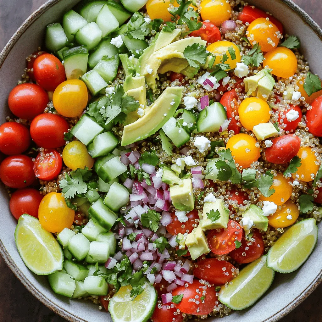 Für diesen erfrischenden Salat brauchst du einige einfache Hauptzutaten. Hier sind die wichtigsten: - 1 Tasse Quinoa, gründlich abgespült - 2 Tassen Gemüsebrühe - 1 Tasse Kirschtomaten, halbiert - 1 Gurke, gewürfelt - 1 Paprika (rot oder gelb), gewürfelt - 1/4 rote Zwiebel, fein gehackt - 1 Avocado, gewürfelt - 1/4 Tasse frischer Koriander, gehackt Diese Zutaten geben dem Salat seine frische und knackige Textur. Ich empfehle, die Quinoa gut abzuspülen. So entfernst du Bitterstoffe. Die richtigen Gewürze und Öle machen den Salat besonders lecker. Hier sind die Zutaten, die du brauchst: - 3 Esslöffel Olivenöl - 1 Teelöffel Kreuzkümmel - 1/2 Teelöffel Chili-Pulver - Salz und Pfeffer nach Geschmack Das Olivenöl sorgt für eine schöne Geschmeidigkeit. Kreuzkümmel und Chili-Pulver geben dem Salat einen tollen Kick. Du kannst den Salat nach deinem Geschmack anpassen. Hier sind einige optionale Zutaten: - 1/4 Tasse Feta-Käse, zerbröckelt (optional) - Limettenspalten zum Servieren Wenn du Feta hinzufügst, bekommst du eine cremige Note. Du kannst auch andere Gemüse oder Nüsse verwenden, um mehr Crunch zu erhalten. Für das vollständige Rezept schau dir die [Full Recipe] an. Um die Quinoa perfekt zuzubereiten, spülen Sie sie gründlich. Das entfernt Bitterstoffe. Kochen Sie dann die Gemüsebrühe in einem mittelgroßen Topf. Wenn die Brühe kocht, geben Sie die Quinoa hinzu. Decken Sie den Topf ab und reduzieren Sie die Hitze. Lassen Sie die Quinoa 15 Minuten köcheln. Sie sollte die gesamte Brühe aufnehmen und fluffig sein. Nehmen Sie den Topf vom Herd und lassen Sie die Quinoa etwas abkühlen. In einer großen Schüssel vermengen Sie die Kirschtomaten, Gurke, Paprika, rote Zwiebel und Koriander. Diese Mischung bringt frische Aromen. Sobald die Quinoa abgekühlt ist, fügen Sie sie zur Gemüsemischung hinzu. Achten Sie darauf, alles gut zu vermengen, damit die Aromen sich verbinden. Für das Dressing verrühren Sie in einer kleinen Schüssel den Limettensaft, Olivenöl, Kreuzkümmel und Chili-Pulver. Dieses Dressing verleiht dem Salat seine Würze. Gießen Sie das Dressing über die Quinoa- und Gemüsemischung. Mischen Sie alles vorsichtig. Fügen Sie die gewürfelte Avocado und optional den zerbröckelten Feta-Käse hinzu. Mischen Sie vorsichtig, um die Avocado nicht zu zerdrücken. Schmecken Sie den Salat mit Salz und Pfeffer ab. Lassen Sie ihn 10-15 Minuten ruhen, damit sich die Aromen entfalten können. Um Quinoa perfekt zu kochen, spüle sie zuerst gründlich. Dies entfernt Bitterstoffe. Dann bringe die Gemüsebrühe zum Kochen. Sobald sie kocht, füge die Quinoa hinzu. Decke den Topf ab und reduziere die Hitze. Lass die Quinoa etwa 15 Minuten köcheln. Sie sollte das Wasser ganz aufnehmen. Nach dem Kochen lass sie kurz abkühlen. Diese Methode sorgt für perfekte, lockere Körner. Die Präsentation deines Zesty Quinoa Salads ist wichtig. Nutze eine große Schüssel oder schöne Platten. So sieht der Salat appetitlicher aus. Füge Limettenspalten an die Seite. Das gibt einen frischen Look. Garniere den Salat mit Koriander und zerbröckeltem Feta. Dies bringt Farbe und einen tollen Geschmack. Achte darauf, den Salat vor dem Servieren gut zu vermengen. Ein häufiger Fehler ist, die Quinoa nicht zu spülen. Das kann bitter schmecken. Ein weiterer Fehler ist, zu viel Wasser zu verwenden. Halte dich an das Verhältnis von 1:2. Lass die Quinoa nach dem Kochen nicht zu lange stehen. Sie kann matschig werden. Wenn du diese Tipps befolgst, wird dein Zesty Quinoa Salad lecker und schön sein. Probiere das Rezept aus dem Full Recipe für noch mehr Erfolg! {{image_4}} Um deinem Zesty Quinoa Salad mehr Geschmack zu verleihen, kannst du verschiedene Gemüsesorten hinzufügen. Probiere zum Beispiel: - Karotten: Füge geriebene Karotten für Süße hinzu. - Zucchini: Würfle kleine Zucchini für eine knackige Textur. - Spinat: Mische frischen Spinat für mehr Farbe und Vitamine. - Erbsen: Verwende gefrorene Erbsen für einen süßen Biss. Diese Optionen bringen nicht nur neuen Geschmack, sondern auch mehr Nährstoffe in deinen Salat. Wenn du deinen Zesty Quinoa Salad noch nahrhafter machen möchtest, füge proteinreiche Zutaten hinzu. Hier sind einige tolle Vorschläge: - Kichererbsen: Sie passen gut und machen den Salat sättigender. - Hühnchen: Gegrilltes Hühnchen gibt mehr Geschmack und ist eine gute Proteinquelle. - Tofu: Würfelierten Tofu ist eine großartige Option für Vegetarier. - Eier: Gekochte Eier fügen zusätzliches Protein hinzu und machen den Salat reichhaltiger. Diese Zutaten machen den Salat zu einer kompletten Mahlzeit und helfen dir, länger satt zu bleiben. Das Dressing macht einen großen Unterschied im Geschmack deines Salats. Hier sind einige tolle Ideen für verschiedene Dressings: - Joghurt-Dressing: Mische Joghurt mit Kräutern für einen cremigen Geschmack. - Balsamico-Dressing: Verwende Balsamico-Essig für eine süß-säuerliche Note. - Tahini-Dressing: Mische Tahini mit Zitronensaft für ein nussiges Aroma. - Honig-Senf-Dressing: Kombiniere Honig und Senf für ein süßes und scharfes Dressing. Das richtige Dressing kann deinen Zesty Quinoa Salad wirklich aufpeppen. Experimentiere mit verschiedenen Geschmäckern und finde deine Lieblingskombination! Für das Grundrezept schau dir die Full Recipe an. Um den Zesty Quinoa Salad frisch zu halten, lege den Salat in einen luftdichten Behälter. So bleibt die Textur der Zutaten gut. Du kannst ihn auch in mehreren Schichten aufbewahren, um den Geschmack zu schützen. Lege die Avocado und das Dressing separat bei, um sie frisch zu halten. Im Kühlschrank bleibt der Salat für etwa drei Tage frisch. Nach dieser Zeit kann die Avocado matschig werden. Achte darauf, den Salat gut abzudecken, damit er keine anderen Gerüche aufnimmt. Wenn du Reste hast, genieße sie als Snack oder als Beilage zu einer anderen Mahlzeit. Das Einfrieren des Zesty Quinoa Salads ist nicht ideal. Frisches Gemüse verliert beim Einfrieren seine Knackigkeit. Wenn du jedoch Reste einfrieren möchtest, mache das ohne Avocado und Dressing. Zum Auftauen lasse den Salat einfach im Kühlschrank über Nacht. Vor dem Servieren kannst du frisches Gemüse und Dressing hinzufügen, um den Geschmack aufzufrischen. Ja, Sie können diesen Salat im Voraus zubereiten. Der Zesty Quinoa Salad schmeckt sogar besser, wenn er etwas Zeit hat, um zu ruhen. Bereiten Sie die Quinoa und das Gemüse vor und mischen Sie alles. Lassen Sie das Dressing separat, bis Sie bereit sind zu servieren. So bleibt der Salat frisch und knackig. Lagern Sie alles in luftdichten Behältern im Kühlschrank. Die beste Nachricht: Quinoa ist von Natur aus glutenfrei! Um sicherzustellen, dass Ihr Salat glutenfrei bleibt, vermeiden Sie Zutaten wie Feta-Käse, wenn Sie nicht sicher sind, ob er glutenfrei ist. Verwenden Sie frisches Gemüse, Olivenöl und Limettensaft. Achten Sie darauf, dass alle verarbeiteten Zutaten, die Sie wählen, auch glutenfrei sind. Um den Salat vegan zu machen, lassen Sie den Feta-Käse einfach weg. Fügen Sie stattdessen mehr Avocado oder sogar einige Nüsse oder Samen hinzu. Sie können auch mehr Kräuter verwenden, um den Geschmack zu intensivieren. Vielleicht probieren Sie auch ein anderes Dressing, das auf Nussbutter oder Tahini basiert. So bleibt der Salat cremig und lecker! Für das vollständige Rezept, folgen Sie bitte diesem [Full Recipe]. Der Zesty Quinoa Salad ist einfach und lecker. Wir haben die wichtigen Zutaten, die Zubereitung und nützliche Tipps besprochen. Achte besonders auf die Gewürze, die das Gericht aufpeppen. Variationen helfen dir, den Salat immer neu zu gestalten. Denk auch an die richtige Lagerung, damit er frisch bleibt. Mit diesen Informationen kannst du jetzt selbst einen tollen Salat machen. Genieße das Kochen und die vielen Möglichkeiten!