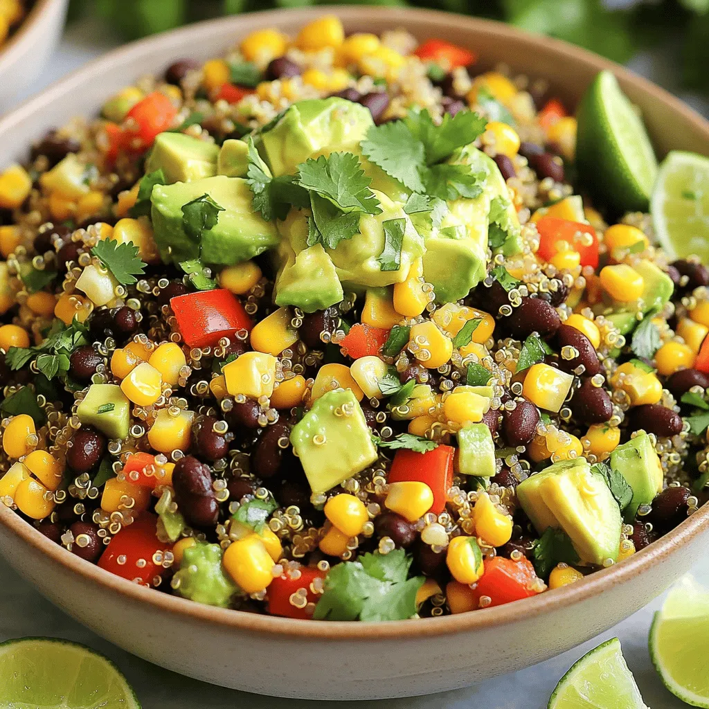 - 1 Tasse Quinoa, gründlich abgespült - 2 Tassen Gemüsebrühe - 1 Dose (425 g) schwarze Bohnen, abgetropft und abgespült Die Quinoa ist die Basis dieses Salats. Sie ist nussig und gesund. Sie gibt den nötigen Biss. Gemüsebrühe kocht die Quinoa und fügt Geschmack hinzu. Die schwarzen Bohnen bringen Protein und eine schöne Textur. Sie machen den Salat sättigend. - 1 Tasse Maiskörner (frisch oder gefroren) - 1 rote Paprika, gewürfelt - 1 kleine rote Zwiebel, fein gehackt - 1 Avocado, gewürfelt - 1/4 Tasse frischer Koriander, grob gehackt Frisches Gemüse bringt Farbe und Crunch. Mais hat eine süße Note, die gut passt. Rote Paprika und Zwiebel geben Knackigkeit und Geschmack. Avocado sorgt für Cremigkeit und gesunde Fette. Koriander gibt dem Salat einen frischen Kick. Diese Zutaten machen das Gericht lebendig. - Saft von 1 Limette - 2 Esslöffel Olivenöl - 1 Teelöffel Kreuzkümmel - 1 Teelöffel geräucherter Paprika - Salz und Pfeffer nach Geschmack Das Dressing ist der Geheimtipp. Limettensaft bringt Frische. Olivenöl sorgt für Glanz und eine tolle Textur. Kreuzkümmel und geräucherter Paprika geben dem Salat eine würzige Note. Salz und Pfeffer runden alles ab. Es ist wichtig, das Dressing gut zu mixen. So verteilen sich die Aromen gleichmäßig. Für das komplette Rezept schauen Sie sich bitte [Full Recipe] an. Zuerst spülen Sie die Quinoa gründlich ab. Das entfernt Bitterstoffe und macht sie lecker. Kochen Sie dann die Quinoa in einem mittelgroßen Topf mit Gemüsebrühe. Bringen Sie die Mischung bei hoher Hitze zum Kochen. Sobald das Wasser sprudelt, reduzieren Sie die Hitze. Decken Sie den Topf ab und lassen Sie die Quinoa etwa 15 Minuten köcheln. Nach 15 Minuten ist die Quinoa fluffig und die Flüssigkeit vollständig aufgesogen. Nehmen Sie den Topf vom Herd und lassen Sie die Quinoa abkühlen. Während die Quinoa kocht, können Sie das Gemüse vorbereiten. Nehmen Sie eine große Schüssel und spülen Sie die schwarzen Bohnen sowie den Mais ab. Schneiden Sie dann die rote Paprika und die kleine rote Zwiebel in kleine Stücke. Würfeln Sie auch die Avocado. Alles kommt in die große Schüssel. So haben Sie eine bunte Mischung, die frisch und knackig schmeckt. Jetzt ist es Zeit für das Dressing. In einer kleinen Schüssel vermischen Sie den Limettensaft, das Olivenöl, den Kreuzkümmel und den geräucherten Paprika. Fügen Sie Salz und Pfeffer nach Geschmack hinzu. Rühren Sie alles gut um, bis es gut vermischt ist. Schmecken Sie das Dressing ab und passen Sie es nach Ihrem Wunsch an. Ein gutes Dressing macht den Salat besonders lecker. Wenn alles bereit ist, folgen Sie dem [Full Recipe], um den Salat zusammenzustellen. Die richtige Kochzeit: Um die Quinoa perfekt zu kochen, achte darauf, sie etwa 15 Minuten zu köcheln. Die Hitze sollte nach dem Aufkochen reduziert werden. So bleibt die Quinoa locker und fluffig. Flüssigkeitsanpassung: Verwende für 1 Tasse Quinoa 2 Tassen Gemüsebrühe. Das sorgt für den besten Geschmack und die richtige Textur. Wenn du eine weichere Konsistenz magst, kannst du etwas mehr Brühe hinzufügen. Vorgehensweise bei anderen Gemüsesorten: Du kannst auch andere Gemüse wie Gurken oder Tomaten verwenden. Schneide sie klein und mische sie einfach unter den Salat. Dies gibt neue Aromen und Farben. Herzhaftes und proteinreiches Topping: Füge gegrilltes Hühnchen oder Kichererbsen hinzu, um mehr Protein zu erhalten. Das macht dein Gericht nahrhafter. Auch Feta-Käse passt gut und gibt einen salzigen Geschmack. Servierideen und Präsentation im Teller: Präsentiere den Salat in einer großen Schüssel. Garniere ihn mit Limettenkeilen und frischem Koriander. Das sieht frisch und einladend aus. Mit weiteren Zutaten kombinieren: Du kannst den Salat mit Avocado oder Nüssen toppen. Das bringt einen zusätzlichen Crunch und mehr Nährstoffe. Probiere verschiedene Kombinationen, um deinen perfekten Geschmack zu finden. {{image_4}} Du kannst den Southwest Quinoa Salad leicht anpassen. Verwende verschiedene Hülsenfrüchte wie Kichererbsen oder grüne Bohnen. Diese Optionen sind lecker und nahrhaft. Wenn du glutenfrei bleiben möchtest, achte darauf, dass deine Quinoa aus einer glutenfreien Quelle stammt. Quinoa ist von Natur aus glutenfrei. Diese Anpassungen machen den Salat für jeden geeignet. Möchtest du mehr Protein? Füge gebratenes Hühnchen oder Tofu hinzu. Beide Optionen machen den Salat sättigender. Du kannst auch Feta-Käse oder Nüsse wie Mandeln oder Walnüsse hinzufügen. Diese Zutaten bringen neuen Geschmack und Textur. Sie fügen dem Salat auch gesunde Fette hinzu, die dir gut tun. Das Dressing macht viel aus. Probiere verschiedene Dressings für unterschiedliche Geschmäcker. Ein Avocado-Dressing oder ein Honig-Limetten-Dressing können spannend sein. Du kannst auch mit Kräutern und Gewürzen variieren. Frischer Dill oder Petersilie können neue Aromen bringen. So bleibt der Salat immer interessant und lecker. Für das vollständige Rezept, schau dir die Full Recipe an! Um den Southwest Quinoa Salad frisch zu halten, lege ihn in einen luftdichten Behälter. So bleibt der Geschmack erhalten. Du kannst ihn 3 bis 5 Tage im Kühlschrank lagern. Stelle sicher, dass du ihn gut abdeckst, damit keine Gerüche eindringen. Wenn du den Salat länger aufbewahren möchtest, kannst du ihn einfrieren. Teile den Salat in Portionen. Verwende gefrierfeste Behälter oder Beutel, um Platz zu sparen. Achte darauf, so viel Luft wie möglich zu entfernen. Der Salat bleibt bis zu 3 Monate frisch im Gefrierfach. Wenn du bereit bist, deinen Salat zu genießen, kannst du ihn in der Mikrowelle aufwärmen. Stelle sicher, dass du einen mikrowellengeeigneten Behälter verwendest. Erhitze ihn in kurzen Intervallen von 30 Sekunden. Rühre den Salat nach jeder Runde um, bis er die gewünschte Temperatur hat. So bleibt er gleichmäßig warm. Der Southwest Quinoa Salad hält sich im Kühlschrank etwa 3 bis 5 Tage. Achte darauf, ihn in einem luftdichten Behälter zu lagern. So bleibt er frisch und lecker. Nach ein paar Tagen kann der Salat an Geschmack verlieren. Prüfe immer, ob das Gemüse noch knackig ist, bevor du ihn isst. Ja, du kannst den Salat im Voraus machen. Bereite die Quinoa und das Gemüse einen Tag vorher zu. Stelle sicher, dass die Quinoa gut abgekühlt ist, bevor du sie mit dem Gemüse mischst. Das Dressing kannst du separat aufbewahren. So bleibt der Salat frisch und der Geschmack intensiv. Mische alles kurz vor dem Servieren, damit die Zutaten knackig bleiben. Der Southwest Quinoa Salad passt gut zu vielen Gerichten. Er ist lecker zu gegrilltem Hähnchen oder Tofu. Du kannst ihn auch mit Tortilla-Chips servieren. Eine frische Guacamole oder Salsa ergänzt den Salat perfekt. Du kannst sogar ihn als Füllung für Wraps nutzen. So wird jedes Essen bunter und schmackhafter. Der Southwest Quinoa Salad vereint gesunde Hauptzutaten mit frischem Gemüse und einem leckeren Dressing. Die Zubereitung führt einfach durch jeden Schritt, von der Quinoa bis zu den Variationen. Denke an die Tipps für perfekte Konsistenz und Präsentation. Du kannst das Rezept leicht anpassen und aufbewahren. Letztlich ist dieser Salat ein gesundes und schmackhaftes Gericht für jede Gelegenheit. Experimentiere mit verschiedenen Zutaten und genieße die Vielfalt!