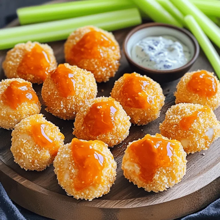 - 450 g Hähnchenbrustfilet - 100 g Paniermehl (Panko empfohlen) - 120 ml Buffalo-Sauce Die Hauptzutaten sind einfach und leicht zu finden. Hähnchenbrustfilet ist mager und saftig. Panko bringt die perfekte Knusprigkeit. Buffalo-Sauce sorgt für den scharfen Kick, den wir lieben. - 1 Teelöffel Knoblauchpulver - 1 Teelöffel Zwiebelpulver - 1 Teelöffel geräuchertes Paprikapulver - Salz und Pfeffer nach Geschmack - Optional: 1 Esslöffel geschmolzene Butter Die Gewürze sind wichtig für den Geschmack. Knoblauchpulver und Zwiebelpulver bringen Tiefe. Geräuchertes Paprikapulver fügt eine rauchige Note hinzu. Salz und Pfeffer runden das Ganze ab. Die geschmolzene Butter macht es noch leckerer. - Frische Selleriestangen - Blauschimmelkäsedressing Für einen frischen Crunch empfehle ich Selleriestangen. Sie sind knackig und passen gut zu den Bissen. Blauschimmelkäsedressing ist der perfekte Dip. Es mildert die Schärfe der Buffalo-Sauce. Diese Kombination macht die Baked Buffalo Chicken Bites zu einem tollen Snack. Wenn du mehr über die Zubereitung erfahren möchtest, schau dir das Full Recipe an. Um die perfekten Baked Buffalo Chicken Bites zu machen, beginnen wir mit dem Würzen des Hähnchens. Ich nehme 450 g Hähnchenbrustfilet und schneide es in mundgerechte Stücke. Danach gebe ich Knoblauchpulver, Zwiebelpulver, geräuchertes Paprikapulver, Salz und Pfeffer in eine Schüssel. Ich vermische alles gut, damit jedes Stück Hähnchen gleichmäßig gewürzt ist. Jetzt richte ich meine Panierstation ein. Ich nehme drei flache Schalen. In die erste Schale gebe ich 60 g Weizenmehl. In die zweite Schale kommen zwei verquirlte Eier. In die dritte Schale gebe ich 100 g Panko-Paniermehl. Diese Schritte helfen mir, die Hähnchenbisse gleichmäßig zu panieren. Jetzt panieren wir die Hähnchenbisse. Zuerst nehme ich ein gewürztes Hähnchenstück und wende es im Mehl. Ich achte darauf, dass es gut bedeckt ist. Danach tauche ich es in die verquirlten Eier. Zum Schluss wälze ich das Stück im Panko-Paniermehl. Es ist wichtig, dass alle Seiten gut bedeckt sind. Ein Tipp für gleichmäßiges Panieren ist, die Hähnchenstücke sanft zu drücken, wenn ich sie ins Paniermehl lege. So bleibt die Panade besser haften. Ich lege die panierten Bisse auf ein mit Backpapier ausgelegtes Backblech. Ich heize den Ofen auf 200 °C vor. Während der Ofen aufheizt, bereite ich die Bissen für das Backen vor. Ich sprühe die Hähnchenbisse leicht mit Kochspray ein und beträufle sie mit geschmolzener Butter, wenn ich es möchte. Die Backzeit beträgt 15-20 Minuten. Ich überprüfe die Bissen nach der Hälfte der Zeit. Es ist wichtig, sie einmal zu wenden, damit sie gleichmäßig garen. Wenn die Panade goldbraun ist, sind die Hähnchenbisse fertig. Jetzt sind sie bereit, um in eine große Schüssel mit Buffalo-Sauce gegeben zu werden. Ich schwenke die Bissen gut, damit sie die Sauce aufnehmen. Dann kann ich sie mit frischen Selleriestangen und Blauschimmelkäsedressing servieren. So einfach ist es, köstliche Baked Buffalo Chicken Bites zu machen! Um die besten Baked Buffalo Chicken Bites zu erzielen, empfehle ich die Verwendung von Panko. Panko ist ein japanisches Paniermehl. Es macht die Bissen besonders knusprig. Normales Paniermehl kann auch verwendet werden, aber Panko bringt den besten Crunch. Für zusätzliche Knusprigkeit kann man Kochspray verwenden. Sprühen Sie die Bissen leicht ein, bevor Sie sie backen. Alternativ können Sie geschmolzene Butter verwenden. Butter gibt einen reichhaltigen Geschmack und hilft, die Bissen knusprig zu machen. Experimentieren Sie mit beiden Optionen, um Ihre perfekte Mischung zu finden. Buffalo-Sauce kann auf viele Arten angepasst werden. Mögen Sie es schärfer? Fügen Sie mehr scharfe Sauce hinzu. Für eine süßere Note können Sie Honig oder Ahornsirup einrühren. Diese Variationen machen das Gericht interessant und einzigartig. Zusätzlich können Sie weitere Gewürze hinzufügen. Paprikapulver oder Cayennepfeffer geben mehr Geschmack. Auch Kräuter wie Oregano oder Thymian passen gut. Seien Sie kreativ und finden Sie Ihre Lieblingskombination. Ein häufiger Fehler ist, die Panierung zu dick zu machen. Eine dünne Schicht sorgt für die beste Textur. Achten Sie darauf, dass die Hähnchenstücke gleichmäßig bedeckt sind, aber nicht überladen. Ein weiterer Fehler liegt in der Backzeit. Halten Sie sich genau an die angegebene Zeit. Überbacken kann die Bissen trocken machen. Wenden Sie die Bissen während des Backens einmal, um gleichmäßiges Garen zu gewährleisten. So bleiben sie saftig und lecker. {{image_4}} Sie möchten Ihre Baked Buffalo Chicken Bites gesünder gestalten? Kein Problem! Hier sind zwei einfache Varianten: - Low-Carb-Version: Ersetzen Sie das Paniermehl durch gemahlene Mandeln oder Kokosmehl. Diese Optionen sind kohlenhydratarm und liefern tolle Ergebnisse. Sie bleiben knusprig und lecker. - Vegetarische Varianten: Tauschen Sie das Hähnchen gegen Blumenkohl oder Tofu aus. Diese Zutaten nehmen die Buffalo-Sauce gut auf. Sie sind eine großartige Wahl für Vegetarier oder einfach für einen anderen Geschmack. Sie können die Buffalo-Sauce anpassen, um neue Geschmäcker zu entdecken. Hier sind zwei leckere Vorschläge: - BBQ-Sauce anstelle von Buffalo-Sauce: Wenn Sie es süßer mögen, probieren Sie BBQ-Sauce. Sie gibt den Bissen einen neuen Kick. Die Süße der Sauce passt gut zu dem herzhaften Hähnchen. - Honig-Senf-Variante: Mischen Sie Honig mit Senf für eine süß-scharfe Sauce. Diese Kombination ist einfach und macht die Bissen besonders lecker. Die Baked Buffalo Chicken Bites schmecken super mit den richtigen Beilagen. Hier sind einige Ideen: - Salate und Dips: Servieren Sie einen frischen Salat dazu. Ein grüner Salat mit einem leichten Dressing ergänzt die Bissen gut. Dips wie Blauschimmelkäsedressing sind auch perfekt zum Eintauchen. - Fingerfood-Ideen für Partys: Diese Bissen sind ideal für Partys. Kombinieren Sie sie mit Gemüse-Sticks oder Nachos. So schaffen Sie eine tolle Snack-Platte für Ihre Gäste. Für das ganze Rezept und mehr Details schauen Sie sich den Full Recipe an. Nach dem Kochen ist es wichtig, die Hähnchenbisse richtig zu lagern. Kühlung der Hähnchenbisse ist der erste Schritt. Lassen Sie die Bissen zuerst auf Raumtemperatur abkühlen. Danach können Sie sie in den Kühlschrank stellen. Verwenden Sie luftdichte Behälter, um die Bissen frisch zu halten. So bleibt der Geschmack erhalten und die Bissen werden nicht trocken. Um die Baked Buffalo Chicken Bites wieder warm zu machen, gibt es zwei gute Methoden. Die Mikrowelle ist schnell, aber kann die Knusprigkeit verlieren. Der Ofen ist besser, um die Bissen knusprig zu halten. Heizen Sie den Ofen auf 180°C vor und legen Sie die Bissen für etwa 10 Minuten hinein. Ein Geheimtipp für die Wiederherstellung der Knusprigkeit ist, sie mit etwas Kochspray zu besprühen, bevor Sie sie aufwärmen. So bleiben sie lecker. Die Haltbarkeit der Hähnchenbissen im Kühlschrank beträgt etwa drei Tage. Wenn Sie die Bissen länger aufbewahren möchten, können Sie sie einfrieren. Legen Sie die Bissen in einen gefriergeeigneten Beutel. So bleiben sie bis zu drei Monate frisch. Zum Auftauen legen Sie sie einfach über Nacht in den Kühlschrank. Um die Baked Buffalo Chicken Bites schärfer zu machen, können Sie extra scharfe Buffalo-Sauce verwenden. Fügen Sie auch etwas Cayennepfeffer hinzu. Mögen Sie es wirklich heiß? Dann sind frische Jalapeños eine tolle Ergänzung! Diese kleinen Tipps bringen das Feuer in Ihre Bissen. Ja, Sie können die Bissen im Voraus zubereiten. Bereiten Sie die Hähnchenstücke bis zur Panierung vor. Lagern Sie sie in einem luftdichten Behälter im Kühlschrank. Dies macht die Zubereitung am Serviertag schnell und einfach. Sie können die Bissen auch nach dem Backen aufbewahren. Stellen Sie sicher, dass sie gut abgekühlt sind, bevor Sie sie einlagern. Das Rezept ergibt etwa vier Portionen. Möchten Sie mehr? Verdoppeln Sie einfach die Zutaten. So haben Sie genug für große Gruppen. Denken Sie daran, auch die Backzeit leicht anzupassen, wenn Sie mehr Bissen auf einmal backen. Für Dips empfehle ich Blauschimmelkäsedressing. Es passt perfekt zu den würzigen Bissen. Sie können auch Ranch-Dressing oder einen scharfen Salsa-Dip verwenden. Diese Dips ergänzen die Aromen und machen den Snack noch besser. Die Zubereitung von Baked Buffalo Chicken Bites ist einfach und macht Spaß. Wir haben die wichtigsten Zutaten, inklusive Hähnchen und Gewürze, besprochen. Ich habe Tipps gegeben, wie du die perfekte Knusprigkeit erreichst und leckere Variationen ausprobieren kannst. Zudem gibt es nützliche Hinweise zur Lagerung und häufige Fehler, die du vermeiden solltest. Diese Bissen eigenen sich gut für Partys oder einfach zum Snacken. Probier es aus, und genieße deine eigenen köstlichen Hähnchenbisse!