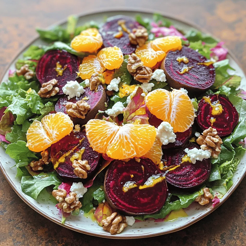 Für diesen Salat brauchst du frische und kräftige Zutaten. Sie machen den Geschmack lebendig. Hier sind die Hauptzutaten: - 3 mittelgroße Rote Bete, gründlich gewaschen - 4 Tassen gemischte Saladblätter (Rucola, Spinat und Romana) - 1 Orange, in Segmente geschnitten - 1/2 Tasse zerbröckelter Ziegenkäse - 1/4 Tasse Walnüsse, geröstet und grob gehackt Diese Zutaten liefern dir eine tolle Mischung aus süß und herzhaft. Die Rote Bete hat eine erdige Süße. Die Orange bringt Frische. Ziegenkäse und Walnüsse fügen eine cremige und knackige Textur hinzu. Das Dressing macht den Salat besonders. Hier sind die Zutaten für die Zitrus-Vinaigrette: - 2 Esslöffel Olivenöl - 1 Esslöffel Balsamico-Essig - 1 Teelöffel Honig - Salz und Pfeffer nach Geschmack Diese Zutaten vereinen sich gut. Das Olivenöl gibt einen reinen Geschmack. Der Balsamico-Essig bringt eine leichte Säure. Der Honig rundet das Dressing ab. Für mehr Geschmack kannst du optional noch etwas hinzufügen. Probiere: - Gehackte frische Kräuter wie Petersilie oder Schnittlauch - Dünn geschnittene Radieschen für einen scharfen, frischen Kick Diese Toppings machen den Salat noch bunter und schmackhafter. Damit wird jeder Bissen ein Genuss. Wenn du mehr über die Zubereitung erfahren möchtest, schau dir das [Full Recipe] an! Heize deinen Ofen auf 200°C vor. Wickele jede Rote Bete in Aluminiumfolie. Lege sie auf ein Backblech. Röste sie für 45 bis 60 Minuten. Sie sind fertig, wenn du sie mit einer Gabel leicht stechen kannst. Lass sie abkühlen, bevor du die Haut abziehst. Benutze Handschuhe, um deine Hände sauber zu halten. Schneide die Rote Bete in Keile. Nimm eine kleine Schüssel und verquirle das Olivenöl, den Balsamico-Essig und den Honig. Füge Salz und Pfeffer hinzu. Misch alles gut. Diese Vinaigrette bringt Frische in den Salat. In einer großen Schüssel mische die gemischten Salatblätter mit den Orangenstücken. Füge die Rote Bete hinzu. Träufle die Zitrus-Vinaigrette über alles. Wende die Zutaten vorsichtig, damit sie gut vermischt sind. Zum Schluss bestreue den Salat mit zerbröckeltem Ziegenkäse und gerösteten Walnüssen. So erhält der Salat mehr Geschmack und eine schöne Textur. Für das gesamte Rezept und mehr Details, siehe [Full Recipe]. Um Rote Bete perfekt zu rösten, wähle frische und feste Knollen. Du kannst die Rote Bete einfach in Folie wickeln. Röste sie bei 200°C für 45 bis 60 Minuten. Sie sind fertig, wenn eine Gabel leicht durchgeht. Lasse sie danach abkühlen, bevor du die Haut abziehst. Trage Handschuhe, um deine Hände zu schützen. Für das Anrichten des Salats nutze einen großen, flachen Teller. Lege die gemischten Salatblätter zuerst auf den Teller. Dann füge die Rote Bete und die Orangenstücke hinzu. Achte darauf, dass die Farben schön zur Geltung kommen. Träufle die Zitrus-Vinaigrette gleichmäßig über den Salat. Zum Schluss bestreue den Salat mit Ziegenkäse und Walnüssen. So sieht dein Salat nicht nur toll aus, sondern schmeckt auch großartig. Die Zitrus-Vinaigrette ist sehr anpassbar. Du kannst andere Zitrusfrüchte wie Grapefruit oder Zitrone verwenden. Für etwas Schärfe füge einen Spritzer Senf hinzu. Wenn du es süßer magst, verwende mehr Honig. Experimentiere mit Kräutern wie Thymian oder Basilikum. Diese Variationen machen deine Vinaigrette einzigartig und spannend. {{image_4}} Für eine vegane Version dieses Salats kannst du den Ziegenkäse einfach weglassen. Stattdessen kannst du Avocado oder geröstete Kichererbsen hinzufügen. Beide Optionen geben eine cremige Textur und sind nahrhaft. Außerdem kannst du das Olivenöl in der Vinaigrette durch ein pflanzliches Öl ersetzen, wenn du möchtest. Um den Salat noch spannender zu machen, füge Zutaten wie Feta oder geröstete Mandeln hinzu. Eine Handvoll Granatapfelkerne bringt eine süße Note und eine schöne Farbe. Auch frische Kräuter wie Minze oder Petersilie können den Geschmack aufpeppen. Denk daran, dass der Salat durch mehr Zutaten vielfältiger wird. Im Frühling kannst du frische Erdbeeren oder Radieschen hinzufügen. Diese Früchte und Gemüse bringen eine knackige Frische mit. Im Herbst sind gebratene Äpfel oder Birnen eine tolle Wahl. Sie fügen eine süße und herzhafte Note hinzu. Achte darauf, die Zutaten nach der Saison auszuwählen, um den besten Geschmack zu erzielen. Um deinen Roasted Beet Salad frisch zu halten, lagere ihn im Kühlschrank. Verwende einen luftdichten Behälter. Der Salat bleibt bis zu drei Tage frisch. Vermeide es, das Dressing vorzeitig hinzuzufügen. So bleibt der Salat knackig und lecker. Eine frische Zutat macht den Unterschied. Achte beim Kauf auf feste Rote Bete ohne Flecken. Frische Salatblätter sollten knusprig und grün sein. Lagere die Rote Bete ungewaschen im Kühlschrank. Wasche sie erst kurz vor der Zubereitung. So bleibt der Geschmack besser erhalten. Hast du Reste? Kein Problem! Du kannst sie in ein leckeres Sandwich packen. Einfach die Rote Bete und den Ziegenkäse zwischen zwei Brotscheiben legen. Du kannst den Salat auch in eine Quiche einfüllen oder in einer Bowl mit Quinoa servieren. So schaffst du neue Gerichte aus den Resten. Rote Bete sind in der Regel bis zu zwei Wochen frisch. Lagere sie im Gemüsefach des Kühlschranks. Achte darauf, sie nicht zu schneiden, da das die Haltbarkeit verringert. Wenn sie gekocht sind, halten sie sich etwa 3 bis 5 Tage im Kühlschrank. Verwende einen luftdichten Behälter, um sie frisch zu halten. Ja, du kannst gekochte Rote Bete verwenden. Diese sind schnell und einfach zuzubereiten. Sie passen gut zu Salaten und bringen eine tolle Farbe. Achte darauf, sie kurz abzutropfen, bevor du sie in den Salat gibst. Die Textur ist anders, aber der Geschmack bleibt köstlich. Rote Bete harmoniert gut mit verschiedenen Zutaten. Probiere Orangen für Frische und Süße. Ziegenkäse bringt Cremigkeit. Walnüsse fügen eine knusprige Textur hinzu. Auch Feta-Käse oder Avocado sind tolle Ergänzungen. Diese Kombinationen machen deinen Salat bunt und schmackhaft. Für mehr Ideen schau dir das Rezept für den lebhaften Rote-Bete-Salat mit Zitrus-Vinaigrette an. Wir haben die Hauptzutaten und die Zubereitung des Salats besprochen. Ich habe Tipps gegeben, wie du Rote Bete ideal röstest und Variationen der Vinaigrette ausprobierst. Du kannst den Salat anpassen und für Frische sorgen. Nun liegt es an dir, kreativ zu werden! Probiere die Tipps aus und finde deine Lieblingsversion. So wird dein Salat immer ein Genuss!