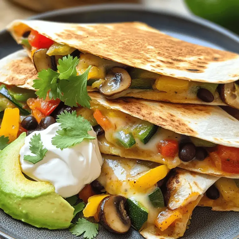 Um köstliche Gemüse-Quesadillas zu machen, brauchst du: - 1 Tasse Paprika (rot, gelb, grün), gewürfelt - 1 Tasse Zucchini, gewürfelt - 1 Tasse Champignons, in Scheiben geschnitten - 1 kleine rote Zwiebel, gewürfelt - 2 Knoblauchzehen, fein gehackt - 1 Teelöffel Kreuzkümmel - 1 Teelöffel Chilipulver - 1 Tasse schwarze Bohnen, abgetropft und abgespült - 1 ½ Tassen geriebener Käse (Cheddar oder mexikanische Mischung) - 4 große Weizentortillas - 2 Esslöffel Olivenöl - Salz und Pfeffer nach Geschmack - Frische Korianderblätter, gehackt (zur Garnitur) - Sauerrahm oder Avocado (zum Servieren) Wenn du frisches Gemüse auswählst, achte auf folgende Punkte: - Farbe: Wähle leuchtende Farben. So weißt du, dass das Gemüse frisch ist. - Textur: Das Gemüse sollte fest und knackig sein. Vermeide weiche oder braune Stellen. - Geruch: Frisches Gemüse hat einen angenehmen, natürlichen Geruch. - Saison: Kaufe saisonale Produkte. Sie sind oft frischer und geschmackvoller. Die Hauptzutaten sind nicht nur lecker, sondern auch gesund. Hier sind einige Nährwertinformationen: - Paprika: Reich an Vitamin C und Antioxidantien. Gut für das Immunsystem. - Zucchini: Niedrig in Kalorien, voller Ballaststoffe. Unterstützt die Verdauung. - Champignons: Eine gute Quelle für B-Vitamine. Fördert die Energieproduktion. - Schwarze Bohnen: Hoch in Protein und Ballaststoffen. Halten dich satt und zufrieden. - Käse: Liefert Kalzium für starke Knochen, aber achte auf die Menge. Mit diesen Zutaten kochst du nicht nur ein leckeres Gericht, sondern auch ein gesundes. Für das volle Rezept schau dir die Veggie Fiesta Quesadillas an. Zuerst musst du das Gemüse schneiden. Nimm eine Tasse Paprika und würfle sie. Du kannst rote, gelbe oder grüne Paprika verwenden. Dann schneide eine Tasse Zucchini in kleine Stücke. Die Zucchini gibt einen frischen Geschmack. Nimm auch eine Tasse Champignons und schneide sie in Scheiben. Diese Pilze fügen eine tolle Textur hinzu. Würfle eine kleine rote Zwiebel und hacke zwei Knoblauchzehen fein. Das Aroma von Zwiebeln und Knoblauch wird die Füllung wunderbar machen. Erhitze eine große Pfanne auf mittlerer Hitze. Gib einen Esslöffel Olivenöl hinein. Sobald das Öl heiß ist, füge die Zwiebeln und den Knoblauch hinzu. Brate sie für etwa drei bis vier Minuten, bis die Zwiebeln durchscheinend sind. Jetzt kannst du die gewürfelte Paprika, Zucchini und Champignons hinzufügen. Streue einen Teelöffel Kreuzkümmel und einen Teelöffel Chilipulver darüber. Füge Salz und Pfeffer nach Geschmack hinzu. Koche die Mischung für fünf bis sieben Minuten, bis das Gemüse weich ist. Schließlich gib die schwarzen Bohnen dazu und rühre gut um. Koche alles noch zwei Minuten, bis es warm ist. Nimm die Pfanne vom Herd. Jetzt ist es Zeit, die Quesadillas zu machen. Erhitze eine separate Pfanne bei mittlerer bis hoher Hitze. Gib einen Esslöffel Olivenöl hinein. Lege eine große Weizentortilla in die Pfanne. Verteile etwa ein Viertel der Gemüsefüllung auf einer Hälfte der Tortilla. Streue eine Viertel Tasse geriebenen Käse darüber. Klappe die Tortilla um, um die Füllung zu umschließen. Brate die Tortilla für zwei bis drei Minuten auf jeder Seite, bis sie goldbraun ist und der Käse geschmolzen ist. Wiederhole den Vorgang mit den restlichen Tortillas und der Füllung. Schneide jede Quesadilla in Viertel und garniere sie mit frischem Koriander. Die Details findest du auch in der Full Recipe. Um die besten Quesadillas zu machen, folge diesen Tipps: - Frische Zutaten: Nutze frisches Gemüse. Es bringt mehr Geschmack. - Gleichmäßiges Schneiden: Schneide das Gemüse gleichmäßig. Das hilft beim gleichmäßigen Garen. - Vorbereitung ist alles: Bereite alles vor, bevor du mit dem Kochen beginnst. So hast du einen klaren Ablauf. Für knusprige Quesadillas gibt es einige einfache Tricks: - Hohe Hitze: Koche die Quesadillas bei mittlerer bis hoher Hitze. So wird die Tortilla schnell knusprig. - Genug Öl verwenden: Nutze ausreichend Olivenöl in der Pfanne. Das hilft, die Tortilla schön braun zu machen. - Nicht überladen: Fülle die Tortilla nicht zu voll. Eine dünne Schicht Füllung bleibt knusprig. Du kannst die Gewürze nach deinem Geschmack anpassen: - Kreuzkümmel und Chilipulver: Diese sind perfekt für einen würzigen Kick. Probiere mehr oder weniger aus. - Zusätzliche Kräuter: Füge frische Kräuter wie Koriander oder Oregano hinzu. Sie bringen frische Aromen. - Käsevariationen: Experimentiere mit verschiedenen Käsesorten. Mozzarella oder Feta bringen einen neuen Geschmack. Du kannst die Rezepte anpassen, um dein perfektes Gericht zu finden. Für die genauen Schritte, schau dir das Full Recipe an. {{image_4}} Du kannst deine Quesadillas leicht anpassen. Wenn du Fleisch magst, füge Hähnchen oder Rindfleisch hinzu. Diese Proteine passen gut zu Gemüse. Wenn du eine vegetarische Option wählst, verwende Kichererbsen oder Tofu. Sie geben dir die nötige Fülle. Du kannst auch eine Mischung aus Gemüse und Fleisch probieren. So erhältst du den besten Geschmack. Für glutenfreie Quesadillas nimmst du einfach Mais-Tortillas. Diese schmecken gut und sind leicht zu finden. Wenn du vegan kochen möchtest, ersetze den Käse durch eine vegane Käsealternative. Auch Cashewcreme ist eine gute Option. So bleibt der Geschmack lecker, ohne tierische Produkte zu verwenden. Für die Füllungen sind der Kreativität keine Grenzen gesetzt. Einige beliebte Kombinationen sind: - Spinat und Feta - Süßkartoffeln und schwarze Bohnen - Paprika, Zwiebel und Jalapeños Du kannst auch verschiedene Kräuter wie Basilikum oder Thymian hinzufügen. Diese verleihen deinen Quesadillas einen frischen Geschmack. Experimentiere mit verschiedenen Zutaten und finde deine Lieblingskombination! Schau dir das Full Recipe an, um alles zu erfahren. Wenn du Quesadillas übrig hast, lass sie zuerst abkühlen. Wickel sie dann in Frischhaltefolie oder lege sie in einen luftdichten Behälter. So bleiben sie frisch. Du kannst sie im Kühlschrank bis zu drei Tage aufbewahren. So hast du jederzeit einen schnellen Snack oder eine einfache Mahlzeit. Um die Quesadillas wieder aufzuwärmen, nutze eine Pfanne. Lege sie bei mittlerer Hitze hinein. Brate sie für etwa zwei bis drei Minuten auf jeder Seite. Das macht sie knusprig, und der Käse wird schön schmelzig. Du kannst auch einen Toaster oder eine Mikrowelle verwenden, aber die Pfanne ist am besten. Du kannst die Füllung im Voraus zubereiten. Koche das Gemüse und die Bohnen. Lass die Mischung abkühlen und bewahre sie in einem Behälter auf. So hast du die Füllung bereit, wenn du Lust auf Quesadillas hast. Du kannst auch die Tortillas vorbereiten. Fülle sie und lege sie in den Kühlschrank, aber brate sie erst kurz vor dem Servieren. Das sorgt für den besten Geschmack. Wenn du nach dem Full Recipe suchst, findest du dort alle Schritte. Quesadillas bleiben im Kühlschrank etwa 3 bis 4 Tage frisch. Achte darauf, sie in einem luftdichten Behälter zu lagern. So bleiben sie lecker und vermeiden unangenehme Gerüche. Ja, du kannst Quesadillas im Voraus zubereiten. Bereite die Füllung und Tortillas vor und lagere sie getrennt. So kannst du sie später schnell zusammenstellen und braten. Dies spart Zeit an hektischen Tagen. Zu diesen köstlichen Quesadillas passen viele Beilagen gut. Hier sind einige Vorschläge: - Guacamole - Salsa - Sauerrahm - Frische Korianderblätter - Gehackte Jalapeños Jede Beilage bringt zusätzlichen Geschmack und Frische. Experimentiere mit verschiedenen Kombinationen für mehr Abwechslung! Du kannst mehr über die Zubereitung im [Full Recipe] erfahren. In diesem Artikel haben wir die wichtigsten Zutaten für Quesadillas besprochen. Du hast gelernt, wie man frische Zutaten auswählt und die Nährwerte versteht. Ich habe dir eine klare Schritt-für-Schritt-Anleitung gegeben, um köstliche Quesadillas zuzubereiten. Zudem haben wir Tipps für perfekte, knusprige Ergebnisse geteilt und Variationen für jeden Geschmack untersucht. Denke daran, deine Quesadillas richtig zu lagern, um sie frisch zu halten. Mit diesen Informationen kannst du jetzt leckere Quesadillas genießen. Viel Spaß beim Kochen!