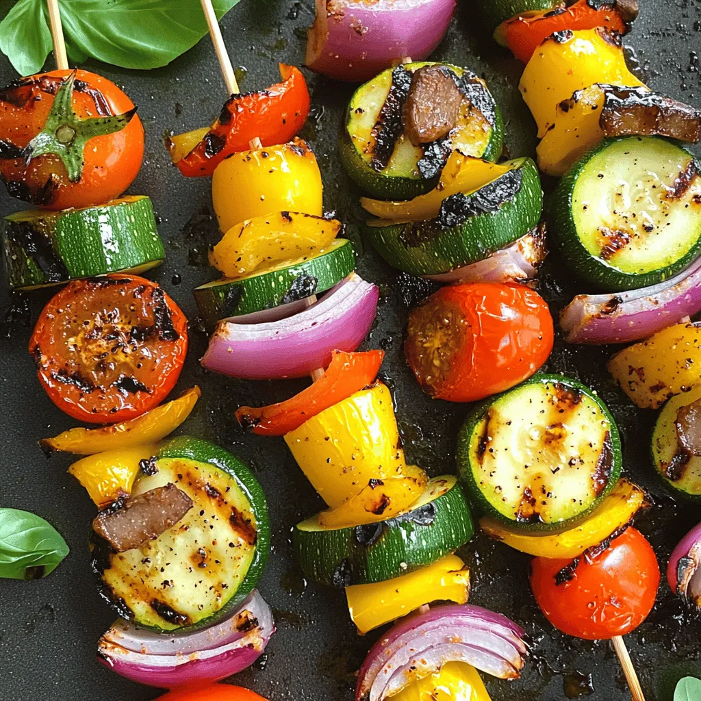 Für die perfekten gegrillten Gemüse-Spieße brauchen Sie nur einige einfache Zutaten. Hier ist, was Sie benötigen: - 1 Zucchini, in Runden geschnitten - 1 Paprika (jede Farbe), in Würfel geschnitten - 1 rote Zwiebel, in Wedges geschnitten - 10 Kirschtomaten - 1 Tasse Champignons, ganz oder halbiert - 2 Esslöffel Olivenöl - 2 Teelöffel Knoblauchpulver - 1 Teelöffel geräuchertes Paprika-Pulver - Salz und Pfeffer nach Geschmack - Frische Basilikumblätter zur Dekoration - Holz- oder Metallspieße Diese Zutaten bringen Farbe und Geschmack auf Ihren Grill. Die Marinade ist wichtig für den Geschmack. Verwenden Sie Olivenöl, Knoblauchpulver, geräuchertes Paprika, Salz und Pfeffer. Diese Gewürze heben die Aromen der frischen Zutaten hervor. Vermengen Sie alles gut, damit die Gewürze gleichmäßig verteilt sind. Lassen Sie das Gemüse einige Minuten ziehen, damit die Aromen einziehen. Wenn Sie besondere Diäten haben, können Sie einige Zutaten leicht ändern. Verwenden Sie glutenfreies Olivenöl oder ersetzen Sie das Gemüse. Zucchini kann durch Auberginen ersetzt werden. Statt Champignons können Sie Zucchini oder Kürbis verwenden. Diese Anpassungen machen die Spieße für alle geeignet. Wenn Sie vegan sind, sind diese Spieße perfekt, da sie keine tierischen Produkte enthalten. Für die vollständige Anleitung und Zubereitung schauen Sie sich das [Full Recipe] an. Zuerst wasche das Gemüse gründlich. Schneide die Zucchini in Runden. Würfle die Paprika in kleine Stücke. Schneide die rote Zwiebel in Wedges. Halbiere die Champignons, wenn sie groß sind. Die Kirschtomaten bleiben ganz. Alle Stücke sollten gleich groß sein, damit sie gleichmäßig garen. Jetzt nimm die Holz- oder Metallspieße. Wenn du Holzspieße verwendest, weiche sie 30 Minuten in Wasser ein. Das verhindert, dass sie verbrennen. Nimm eine große Schüssel und füge das geschnittene Gemüse hinzu. Träufle das Olivenöl darüber. Streue Knoblauchpulver, Paprika, Salz und Pfeffer darüber. Mische alles gut. Stecke dann das Gemüse abwechselnd auf die Spieße. Achte darauf, viele Farben zu nutzen. Das macht die Spieße schön und ansprechend. Heize den Grill auf mittlere bis hohe Hitze vor. Lege die Spieße auf den Grill und schließe den Deckel. Grill die Spieße für 10 bis 12 Minuten. Wende sie hin und wieder, damit sie gleichmäßig garen. Du möchtest, dass das Gemüse zart wird und schöne Grillstreifen hat. Nimm die Spieße vom Grill und lass sie kurz abkühlen. Serviere sie warm und garniere sie mit frischen Basilikumblättern für mehr Geschmack. Für die vollständige Anleitung und weitere Details, schaue dir das Full Recipe an. Um die perfekten gegrillten Gemüse-Spieße zu machen, nutzen Sie die richtige Technik. Grillen bei mittlerer bis hoher Hitze sorgt für schöne Grillstreifen. Drehen Sie die Spieße regelmäßig. So wird das Gemüse gleichmäßig gar. Nutzen Sie einen Grilldeckel, um die Hitze zu halten. Dadurch gart das Gemüse schneller und gleichmäßiger. Wählen Sie frisches Gemüse für den besten Geschmack. Zucchini, Paprika und Champignons sind ideal. Sie halten gut auf dem Grill. Achten Sie auf verschiedene Farben. Das sieht nicht nur gut aus, sondern bringt auch verschiedene Nährstoffe. Wenn möglich, kaufen Sie saisonales Gemüse. Es schmeckt besser und ist oft günstiger. Marinieren ist eine tolle Möglichkeit, um den Geschmack zu verstärken. Mischen Sie Olivenöl, Knoblauchpulver und Paprika. Lassen Sie das Gemüse mindestens 30 Minuten marinieren. So nehmen die Stücke die Aromen auf. Sie können auch frische Kräuter hinzufügen. Basilikum oder Oregano geben frische Noten. Für das volle Rezept schauen Sie sich die vollständige Anleitung an. {{image_4}} Grilled veggie skewers sind sehr flexibel. Du kannst viele Gemüsesorten verwenden. Probiere Brokkoli, Auberginen oder Zucchini. Diese bringen Geschmack und Farbe. Du kannst auch frische Kräuter hinzufügen. Petersilie oder Thymian geben einen tollen Geschmack. Denke daran, die Gemüse in gleich große Stücke zu schneiden. So garen sie gleichmäßig und sehen schön aus. Wenn du Protein hinzufügen möchtest, gibt es viele Optionen. Tofu ist eine großartige Wahl. Er nimmt die Aromen gut auf. Mariniere den Tofu wie das Gemüse. Du kannst auch Kichererbsen verwenden. Sie sind nahrhaft und lecker. Für Fleischliebhaber sind Hähnchen oder Garnelen perfekt. Schneide sie in kleine Stücke. Sie garen schnell und passen gut zu den Gemüsesorten. Saisonales Gemüse bringt Abwechslung auf den Grill. Im Sommer sind Paprika und Zucchini ideal. Im Herbst probiere Kürbis und Rosenkohl. Im Frühling kannst du Spargel verwenden. Diese saisonalen Varianten sind frisch und schmackhaft. Sie machen deine Spieße bunt und einladend. Lass deiner Kreativität freien Lauf! Nutze, was gerade verfügbar ist. So bleiben die Spieße spannend und lecker. Für das vollständige Rezept besuche die Seite mit dem Full Recipe. Um Reste der gegrillten Spieße richtig zu lagern, lassen Sie sie zuerst abkühlen. Dann legen Sie sie in einen luftdichten Behälter. Achten Sie darauf, dass der Behälter gut schließt. So bleibt das Gemüse frisch. Sie können die Reste bis zu drei Tage im Kühlschrank aufbewahren. Wenn Sie die Spieße aufwärmen möchten, nutzen Sie den Ofen oder die Mikrowelle. Für den Ofen heizen Sie ihn auf 180 Grad vor. Legen Sie die Spieße auf ein Backblech und erwärmen Sie sie für etwa 10 Minuten. In der Mikrowelle können Sie die Spieße auf einem Teller abdecken und 1-2 Minuten erhitzen. Achten Sie darauf, dass sie nicht austrocknen. Im Kühlschrank bleiben die gegrillten Spieße frisch für bis zu drei Tage. Nach dieser Zeit kann der Geschmack leiden. Wenn Sie also mehr gemacht haben, essen Sie die Reste bald. So genießen Sie den vollen Geschmack. Grillen Sie die Spieße 10 bis 12 Minuten. Wenden Sie sie gelegentlich. So erhalten Sie schöne Grillstreifen. Das Gemüse wird zart und lecker. Achten Sie darauf, dass es nicht anbrennt. Die Grillzeit kann je nach Hitze variieren. Überprüfen Sie das Gemüse nach 10 Minuten. Es sollte weich, aber nicht matschig sein. Ja, Sie können viele Gemüsesorten verwenden. Brokkoli, Auberginen und Mais sind tolle Optionen. Auch Kürbis und Karotten funktionieren gut. Seien Sie kreativ und nutzen Sie, was Sie mögen. Achten Sie darauf, die Stücke gleichmäßig zu schneiden. So garen sie gleichmäßig. Experimentieren Sie mit verschiedenen Farben und Texturen. Zu gegrillten Gemüse-Spießen passen viele Beilagen gut. Ein frischer Salat bringt Frische. Quinoa oder Reis sind nahrhaft und sättigend. Auch Brot oder Fladenbrot sind prima Begleiter. Diese Beilagen ergänzen die Aromen der Spieße. Sie können auch Dips wie Hummus oder Tzatziki servieren. Diese machen das Essen noch interessanter. Grillgemüse-Spieße sind einfach und lecker. Wir haben wichtige Zutaten, die perfekte Vorbereitung und Grilltechniken besprochen. Auch Variationen für jeden Geschmack wurden vorgestellt. Die richtige Lagerung hilft, Reste frisch zu halten. Denke daran, dass du die Spieße nach deinen Wünschen anpassen kannst. Nutzen die Tipps, um dein Grillfest unvergesslich zu machen. Viel Spaß beim Grillen!