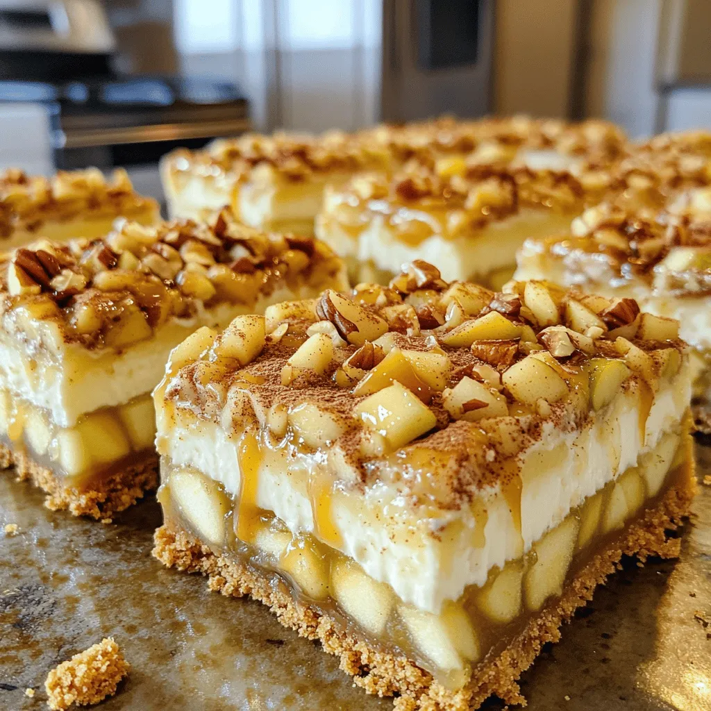 Für Karamell-Apfel-Käsekuchen-Riegel benötigst du einige wichtige Zutaten. Diese sind: - 1 ½ Tassen Graham-Cracker-Brösel - ½ Tasse ungesalzene Butter, geschmolzen - 2 Esslöffel Zucker - 2 (je 225 g) Packungen Frischkäse, weichgestellt - 1 Tasse Zucker - 1 Teelöffel Vanilleextrakt - 2 große Eier - 2 Tassen Äpfel, geschält und gewürfelt (vorzugsweise Granny Smith) - 1 Teelöffel Zimt - ½ Tasse Karamellsauce (plus mehr zum Drizzeln) - ½ Tasse gehackte Nüsse (Walnüsse oder Pekannüsse für zusätzlichen Crunch) Jede dieser Zutaten spielt eine wichtige Rolle im Geschmack und in der Textur. Manchmal hat man nicht alle Zutaten zur Hand. Hier sind einige Alternativen: - Statt Graham-Crackern kannst du Kekse verwenden. Butterkekse funktionieren gut. - Statt ungesalzener Butter kannst du auch Kokosöl nehmen. - Wenn du keinen Frischkäse hast, probiere Quark oder Ricotta. - Für eine vegane Option, nutze pflanzliche Frischkäsealternativen und Leinsamen statt Eier. - Verwende Honig oder Ahornsirup anstelle von Zucker für einen anderen Geschmack. Diese Alternativen zeigen, dass du kreativ sein kannst. Äpfel sind der Star dieser Riegel. Hier sind Tipps, um die besten Äpfel auszuwählen: - Wähle feste Äpfel. Granny Smith sind beliebt wegen ihrer Säure. - Achte auf frische Äpfel. Sie sollten keine braunen Stellen haben. - Probiere verschiedene Sorten aus. Braeburn oder Honeycrisp sind ebenfalls lecker. - Kaufe saisonale Äpfel. Im Herbst sind sie am besten. Die richtigen Äpfel machen den Unterschied in deinem Karamell-Apfel-Käsekuchen-Riegel. Du findest weitere Details in der [Full Recipe]. Heize deinen Ofen auf 175 °C vor. Nimm eine 23x23 cm Backform. Lege die Form mit Backpapier aus. Lass das Papier über den Rand hängen. So kannst du die Riegel später leicht herausnehmen. Nimm eine mittlere Schüssel. Mische 1 ½ Tassen Graham-Cracker-Brösel, ½ Tasse geschmolzene Butter und 2 Esslöffel Zucker. Rühre, bis die Mischung krümelig ist. Drücke die Krümel gleichmäßig in die Backform. Das gibt eine feste Basis. Backe die Krümel 8-10 Minuten, bis sie goldbraun sind. Lass sie danach leicht abkühlen. Nimm eine große Schüssel. Schlage 2 Packungen weichen Frischkäse, 1 Tasse Zucker und 1 Teelöffel Vanilleextrakt glatt. Die Mischung sollte cremig und ohne Klumpen sein. Füge dann 2 Eier nacheinander hinzu. Mische gut nach jedem Ei. Achte darauf, nicht zu viel zu rühren. Schneide 2 Tassen Äpfel in kleine Stücke. Verwende am besten Granny Smith Äpfel. Gib die Äpfel in die Frischkäsemischung. Füge 1 Teelöffel Zimt und ½ Tasse Karamellsauce hinzu. Mische alles vorsichtig, damit die Äpfel gleichmäßig verteilt sind. Gieße die Apfel-Käsekuchen-Füllung über die abgekühlte Graham-Cracker-Basis. Bestreue die Mischung mit ½ Tasse gehackten Nüssen. Backe die Riegel 30-35 Minuten. Die Ränder sollen fest sein, die Mitte darf leicht wackeln. Lass die Riegel nach dem Backen auf Raumtemperatur abkühlen. Stelle sie für mindestens 2 Stunden in den Kühlschrank. So werden sie fest und schnittbereit. Nach dem Kühlen schneide die Riegel in Quadrate. Vor dem Servieren kannst du zusätzliche Karamellsauce darüber träufeln. Für das vollständige Rezept schaue dir die vollständige Anleitung an. Ein häufiger Fehler ist, die Äpfel nicht gründlich zu schälen. Ungeschälte Äpfel können die Textur der Riegel stören. Achten Sie darauf, die Äpfel gleichmäßig zu würfeln. So backen sie gleichmäßig. Ein weiterer Fehler ist Übermixen der Frischkäsemischung. Mischen Sie nur, bis alles gut verbunden ist. Übermixen kann die Riegel hart machen. Die Konsistenz der Füllung ist der Schlüssel. Achten Sie darauf, die Eier einzeln zuzufügen und gut zu mischen. Die Mischung sollte glatt und cremig sein. Wenn Sie die gewürfelten Äpfel hinzufügen, heben Sie sie vorsichtig unter. So bleibt die Mischung luftig. Lassen Sie die Riegel nach dem Backen vollständig abkühlen. Dies hilft, die richtige Textur zu erreichen. Präsentation macht alles aus! Servieren Sie die Riegel auf einem hübschen Teller. Garnieren Sie sie mit Apfelspalten und einem Spritzer Karamellsauce. Ein weiterer Tipp: Verwenden Sie kleine Schokoladensplitter für einen süßen Crunch. Sie können auch etwas Zimt darüber streuen. Dies wird den Duft und Geschmack verbessern. Für besondere Anlässe können Sie die Riegel in kleine Stücke schneiden und als Dessertbuffet anbieten. {{image_4}} Wenn Sie glutenfrei leben, müssen Sie nicht auf diese Riegel verzichten. Nutzen Sie glutenfreie Graham-Cracker oder machen Sie die Kruste aus gemahlenen Mandeln oder Haferflocken. Diese Alternativen bieten einen tollen Geschmack und die richtige Textur. Achten Sie darauf, die restlichen Zutaten ebenfalls auf ihre Glutenfreiheit zu prüfen. So können Sie alle den Genuss dieser köstlichen Riegel erleben. Lust auf mehr? Fügen Sie etwas Schokolade hinzu! Schokoladenstückchen oder gehackte Schokolade passen gut zu den Äpfeln. Für einen besonderen Kick können Sie auch eine Prise Muskatnuss oder einen Schuss Apfelwein in die Mischung geben. Probieren Sie verschiedene Nüsse, wie Mandeln oder Haselnüsse, für zusätzliche Crunch. Drizzeln Sie mehr Karamellsauce oder sogar etwas Schokoladensauce oben drauf, um das Erlebnis zu vervollständigen. Um die Riegel vegan zu machen, ersetzen Sie die Eier durch Apfelmus oder Leinsamen. Für eine cremige Textur verwenden Sie veganen Frischkäse. Die Butter können Sie durch Kokosöl oder vegane Margarine ersetzen. So bleibt der Geschmack lecker und die Riegel bleiben pflanzlich. Diese Anpassungen machen die Riegel für jeden zugänglich. Wenn Sie nach dem Vollrezept suchen, finden Sie es hier: [Full Recipe]. Um die Karamell-Apfel-Käsekuchen-Riegel frisch zu halten, ist die richtige Lagerung wichtig. Legen Sie die Riegel in einen luftdichten Behälter. Trennen Sie die Schichten mit Backpapier, damit sie nicht kleben. So bleibt die Textur der Riegel erhalten. Falls Sie die Riegel aufwärmen möchten, nutzen Sie die Mikrowelle. Erwärmen Sie sie für 10-15 Sekunden. Achten Sie darauf, dass sie nicht zu heiß werden. Eine andere Option ist der Ofen. Heizen Sie ihn auf 160 °C vor und legen Sie die Riegel für etwa 5 Minuten hinein. So bleiben sie weich und lecker. Im Kühlschrank halten die Riegel bis zu einer Woche. Bewahren Sie sie immer in einem luftdichten Behälter auf. Im Gefrierfach sind sie bis zu drei Monate haltbar. Schneiden Sie die Riegel in Stücke, bevor Sie sie einpacken. Wickeln Sie sie gut in Frischhaltefolie ein und legen Sie sie in einen Gefrierbeutel. So bleiben sie frisch und lecker bis zum Verzehr. Die Karamell-Apfel-Käsekuchen-Riegel sind im Kühlschrank etwa fünf bis sieben Tage haltbar. Wickle sie gut ein, um die Frische zu bewahren. Wenn du sie länger aufbewahren möchtest, friere sie ein. So bleiben sie bis zu drei Monate genießbar. Ja, du kannst die Riegel ohne Karamellsauce zubereiten. Es wird weniger süß und weniger klebrig sein. Du kannst auch etwas Honig oder Ahornsirup verwenden, um den Riegel eine andere Süße zu geben. Experimentiere mit verschiedenen Geschmäckern! Granny Smith-Äpfel sind ideal für diese Riegel. Sie sind frisch und haben eine gute Säure. Diese Säure gleicht die Süße der Karamellsauce gut aus. Du kannst auch andere Äpfel wie Honeycrisp oder Braeburn verwenden, aber denke daran, dass die Süße variiert. Ja, du kannst die Riegel im Voraus zubereiten. Bereite sie einfach einen Tag vorher zu und lasse sie im Kühlschrank fest werden. Sie sind perfekt für Partys oder besondere Anlässe. So bist du nicht in Eile, wenn Gäste kommen. Du kannst die Riegel auch vor dem Servieren mit extra Karamellsauce garnieren, um sie noch leckerer zu machen. In diesem Artikel haben wir die Hauptzutaten für Karamell-Apfel-Käsekuchen-Riegel und ihre Alternativen besprochen. Ich habe dir auch eine Schritt-für-Schritt-Anleitung gegeben, um das Rezept einfach umzusetzen. Zudem gibt es nützliche Tipps für die besten Äpfel und häufige Fehler, die du vermeiden kannst. Vergiss nicht, dass du Variationen und Lagerungstipps ausprobieren kannst. Diese Riegel sind nicht nur lecker, sondern auch vielseitig. Probiere es aus und erweitere dein Dessert-Repertoire!