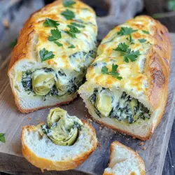 - 1 großes Laib knuspriges Brot (Sauerteig oder Baguette) - 250 g frischer Spinat, grob gehackt - 250 g Dosen-Artischockenherzen, abgetropft und grob gehackt - 250 g Frischkäse, weich - 250 g geriebener Mozzarella-Käse - 125 g geriebener Parmesan-Käse - 2 Knoblauchzehen, fein gehackt - 1 Esslöffel Olivenöl - ½ Teelöffel rote Paprikaflocken (optional) - Salz und Pfeffer nach Geschmack Wenn ich über die Zutaten für mein Käse-Spinat-Artischockenbrot nachdenke, wird mir sofort klar, dass frische Zutaten wichtig sind. Der Spinat sollte knackig und grün sein. Die Dosen-Artischocken sollten gut abgetropft sein, damit es nicht zu wässrig wird. Frischkäse bringt eine tolle Cremigkeit in die Füllung. Mozzarella und Parmesan sind die perfekten Käse. Sie schmelzen gut und geben viel Geschmack. Der Knoblauch, fein gehackt, sorgt für eine schöne Würze. Ein wenig Olivenöl hilft, alles zusammenzubringen. Die Paprikaflocken sind optional, aber sie geben einen kleinen Kick. Ich empfehle, frische Petersilie zur Garnitur zu verwenden. Sie macht das Gericht noch schöner. Wenn Sie die Zutaten bereit haben, können Sie das Rezept aus dem Abschnitt "Full Recipe" leicht folgen. So wird Ihr Käse-Spinat-Artischockenbrot ein echter Hit! - Heizen Sie Ihren Ofen auf 190 °C vor. - Schneiden Sie das Brot der Länge nach in zwei Hälften und höhlen Sie es aus. Ich empfehle, ein knuspriges Brot wie Sauerteig oder Baguette zu wählen. Das gibt dem Snack eine tolle Textur. Achten Sie darauf, das Innere des Brotes vorsichtig auszuhöhlen. So bleibt genug Struktur, um die Füllung zu halten. Bewahren Sie das ausgekratzte Brot auf, um es später zum Dippen zu verwenden. - Mischungen aus Frischkäse, Spinat, Artischocken und Käsesorten in eine Rührschüssel geben. - Mit Olivenöl, Paprikaflocken sowie Salz und Pfeffer abschmecken. Für die Füllung nehmen Sie weichen Frischkäse. Das macht die Mischung cremig. Geben Sie dann den grob gehackten Spinat und die abgetropften Artischocken hinzu. Das sorgt für einen frischen und herzhaften Geschmack. Fügen Sie auch geriebenen Mozzarella und Parmesan hinzu. Diese Käsesorten schmelzen gut und geben einen tollen Geschmack. Träufeln Sie etwas Olivenöl in die Schüssel. Es hilft, die Füllung geschmeidig zu machen. Dann kommen die Gewürze: Paprikaflocken, Salz und Pfeffer. Diese bringen die Aromen zum Leben. Rühren Sie alles gut um, bis die Mischung gleichmäßig ist. - Füllen Sie die Käsemischung gleichmäßig in beide Brot-Hälften. - Backen Sie das gefüllte Brot für 15 Minuten mit Aluminiumfolie, dann weitere 10-15 Minuten ohne Folie. Jetzt ist es Zeit, das Brot zu füllen. Verteilen Sie die Käsemischung gleichmäßig in beide Hälften des Brotes. Legen Sie das gefüllte Brot auf ein Backblech und decken Sie es locker mit Aluminiumfolie ab. So bleibt das Brot saftig. Backen Sie es für 15 Minuten. Nach 15 Minuten entfernen Sie die Folie. Backen Sie das Brot nun weitere 10-15 Minuten, bis der Käse sprudelnd und das Brot goldbraun ist. Die Mischung wird beim Backen schön schmelzen und das Brot wird knusprig. Vor dem Servieren lassen Sie es kurz abkühlen. Schneiden Sie das Brot in Scheiben oder servieren Sie die Hälften ganz. Für das perfekte Erlebnis empfehle ich, das Brot warm zu servieren. Sie können die ausgekratzten Brotstücke zum Dippen nutzen. Das macht jeden Bissen noch besser! Um die perfekte Käseschicht zu erzielen, verwenden Sie frischen Mozzarella. Dieser schmilzt gut und sorgt für eine schöne Decke. Mischen Sie die Käsesorten gleichmäßig in die Füllung. So wird jeder Biss würzig und lecker. Für ein besseres Zeitmanagement, bereiten Sie die Füllung vor dem Brot vor. Hacken Sie das Gemüse und Käse im Voraus. So sparen Sie Zeit, während das Brot backt. Ideale Beilagen zu Käse-Spinat-Artischockenbrot sind frische Gemüsesticks und Dips. Sie bringen Farbe und Frische auf den Tisch. Servieren Sie das Brot warm. Anrichten auf einem rustikalen Holzbrett macht es noch ansprechender. Garnieren Sie das Brot mit frischer Petersilie für einen schönen Farbkontrast. Verwenden Sie frische Zutaten, um den besten Geschmack zu erzielen. Frischer Spinat und frische Artischocken bringen mehr Aroma. Für die Würzung können Sie experimentieren. Fügen Sie verschiedene Kräuter und Gewürze hinzu. Basilikum oder Oregano passen gut zu diesem Gericht. Wenn Sie bereit sind, die Füllung zu machen, finden Sie das vollständige Rezept [Full Recipe]. {{image_4}} Wenn Sie den Käse variieren möchten, gibt es viele Optionen. Statt Mozzarella können Sie Gouda oder Cheddar verwenden. Diese Käsesorten bringen einen anderen Geschmack mit. Parmesan ist oft beliebt, aber auch Pecorino kann gut passen. Für eine vegane Variante nutzen Sie Cashew-Käse oder Hefeflocken. Diese Optionen sind lecker und einfach zu finden. Die Füllung ist flexibel. Statt Spinat können Sie Brokkoli oder gehackte Paprika verwenden. Diese Gemüsesorten bringen Farbe und Nährstoffe. Fügen Sie Gewürze wie Kreuzkümmel oder Oregano hinzu, um den Geschmack zu verstärken. Experimentieren Sie mit verschiedenen Zutaten, um Ihre eigene Note zu finden. Die Wahl des Brotes ist wichtig. Ich habe gute Erfahrungen mit Ciabatta und Baguette gemacht. Beide Sorten sind knusprig und halten die Füllung gut. Suchen Sie nach frischem Brot vom Bäcker. Achten Sie darauf, dass das Brot nicht zu weich ist, damit es nicht durchweicht. Stellen Sie sicher, dass das Brot gut zu Ihrer Füllung passt. Um die Frische des Käse-Spinat-Artischockenbrotes zu bewahren, müssen wir einige einfache Schritte befolgen. Wickeln Sie das Brot fest in Frischhaltefolie oder Aluminiumfolie. Dies schützt es vor Luft und hält es weich. Lagern Sie das Brot an einem kühlen, trockenen Ort, fern von direkter Sonne. Vermeiden Sie es, das Brot im Kühlschrank zu lagern, da dies die Textur beeinträchtigen kann. Wenn Sie das Brot für später aufbewahren möchten, können Sie es auch einfrieren. Lassen Sie das Brot nach dem Backen vollständig abkühlen. Wickeln Sie es dann gut in Frischhaltefolie und Aluminiumfolie ein. So bleibt es frisch. Zum Auftauen legen Sie das Brot einfach in den Kühlschrank. Nach dem Auftauen heizen Sie den Ofen auf 180 °C vor. Backen Sie das Brot für 10-15 Minuten, bis es warm ist. Im Kühlschrank hält sich das gefüllte Brot etwa 3-4 Tage. Im Gefrierfach kann es bis zu 2 Monate gelagert werden. Achten Sie auf Anzeichen von Verderb, wie einen unangenehmen Geruch oder Schimmel. Wenn das Brot trocken oder hart wird, ist es Zeit, es wegzuwerfen. Genießen Sie die Frische und den Geschmack Ihres Käse-Spinat-Artischockenbrotes! Käse-Spinat-Artischockenbrot bleibt bis zu drei Tage frisch im Kühlschrank. - Lassen Sie das Brot zuerst auf Raumtemperatur abkühlen. - Wickeln Sie das Brot in Frischhaltefolie oder Aluminiumfolie. - Lagern Sie es in einem luftdichten Behälter, um die Feuchtigkeit zu halten. Ja, Sie können das Brot bis zu einem Tag im Voraus zubereiten. - Bereiten Sie die Füllung vor und füllen Sie das Brot. - Wickeln Sie das gefüllte Brot in Folie und stellen Sie es in den Kühlschrank. - Backen Sie das Brot vor dem Servieren. Es ist wichtig, die Backzeit anzupassen. Ja, Sie können glutenfreies Brot verwenden. - Suchen Sie nach glutenfreien Baguettes oder Sauerteigbroten. - Achten Sie darauf, die Füllung und Gewürze glutenfrei zu wählen. - Diese Anpassung macht das Rezept für alle zugänglich. Die Wahl des richtigen Käses ist entscheidend für das Schmelzen. - Mozzarella ist ideal für seine Schmelze und Dehnbarkeit. - Fügen Sie Parmesan hinzu, um einen kräftigen Geschmack zu erhalten. - Vermeiden Sie fettarmen Käse, da dieser nicht gut schmilzt. Für das beste Ergebnis, verwenden Sie frische Käsesorten. Dieses Rezept für Käse-Spinat-Artischockenbrot ist einfach und köstlich. Wir haben frisches Brot, Spinat und Käse kombiniert. Die Zubereitung ist schnell und macht Spaß. Sie können das Rezept anpassen, indem Sie andere Käsesorten oder Gemüse verwenden. Denken Sie daran, die Frische des Brotes zu bewahren und im Kühlschrank oder Gefrierfach korrekt zu lagern. Mit diesen Tipps wird Ihr Brot immer ein Hit sein. Probieren Sie es aus und genießen Sie jeden Bissen!