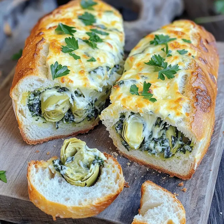 - 1 großes Laib knuspriges Brot (Sauerteig oder Baguette) - 250 g frischer Spinat, grob gehackt - 250 g Dosen-Artischockenherzen, abgetropft und grob gehackt - 250 g Frischkäse, weich - 250 g geriebener Mozzarella-Käse - 125 g geriebener Parmesan-Käse - 2 Knoblauchzehen, fein gehackt - 1 Esslöffel Olivenöl - ½ Teelöffel rote Paprikaflocken (optional) - Salz und Pfeffer nach Geschmack Wenn ich über die Zutaten für mein Käse-Spinat-Artischockenbrot nachdenke, wird mir sofort klar, dass frische Zutaten wichtig sind. Der Spinat sollte knackig und grün sein. Die Dosen-Artischocken sollten gut abgetropft sein, damit es nicht zu wässrig wird. Frischkäse bringt eine tolle Cremigkeit in die Füllung. Mozzarella und Parmesan sind die perfekten Käse. Sie schmelzen gut und geben viel Geschmack. Der Knoblauch, fein gehackt, sorgt für eine schöne Würze. Ein wenig Olivenöl hilft, alles zusammenzubringen. Die Paprikaflocken sind optional, aber sie geben einen kleinen Kick. Ich empfehle, frische Petersilie zur Garnitur zu verwenden. Sie macht das Gericht noch schöner. Wenn Sie die Zutaten bereit haben, können Sie das Rezept aus dem Abschnitt "Full Recipe" leicht folgen. So wird Ihr Käse-Spinat-Artischockenbrot ein echter Hit! - Heizen Sie Ihren Ofen auf 190 °C vor. - Schneiden Sie das Brot der Länge nach in zwei Hälften und höhlen Sie es aus. Ich empfehle, ein knuspriges Brot wie Sauerteig oder Baguette zu wählen. Das gibt dem Snack eine tolle Textur. Achten Sie darauf, das Innere des Brotes vorsichtig auszuhöhlen. So bleibt genug Struktur, um die Füllung zu halten. Bewahren Sie das ausgekratzte Brot auf, um es später zum Dippen zu verwenden. - Mischungen aus Frischkäse, Spinat, Artischocken und Käsesorten in eine Rührschüssel geben. - Mit Olivenöl, Paprikaflocken sowie Salz und Pfeffer abschmecken. Für die Füllung nehmen Sie weichen Frischkäse. Das macht die Mischung cremig. Geben Sie dann den grob gehackten Spinat und die abgetropften Artischocken hinzu. Das sorgt für einen frischen und herzhaften Geschmack. Fügen Sie auch geriebenen Mozzarella und Parmesan hinzu. Diese Käsesorten schmelzen gut und geben einen tollen Geschmack. Träufeln Sie etwas Olivenöl in die Schüssel. Es hilft, die Füllung geschmeidig zu machen. Dann kommen die Gewürze: Paprikaflocken, Salz und Pfeffer. Diese bringen die Aromen zum Leben. Rühren Sie alles gut um, bis die Mischung gleichmäßig ist. - Füllen Sie die Käsemischung gleichmäßig in beide Brot-Hälften. - Backen Sie das gefüllte Brot für 15 Minuten mit Aluminiumfolie, dann weitere 10-15 Minuten ohne Folie. Jetzt ist es Zeit, das Brot zu füllen. Verteilen Sie die Käsemischung gleichmäßig in beide Hälften des Brotes. Legen Sie das gefüllte Brot auf ein Backblech und decken Sie es locker mit Aluminiumfolie ab. So bleibt das Brot saftig. Backen Sie es für 15 Minuten. Nach 15 Minuten entfernen Sie die Folie. Backen Sie das Brot nun weitere 10-15 Minuten, bis der Käse sprudelnd und das Brot goldbraun ist. Die Mischung wird beim Backen schön schmelzen und das Brot wird knusprig. Vor dem Servieren lassen Sie es kurz abkühlen. Schneiden Sie das Brot in Scheiben oder servieren Sie die Hälften ganz. Für das perfekte Erlebnis empfehle ich, das Brot warm zu servieren. Sie können die ausgekratzten Brotstücke zum Dippen nutzen. Das macht jeden Bissen noch besser! Um die perfekte Käseschicht zu erzielen, verwenden Sie frischen Mozzarella. Dieser schmilzt gut und sorgt für eine schöne Decke. Mischen Sie die Käsesorten gleichmäßig in die Füllung. So wird jeder Biss würzig und lecker. Für ein besseres Zeitmanagement, bereiten Sie die Füllung vor dem Brot vor. Hacken Sie das Gemüse und Käse im Voraus. So sparen Sie Zeit, während das Brot backt. Ideale Beilagen zu Käse-Spinat-Artischockenbrot sind frische Gemüsesticks und Dips. Sie bringen Farbe und Frische auf den Tisch. Servieren Sie das Brot warm. Anrichten auf einem rustikalen Holzbrett macht es noch ansprechender. Garnieren Sie das Brot mit frischer Petersilie für einen schönen Farbkontrast. Verwenden Sie frische Zutaten, um den besten Geschmack zu erzielen. Frischer Spinat und frische Artischocken bringen mehr Aroma. Für die Würzung können Sie experimentieren. Fügen Sie verschiedene Kräuter und Gewürze hinzu. Basilikum oder Oregano passen gut zu diesem Gericht. Wenn Sie bereit sind, die Füllung zu machen, finden Sie das vollständige Rezept [Full Recipe]. {{image_4}} Wenn Sie den Käse variieren möchten, gibt es viele Optionen. Statt Mozzarella können Sie Gouda oder Cheddar verwenden. Diese Käsesorten bringen einen anderen Geschmack mit. Parmesan ist oft beliebt, aber auch Pecorino kann gut passen. Für eine vegane Variante nutzen Sie Cashew-Käse oder Hefeflocken. Diese Optionen sind lecker und einfach zu finden. Die Füllung ist flexibel. Statt Spinat können Sie Brokkoli oder gehackte Paprika verwenden. Diese Gemüsesorten bringen Farbe und Nährstoffe. Fügen Sie Gewürze wie Kreuzkümmel oder Oregano hinzu, um den Geschmack zu verstärken. Experimentieren Sie mit verschiedenen Zutaten, um Ihre eigene Note zu finden. Die Wahl des Brotes ist wichtig. Ich habe gute Erfahrungen mit Ciabatta und Baguette gemacht. Beide Sorten sind knusprig und halten die Füllung gut. Suchen Sie nach frischem Brot vom Bäcker. Achten Sie darauf, dass das Brot nicht zu weich ist, damit es nicht durchweicht. Stellen Sie sicher, dass das Brot gut zu Ihrer Füllung passt. Um die Frische des Käse-Spinat-Artischockenbrotes zu bewahren, müssen wir einige einfache Schritte befolgen. Wickeln Sie das Brot fest in Frischhaltefolie oder Aluminiumfolie. Dies schützt es vor Luft und hält es weich. Lagern Sie das Brot an einem kühlen, trockenen Ort, fern von direkter Sonne. Vermeiden Sie es, das Brot im Kühlschrank zu lagern, da dies die Textur beeinträchtigen kann. Wenn Sie das Brot für später aufbewahren möchten, können Sie es auch einfrieren. Lassen Sie das Brot nach dem Backen vollständig abkühlen. Wickeln Sie es dann gut in Frischhaltefolie und Aluminiumfolie ein. So bleibt es frisch. Zum Auftauen legen Sie das Brot einfach in den Kühlschrank. Nach dem Auftauen heizen Sie den Ofen auf 180 °C vor. Backen Sie das Brot für 10-15 Minuten, bis es warm ist. Im Kühlschrank hält sich das gefüllte Brot etwa 3-4 Tage. Im Gefrierfach kann es bis zu 2 Monate gelagert werden. Achten Sie auf Anzeichen von Verderb, wie einen unangenehmen Geruch oder Schimmel. Wenn das Brot trocken oder hart wird, ist es Zeit, es wegzuwerfen. Genießen Sie die Frische und den Geschmack Ihres Käse-Spinat-Artischockenbrotes! Käse-Spinat-Artischockenbrot bleibt bis zu drei Tage frisch im Kühlschrank. - Lassen Sie das Brot zuerst auf Raumtemperatur abkühlen. - Wickeln Sie das Brot in Frischhaltefolie oder Aluminiumfolie. - Lagern Sie es in einem luftdichten Behälter, um die Feuchtigkeit zu halten. Ja, Sie können das Brot bis zu einem Tag im Voraus zubereiten. - Bereiten Sie die Füllung vor und füllen Sie das Brot. - Wickeln Sie das gefüllte Brot in Folie und stellen Sie es in den Kühlschrank. - Backen Sie das Brot vor dem Servieren. Es ist wichtig, die Backzeit anzupassen. Ja, Sie können glutenfreies Brot verwenden. - Suchen Sie nach glutenfreien Baguettes oder Sauerteigbroten. - Achten Sie darauf, die Füllung und Gewürze glutenfrei zu wählen. - Diese Anpassung macht das Rezept für alle zugänglich. Die Wahl des richtigen Käses ist entscheidend für das Schmelzen. - Mozzarella ist ideal für seine Schmelze und Dehnbarkeit. - Fügen Sie Parmesan hinzu, um einen kräftigen Geschmack zu erhalten. - Vermeiden Sie fettarmen Käse, da dieser nicht gut schmilzt. Für das beste Ergebnis, verwenden Sie frische Käsesorten. Dieses Rezept für Käse-Spinat-Artischockenbrot ist einfach und köstlich. Wir haben frisches Brot, Spinat und Käse kombiniert. Die Zubereitung ist schnell und macht Spaß. Sie können das Rezept anpassen, indem Sie andere Käsesorten oder Gemüse verwenden. Denken Sie daran, die Frische des Brotes zu bewahren und im Kühlschrank oder Gefrierfach korrekt zu lagern. Mit diesen Tipps wird Ihr Brot immer ein Hit sein. Probieren Sie es aus und genießen Sie jeden Bissen!